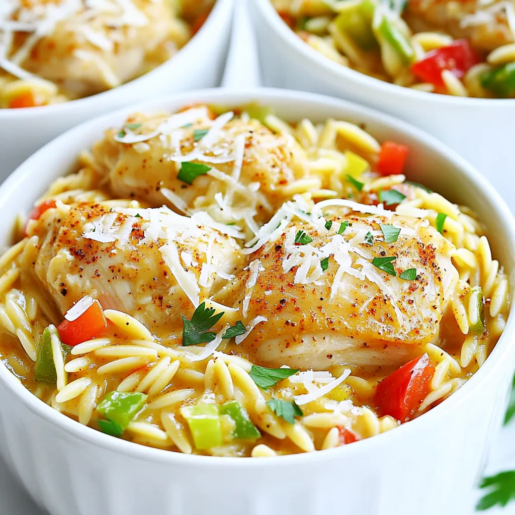 - 450 g Hähnchenschenkel ohne Knochen und Haut, gewürfelt - 1 Tasse Orzo-Nudeln - 1 mittelgroße Zwiebel, fein gehackt - 2 Knoblauchzehen, minced - 1 rote Paprika, gewürfelt - 1 grüne Paprika, gewürfelt - 1 Teelöffel Cajun-Gewürz - 1 Teelöffel geräucherter Paprika - 1 Teelöffel getrockneter Thymian - 1/2 Teelöffel Cayennepfeffer (optional für zusätzlichen Schärfe) - 960 ml Hühnerbrühe - 240 ml Schlagsahne - 100 g geriebener Parmesan - 2 Esslöffel Olivenöl - Salz und Pfeffer nach Geschmack - Frische Petersilie, gehackt (zur Garnierung) Die Hauptzutaten sind einfach zu bekommen. Hähnchen, Orzo und frisches Gemüse bilden die Grundlage. Die Hähnchenschenkel geben dem Gericht Geschmack und Saftigkeit. Orzo ist eine tolle Pasta, die die Aromen gut aufnimmt. Zwiebeln und Paprika sorgen für eine bunte Note und frischen Geschmack. Die Gewürze machen das Gericht besonders. Cajun-Gewürz gibt einen tollen Kick und etwas Wärme. Geräucherter Paprika bringt eine tiefere, rauchige Note. Thymian macht das Ganze aromatisch. Hühnerbrühe und Sahne sorgen für die Cremigkeit, die wir lieben. Parmesan rundet das Gericht perfekt ab. Ich empfehle, frische Petersilie am Ende hinzuzufügen. Sie bringt Farbe und Frische. Zuerst erhitzt du das Olivenöl in einem großen Topf bei mittlerer Hitze. Füge die gewürfelten Hähnchenschenkel hinzu. Würze das Hähnchen mit Salz, Pfeffer und Cajun-Gewürz. Brate es etwa 5-6 Minuten. Das Hähnchen sollte schön gebräunt und durchgegart sein. Nimm das Hähnchen nach dem Braten aus dem Topf und stelle es beiseite. Im gleichen Topf kommen die gehackte Zwiebel und der minced Knoblauch. Brate sie 2-3 Minuten, bis die Zwiebeln glasig sind. Danach gib die gewürfelte rote und grüne Paprika dazu. Gar die Paprika weitere 3-4 Minuten, bis sie weich sind. Jetzt fügst du den Orzo hinzu. Röste ihn 1-2 Minuten unter Rühren. Gib dann den geräucherten Paprika, den getrockneten Thymian und optional den Cayennepfeffer dazu. Rühre alles gut durch, damit die Gewürze gleichmäßig verteilt sind. Gieße die Hühnerbrühe und die Schlagsahne in den Topf. Rühre gut um und lass es aufkochen. Reduziere dann die Hitze, damit das Ganze köcheln kann. Decke den Topf ab und lasse das Gericht 10-12 Minuten köcheln. Rühre gelegentlich um, bis der Orzo al dente ist und die meisten Flüssigkeit aufgenommen hat. Nimm den geriebenen Parmesan und rühre ihn unter das Gericht. Rühre so lange, bis der Käse schmilzt und eine cremige Konsistenz entsteht. Gib das Hähnchen zurück in den Topf und mische alles gut. So wird jeder Bissen lecker und würzig! Um die perfekte Konsistenz zu erreichen, ist die richtige Kochzeit wichtig. Koche den Orzo für 10 bis 12 Minuten. Rühre gelegentlich um, damit er nicht anklebt. Wenn du die Konsistenz magst, lass ihn etwas länger kochen. Du kannst die Gewürze anpassen. Wenn du es schärfer magst, füge mehr Cayennepfeffer hinzu. Für einen milderen Geschmack reduziere die Menge des Cajun-Gewürzes. So passt das Gericht immer zu deinem Geschmack. Für Beilagen empfehle ich einen frischen Salat oder knuspriges Brot. Diese Beilagen ergänzen das Gericht gut. Du kannst auch das Gericht im Backofen zubereiten. Stelle den Topf nach dem Anbraten für 20 Minuten bei 180 Grad in den Ofen. Das gibt dem Hähnchen eine schöne Kruste. Garnieren mit frischer Petersilie schafft Farbe und Geschmack. So wird dein serviertes Gericht noch ansprechender. {{image_4}} Du kannst die Hähnchenschenkel einfach durch pflanzliche Proteinquellen ersetzen. Tofu oder Seitan sind gute Optionen. Schneide sie in kleine Stücke. Brate sie in Olivenöl an, wie beim Hähnchen. Dies gibt deinem Gericht die nötige Fülle und den Geschmack, den du suchst. Wenn du es schärfer magst, füge mehr Cayennepfeffer hinzu. Du kannst auch andere Chili-Gewürze verwenden, wie z.B. Paprika oder Jalapeños. Achte darauf, dass du nach und nach hinzufügst. So kannst du die Schärfe leicht anpassen. Für eine schnellere Zubereitung kannst du vorgekochtes Hähnchen verwenden. Dies spart Zeit und macht das Rezept noch einfacher. Du kannst auch gefrorenes Gemüse nutzen. Es ist praktisch und hat oft eine gute Qualität. Du kannst dein One-Pot Creamy Cajun Chicken Orzo bis zu 3-4 Tage im Kühlschrank lagern. Verwende einen luftdichten Behälter, um die Frische zu erhalten. Stelle sicher, dass das Gericht abgekühlt ist, bevor du es einpackst. So bleibt die Textur gut und der Geschmack intensiv. Um das Gericht einzufrieren, lasse es zuerst vollständig abkühlen. Fülle es dann in einen gefriergeeigneten Behälter oder in Gefrierbeutel. Achte darauf, so viel Luft wie möglich zu entfernen. Du kannst das Orzo bis zu 3 Monate einfrieren. Um es aufzuwärmen, nimm das Gericht aus dem Gefrierfach und lasse es im Kühlschrank über Nacht auftauen. Erhitze es dann in einem Topf bei mittlerer Hitze. Füge etwas Brühe oder Sahne hinzu, um die Cremigkeit wiederherzustellen. Rühre gut um, bis alles heiß ist. Die Vorbereitungszeit für dieses Gericht beträgt nur 10 Minuten. Die Kochzeit dauert etwa 20 Minuten. In insgesamt 30 Minuten hast du ein leckeres Gericht auf dem Tisch. Es ist schnell und einfach, perfekt für einen Wochentag. Ja, du kannst Orzo durch andere kleine Nudeln ersetzen. Ich empfehle kleine Hörnchen oder Fusilli. Reis kann auch eine gute Option sein, wenn du es glutenfrei halten möchtest. Achte darauf, die Kochzeit entsprechend anzupassen. Das Rezept ist anpassbar. Wenn du Milchallergien hast, kannst du die Schlagsahne durch Kokosnussmilch ersetzen. Du kannst auch veganen Parmesan nutzen. Achte darauf, die Gewürze zu überprüfen, um sicherzustellen, dass sie keine Allergene enthalten. Wenn du kein Cajun-Gewürz hast, kannst du Paprika, Knoblauchpulver und etwas Kreuzkümmel verwenden. Diese Gewürze geben einen guten Geschmack. Ein Hauch von Cayennepfeffer sorgt für die Schärfe, wenn du es magst. Ja, du kannst das Gericht im Voraus zubereiten. Koche es einfach und lasse es abkühlen. Fülle es in einen luftdichten Behälter und stelle es in den Kühlschrank. Es bleibt 3-4 Tage frisch. Erwärme es einfach in der Mikrowelle oder auf dem Herd. Dieses Rezept für Hähnchenschenkel mit Orzo vereint einfache Zutaten und klare Schritte. Zuerst braten Sie das Hähnchen und das Gemüse an. Dann kombinieren Sie Orzo mit Brühe und Gewürzen. Nutzen Sie unsere Tipps für die perfekte Konsistenz und kreative Variationen. Denken Sie daran, die Reste im Kühlschrank oder im Gefrierfach gut zu lagern. Experimentieren Sie mit den Gewürzen, um Ihr Gericht zu personalisieren. Viel Spaß beim Kochen!