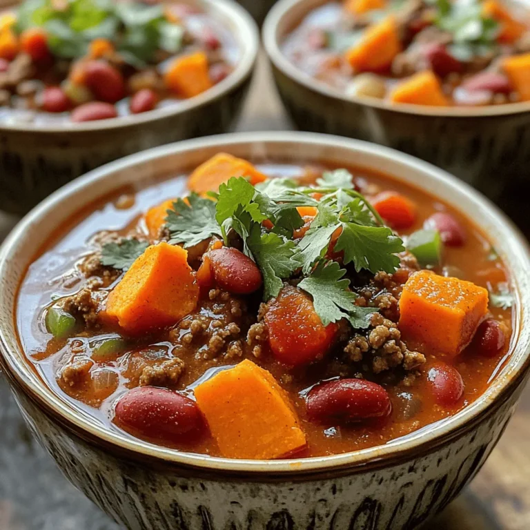 - 450 g Rinderhackfleisch - 1 mittelgroße Süßkartoffel, geschält und gewürfelt - 1 Dose (425 g) gewürfelte Tomaten (mit Saft) - 1 Dose (425 g) Kidneybohnen, abgetropft und gespült Die Hauptzutaten sind frisch und nahrhaft. Das Rinderhackfleisch bringt einen herzhaften Geschmack. Die Süßkartoffel fügt Süße und eine cremige Textur hinzu. Die gewürfelten Tomaten bringen Saftigkeit. Die Kidneybohnen liefern Protein und Ballaststoffe, was das Gericht sättigend macht. - 2 Esslöffel Chili-Pulver - 1 Teelöffel Kreuzkümmel - 1 Teelöffel geräucherter Paprika - Olivenöl zum Kochen Die Gewürze sind der Schlüssel zu diesem Chili. Chili-Pulver gibt Schärfe und Tiefe. Kreuzkümmel fügt Wärme hinzu und bringt die Aromen zusammen. Geräucherter Paprika gibt eine rauchige Note. Olivenöl dient als Basis für das Anbraten und ist gesund. - Frische Kräuter - Saure Sahne oder griechischer Joghurt Garnierungen machen das Chili besonders. Frische Kräuter wie Koriander oder Petersilie bringen Frische. Saure Sahne oder griechischer Joghurt sorgen für Cremigkeit und mildern die Schärfe. Experimentiere mit deinen Lieblingsgarnierungen! - Zwiebel und Knoblauch vorbereiten: Nimm eine kleine Zwiebel und würfle sie in kleine Stücke. Hacke zwei Knoblauchzehen fein. Diese beiden Zutaten geben deinem Chili viel Geschmack. - Süßkartoffel und Paprika würfeln: Schäle die Süßkartoffel und schneide sie in kleine Würfel. Nimm eine grüne Paprika und würfle sie ebenfalls. Diese Zutaten bringen Süße und Farbe in dein Gericht. - Anbraten von Zwiebel und Knoblauch: Erhitze einen Schuss Olivenöl in einem großen Topf bei mittlerer Hitze. Füge die Zwiebel und den Knoblauch hinzu. Sautiere sie für etwa 3-4 Minuten, bis sie weich sind. - Hinzufügen des Rinderhackfleischs: Gib das Rinderhackfleisch in den Topf. Zerbrich es mit einem Holzlöffel. Brate das Fleisch für 5-7 Minuten, bis es braun ist. Lass überschüssiges Fett ab, wenn nötig. - Einmischen von Gemüse und Gewürzen: Füge die gewürfelte Süßkartoffel und die grüne Paprika in den Topf. Streue Chili-Pulver, Kreuzkümmel und geräucherten Paprika darüber. Würze mit Salz und Pfeffer. Mische alles gut, sodass die Gewürze gleichmäßig verteilt sind. - Einkochen der Mischung: Gieße die gewürfelten Tomaten (mit Saft) und die Rinderbrühe in den Topf. Füge die abgetropften und gespülten Kidneybohnen hinzu. Rühre alles gut um. Bringe die Mischung zum Kochen, dann reduziere die Hitze auf niedrig. - Anpassen der Gewürze: Decke den Topf ab und lasse das Chili 20-25 Minuten köcheln, bis die Süßkartoffeln zart sind. Rühre gelegentlich um. Probiere die Mischung und passe die Gewürze nach deinem Geschmack an. - Präsentationstipps: Serviere das Chili heiß in Schalen. Garniere es mit frischem Koriander und einem Klecks saurer Sahne oder griechischem Joghurt, wenn du magst. - Vorbereitungszeit optimieren: Halte alle Zutaten bereit. Schneide die Zwiebel und Paprika vorher. So geht es schnell. - Verwendung von Konserven für schnellere Zubereitung: Nutze Konserven wie gewürfelte Tomaten und Kidneybohnen. Sie sparen Zeit und machen das Rezept einfach. - Alternative Gewürzkombinationen: Probiere statt Chili-Pulver Paprika oder Cayennepfeffer. Damit wird das Chili anders und spannend. - Hinzufügen von zusätzlichen Gemüsesorten: Du kannst Karotten, Zucchini oder Mais hinzufügen. Das macht das Gericht bunter und nährstoffreicher. - Beilagen und Getränke: Serviere das Chili mit Brot oder Reis. Ein frischer Salat passt auch gut dazu. - Beste Kombinationen für ein vollständiges Gericht: Kombiniere das Chili mit einem kühlen Bier oder einem fruchtigen Saft. So hast du ein tolles Essen! {{image_4}} Für eine leckere vegetarische Version tauschen Sie das Rinderhackfleisch aus. Nutzen Sie stattdessen Linsen oder Tofu. Diese Optionen bringen Protein und Geschmack ins Chili. Linsen sind einfach zuzubereiten und schnell gar. Tofu nimmt die Gewürze gut auf. Achten Sie darauf, den Tofu gut zu würzen. Wenn Sie es scharf mögen, fügen Sie frische Chilis hinzu. Diese geben dem Chili einen tollen Kick. Sie können auch die Gewürzmengen variieren. Fügen Sie mehr Chili-Pulver oder geräucherten Paprika hinzu. Beginnen Sie mit kleinen Mengen und probieren Sie das Chili während des Kochens. So finden Sie die perfekte Schärfe. Um das Chili im Slow Cooker zuzubereiten, geben Sie alle Zutaten hinein. Stellen Sie den Slow Cooker auf niedrig und lassen Sie es 6-8 Stunden kochen. An einem langen Tag ist das ideal. Passen Sie die Kochzeiten an, wenn Sie mehr oder weniger Zeit haben. So bleibt das Chili lecker und voll im Geschmack. Um dein Chili frisch zu halten, lagere es in einem luftdichten Behälter. Achte darauf, das Chili auf Raumtemperatur abkühlen zu lassen, bevor du es in den Kühlschrank stellst. So vermeidest du Kondenswasser im Behälter. - Tipps zur Lagerung: - Verwende einen gut schließenden Behälter. - Teile das Chili in Portionen auf, um es leichter zu entnehmen. - Haltbarkeit des Chili: - Im Kühlschrank bleibt das Chili bis zu 4 Tage frisch. Einfrieren ist eine großartige Möglichkeit, Reste zu bewaren. So kannst du auch später dein Chili genießen. - Anleitung zum Einfrieren: - Lass das Chili vollständig abkühlen. - Fülle es in Gefrierbeutel oder -behälter. - Beschrifte die Behälter mit Datum und Inhalt. - Auftau- und Aufwärmtipps: - Tau das Chili über Nacht im Kühlschrank auf. - Erhitze es in einem Topf oder in der Mikrowelle, bis es heiß ist. Chili-Reste lassen sich gut in neuen Gerichten nutzen. Hier sind einige Ideen, wie du sie kreativ einsetzen kannst. - Rezeptideen für Resteverwertung: - Mache Chili-Nachos mit Tortilla-Chips und Käse. - Füge es zu Eintöpfen oder Suppen hinzu für zusätzlichen Geschmack. - Beliebte Gerichte mit übrig gebliebenem Chili: - Chili-Casserole: Mische das Chili mit Reis und Käse, backe es im Ofen. - Chili-Burritos: Wickel das Chili in Tortillas mit frischem Gemüse. Das Chili hält sich gut im Kühlschrank. Sie können es dort bis zu fünf Tage lagern. Verwenden Sie einen luftdichten Behälter, um die Frische zu bewahren. Wenn Sie länger aufbewahren möchten, frieren Sie es ein. Im Gefrierschrank bleibt es bis zu drei Monate haltbar. Zum Aufwärmen einfach im Topf oder in der Mikrowelle erhitzen. Ja, Sie können Süßkartoffeln durch normale Kartoffeln ersetzen. Diese sind weniger süß und haben eine festere Textur. Sie können auch Yukon Gold oder rote Kartoffeln verwenden. Denken Sie daran, dass sich der Geschmack ändert. Süßkartoffeln geben eine süßere Note. Normale Kartoffeln bringen mehr Erdigkeit ins Chili. Zu Chili passen viele Beilagen gut. Hier sind einige Vorschläge: - Reis: Er ist einfach und sättigend. - Nachos: Knusprig und lecker, perfekt zum Dippen. - Brot: Ein frisches Baguette oder Maisbrot passt toll. - Salat: Ein leichter, grüner Salat bringt Frische. - Getränke: Probieren Sie ein kaltes Bier oder Limonade dazu. Diese Beilagen ergänzen das Chili und machen das Essen noch besser. Wir haben die Hauptzutaten für ein schmackhaftes Chili betrachtet. Rinderhackfleisch, Süßkartoffeln und Gewürze sind der Schlüssel. Ich habe die Zubereitung in einfachen Schritten erklärt. Tipps für schnelles Kochen und Variationen wie die vegetarische Version machen es noch toller. Denke daran, dein Chili richtig zu lagern und Reste kreativ zu nutzen. Mit diesen Tipps wird dein Chili zum Hit bei Freunden und Familie. Viel Spaß beim Kochen!