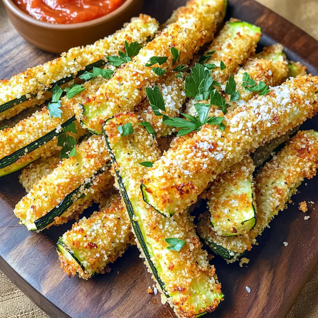 Für die Zubereitung der Zucchini-Fries benötigst du folgende Hauptzutaten: - 2 mittelgroße Zucchini - 1 Tasse Semmelbrösel (Panko für extra Crunch) - ½ Tasse geriebener Parmesan - 1 Teelöffel Knoblauchpulver - 1 Teelöffel Zwiebelpulver - 1 Teelöffel italienische Gewürzmischung - 2 große Eier - Salz und Pfeffer nach Geschmack - Kochspray oder Olivenöl zum Beträufeln Diese Zutaten bilden die Basis für einen knusprigen und geschmackvollen Snack. Frische Zutaten sind der Schlüssel zu einem tollen Geschmack. Wenn du frische Zucchini verwendest, schmecken die Fries viel besser. Achte darauf, dass die Zucchini fest und glänzend sind. Frischer Parmesan hat ein intensives Aroma, das deine Fries aufwertet. Alte Zutaten können deinen Snack fade und unappetitlich machen. Du kannst die Zucchini-Fries leicht anpassen. Probiere zum Beispiel, andere Käsesorten wie Cheddar oder Mozzarella zu verwenden. Wenn du es schärfer magst, füge ein wenig Chili- oder Paprikapulver hinzu. Für eine vegane Variante kannst du die Eier durch eine Mischung aus Wasser und Leinsamen ersetzen. So bleibt der Geschmack herrlich, egal welche Zutaten du wählst. Um die Zucchini vorzubereiten, wasche sie gründlich. Trockne sie danach gut ab. Schneide die Enden ab. Teile die Zucchini in Stifte, etwa 1,5 cm dick. Diese Form sorgt für den besten Biss. Je gleichmäßiger die Stücke, desto besser die Garzeit. Für die Panade mische in einer flachen Schüssel Semmelbrösel, Parmesan, Knoblauchpulver, Zwiebelpulver, italienische Gewürze, Salz und Pfeffer. In einer anderen Schüssel schlage die Eier gut auf. Tauche jeden Zucchinistreifen zuerst in die Eier. Lass überschüssiges Ei abtropfen. Danach wälze die Streifen in der Semmelbröselmischung. Drücke leicht, damit die Panade gut haftet. Heize die Heißluftfritteuse auf 200°C vor. Lege die panierten Zucchini in den Korb in einer Schicht. Wenn du mehr machen möchtest, koche sie in Chargen. Besprühe die Zucchini leicht mit Kochspray oder träufle etwas Olivenöl darüber. Frittiere die Zucchini-Fries für 10-12 Minuten. Wende sie zur Hälfte der Zeit. Sie sind fertig, wenn sie goldbraun und knusprig sind. Lass sie kurz abkühlen, bevor du sie servierst. Um die Zucchini-Fries knusprig zu machen, wähle frische Zucchini. Schneide sie in gleichmäßige Stücke. Dünnere Streifen werden knuspriger. Verwende Panko-Semmelbrösel für mehr Crunch. Besprühe die Fries vor dem Frittieren leicht mit Kochspray oder Olivenöl. So bekommen sie eine goldene Farbe. Ein häufiges Problem ist, dass die Zucchini-Fries nicht knusprig werden. Hier helfen ein paar Tricks. Stelle sicher, dass die Heißluftfritteuse gut vorgeheizt ist. Wenn die Fries zu dicht liegen, werden sie weich. Frittiere sie besser in Chargen. Ein weiteres Problem kann zu viel Feuchtigkeit sein. Trockne die Zucchini gut ab, bevor du sie panierst. Die Heißluftfritteuse ist einfach zu bedienen. Stelle die Temperatur auf 200°C (400°F). Koche die Zucchini-Fries 10 bis 12 Minuten lang. Wende sie zur Hälfte der Zeit. So garen sie gleichmäßig. Experimentiere mit verschiedenen Gewürzen in der Panade. Das macht jedes Mal Spaß und bringt neue Aromen! {{image_4}} Um eine vegane Version der Zucchini-Fries zu machen, ersetze die Eier durch pflanzliche Alternativen. Du kannst zum Beispiel ungesüßte Pflanzenmilch mit etwas Stärke mischen. Diese Mischung hilft, die Panade gut zu halten. Für den Parmesan nutze Hefeflocken oder eine Mischung aus Nüssen und Gewürzen. Der Geschmack wird trotzdem lecker sein. Wenn du es scharf magst, füge Chili- oder Paprikapulver zur Semmelbröselmischung hinzu. Ein Teelöffel reicht für einen guten Kick. Du kannst auch mehr hinzufügen, je nachdem, wie scharf du es magst. Diese würzige Note macht die Zucchini-Fries noch aufregender und passt gut zu einem kalten Getränk. Die Zucchini-Fries schmecken toll mit verschiedenen Dips. Marinara-Soße ist klassisch und einfach. Knoblauch-Aioli bringt eine cremige Textur mit viel Geschmack. Du kannst auch einen Joghurt-Dip mit frischen Kräutern machen. Diese Dips ergänzen die Zucchini-Fries perfekt und machen das Essen noch besser. Um die Zucchini-Fries frisch zu halten, lasse sie zuerst abkühlen. Danach lege sie in einen luftdichten Behälter. So bleiben sie knusprig. Du kannst sie auch mit einem Papiertuch trennen, um Feuchtigkeit zu vermeiden. Achte darauf, dass der Behälter nicht zu voll ist. So bleibt die Luftzirkulation gut. Um die Zucchini-Fries aufzuwärmen, nutze die Heißluftfritteuse. Stelle sie auf 180°C (350°F) ein. Lege die Fries in den Korb und lasse sie etwa 5 bis 7 Minuten warm werden. So bleiben sie knusprig. Alternativ kannst du eine Pfanne nutzen. Brate sie auf mittlerer Hitze für ein paar Minuten. Im Kühlschrank halten sich die Zucchini-Fries etwa 3 bis 4 Tage. Im Gefrierschrank bleiben sie bis zu 3 Monate frisch. Um sie einzufrieren, lege sie auf ein Backblech und friere sie ein. Danach kannst du sie in einen Gefrierbeutel umfüllen. So kleben sie nicht zusammen. Ja, du kannst die Zucchini-Fries auch im Ofen machen. Heize den Ofen auf 200°C vor. Lege die panierten Zucchini-Streifen auf ein Backblech, das du mit Backpapier bedeckst. Sprühe sie leicht mit Öl ein. Backe sie für etwa 20-25 Minuten. Wende die Fries nach der Hälfte der Zeit, damit sie gleichmäßig knusprig werden. Zucchini-Fries sind sehr vielseitig. Einige meiner Lieblingsdips sind: - Marinara-Soße - Knoblauch-Aioli - Joghurt-Dip mit Kräutern - Sriracha-Sauce für etwas Schärfe Diese Dips ergänzen den Geschmack der knusprigen Fries perfekt. Du hast noch Zucchini übrig? Hier sind einige Ideen: - Mische sie in einen Salat für mehr Crunch. - Bereite eine Zucchini-Suppe zu. - Fülle sie mit Quinoa oder Reis für ein tolles Hauptgericht. - Mache Zucchini-Nudeln als gesunde Pasta-Alternative. Mit diesen Ideen verwandelst du Reste in köstliche Gerichte! Zucchini-Fries sind einfach lecker und vielseitig. Wir haben die Hauptzutaten besprochen, die frisch sein sollten. Zudem lernst du, wie man sie vorbereitet und in der Heißluftfritteuse zubereitet. Knusprigkeit ist wichtig, und ich habe dir Tipps gegeben, um das zu erreichen. Denk auch an spannende Variationen und Dips. Wenn du die Fries lagerst, bleiben sie lecker. Probiere sie aus und entdecke neue Geschmäcker. Zucchini-Fries sind ein Hit, der immer gut ankommt.