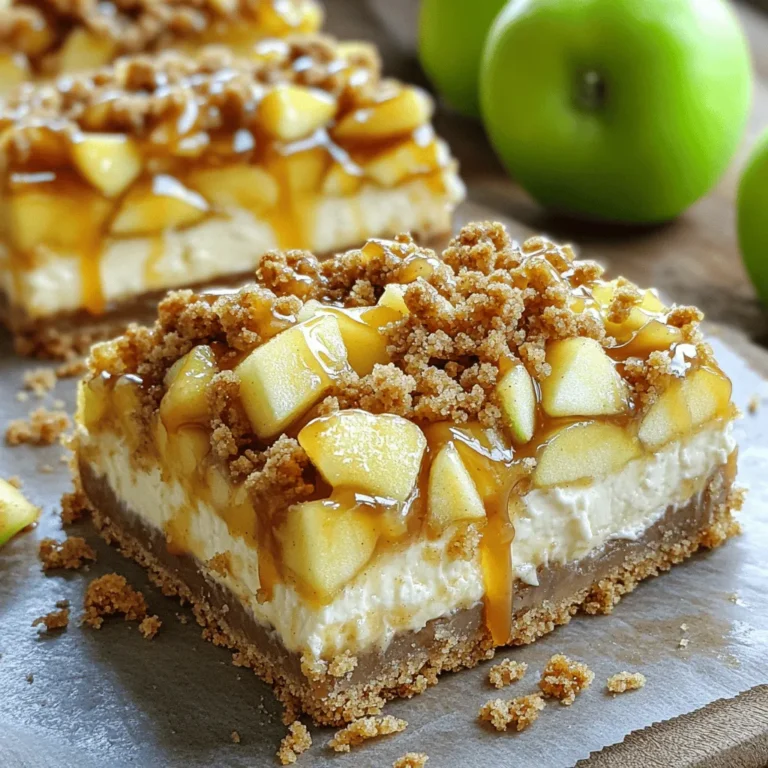 - 1 ½ Tassen Graham-Cracker-Brösel - ½ Tasse ungesalzene Butter, geschmolzen - ¼ Tasse Kristallzucker Für den Boden starte ich mit Graham-Cracker-Bröseln. Diese geben dem Riegel eine knusprige Textur. Ich mische die Brösel mit geschmolzener Butter und etwas Kristallzucker. Die Mischung muss gut zusammenhalten. Ich drücke sie dann gleichmäßig in die Backform. Das sorgt für eine feste Basis. - 450 g Frischkäse, weich - ½ Tasse Kristallzucker - 2 große Eier - 1 Teelöffel Vanilleextrakt - 1 Teelöffel Zimt Die Cheesecake-Schicht ist das Herzstück. Ich nehme weichen Frischkäse und schlage ihn mit Zucker. Die Mischung wird schön cremig. Dann kommen die Eier, der Vanilleextrakt und Zimt dazu. Es ist wichtig, alles gut zu vermengen, um Klumpen zu vermeiden. Diese Schicht gieße ich sorgsam über den Boden. - 2 große Äpfel, geschält, entkernt und gewürfelt - 2 Esslöffel Zitronensaft - 1 Esslöffel brauner Zucker - ½ Teelöffel Zimt Die Apfelfüllung bringt Frische. Ich schneide die Äpfel in kleine Stücke. Dann vermenge ich sie mit Zitronensaft, braunem Zucker und Zimt. Diese Mischung verleiht den Äpfeln einen tollen Geschmack. Ich löffle die Apfelfüllung gleichmäßig über die Cheesecake-Schicht. - ½ Tasse Weizenmehl - ½ Tasse Haferflocken - ⅓ Tasse brauner Zucker - ½ Teelöffel Zimt - ¼ Tasse ungesalzene Butter, geschmolzen Die Streusel sind der knusprige Abschluss. Ich vermische Mehl, Haferflocken, braunen Zucker und Zimt. Dann füge ich die geschmolzene Butter hinzu. Die Streusel sollten krümelig sein. Ich streue sie großzügig über die Apfelfüllung. - ½ Tasse Karamellsauce (fertig oder selbstgemacht) Die Karamellsauce macht alles süßer. Ich kann fertige Sauce verwenden oder sie selbst herstellen. Vor dem Servieren träufle ich die Sauce über die Riegel. Das gibt einen köstlichen letzten Schliff. Heize deinen Ofen auf 175 °C vor. Bereite eine 23x23 cm Backform vor. Lege sie mit Backpapier aus. Lass eine Überlappung, um die Riegel später leicht herauszunehmen. Mische in einer Schüssel 1 ½ Tassen Graham-Cracker-Brösel, ½ Tasse geschmolzene Butter und ¼ Tasse Kristallzucker. Rühre alles gut um, bis die Mischung gleichmäßig ist. Drücke die Mischung gleichmäßig auf den Boden der Backform. Backe den Boden für 10 Minuten und lass ihn dann leicht abkühlen. In einer separaten Schüssel schlage 450 g weichen Frischkäse und ½ Tasse Kristallzucker zusammen. Rühre, bis die Mischung cremig ist. Füge 2 Eier, 1 Teelöffel Vanilleextrakt und 1 Teelöffel Zimt hinzu. Vermische alles gut. Gieße die Cheesecake-Mischung über den abgekühlten Boden. Verteile die Mischung gleichmäßig. Nehme 2 gewürfelte Äpfel. Mische sie in einer Schüssel mit 2 Esslöffeln Zitronensaft, 1 Esslöffel braunem Zucker und ½ Teelöffel Zimt. Rühre, bis die Äpfel gut überzogen sind. Löffle die Apfelmischung über die Cheesecake-Schicht und verteile sie gleichmäßig. In einer anderen Schüssel vermische ½ Tasse Weizenmehl, ½ Tasse Haferflocken, ⅓ Tasse braunen Zucker und ½ Teelöffel Zimt. Gieße ¼ Tasse geschmolzene Butter hinein. Mische alles, bis die Streusel krümelig sind. Streue die Streusel großzügig über die Apfelfüllung. Backe die Riegel im Ofen für 35-40 Minuten. Die Ränder sollten goldbraun sein und die Mitte fest. Lass die Riegel 20 Minuten in der Form abkühlen. Kühle sie dann für mindestens 2 Stunden im Kühlschrank. Wenn die Riegel abgekühlt sind, hebe sie mit der Überlappung des Backpapiers aus der Form. Schneide sie in Quadrate. Träufle die Karamellsauce über die Riegel, bevor du sie servierst. - Temperatur der Zutaten: Alle Zutaten sollten Raumtemperatur haben. So vermischt sich der Frischkäse besser und die Masse wird schön cremig. - Richtiges Mischen: Mischen Sie die Zutaten sanft. Vermeiden Sie zu starkes Rühren, um Luftblasen zu verhindern. Eine gleichmäßige Textur ist wichtig. - Übermischung der Cheesecake-Masse: Achten Sie darauf, die Masse nur so lange zu mischen, bis alles gut verbunden ist. Übermischung macht den Cheesecake luftig und kann Risse verursachen. - Backzeit beachten: Kontrollieren Sie die Riegel regelmäßig. Überbacken kann sie trocken machen. Die Ränder sollten goldbraun sein, während die Mitte leicht wackelig bleibt. - Anrichten und garnieren: Schneiden Sie die Riegel in gleichmäßige Stücke. Legen Sie sie auf eine hübsche Platte. Träufeln Sie die Karamellsauce gleichmäßig darüber. Ein Hauch Zimt oder gehackte Nüsse sorgt für zusätzlichen Crunch. {{image_4}} Für eine glutenfreie Variante der Karamell-Apfel-Streusel-Cheesecake-Riegel kann man die Graham-Cracker-Brösel ersetzen. Verwenden Sie stattdessen glutenfreie Kekse oder Haferflocken. Achten Sie darauf, dass alle anderen Zutaten wie Butter und Zucker ebenfalls glutenfrei sind. So bleibt der Genuss ohne die Glutenbelastung. Möchten Sie die Riegel vegan zubereiten? Ersetzen Sie den Frischkäse durch pflanzliche Alternativen, wie veganen Frischkäse aus Nüssen oder Soja. Für die Eier können Sie Apfelmus oder Leinsamen verwenden. Mischen Sie einen Esslöffel gemahlenen Leinsamen mit drei Esslöffeln Wasser und lassen Sie es kurz quellen. Diese Zutaten geben der Mischung die nötige Bindung. Um den Riegeln eine persönliche Note zu verleihen, können Sie Schokoladenstückchen oder Nüsse hinzufügen. Fügen Sie eine halbe Tasse Schokoladenstückchen in die Cheesecake-Schicht ein. Für Nüsse können gehackte Walnüsse oder Pekannüsse verwendet werden. Diese Zutaten sorgen für zusätzlichen Crunch und einen tollen Geschmack. Um die Karamell-Apfel-Streusel-Cheesecake-Riegel frisch zu halten, lege sie in einen luftdichten Behälter. Du kannst sie auch in Frischhaltefolie wickeln. Achte darauf, dass die Riegel nicht aneinanderkleben. Das verhindert unschöne Brüche. Die Riegel halten sich im Kühlschrank bis zu fünf Tage. Nach dieser Zeit können sie an Geschmack verlieren. Wenn du sie länger aufbewahren möchtest, friere sie ein. So bleiben sie frisch und lecker. Um die Riegel einzufrieren, schneide sie zuerst in Stücke. Lege sie in einen gefrierfesten Behälter oder in Gefrierbeutel. Vergiss nicht, das Datum darauf zu schreiben. Zum Auftauen lege die Riegel einfach in den Kühlschrank. Lass sie dort über Nacht. So bleiben sie saftig. Die Zubereitung der Karamell-Apfel-Streusel-Cheesecake-Riegel dauert insgesamt etwa drei Stunden. Davon sind 30 Minuten für die Vorbereitung nötig. Die Backzeit beträgt 35 bis 40 Minuten. Nach dem Backen müssen die Riegel für mindestens zwei Stunden im Kühlschrank kühlen, damit sie fest werden. Ja, du kannst andere Früchte verwenden! Birnen oder Pfirsiche sind tolle Alternativen. Du kannst auch gefrorene Früchte nehmen, wenn frische nicht verfügbar sind. Stelle sicher, dass du die Früchte gut abtropfen lässt, um zu viel Feuchtigkeit zu vermeiden. Um die Kruste stabil zu halten, drücke die Graham-Cracker-Mischung fest in die Form. Achte darauf, dass der Boden gleichmäßig verteilt ist. Lasse die Kruste leicht abkühlen, bevor du die Cheesecake-Mischung hinzufügst. Dies hilft, Risse zu vermeiden. Ja, die Karamellsauce ist optional. Du kannst die Riegel auch ohne Karamell servieren. Wenn du eine Alternative möchtest, probiere Honig oder Schokoladensauce. Beide geben den Riegeln einen leckeren Geschmack. Diese Anleitung hat dir gezeigt, wie du leckere Cheesecake-Riegel mit Apfel und Karamell machst. Du hast die Zutaten für den Boden, die Füllung und die Streusel kennengelernt. Die Schritt-für-Schritt-Anleitung macht das Backen einfach. Denke an meine Tipps, um Fehler zu vermeiden. Variationen helfen dir, kreativ zu sein. Lagere die Riegel gut für späteres Genießen. Viel Spaß beim Backen und Teilen deiner schmackhaften Riegel!