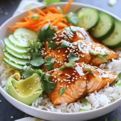 Für dieses leckere Gericht benötigst du: - 2 Lachsfilets - 2 Esslöffel Honig - 1 Esslöffel Sojasauce - 1 Teelöffel Sriracha - 1 Esslöffel Olivenöl - 1 Tasse Jasminreis - 2 Tassen Wasser Die Marinade ist der Schlüssel zu viel Geschmack. Du brauchst: - Honig für Süße - Sojasauce für Umami - Sriracha für die Schärfe Mische alles in einer Schüssel. So wird der Lachs zart und würzig. Frisches Gemüse macht die Bowls bunt und gesund. Du benötigst: - 1 Gurke, dünn geschnitten - 1 Avocado, in Scheiben geschnitten - 1 Karotte, julienne geschnitten - 2 Frühlingszwiebeln, gehackt - Sesamsamen zum Garnieren - Frischer Koriander zum Garnieren Diese Zutaten bringen Frische und Farbe in dein Gericht. Das Auge isst mit! Zuerst spülen Sie den Jasminreis. Machen Sie dies unter kaltem Wasser. Spülen Sie, bis das Wasser klar ist. Geben Sie den Reis in einen mittelgroßen Kochtopf. Fügen Sie zwei Tassen Wasser hinzu. Stellen Sie den Topf auf hohe Hitze und bringen Sie das Wasser zum Kochen. Reduzieren Sie die Hitze auf niedrig. Decken Sie den Topf ab und lassen Sie den Reis etwa 15 Minuten kochen. Nach 15 Minuten sollte das Wasser aufgesogen sein. Nehmen Sie den Topf vom Herd. Lassen Sie den Reis fünf Minuten abgedeckt ruhen. Nun bereiten Sie die Marinade vor. Nehmen Sie eine kleine Schüssel. Geben Sie den Honig, die Sojasauce und die Sriracha hinein. Rühren Sie die Mischung gut um. Legen Sie die Lachsfilets in eine flache Schale. Sie können auch einen Ziplock-Beutel verwenden. Gießen Sie die Marinade über die Lachsfilets. Lassen Sie die Filets 15 bis 30 Minuten im Kühlschrank marinieren. So nimmt der Lachs den leckeren Geschmack auf. Erhitzen Sie das Olivenöl in einer Pfanne. Stellen Sie die Hitze auf mittel bis hoch ein. Nehmen Sie den Lachs aus der Marinade. Bewahren Sie die Marinade für später auf. Würzen Sie den Lachs mit Salz und Pfeffer. Legen Sie die Lachsfilets mit der Hautseite nach unten in die Pfanne. Braten Sie den Lachs etwa 4 bis 5 Minuten. Wenden Sie die Filets und braten Sie sie weitere 3 bis 4 Minuten. Bestreichen Sie den Lachs gelegentlich mit der Marinade. Der Lachs sollte gar und zart sein. Jetzt sind Sie bereit, die Bowls anzurichten. Lockern Sie den Reis mit einer Gabel auf. Verteilen Sie den Reis gleichmäßig auf die Servierschalen. Legen Sie ein Stück gebratenen Lachs auf jede Portion Reis. Arrangieren Sie die Gurkenscheiben, Avocadoscheiben und julienne geschnittenen Karotten rund um den Lachs. Achten Sie auf eine schöne Farbgestaltung. Garnieren Sie jede Schüssel mit gehackten Frühlingszwiebeln. Streuen Sie Sesamsamen und frischen Koriander darüber. Zum Schluss beträufeln Sie die Bowls mit der restlichen Marinade. So fügen Sie noch mehr Geschmack hinzu. Um den perfekten Lachs zu bekommen, achte auf die Frische. Wähle Lachsfilets, die fest und glänzend sind. Die Haut sollte glatt und feucht sein. Marinade ist wichtig. Lass den Lachs mindestens 15 Minuten in der Marinade. So nimmt er den süßen und würzigen Geschmack gut auf. Brate ihn mit der Hautseite nach unten. Das gibt ihm eine tolle Textur. Wende den Lachs vorsichtig, um ihn nicht zu zerbrechen. Reis kochen ist einfach, wenn du es richtig machst. Spüle den Jasminreis gut ab. So entfernst du überschüssige Stärke. Das macht den Reis lockerer. Verwende das richtige Verhältnis von Wasser. Für eine Tasse Reis nimm zwei Tassen Wasser. Lass den Reis nach dem Kochen fünf Minuten ruhen. So wird er noch besser. Lockere den Reis mit einer Gabel auf, bevor du ihn servierst. So sieht er schön aus und bleibt fluffig. Du kannst die Schärfe anpassen, indem du mehr oder weniger Sriracha nimmst. Probiere auch andere Zutaten in der Marinade. Ein Spritzer Limettensaft bringt Frische. Du kannst auch Knoblauch oder Ingwer hinzufügen. Für einen extra Crunch, füge geröstete Nüsse oder Saaten hinzu. Frisches Gemüse wie Paprika oder Radieschen passen auch gut. Sei kreativ und finde deinen eigenen Geschmack. {{image_4}} Wenn du eine vegetarische Option suchst, kannst du Tofu verwenden. Schneide festen Tofu in Würfel. Mariniere ihn wie den Lachs mit Honig, Sojasauce und Sriracha. Brate den Tofu in der Pfanne, bis er goldbraun ist. Du kannst auch gegrilltes Gemüse wie Zucchini oder Auberginen probieren. Diese Optionen sind lecker und gut für eine pflanzliche Ernährung. Um deine Bowls glutenfrei zu machen, wähle glutenfreie Sojasauce oder Tamari. Diese ersetzen die normale Sojasauce. Der Rest der Zutaten ist bereits glutenfrei. Achte darauf, dass du auch glutenfreies Olivenöl verwendest. So bleibt dein Gericht gesund und schmackhaft. Du kannst deine Bowls nach Lust und Laune anpassen. Füge gebratene Pilze oder Spinat für mehr Geschmack hinzu. Auch Nüsse wie Cashews oder Mandeln bringen eine knusprige Note. Verwende frische Kräuter wie Basilikum oder Minze für zusätzlichen Geschmack. Experimentiere mit verschiedenen Gemüsearten, um die Bowls noch bunter zu machen. Wenn du nach dem Abendessen noch Reste hast, kannst du die Bowls einfach aufbewahren. Platziere die Bowls in einem luftdichten Behälter. Sie halten sich im Kühlschrank bis zu zwei Tage. Achte darauf, den Lachs und das Gemüse separat vom Reis zu lagern. So bleibt alles frisch und lecker. Falls du den Lachs nicht sofort essen möchtest, kannst du ihn einfrieren. Wickele die Lachsfilets gut in Frischhaltefolie ein. Lege sie dann in einen luftdichten Behälter oder einen Gefrierbeutel. Der Lachs bleibt bis zu drei Monate frisch. Achte darauf, ihn vor dem Kochen im Kühlschrank aufzutauen. Die Marinade ist ein wahrer Schatz! Du kannst sie in einem Glasbehälter im Kühlschrank bis zu einer Woche aufbewahren. Nutze sie, um weiteres Gemüse oder Fleisch zu marinieren. Du kannst auch etwas Marinade in die Pfanne geben, wenn du den Lachs brätst. So erhältst du noch mehr Geschmack. Die Spicy Honey Salmon Rice Bowls halten sich gut im Kühlschrank. Du kannst sie bis zu drei Tage aufbewahren. Stelle sicher, dass die Bowls in einem luftdichten Behälter sind. So bleibt der Lachs frisch und der Reis lecker. Wenn du die Bowls aufwärmst, achte darauf, sie nicht zu lange zu garen. So bleibt der Lachs zart und saftig. Ja, du kannst gefrorenen Lachs verwenden. Achte darauf, ihn vollständig aufzutauen, bevor du ihn marinierst. Am besten lässt du den Lachs über Nacht im Kühlschrank auftauen. So erhältst du das beste Ergebnis. Gefrorener Lachs kann etwas mehr Zeit zum Garen brauchen. Kontrolliere, dass er in der Mitte gar ist, bevor du ihn servierst. Zu den Bowls passen viele Beilagen gut. Hier sind einige tolle Ideen: - Gekochte Edamame: Diese kleinen Bohnen bieten einen schönen Biss und viele Nährstoffe. - Dampfgegarter Brokkoli: Er hat eine schöne Farbe und schmeckt gut zu dem Lachs. - Miso-Suppe: Diese warme Suppe ergänzt die Aromen der Bowls perfekt. - Süßkartoffel-Pommes: Sie sind knusprig und süß, was eine tolle Ergänzung ist. Experimentiere gerne mit verschiedenen Beilagen, um deinen perfekten Mix zu finden! Die Spicy Honey Salmon Rice Bowls sind ein köstliches Gericht, das einfach zuzubereiten ist. Wir haben die Zutaten, die Zubereitungsschritte und wertvolle Tipps durchgenommen. Du kannst sogar Variationen ausprobieren und deine Reste gut lagern. Denke daran, frische Zutaten zu wählen und den Lachs perfekt zu marinieren. Mit diesen Kniffen wird dein Gericht ein Hit. Probiere es aus und genieße die Aromen!