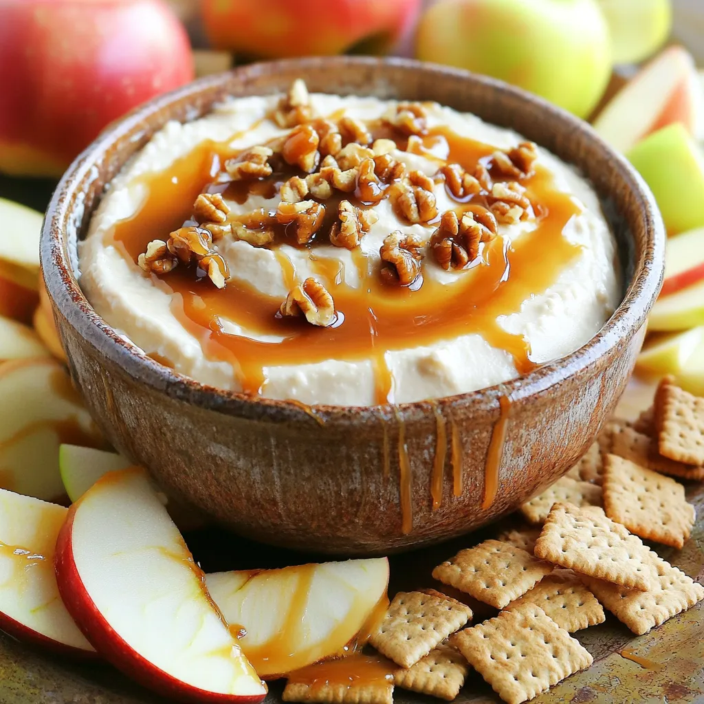 - 225 g Frischkäse, weich - 60 g Puderzucker - 240 g saure Sahne Die Hauptzutaten für diesen Dip sind einfach und leicht zu finden. Frischkäse macht die Basis cremig. Ich benutze gerne weichen Frischkäse, weil er sich gut vermischen lässt. Puderzucker fügt die notwendige Süße hinzu. Es ist wichtig, ihn nach und nach hinzuzufügen, damit der Dip nicht klumpig wird. Saure Sahne sorgt für eine schöne, cremige Textur und einen leicht säuerlichen Geschmack. - 1 Teelöffel Vanilleextrakt - 1 Teelöffel gemahlener Zimt - 1 mittelgroßer Apfel, fein gehackt (Granny Smith oder Honeycrisp) Die aromatischen Zutaten machen den Dip besonders lecker. Vanilleextrakt bringt einen warmen, süßen Geschmack. Gemahlener Zimt fügt eine würzige Note hinzu und passt perfekt zu den Äpfeln. Ich empfehle Granny Smith oder Honeycrisp Äpfel. Sie sind knackig und haben den richtigen Mix aus Süße und Säure. - 120 ml Karamellsauce (fertig gekauft oder selbstgemacht) - 30 g gehackte Walnüsse oder Pekannüsse (optional) - Apfelscheiben und Graham-Cracker zum Servieren Extras wie Karamellsauce machen den Dip unwiderstehlich. Man kann entweder eine fertige Karamellsauce verwenden oder selbst eine machen. Gehackte Nüsse geben einen zusätzlichen Crunch, was sehr lecker ist. Serviere den Dip mit Apfelscheiben und Graham-Crackern. So kann sich jeder nach Lust und Laune dippen. Beginnen wir mit dem Frischkäse. Nimm 225 g weichen Frischkäse und schlage ihn in einer Schüssel auf. Benutze einen Handmixer und arbeite auf mittlerer Stufe. Schlage, bis der Frischkäse glatt und cremig ist. Dieser Schritt ist wichtig, um eine tolle Textur zu erreichen. Füge dann 60 g Puderzucker langsam hinzu. Vermenge alles gut, bis keine Klumpen mehr sichtbar sind. Der Puderzucker wird den Dip süß und lecker machen. Jetzt kommen die nächsten Zutaten. Rühre 240 g saure Sahne, 1 Teelöffel Vanilleextrakt und 1 Teelöffel gemahlenen Zimt unter. Mische alles so lange, bis eine lockere und cremige Konsistenz entsteht. Diese Zutaten bringen viel Geschmack in den Dip. Nehme nun 1 fein gehackten Apfel und 120 ml Karamellsauce. Hebe beides vorsichtig unter die Mischung. Achte darauf, dass alles gut vermengt ist, aber die Apfelstücke bleiben ganz. Der Apfel gibt Frische und Crunch. Fülle den Dip in eine Servierschüssel. Das macht das Servieren einfach. Träufle die restliche Karamellsauce gleichmäßig darüber. Das sieht nicht nur schön aus, sondern schmeckt auch fantastisch. Wenn du magst, streue 30 g gehackte Walnüsse oder Pekannüsse darüber. Sie sorgen für einen leckeren Crunch. Serviere den Dip sofort mit Apfelscheiben und Graham-Crackern. So kann jeder nach Belieben dippen und genießen. - Verwendung von Raumtemperatur Zutaten: Beginnen Sie mit Zutaten, die Zimmertemperatur haben. Das macht das Mischen einfacher. Frischkäse und saure Sahne lassen sich so besser vermengen. - Vermeidung von Klumpen im Dip: Um Klumpen zu vermeiden, schlagen Sie den Frischkäse gut auf. Fügen Sie den Puderzucker langsam hinzu und mixen Sie gut. So bleibt der Dip schön cremig. - Ideal für Partys und Zusammenkünfte: Dieser Dip ist perfekt für Feiern. Er ist einfach zuzubereiten und jeder kann sich bedienen. Die Kombination aus süß und salzig ist ein Hit. - Ergänzende Snacks zum Dippen: Apfelscheiben sind natürlich eine tolle Wahl. Graham-Cracker passen ebenfalls gut dazu. Sie bieten einen tollen Crunch und harmonieren mit dem Dip. - Auswahl von Äpfeln nach Saison: Wählen Sie Äpfel, die frisch sind. Granny Smith gibt einen schönen, sauren Kontrast. Honeycrisp bringt mehr Süße. - Alternative Süßungsmittel vs. Puderzucker: Wenn Sie Puderzucker nicht verwenden möchten, probieren Sie Honig oder Agavendicksaft. Diese Optionen geben ebenfalls eine süße Note, die gut zum Dip passt. {{image_4}} Wenn du Lust auf Abwechslung hast, probiere andere Früchte. Birnen sind eine tolle Wahl. Sie sind süß und passen gut zur Karamellsauce. Schneide die Birnen in kleine Stücke, ähnlich wie bei Äpfeln. Du wirst überrascht sein, wie gut sie schmecken! Eine Beerenmischung kann auch spannend sein. Himbeeren, Erdbeeren oder Blaubeeren geben dem Dip eine frische Note. Achte darauf, die Beeren vorher gut zu waschen und abzutropfen. So bleibt der Dip schön cremig. Um neuen Schwung in den Dip zu bringen, kannst du Schokoladensauce hinzufügen. Ein paar Löffel oben drauf machen alles besser. Die Kombination von Karamell und Schokolade ist einfach himmlisch. Diese Mischung wird sicher alle begeistern. Ein weiterer Trick ist, Karamell und Schokolade zu kombinieren. Du kannst die beiden Saucen abwechselnd in den Dip geben. Das sieht toll aus und schmeckt noch besser. Jeder Biss wird zum Genuss! Für Allergiker gibt es viele Optionen. Verwende veganen Frischkäse, um den Dip pflanzlich zu machen. So können auch Menschen mit Milchunverträglichkeit mitessen. Achte darauf, dass der Frischkäse gut zu den anderen Zutaten passt. Außerdem gibt es glutenfreie Graham-Cracker. Diese sind ideal, wenn jemand eine Glutenunverträglichkeit hat. Du kannst auch Gemüsesticks wie Karotten oder Sellerie verwenden. Sie sind knackig und passen gut zum Dip. Bewahre den Karamell-Apfel-Cheesecake-Dip im Kühlschrank auf. Nutze einen luftdichten Behälter. So bleibt der Dip frisch und lecker. Stelle sicher, dass der Behälter gut verschlossen ist, um Luft und Feuchtigkeit fernzuhalten. Das schützt den Geschmack und die Textur. Wie lange ist der Dip haltbar? Im Kühlschrank hält der Dip etwa 3 Tage. Achte auf Anzeichen für Verderb. Wenn der Dip einen seltsamen Geruch hat oder sich die Farbe verändert, wirf ihn weg. Frische ist wichtig für den Genuss. Kannst du diesen Dip einfrieren? Ich empfehle es nicht. Die Textur verändert sich beim Auftauen. Der Dip wird wässrig und verliert seine Cremigkeit. Am besten genießt du ihn frisch. So bleibt der Geschmack ganz oben und du hast das beste Erlebnis. Um den Dip cremiger zu machen, benutze ich Raumtemperatur Zutaten. Das hilft, den Frischkäse besser zu vermengen. Ich empfehle, die saure Sahne langsam einzuarbeiten. Dadurch wird die Textur sanfter. Auch das gründliche Mixen ist wichtig. Vermeide es, zu lange zu mixen, da die Luftblasen den Dip auflockern können. Wenn du eine extra cremige Konsistenz möchtest, füge mehr Frischkäse hinzu. Ja, du kannst den Dip im Voraus machen. Bereite ihn bis zu zwei Tage vorher zu. Lagere ihn einfach in einem luftdichten Behälter im Kühlschrank. Wenn du ihn servierst, rühre ihn gut um. Manchmal kann sich die Konsistenz etwas ändern. Achte darauf, die Karamellsauce erst kurz vor dem Servieren hinzuzufügen. So bleibt der Dip frisch und lecker. Neben Äpfeln und Graham-Crackern kannst du viele andere Snacks verwenden. Karotten- oder Selleriesticks passen gut. Auch Pretzelsticks geben einen schönen Crunch. Wenn du etwas Süßes möchtest, probiere Kekse oder Schokoladenstückchen. Diese Optionen machen den Dip noch interessanter und bieten verschiedene Geschmäcker. Der Dip mit Frischkäse und Äpfeln ist einfach und lecker. Wir haben die Hauptzutaten und aromatischen Zutaten betrachtet. Ich habe dir gezeigt, wie du den Dip einfach zubereiten und servieren kannst. Auch hilfreiche Tipps und Variationen für Allergiker waren dabei. Denke daran, den Dip im Kühlschrank aufzubewahren. So bleibt er frisch. Probiere die leckeren Varianten und finde deinen Favoriten. Viel Spaß beim Genießen!