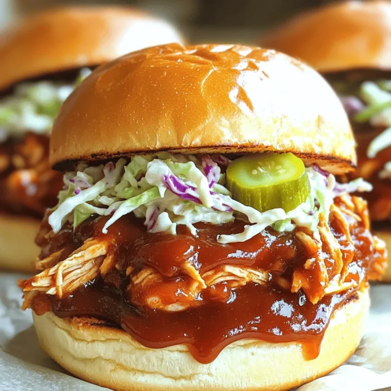 Für die perfekte Pulled BBQ Chicken Füllung benötigst du folgende Hauptzutaten: - 900 g Hähnchenbrustfilets, ohne Knochen und Haut - 240 ml BBQ-Sauce (nach Wahl) - 120 ml Hühnerbrühe - 1 Esslöffel Apfelessig - 1 Esslöffel brauner Zucker - 1 Teelöffel geräuchertes Paprikapulver - 1 Teelöffel Knoblauchpulver - 1/2 Teelöffel Zwiebelpulver - 1/2 Teelöffel schwarzer Pfeffer - Salz nach Geschmack Diese Zutaten geben dem Hähnchen einen tollen Geschmack. Achte darauf, frische Zutaten zu wählen. Für die Sandwiches benötigst du noch: - 6 Hamburgerbrötchen - Krautsalat (zum Verfeinern, optional) - Essiggurken (zum Garnieren, optional) Die Brötchen sind wichtig für die Textur. Der Krautsalat bringt einen frischen Crunch. Essiggurken fügen einen tollen sauren Geschmack hinzu. Falls du keine BBQ-Sauce hast oder etwas anderes probieren möchtest, gibt es gute Alternativen: - Senfsoße für einen scharfen Kick - Honig-Senf-Sauce für eine süße Note - Tomatensauce mit Gewürzen für einen einfacheren Geschmack Diese Alternativen bieten dir viele Möglichkeiten. Experimentiere mit verschiedenen Geschmäckern, um dein perfektes Sandwich zu finden. Beginne mit der Vorbereitung der Hähnchenbrustfilets. Lege die Filets einfach in den Slow Cooker. Achte darauf, dass sie gleichmäßig verteilt sind. Dies hilft beim gleichmäßigen Garen. So bleibt das Hähnchen zart und saftig. Jetzt kommt der spaßige Teil: die BBQ-Sauce. In einer Schüssel mische die BBQ-Sauce, Hühnerbrühe, Apfelessig, braunen Zucker, geräuchertes Paprikapulver, Knoblauchpulver, Zwiebelpulver, schwarzen Pfeffer und eine Prise Salz. Rühre alles gut um. Die Sauce sollte schön glatt und gut vermischt sein. Diese Mischung gibt dem Hähnchen viel Geschmack. Gieße die BBQ-Sauce über die Hähnchenbrustfilets im Slow Cooker. Stelle sicher, dass das Hähnchen gut mit Sauce bedeckt ist. Decke den Slow Cooker ab. Koche das Hähnchen auf niedriger Stufe für 6-8 Stunden oder auf hoher Stufe für 3-4 Stunden. Die Zeit hängt von deinem Slow Cooker ab. Das Hähnchen sollte zart sein, wenn es fertig ist. Nach dem Kochen, nimm das Hähnchen aus dem Slow Cooker. Lege es auf einen großen Teller. Benutze zwei Gabeln, um das Hähnchen in kleine Stücke zu zerkleinern. Das Zerkleinern macht es leichter, die Aromen der Sauce aufzunehmen. Gib das zerkleinerte Hähnchen zurück in den Slow Cooker. Mische es gut mit der restlichen BBQ-Sauce. Lass es dann für 15-30 Minuten bei niedriger Stufe köcheln. Röste die Hamburgerbrötchen nach deinem Geschmack. Nimm ein Brötchen und gib eine große Portion des zerkleinerten BBQ-Hähnchens darauf. Füge nach Belieben Krautsalat und Essiggurken hinzu. Das macht das Sandwich frisch und knackig. Serviere die Sandwiches sofort heiß. Stelle etwas zusätzliche BBQ-Sauce zum Beträufeln bereit. Die Wahl der BBQ-Sauce ist wichtig. Ich empfehle, eine Sauce zu wählen, die süß und rauchig ist. Eine hausgemachte Sauce mit Honig oder Ahornsirup kann auch toll sein. Marken wie Sweet Baby Ray's oder Stubbs sind auch sehr beliebt. Sie sorgen für ein gutes Gleichgewicht von Geschmack und Süße. Um das Hähnchen besonders zart zu machen, ist die richtige Kochzeit entscheidend. Kochen Sie das Hähnchen bei niedriger Hitze für 6-8 Stunden. Die lange Kochzeit lässt das Fleisch zerfallen. Sie können auch etwas Hühnerbrühe hinzufügen, um das Hähnchen saftig zu halten. Vermeiden Sie es, das Hähnchen zu überkochen, da es sonst trocken wird. Für die besten Sandwiches sollten Sie frische Hamburgerbrötchen verwenden. Rösten Sie die Brötchen leicht, um einen knusprigen Effekt zu erzielen. Fügen Sie eine großzügige Portion des Hähnchens hinzu. Krautsalat gibt einen tollen Crunch. Essiggurken bringen einen frischen Geschmack. Experimentieren Sie mit verschiedenen Zutaten, um Ihr perfektes Sandwich zu finden. {{image_4}} Für eine vegetarische oder vegane Variante können Sie Jackfruit verwenden. Jackfruit hat eine ähnliche Textur wie Hähnchen. Sie können die gleiche BBQ-Sauce verwenden. Einfach die Jackfruit im Slow Cooker mit der Sauce kochen. Zerkleinern Sie die Jackfruit nach dem Kochen und mischen Sie sie gut. Das ergibt leckere Sandwiches ohne Fleisch. Die Gewürze in diesem Rezept sind anpassbar. Sie können zum Beispiel Cayennepfeffer für mehr Schärfe hinzufügen. Auch ein Teelöffel Kreuzkümmel bringt einen tollen Geschmack. Experimentieren Sie mit Ihren Lieblingsgewürzen. Ein bisschen Honig kann für zusätzliche Süße sorgen. So machen Sie das Rezept ganz persönlich. Für eine Grillparty sind diese Sandwiches perfekt. Servieren Sie sie mit verschiedenen Beilagen wie Coleslaw oder Kartoffelsalat. Bei einem Familienessen können Sie die Sandwiches in einem Buffet-Stil anrichten. Lassen Sie die Gäste ihre eigenen Brötchen füllen. Sie können auch kleine Portionen für Snacks oder Appetizer machen. So sind Ihre Gäste immer gut versorgt. Um das Pulled BBQ Chicken frisch zu halten, lege es in einen luftdichten Behälter. Du kannst auch eine Frischhaltefolie verwenden. Achte darauf, dass die Chicken-Stücke vollständig abgekühlt sind, bevor du sie lagerst. So verhinderst du, dass sich Kondenswasser bildet. Stelle den Behälter dann in den Kühlschrank. Um das Pulled BBQ Chicken aufzuwärmen, gibt es verschiedene Methoden. Du kannst es in der Mikrowelle auf einem mikrowellengeeigneten Teller erhitzen. Stelle die Mikrowelle auf mittlere Leistung und erwärme es in Intervallen von 30 Sekunden. Alternativ kannst du das Hähnchen in einem Topf auf dem Herd warm machen. Füge ein wenig Hühnerbrühe hinzu, um es saftig zu halten. Rühre dabei regelmäßig um. Im Kühlschrank bleibt das Pulled BBQ Chicken bis zu vier Tage frisch. Wenn du es länger aufbewahren willst, friere es ein. Im Gefrierfach hält es bis zu drei Monate. Achte darauf, das Chicken gut zu verpacken, um Gefrierbrand zu vermeiden. Wenn du es verwenden möchtest, lasse es im Kühlschrank auftauen, bevor du es aufwärmst. Das Pulled BBQ Chicken braucht im Slow Cooker etwa 6-8 Stunden auf niedriger Stufe oder 3-4 Stunden auf hoher Stufe. Die lange Kochzeit macht das Hähnchen zart und saftig. Es ist wichtig, das Hähnchen vollständig durchzukochen. Überprüfen Sie die Temperatur; sie sollte mindestens 75 Grad Celsius betragen. So stellen Sie sicher, dass das Hähnchen sicher zu essen ist. Ja, Sie können gefrorenes Hähnchen verwenden. Der Slow Cooker kann gefrorenes Hähnchen sicher kochen. Die Kochzeit verlängert sich jedoch. Planen Sie etwa 8-10 Stunden auf niedriger Stufe ein. Achten Sie darauf, dass das Hähnchen gleichmäßig durchgekocht wird. Lassen Sie es nicht zu lange im Slow Cooker, um eine Überkochen zu vermeiden. Zu BBQ-Sandwiches passen viele Beilagen gut. Hier sind einige Ideen: - Krautsalat: Er gibt einen frischen Crunch. - Pommes Frites: Knusprig und lecker. - Bohnen: Voller Geschmack und Nährstoffe. - Maisbrot: Süß und perfekt zur BBQ-Sauce. - Essiggurken: Sie sorgen für einen tollen Kontrast. Diese Beilagen machen Ihr BBQ-Essen rundum perfekt. Pulled BBQ Chicken ist einfach und lecker. Wir haben die Hauptzutaten, Zusatzstoffe und Alternativen besprochen. Die Schritt-für-Schritt-Anleitung hilft dir, leckeres Hähnchen zu machen. Unsere Tipps und Tricks zeigen dir, wie du es perfekt zart machst. Variationen und richtige Lagerung sind ebenfalls wichtig. Denke an einfache Beilagen, die dein Sandwich ergänzen. Egal, wie du es zubereitest, Spaß beim Kochen und Genießen ist das Wichtigste!