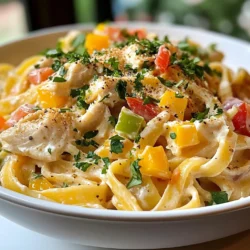 - 2 Tassen rotisserie Hähnchen, zerrupft - 340 g Fettuccine-Nudeln - 1 Esslöffel Olivenöl - 1 grüne Paprika, gewürfelt - 1 rote Paprika, gewürfelt - 1 kleine rote Zwiebel, fein gehackt - 2 Knoblauchzehen, gehackt - 240 ml Schlagsahne Die Hauptzutaten machen dieses Gericht besonders lecker. Das rotisserie Hähnchen bringt viel Geschmack mit. Die Fettuccine-Nudeln sind der perfekte Begleiter. Sie sind weich und nehmen die Sauce gut auf. Das Gemüse sorgt für Farbe und Frische. Die Paprika und Zwiebel geben einen süßen und leicht scharfen Geschmack. Knoblauch bringt einen tollen Duft. - 1 Teelöffel Kreuzkümmel - 1 Teelöffel Chili-Pulver - 100 g geriebener Monterey Jack Käse - 50 g geriebener Parmesan - Salz und Pfeffer nach Geschmack - Frischer Koriander, zur Garnierung Die Gewürze machen den Unterschied. Kreuzkümmel und Chili-Pulver geben einen warmen, würzigen Geschmack. Käse ist ein Muss in dieser Sauce. Monterey Jack schmilzt schön und macht die Sauce cremig. Parmesan fügt eine salzige Note hinzu. Salz und Pfeffer runden alles ab. Frischer Koriander am Ende gibt einen frischen Kick. {{ingredient_image_2}} Um die Fettuccine perfekt zu kochen, bringe einen großen Topf mit Salzwasser zum Kochen. Füge die Fettuccine hinzu und koche sie nach den Anweisungen auf der Packung, bis sie al dente sind. Das dauert etwa 10 bis 12 Minuten. Vergiss nicht, 120 ml Nudelwasser aufzuheben, bevor du die Nudeln abgießt. Dieses Wasser hilft später, die Sauce zu binden. Für das Anbraten von Gemüse benutze eine große Pfanne. Erhitze das Olivenöl bei mittlerer Hitze. Gib die gewürfelten grünen und roten Paprika sowie die gehackte Zwiebel hinein. Brate das Gemüse etwa 5 Minuten an, bis es weich wird. Füge dann den gehackten Knoblauch hinzu und brate ihn eine weitere Minute. So entfaltet er sein volles Aroma. Reduziere die Hitze auf niedrig. Gieße die Schlagsahne in die Pfanne. Rühre sanft, während du den geriebenen Monterey Jack und den Parmesan hinzufügst. Rühre weiter, bis der Käse schmilzt und die Sauce cremig wird. Füge Kreuzkümmel, Chili-Pulver, Salz und Pfeffer hinzu. Wenn die Sauce zu dick ist, gebe nach und nach etwas vom Nudelwasser dazu. Rühre gut, um die gewünschte Konsistenz zu erreichen. Gib das zerrupfte rotisserie Hähnchen zur Sauce. Rühre alles gut um, damit sich das Hähnchen gleichmäßig verteilt. Dann füge die gekochten Fettuccine hinzu. Achte darauf, dass die Nudeln gut mit der Sauce beschichtet sind. Das sorgt für ein köstliches Geschmackserlebnis. Lasse die Mischung 2 bis 3 Minuten bei niedriger Hitze köcheln. Rühre häufig, damit nichts anbrennt. Wenn alles gut erhitzt ist, richte den Southwest Rotisserie Chicken Alfredo auf Tellern an. Garniere jedes Gericht mit frisch gehacktem Koriander. Das bringt Farbe und zusätzlichen Geschmack in dein Gericht. Um die Sauce perfekt zu machen, achte auf die Dicke. Ist sie zu dick? Füge etwas von dem Nudelwasser hinzu. Es gibt der Sauce Feuchtigkeit und hilft, sie glatt zu machen. Nudelwasser enthält Stärke, die die Sauce schön bindet. Wenn du es cremiger magst, verwende mehr Sahne. So wird die Sauce reichhaltiger und leckerer. Um den Geschmack zu verbessern, probiere verschiedene Gewürze aus. Füge frische Kräuter wie Basilikum oder Oregano hinzu. Diese bringen neue Aromen in das Gericht. Auch Käse-Alternativen können spannend sein. Probiere Gouda oder Feta. Diese Käsesorten bieten einen anderen Geschmack und machen die Sauce interessant. Um die Vorbereitungszeit zu minimieren, benutze vorgekochtes Rotisserie-Hähnchen. So sparst du viel Zeit. Das Hähnchen solltest du in kleine Stücke zerrupfen. Achte darauf, die Haut zu entfernen, falls du das möchtest. Bereite das Gemüse vorher vor. So hast du alles griffbereit, wenn du mit dem Kochen beginnst. Pro Tipps Hähnchen richtig zerrupfen: Verwenden Sie zwei Gabeln, um das Hähnchen gleichmäßig zu zerrupfen, damit es in der Sauce besser verteilt werden kann. Gemüse anbraten: Achten Sie darauf, das Gemüse nicht zu lange zu braten, damit es knackig bleibt und die Farben lebendig bleiben. Käse Auswahl: Experimentieren Sie mit verschiedenen Käsesorten wie Cheddar oder Gouda, um verschiedene Geschmacksrichtungen zu erzielen. Frische Kräuter hinzufügen: Fügen Sie frische Kräuter wie Basilikum oder Petersilie kurz vor dem Servieren hinzu, um zusätzliche Frische und Aroma zu erhalten. {{image_4}} Wenn du eine vegetarische Version des Gerichts machen möchtest, ersetze das Hähnchen. Du kannst Tofu verwenden. Tofu ist eine tolle Proteinquelle. Schneide den Tofu in Würfel und brate ihn gut an. Das bringt einen leckeren Geschmack. Du kannst auch mehr Gemüse verwenden. Zucchini, Brokkoli oder Pilze sind gute Optionen. Für mehr Schärfe füge Jalapeños oder scharfe Chilis hinzu. Schneide die Jalapeños klein und brate sie mit dem Gemüse an. Das gibt dem Gericht einen aufregenden Kick. Du kannst auch scharfe Chilis in die Sauce rühren. Achte darauf, die Schärfe nach deinem Geschmack anzupassen. So wird jeder Biss spannend. Wenn du auf Kohlenhydrate verzichten möchtest, probiere Zucchini-Nudeln oder Blumenkohl. Zucchini-Nudeln sind leicht und gesund. Du kannst sie einfach mit einem Spiralschneider machen. Blumenkohl kann auch in einer Küchenmaschine zerkleinert werden. Beides ersetzt die Fettuccine gut. So bleibt das Gericht lecker und leicht. Um deinen Southwest Rotisserie Chicken Alfredo frisch zu halten, lagere ihn in einem luftdichten Behälter. Achte darauf, dass der Behälter gut verschlossen ist. So bleibt der Geschmack erhalten. Die Reste halten sich im Kühlschrank etwa drei bis vier Tage. Wenn du länger aufbewahren möchtest, solltest du das Gericht einfrieren. Das Einfrieren ist einfach und effektiv. Lass das Gericht zuerst auf Raumtemperatur abkühlen. Teile es dann in Portionen auf. Verwende Gefrierbeutel oder -behälter. Achte darauf, so viel Luft wie möglich herauszudrücken. So bleibt der Geschmack frisch. Zum Wiederaufwärmen lasse die Portionen im Kühlschrank auftauen. Erhitze dann die Mischung in einem Topf bei niedriger Hitze. Füge etwas Nudelwasser hinzu, um die Sauce cremig zu halten. Um die Sauce ohne Qualitätsverlust wieder zu erwärmen, gehe vorsichtig vor. Erhitze sie langsam auf mittlerer Hitze. Rühre regelmäßig um, damit sie nicht anbrennt. Wenn die Sauce zu dick wird, füge etwas Nudelwasser oder Sahne hinzu. So bleibt die Textur schön cremig. Achte darauf, die Sauce nicht zu lange zu erhitzen, um den Geschmack zu bewahren. Wenn du kein Rotisserie-Hähnchen hast, gibt es viele Optionen. Hier sind einige Ideen: - Gegrilltes Hähnchen: Selbst zubereitet oder vom Grill. - Putenbrust: Milder Geschmack und gute Textur. - Garnelen: Für eine Meeresfrüchte-Variante. - Tofu: Eine tolle vegetarische Wahl. - Kichererbsen: Proteinreich und gut gewürzt. Diese Alternativen passen gut in das Rezept und bieten neue Geschmackserlebnisse. Eine cremigere Sauce ist leicht zu erreichen. Hier sind einige Tipps: - Mehr Schlagsahne hinzufügen: Erhöhe die Menge für mehr Cremigkeit. - Frischkäse: Eine kleine Menge kann die Sauce dicker machen. - Ricotta: Dieser Käse macht die Sauce extra weich. - Käse: Füge mehr Monterey Jack oder Parmesan hinzu. Teste die Konsistenz während des Kochens. So erhältst du die perfekte Cremigkeit. Ja, du kannst dieses Rezept im Voraus zubereiten. So geht's: - Koche die Fettuccine und bereite die Sauce vor. - Mische die Zutaten, aber erhitze sie nicht ganz. - Lass alles abkühlen und lagere es in einem luftdichten Behälter. - Im Kühlschrank hält es sich 2-3 Tage. Vor dem Servieren einfach erhitzen und genießen! Ja, es gibt gesunde Alternativen zur schweren Sahne. Hier sind einige Optionen: - Fettfreie Sahne: Hat weniger Kalorien und Fett. - Mandelmilch: Eine pflanzliche Option mit weniger Kalorien. - Kokosmilch: Gibt der Sauce einen neuen Geschmack und ist cremig. - Cashewcreme: Für eine nussige, dicke Konsistenz. Diese Alternativen machen das Gericht leichter, ohne den Geschmack zu verlieren. Dieses Rezept kombiniert leckeres Rotisserie-Hähnchen, Fettuccine und frisches Gemüse. Sie haben gelernt, die Nudeln richtig zu kochen und die Sauce perfekt zu würzen. Ihre Variationen, wie vegetarische Optionen oder cremigere Soßen, bieten Spielraum für Kreativität. Die Lagerung der Reste ist einfach und sorgt dafür, dass nichts verschwendet wird. Jetzt können Sie dieses Gericht mühelos zubereiten und genießen. Probieren Sie es aus und machen Sie es zu Ihrem neuen Favoriten!