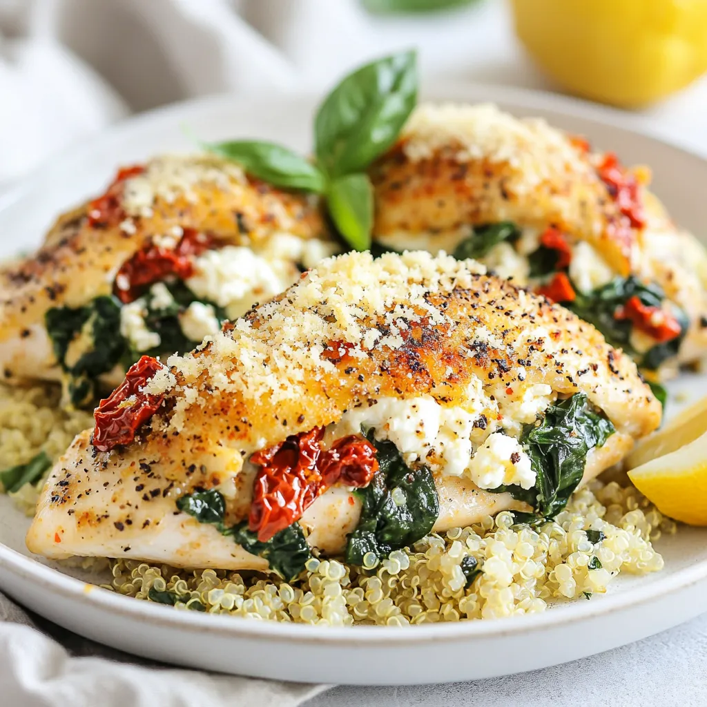 - 4 Hähnchenbrustfilets ohne Haut und Knochen - 2 Tassen frischer Spinat, grob gehackt - 1 Tasse Ricotta-Käse - 1/2 Tasse zerbröckelter Feta-Käse - 2 Knoblauchzehen, fein gehackt - 1/4 Tasse getrocknete Tomaten, klein gehackt - 1/2 Teelöffel getrockneter Oregano - 1/4 Teelöffel schwarzer Pfeffer - 1/4 Teelöffel Salz - 1 Esslöffel Olivenöl - 1/2 Tasse geriebener Parmesan-Käse - 1 Esslöffel Zitronensaft Die Hauptzutaten sind einfach zu finden. Du brauchst frisches Hähnchen, Spinat und Käse. Ricotta und Feta geben viel Geschmack. Knoblauch und getrocknete Tomaten machen die Füllung noch besser. Gewürze wie Oregano, Pfeffer und Salz bringen alles zusammen. Olivenöl sorgt für eine schöne Textur. Parmesan oben drauf macht das Gericht perfekt. - Vegane Optionen - Milchfreie Käsealternativen Falls du eine vegane Version willst, kannst du Hähnchen durch Tofu ersetzen. Tofu ist reich an Protein und sehr vielseitig. Statt Ricotta und Feta benutze vegane Käsealternativen. Es gibt viele tolle Produkte auf dem Markt. Achte darauf, dass sie gut schmelzen. So bekommst du eine cremige Füllung. Die Gewürze bleiben gleich, um den Geschmack zu bewahren. {{ingredient_image_2}} Zuerst erhitze ich das Olivenöl in einer Pfanne. Sobald es heiß ist, füge ich die gehackten Knoblauchzehen hinzu. Ich brate sie für etwa eine Minute an, bis sie duften. Dann gebe ich den grob gehackten Spinat in die Pfanne. Ich rühre alles gut um und koche es 2-3 Minuten, bis der Spinat zusammenfällt. Danach nehme ich die Pfanne vom Herd und lasse die Mischung kurz abkühlen. In einer großen Schüssel vermenge ich dann den angebratenen Spinat, Ricotta-Käse, zerbröckelten Feta-Käse und die klein gehackten getrockneten Tomaten. Ich füge Oregano, schwarzen Pfeffer und Salz hinzu. Zum Schluss gebe ich den Zitronensaft dazu und mische alles gut. Diese Füllung ist jetzt bereit für die Hähnchenbrust. Jetzt kommt der spannende Teil! Ich schneide die Hähnchenbrustfilets vorsichtig horizontal ein. Ich achte darauf, eine Tasche zu bilden, ohne ganz durchzuschneiden. So bleibt die Füllung drin. Ich nehme dann die Spinatfüllung und stopfe sie in jede Hähnchenbrust. Wenn nötig, benutze ich Zahnstocher, um die Öffnungen sicher zu verschließen. Ich lege die gefüllten Hähnchenbrüste in eine Auflaufform. Dann streue ich den geriebenen Parmesan-Käse gleichmäßig darüber. Der Ofen sollte bereits auf 190°C (375°F) vorgeheizt sein. Ich backe die Hähnchenbrust für 25-30 Minuten. Sie sind fertig, wenn sie eine Innentemperatur von 75°C (165°F) erreicht haben. Nach dem Backen lasse ich die Hähnchenbrust fünf Minuten ruhen. So bleibt sie saftig. - Temperaturkontrolle: Die richtige Temperatur ist wichtig. Backe die Hähnchenbrust bei 190°C (375°F). So bleibt das Fleisch saftig. Verwende ein Fleischthermometer. Die Innentemperatur sollte 75°C (165°F) erreichen. - Vermeidung von trockenem Fleisch: Um trockenes Fleisch zu vermeiden, brate die Hähnchenbrust nicht zu lange. Lass sie nach dem Backen fünf Minuten ruhen. So verteilt sich der Saft besser. - Anrichten auf Tellern: Platziere die gefüllten Hähnchenbrüste schön auf Tellern. Lege sie auf ein Bett aus Quinoa oder Vollkornreis. Das sieht toll aus und schmeckt gut. - Ergänzende Beilagen für schöne Präsentation: Füge frische Basilikumblätter und eine Zitronenscheibe hinzu. Diese Farben bringen das Gericht zum Strahlen. Es sieht nicht nur gut aus, sondern macht auch Appetit. Pro Tipps Hähnchenbrust richtig vorbereiten: Um saftige Hähnchenbrust zu erhalten, solltest du sie vor dem Füllen leicht klopfen, damit das Fleisch gleichmäßig gart. Variationen der Füllung: Du kannst die Füllung nach Belieben anpassen, indem du andere Käsesorten oder zusätzliches Gemüse wie Paprika oder Zucchini hinzufügst. Aufbewahrung der Reste: Die gefüllten Hähnchenbrüste lassen sich hervorragend im Kühlschrank aufbewahren und können am nächsten Tag aufgewärmt werden. Servierideen: Um das Gericht aufzupeppen, serviere die Hähnchenbrust mit einer leichten Zitronen-Kräuter-Sauce für zusätzlichen Geschmack. {{image_4}} Du kannst die Füllung für deine gefüllte Hähnchenbrust sehr leicht ändern. Experimentiere mit anderen Gemüsesorten. Zum Beispiel passen Zucchini, Paprika oder sogar Pilze gut dazu. Diese Gemüsesorten bringen neue Farben und Geschmäcker in dein Gericht. Auch die Käsesorten kannst du variieren. Ricotta und Feta sind schon lecker, aber du kannst auch Mozzarella oder Cheddar verwenden. Diese Käsesorten schmelzen gut und geben einen schönen Geschmack. Wenn du gerne experimentierst, probiere neue Gewürze. Paprika, Kreuzkümmel oder sogar Curry können tolle Aromen hinzufügen. Diese Gewürze geben deinem Gericht einen besonderen Kick. Denk auch an Kräuter! Italienische oder mediterrane Aromen wie Basilikum, Thymian oder Rosmarin passen sehr gut. Sie bringen Frische und Tiefe in das Gericht. Mit diesen Variationen machst du dein Gericht immer wieder neu und spannend! Um die gefüllte Hähnchenbrust richtig zu lagern, befolge diese Schritte: - Kühlschrank: Wickel die Reste in Frischhaltefolie oder lege sie in einen luftdichten Behälter. So bleibt die Hähnchenbrust frisch. Im Kühlschrank hält sie bis zu drei Tage. - Gefrieroptionen: Du kannst die gefüllte Hähnchenbrust auch einfrieren. Verwende einen gefrierfesten Behälter oder einen Gefrierbeutel. So bleibt sie bis zu drei Monate genießbar. Wenn du die Reste aufwärmen möchtest, gibt es einfache Methoden: - Beste Methoden zum Aufwärmen: Heize den Ofen auf 180°C (350°F). Lege die Hähnchenbrust in eine Auflaufform. Bedecke sie mit Aluminiumfolie, um das Austrocknen zu vermeiden. Erwärme sie für etwa 15-20 Minuten. - Tipps, um die Textur zu bewahren: Füge etwas Brühe oder Wasser in die Auflaufform hinzu. Das hilft, die Hähnchenbrust saftig zu halten. Achte darauf, sie nicht zu lange zu erhitzen, um die Zartheit zu bewahren. Die Zubereitung ist einfach und schnell. Die Vorbereitungszeit beträgt etwa 15 Minuten. Die Kochzeit im Ofen dauert 25 bis 30 Minuten. Insgesamt brauchst du also rund 50 Minuten, um diese köstliche gefüllte Hähnchenbrust zu machen. Ja, du kannst die gefüllte Hähnchenbrust im Voraus zubereiten. Fülle die Hähnchenbrust und lege sie in die Auflaufform. Decke die Form ab und stelle sie in den Kühlschrank. Du kannst sie bis zu 24 Stunden im Voraus vorbereiten. Wenn du bereit bist, sie zu kochen, backe sie einfach gleich aus dem Kühlschrank. Achte darauf, die Backzeit eventuell etwas zu verlängern. Es gibt viele tolle Beilagen, die gut zu gefüllter Hähnchenbrust passen. Hier sind einige Vorschläge: - Quinoa oder Vollkornreis - Gedünstetes Gemüse wie Brokkoli oder grüne Bohnen - Ein frischer Salat mit Zitronen-Dressing - Kartoffelpüree oder gebackene Kartoffeln Diese Beilagen ergänzen die Aromen der gefüllten Hähnchenbrust und machen dein Gericht noch besser. In diesem Artikel haben wir die Hauptzutaten für gefüllte Hähnchenbrust besprochen. Du hast gelernt, wie du die Füllung vorbereitest, die Hähnchenbrust füllst und das Gericht perfekt backst. Wir haben Tipps für saftiges Fleisch und schöne Präsentationen geteilt. Du kannst auch verschiedene Füllungen und Gewürze ausprobieren, um eigene Variationen zu schaffen. Achte darauf, deine Reste richtig zu lagern und aufzuwärmen. Jetzt hast du alles, was du brauchst, um ein köstliches Gericht zuzubereiten und zu genießen. Viel Spaß beim Kochen!