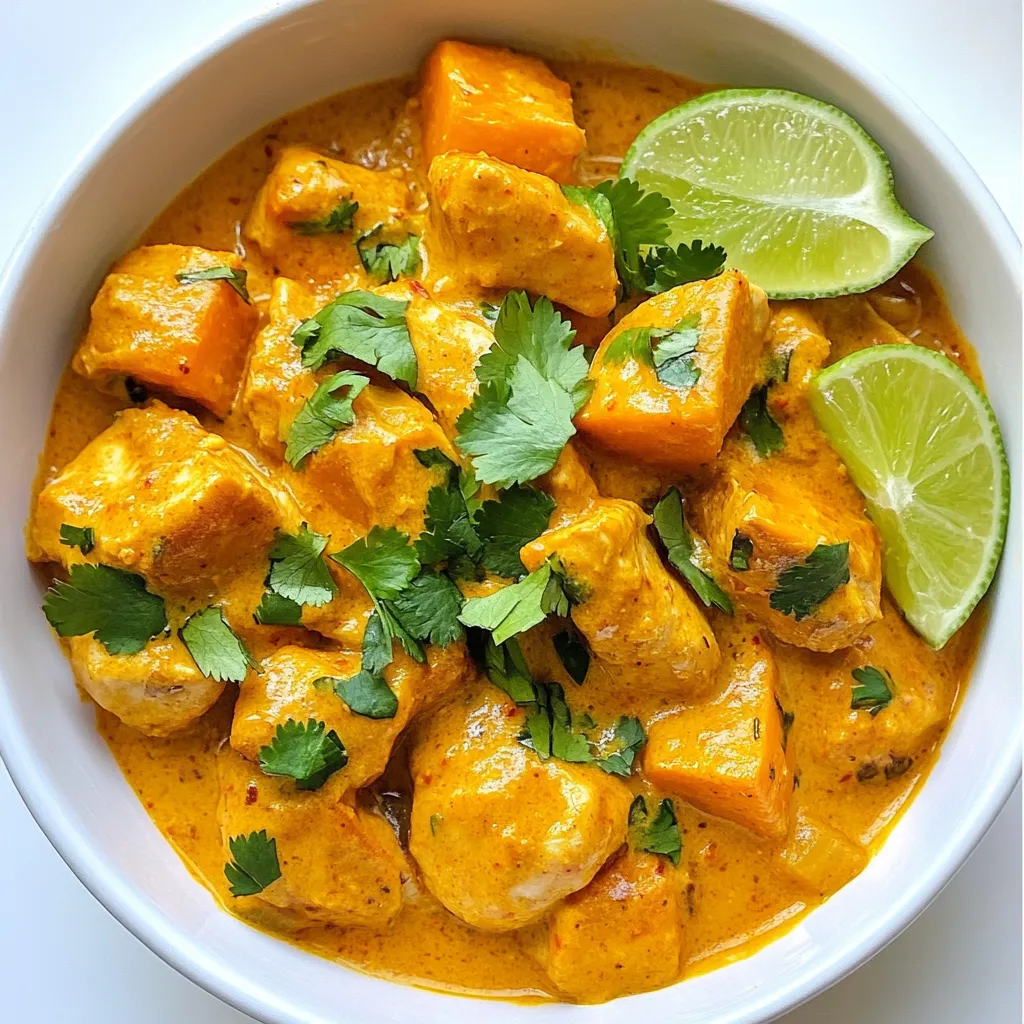 Für ein köstliches Hühnchen Süßkartoffel Curry benötigst du folgende Hauptzutaten: - 450g Hühnchenbrust, gewürfelt - 2 mittelgroße Süßkartoffeln, geschält und gewürfelt - 1 Zwiebel, fein gehackt - 3 Knoblauchzehen, zerdrückt - 1 Esslöffel frischer Ingwer, gerieben - 1 Dose (400ml) Kokosmilch Diese Zutaten bilden die Basis deines Currys. Das Hühnchen gibt dir Würze und Protein. Süßkartoffeln fügen Süße und Nährstoffe hinzu. Zwiebel, Knoblauch und Ingwer bringen viel Geschmack. Die Gewürze machen das Curry besonders. Du benötigst: - 2 Esslöffel rote Currypaste - 1 Esslöffel Olivenöl - 1 Teelöffel Kurkuma - 1 Teelöffel Kreuzkümmel - 1 Teelöffel Korianderpulver - Salz und Pfeffer nach Geschmack Diese Gewürze sorgen für ein reiches Aroma. Rote Currypaste gibt Schärfe. Kurkuma bringt eine schöne Farbe. Kreuzkümmel und Koriander runden den Geschmack ab. Salz und Pfeffer sind wichtig, um alles zu harmonisieren. Die Vorbereitung ist der erste Schritt zum Erfolg. Hier ist, was du tun musst: 1. Würfle das Hühnchen in gleich große Stücke. So gart es gleichmäßig. 2. Schäle die Süßkartoffeln und schneide sie ebenfalls in Würfel. Achte darauf, dass sie nicht zu groß sind, sonst garen sie langsamer. 3. Hacke die Zwiebel fein. Je kleiner die Stücke, desto schneller braten sie. 4. Zerdrücke die Knoblauchzehen und reibe den Ingwer frisch. Das bringt den besten Geschmack. Bereite alles vor, bevor du mit dem Kochen beginnst. So hast du einen reibungslosen Ablauf und kannst dein Curry schnell genießen. {{ingredient_image_2}} 1. Erhitze das Olivenöl in einem großen Topf bei mittlerer Hitze. 2. Füge die fein gehackte Zwiebel hinzu und brate sie etwa 5 Minuten lang, bis sie glasig wird. 3. Rühre den zerdrückten Knoblauch und den geriebenen Ingwer ein. Lass die Mischung 1-2 Minuten braten, bis sie gut riecht. 4. Gib die gewürfelte Hühnchenbrust in den Topf. Würze sie mit Salz und Pfeffer. Brate sie 5-7 Minuten, bis sie goldbraun ist. 5. Mische die rote Currypaste, Kurkuma, Kreuzkümmel und Korianderpulver unter das Hühnchen. Achte darauf, dass das Hühnchen gleichmäßig mit Gewürzen bedeckt ist. 6. Füge die gewürfelten Süßkartoffeln hinzu. Gieße die Kokosmilch darüber. Rühre alles gut um, bis es vermischt ist. 7. Lass das Curry sanft köcheln. Decke den Topf ab und koche es 20-25 Minuten, bis die Süßkartoffeln zart sind. 8. Rühre gelegentlich um, damit nichts anbrennt. 9. Probier das Curry und passe die Gewürze nach Bedarf an. 10. Willst du eine dickere Konsistenz? Lass es ohne Deckel 5-10 Minuten weiterköcheln. 11. Nimm den Topf vom Herd und lass es einige Minuten ruhen, bevor du servierst. - Achte darauf, die Zwiebel gut zu braten. Das bringt Geschmack. - Lass das Hühnchen nicht zu lange braten, sonst wird es trocken. - Rühre die Gewürze gut ein, damit sie sich gleichmäßig verteilen. - Verwende frische Zutaten. Das macht das Curry lebendiger und schmackhafter. - Wenn du es schärfer magst, füge mehr Currypaste hinzu. - Die Kochzeit hängt von der Größe der Süßkartoffelwürfel ab. - Kleinere Würfel brauchen weniger Zeit. - Wenn du das Curry dicker magst, koche es länger ohne Deckel. - Probiere das Curry während des Kochens. So findest du die perfekte Konsistenz. Um das Hühnchen Süßkartoffel Curry zu perfektionieren, achte auf die Gewürze. Verwende frische Zutaten, um den besten Geschmack zu erzielen. Mische die Currypaste gut mit dem Hühnchen, damit jedes Stück würzig ist. Sei beim Kochen geduldig und lasse die Süßkartoffeln lange genug garen. So wird das Gericht schön cremig. Ein häufiges Problem ist das Anbrennen. Rühre regelmäßig um, besonders beim Köcheln. Zu viel oder zu wenig Currypaste kann den Geschmack ändern. Beginne mit weniger und füge bei Bedarf mehr hinzu. Wenn das Curry zu dünn ist, lasse es länger ohne Deckel köcheln. Wenn du Reste hast, verwende sie kreativ. Du kannst das Curry in Tacos füllen oder auf einen Salat geben. Es schmeckt auch super in einem Wrap. Eine weitere Idee ist, es mit Reis oder Quinoa zu mischen. So hast du ein schnelles Mittagessen. Pro Tipps Hühnchen marinieren: Marinieren Sie das Hühnchen 30 Minuten vor dem Kochen in der Currypaste, um den Geschmack zu intensivieren. Süßkartoffeln gleichmäßig schneiden: Achten Sie darauf, die Süßkartoffeln gleichmäßig zu würfeln, damit sie gleichmäßig garen. Kokosmilch nicht kochen: Lassen Sie die Kokosmilch nicht zu stark kochen, um ein Gerinnen zu vermeiden und die Cremigkeit zu bewahren. Würzen anpassen: Probieren Sie das Curry während des Kochens und passen Sie die Gewürze nach Ihrem persönlichen Geschmack an. {{image_4}} Wenn Sie eine vegetarische oder vegane Option möchten, ersetzen Sie das Hühnchen mit Kichererbsen oder Tofu. Diese Zutaten bieten eine gute Proteinquelle. Verwenden Sie die gleiche Menge wie beim Hühnchen. Kichererbsen aus der Dose sind schnell und einfach. Tofu sollten Sie vorher anbraten, um die Textur zu verbessern. Es gibt viele tolle Proteinoptionen für dieses Curry. Probieren Sie Lamm oder Rindfleisch für einen anderen Geschmack. Sie können auch Garnelen verwenden, die schnell garen. Diese Optionen passen gut zu den Gewürzen im Curry. Achten Sie darauf, die Garzeit anzupassen. Um das Curry an verschiedene Geschmäcker anzupassen, können Sie die Gewürze variieren. Mögen Sie es schärfer? Fügen Sie mehr rote Currypaste hinzu. Für einen milden Geschmack verwenden Sie weniger. Experimentieren Sie mit Gemüse wie Spinat oder Paprika. Diese Zutaten fügen Farbe und Textur hinzu. Denken Sie daran, die Kochzeit entsprechend anzupassen. So bleibt das Gemüse knackig und frisch. Um dein Hühnchen Süßkartoffel Curry frisch zu halten, lass es zuerst abkühlen. Füll das Curry dann in einen luftdichten Behälter. Diese Behälter helfen, den Geschmack und die Textur zu bewahren. Du kannst das Curry auch in Portionen aufteilen. So bleibt es einfacher, eine kleine Menge wieder aufzuwärmen. Wenn du das Curry wieder aufwärmen möchtest, gibt es einige einfache Tipps. Erhitze das Curry langsam auf mittlerer Hitze in einem Topf. Rühre regelmäßig um, damit es gleichmäßig warm wird. Du kannst auch einen Schuss Wasser oder Kokosmilch hinzufügen, wenn es zu dick ist. Alternativ kannst du die Mikrowelle nutzen. Stelle die Mikrowelle auf mittlere Leistung und rühre nach jeder Minute um. Im Kühlschrank hält sich das Curry etwa drei bis vier Tage. Achte darauf, es gut abzudecken oder in einem luftdichten Behälter zu lagern. Im Gefrierschrank bleibt es bis zu drei Monate frisch. Zum Einfrieren ist es am besten, das Curry in Portionen zu verpacken. So kannst du immer genau die Menge auftauen, die du brauchst. Wenn du das Curry auftauen möchtest, lass es über Nacht im Kühlschrank stehen oder erwärme es direkt aus dem Gefrierfach. Um das Hühnchen Süßkartoffel Curry schärfer zu machen, können Sie mehr rote Currypaste hinzufügen. Beginnen Sie mit einem Teelöffel und kosten Sie die Mischung. Wenn Sie es schärfer mögen, fügen Sie mehr hinzu. Eine andere Möglichkeit ist, frische Chili oder Chiliflocken hinzuzufügen. Diese geben zusätzlich Geschmack und Schärfe. Achten Sie darauf, die Schärfe langsam zu steigern, damit es nicht zu scharf wird. Ja, Sie können die Süßkartoffeln ersetzen. Ein guter Ersatz sind Karotten oder Kürbis. Beide Gemüse haben eine ähnliche Konsistenz und Süße. Wenn Sie eine kohlenhydratarme Option möchten, probieren Sie Blumenkohl. Blumenkohl hat eine tolle Textur und nimmt die Aromen gut auf. Passen Sie die Kochzeit an, da diese Gemüse unterschiedlich garen. Ja, dieses Rezept ist glutenfrei. Alle Zutaten wie Hühnchen, Süßkartoffeln und Gewürze enthalten kein Gluten. Achten Sie jedoch darauf, dass die rote Currypaste glutenfrei ist. Einige Marken fügen Gluten hinzu. Überprüfen Sie die Zutatenliste, um sicherzustellen, dass sie für eine glutenfreie Diät geeignet ist. So können Sie das Curry ohne Bedenken genießen. In diesem Blogbeitrag haben wir alle wichtigen Elemente für ein leckeres Hühnchen Süßkartoffel Curry besprochen. Wir haben die Hauptzutaten, Gewürze und Zubereitung behandelt. Ich habe Tipps gegeben, wie du häufige Fehler vermeidest und das Curry nach deinem Geschmack anpasst. Als Bonus wurden Lagertipps und häufige Fragen beantwortet. Nutze diese Informationen, um dein Curry zu perfektionieren und Freude am Kochen zu haben. Iss gut und experimentiere mit neuen Geschmäckern!