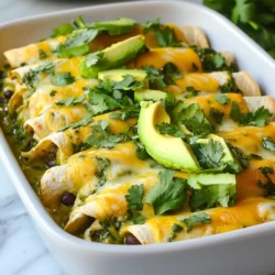 - 500 g gekochtes H&auml;hnchen, zerrupft - 240 ml gr&uuml;ne Enchiladasauce - 100 g frischer Spinat, grob gehackt - 100 g K&auml;se (Monterey Jack oder eine Mischung) - 8 kleine Maistortillas - 120 g schwarze Bohnen, abgesp&uuml;lt und abgetropft Die Hauptzutaten sind einfach zu finden. Gekochtes H&auml;hnchen gibt den Enchiladas einen herzhaften Geschmack. Die gr&uuml;ne Enchiladasauce bringt frische Aromen. Frischer Spinat sorgt f&uuml;r einen gesunden Kick. K&auml;se macht das Gericht cremig und lecker. Die Maistortillas halten alles zusammen. Schwarze Bohnen f&uuml;gen eine tolle Textur hinzu. - 1/2 Teel&ouml;ffel Kreuzk&uuml;mmel - 1/2 Teel&ouml;ffel Knoblauchpulver - Salz und Pfeffer nach Geschmack - 1 Essl&ouml;ffel Oliven&ouml;l - 1/4 Tasse frischer Koriander, grob gehackt Die Gew&uuml;rze sind der Schl&uuml;ssel zu gutem Geschmack. Kreuzk&uuml;mmel bringt eine warme Note. Knoblauchpulver f&uuml;gt Tiefe hinzu. Salz und Pfeffer runden alles ab. Oliven&ouml;l macht die Mischung geschmeidig. Frischer Koriander bringt Frische und Farbe. - Avocadoscheiben - Frischer Koriander zum Garnieren Garnituren machen das Essen besonders. Avocadoscheiben sind cremig und lecker. Frischer Koriander sieht toll aus und schmeckt frisch. Diese Zutaten heben die Enchiladas auf ein neues Niveau. {{ingredient_image_2}} Heize deinen Ofen auf 190&deg;C vor. Das ist wichtig f&uuml;r die perfekte Garzeit. In einer gro&szlig;en Sch&uuml;ssel mische das zerrupfte H&auml;hnchen, den gehackten Spinat, die schwarzen Bohnen und 120 ml der gr&uuml;nen Enchiladasauce. F&uuml;ge auch Kreuzk&uuml;mmel, Knoblauchpulver und die H&auml;lfte des K&auml;ses hinzu. R&uuml;hre alles gut um. Vergiss nicht, mit Salz und Pfeffer zu w&uuml;rzen. Erw&auml;rme die Maistortillas in einer trockenen Pfanne. Mach dies f&uuml;r etwa 30 Sekunden auf jeder Seite. Dadurch werden die Tortillas flexibler. So kannst du sie leichter rollen. Nimm eine Tortilla und f&uuml;lle sie mit etwa 60 g der H&auml;hnchenmischung. Rolle sie fest auf und lege sie in eine leicht gefettete Auflaufform. Wiederhole diesen Schritt mit den anderen Tortillas und der F&uuml;llung. Gie&szlig;e die restliche gr&uuml;ne Enchiladasauce &uuml;ber die aufgerollten Enchiladas. Bestreue sie mit dem restlichen K&auml;se. Decke die Form mit Aluminiumfolie ab und backe sie 20 Minuten. Entferne die Folie und backe f&uuml;r weitere 10 Minuten, bis der K&auml;se sprudelt und goldbraun ist. Lass die Enchiladas kurz abk&uuml;hlen, bevor du sie servierst. Um die Tortillas flexibler zu machen, erw&auml;rme sie kurz in einer trockenen Pfanne. Das dauert nur etwa 30 Sekunden pro Seite. Dadurch sind sie leichter zu rollen und brechen nicht. Bei der Enchiladasauce nutze eine gute Qualit&auml;t. Gie&szlig;e etwas Sauce in die Auflaufform, damit die Enchiladas nicht kleben. Das macht die Reinigung auch einfacher. Du kannst die Enchiladas auch vegetarisch machen. Nutze einfach mehr Gem&uuml;se oder Tofu. Das gibt dir viele Optionen. F&uuml;r zus&auml;tzlichen Geschmack kannst du die Gew&uuml;rze &auml;ndern. F&uuml;ge mehr Kreuzk&uuml;mmel oder Chili hinzu, um es sch&auml;rfer zu machen. Experimentiere mit den Aromen, die dir gefallen. Serviere die Enchiladas mit frischem Koriander und Avocadoscheiben. Diese Zutaten bringen Farbe und Geschmack. Als Beilage passen gut schwarze Bohnen oder Reis. F&uuml;r Getr&auml;nke sind Bier oder eine fruchtige Limonade ideal. So hast du die perfekte Kombination f&uuml;r dein Essen. Pro Tipps Tortilla Vorbereitung: Erw&auml;rmen Sie die Tortillas in einer trockenen Pfanne, um sie geschmeidig zu machen, damit sie sich leichter rollen lassen. H&uuml;hnchen Variationen: Sie k&ouml;nnen das zerrissene H&auml;hnchen durch Rind- oder Schweinefleisch ersetzen, um verschiedene Geschm&auml;cker zu kreieren. Zus&auml;tzlicher Geschmack: F&uuml;gen Sie etwas Limettensaft zur H&auml;hnchenmischung hinzu, um einen frischen und zesty Geschmack zu erhalten. Garnierungstipps: Verwenden Sie zus&auml;tzliches frisches Gem&uuml;se wie Tomaten oder Jalape&ntilde;os als Garnierung f&uuml;r mehr Farbe und Geschmack. {{image_4}} M&ouml;chten Sie eine fleischfreie Option? Verwenden Sie statt H&auml;hnchen Tofu oder mehr Gem&uuml;se. Tofu hat eine tolle Textur. Er nimmt die Aromen gut auf. Gem&uuml;se wie Zucchini oder Paprika passen auch gut. Schneiden Sie es klein und braten Sie es kurz an. So wird es zart und schmackhaft. F&uuml;gen Sie frischen Spinat hinzu, um die F&uuml;llung noch bunter zu machen. Sie werden die kr&auml;ftigen Farben lieben. Brauchen Sie mehr Sch&auml;rfe? F&uuml;gen Sie einfach Jalape&ntilde;os oder scharfe Sauce hinzu. Diese Zutaten bringen einen tollen Kick. Schneiden Sie die Jalape&ntilde;os in kleine St&uuml;cke. Mischen Sie sie unter die H&auml;hnchenf&uuml;llung. Wenn Sie es sehr scharf m&ouml;gen, verwenden Sie mehr davon. Eine scharfe Sauce k&ouml;nnen Sie auch &uuml;ber die Enchiladas gie&szlig;en. Probieren Sie verschiedene Sorten aus, um die richtige Sch&auml;rfe zu finden. Ihre G&auml;ste werden begeistert sein! Sind Sie kein Fan von K&auml;se? Es gibt viele Alternativen. Probieren Sie verschiedene K&auml;sesorten oder Mischungen aus. Vegan-K&auml;se auf Nussbasis ist eine gute Wahl. Er schmilzt gut und hat einen tollen Geschmack. Sie k&ouml;nnen auch Feta oder Ziegenk&auml;se verwenden. Diese K&auml;sesorten geben einen besonderen Geschmack. Experimentieren Sie und finden Sie die perfekte Mischung f&uuml;r Ihre Enchiladas! Gr&uuml;ne H&auml;hnchen-Enchiladas sind im K&uuml;hlschrank bis zu drei Tage haltbar. Lagern Sie sie in einem luftdichten Beh&auml;lter, um die Frische zu bewahren. Achten Sie darauf, die Enchiladas vollst&auml;ndig abk&uuml;hlen zu lassen, bevor Sie sie einpacken. So bleibt der Geschmack erhalten und die Textur bleibt gut. Zum Einfrieren legen Sie die Enchiladas in einen gefrierfesten Beh&auml;lter. Trennen Sie die Schichten mit Backpapier, damit sie nicht zusammenkleben. Sie k&ouml;nnen sie bis zu drei Monate einfrieren. Zum Auftauen, lassen Sie die Enchiladas &uuml;ber Nacht im K&uuml;hlschrank. Sie k&ouml;nnen sie dann wie gewohnt aufw&auml;rmen. Die besten Methoden zum Wiedererw&auml;rmen sind im Ofen oder in der Mikrowelle. Im Ofen heizen Sie ihn auf 180&deg;C vor und backen die Enchiladas f&uuml;r 15 Minuten. Decken Sie sie mit Aluminiumfolie ab, damit sie nicht austrocknen. In der Mikrowelle erw&auml;rmen Sie sie f&uuml;r 1-2 Minuten, bis sie hei&szlig; sind. Achten Sie darauf, die Enchiladas regelm&auml;&szlig;ig zu &uuml;berpr&uuml;fen, um eine &Uuml;berhitzung zu vermeiden. Um gr&uuml;ne H&auml;hnchen-Enchiladas zu machen, folgen Sie diesen Schritten: 1. Heizen Sie den Ofen auf 190&deg;C vor. 2. Mischen Sie in einer gro&szlig;en Sch&uuml;ssel 500 g zerrissenes H&auml;hnchen, 100 g gehackten Spinat, 120 g schwarze Bohnen, 240 ml gr&uuml;ne Enchiladasauce, 1/2 Teel&ouml;ffel Kreuzk&uuml;mmel, 1/2 Teel&ouml;ffel Knoblauchpulver und 50 g K&auml;se. 3. W&uuml;rzen Sie mit Salz und Pfeffer. 4. Fetten Sie eine Auflaufform leicht ein und geben Sie 60 ml Enchiladasauce auf den Boden. 5. Erw&auml;rmen Sie 8 Maistortillas in einer Pfanne f&uuml;r 30 Sekunden pro Seite. 6. F&uuml;llen Sie jede Tortilla mit 60 g der H&auml;hnchenmischung, rollen Sie sie auf und legen Sie sie in die Auflaufform. 7. Gie&szlig;en Sie die restliche Enchiladasauce dar&uuml;ber und streuen Sie den restlichen K&auml;se. 8. Backen Sie die Enchiladas 20 Minuten mit Folie und 10 Minuten ohne, bis der K&auml;se goldbraun ist. Ja, Sie k&ouml;nnen das H&auml;hnchen durch verschiedene Alternativen ersetzen: - Tofu: Verwenden Sie festen Tofu, um einen proteinreichen Ersatz zu schaffen. - Kichererbsen: Sie k&ouml;nnen auch Kichererbsen verwenden, die gut mit den Gew&uuml;rzen harmonieren. - Gem&uuml;se: Mischen Sie eine Vielzahl von Gem&uuml;se wie Zucchini, Paprika und Mais f&uuml;r einen bunten Geschmack. Hier sind einige tolle Beilagen und Getr&auml;nke: - Reis: Ein einfacher, gew&uuml;rzter Reis erg&auml;nzt die Enchiladas gut. - Guacamole: Die cremige Textur der Guacamole passt perfekt zu den Enchiladas. - Salsa: Frische Salsa bringt zus&auml;tzliche Aromen und Frische. - Eistee oder Limonade: Diese Getr&auml;nke bieten eine erfrischende Erg&auml;nzung. Ja, Sie k&ouml;nnen Enchiladas im Voraus zubereiten: - Vorbereitung: F&uuml;llen Sie die Tortillas und schichten Sie sie in die Auflaufform. - Aufbewahrung: Decken Sie die Form ab und k&uuml;hlen Sie sie bis zur Verwendung. - Backen: Backen Sie sie einfach l&auml;nger, wenn sie direkt aus dem K&uuml;hlschrank kommen. Gr&uuml;ne H&auml;hnchen-Enchiladas sind einfach und lecker. Wir haben die Hauptzutaten wie H&auml;hnchen, Spinat, K&auml;se und Tortillas behandelt. Die Schritt-f&uuml;r-Schritt-Anleitung hilft dir, sie richtig zuzubereiten. Tipps geben dir Ideen f&uuml;r Variationen und wie du sie perfekt servieren kannst. Denke auch an die Aufbewahrung und das Einfrieren. Mit diesen Informationen wirst du tolle Enchiladas zaubern. Probier es aus und genie&szlig;e jede Biss!