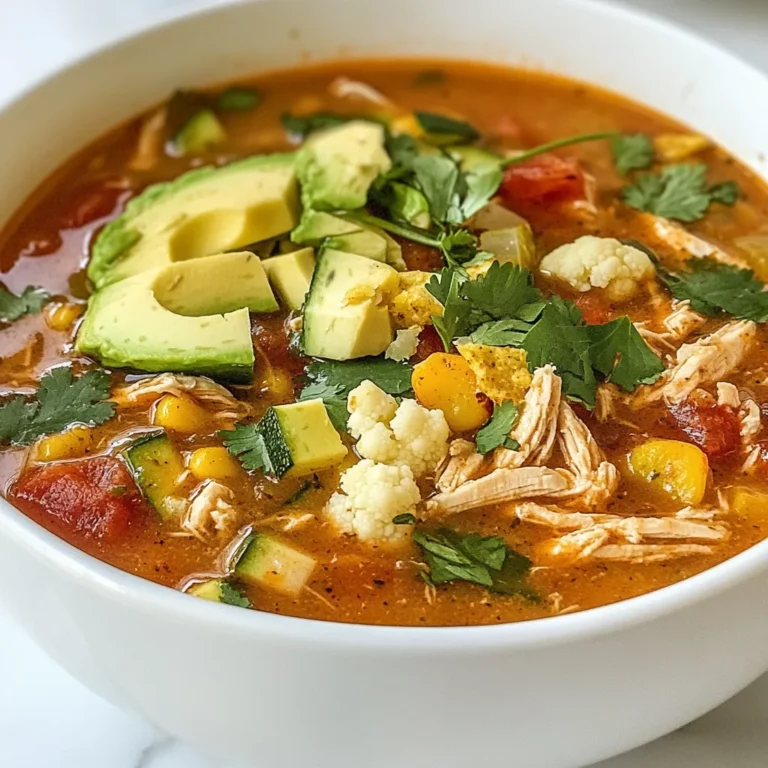 Die Hauptzutaten machen die Suppe frisch und lecker. Hier ist, was du brauchst: - 2 Hähnchenbrustfilets, entbeint und ohne Haut - 1 Esslöffel Olivenöl - 1 mittelgroße Zwiebel, gewürfelt - 3 Knoblauchzehen, fein gehackt - 1 Paprika, gewürfelt (jede Farbe nach Wahl) - 1 Dose (410 g) gewürfelte Tomaten, mit Saft - 1 Liter Hühnerbrühe - 1 Tasse Zucchini, gewürfelt - 1 Tasse Blumenkohlröschen Diese Zutaten sind einfach zu finden und sehr nahrhaft. Sie geben der Suppe einen tollen Geschmack und eine schöne Konsistenz. Die Gewürze machen die Suppe besonders schmackhaft. Du benötigst: - 1 Teelöffel Kreuzkümmel - 1 Teelöffel Paprika - 1 Teelöffel Chili-Pulver - Salz und Pfeffer nach Geschmack Diese Gewürze bringen Wärme und Tiefe in die Suppe. Sie sind auch gesund und fügen viele Aromen hinzu. Das Topping macht die Suppe noch besser. Hier sind meine Vorschläge: - 1 Tasse frischer Koriander, gehackt - 1 Avocado, gewürfelt (zum Garnieren) - 1 Limette, in Spalten geschnitten (zum Servieren) - Zerbröselte Tortilla-Chips (low carb) zur Dekoration Mit diesen Toppings wird deine Suppe nicht nur schön aussehen, sondern auch frisch schmecken. Die Avocado bringt Cremigkeit, während die Limette einen frischen Kick gibt. {{ingredient_image_2}} Zuerst erhitze ich das Olivenöl in einem großen Topf. Ich stelle die Hitze auf mittel. Dann gebe ich die gewürfelte Zwiebel hinein. Nach etwa drei bis vier Minuten ist die Zwiebel glasig. Jetzt füge ich den gehackten Knoblauch und die gewürfelte Paprika hinzu. Ich brate alles für zwei Minuten. Das Gemüse wird weich, und die Aromen steigen auf. Als nächstes lege ich die Hähnchenbrustfilets in den Topf. Dann kommen die gewürfelten Tomaten dazu. Ich schütte die Hühnerbrühe in den Topf und füge die Gewürze hinzu: Kreuzkümmel, Paprika, Chili-Pulver, Salz und Pfeffer. Ich rühre alles gut um. Jetzt bringe ich die Mischung zum Kochen. Dann reduziere ich die Hitze und decke den Topf ab. Die Suppe köchelt 20 bis 25 Minuten, bis das Hähnchen durchgegart ist. Ich nehme das Hähnchen aus dem Topf und zerkleinere es mit zwei Gabeln. Das zerkleinerte Hähnchen kommt zurück in die Suppe. Jetzt füge ich die gewürfelte Zucchini und die Blumenkohlröschen hinzu. Ich lasse die Suppe noch 10 bis 15 Minuten köcheln, bis das Gemüse zart ist. Kurz vor dem Servieren rühre ich den frischen Koriander unter. Ich schmecke die Suppe ab und würze nach Belieben. Dann serviere ich die Suppe heiß in Schalen. Ich dekoriere sie mit Avocado und zerbröselten Tortilla-Chips. Eine Limettenspalte gebe ich an die Seite für extra Frische. Um die perfekte Konsistenz zu erreichen, achte auf die Brühe. Sie sollte dick und herzhaft sein. Wenn die Suppe zu dünn ist, lasse sie länger kochen. Das reduziert die Flüssigkeit. Ein weiterer Tipp ist, die Zucchini und den Blumenkohl erst am Ende hinzuzufügen. So bleibt das Gemüse knackig und frisch. Du kannst die Suppe anpassen, um verschiedene Geschmäcker zu treffen. Füge zum Beispiel schwarze Bohnen für mehr Protein hinzu. Wenn du es schärfer magst, gib frische Jalapeños oder scharfe Salsa dazu. Für eine asiatische Note kannst du Ingwer und Sojasauce ausprobieren. Serviere die Suppe in schönen Schalen und dekoriere sie mit frischem Koriander und Avocado. Für besondere Anlässe kannst du die Limettenspalten auf einem hübschen Teller anrichten. Überrasche deine Gäste mit knusprigen, low carb Tortilla-Chips als Beilage. Das macht das Essen noch spannender! Pro Tipps Hähnchen marinieren: Marinieren Sie das Hähnchen einige Stunden vorher in einer Mischung aus Limettensaft, Kreuzkümmel und Paprika für zusätzlichen Geschmack. Gemüse variieren: Fügen Sie zusätzliches Gemüse wie Karotten oder Spinat hinzu, um die Nährstoffe zu erhöhen und die Suppe bunter zu gestalten. Für mehr Schärfe sorgen: Wenn Sie es schärfer mögen, können Sie frische Jalapeños oder eine Prise Cayennepfeffer hinzufügen. Vor dem Servieren abkühlen lassen: Lassen Sie die Suppe nach dem Kochen kurz abkühlen, damit sich die Aromen besser entfalten können. {{image_4}} Möchtest du eine vegetarische Variante der Suppe? Kein Problem! Statt Hähnchen kannst du Kichererbsen oder Tofu verwenden. Diese Zutaten bringen Protein und Geschmack. Du kannst auch mehr Gemüse hinzufügen, wie Karotten oder Spinat. Das macht die Suppe bunter und gesünder. Um deiner Suppe mehr Geschmack zu geben, füge frische Kräuter hinzu. Basilikum oder Thymian passen gut. Auch Jalapeños bringen einen scharfen Kick. Ein Spritzer Limettensaft kurz vor dem Servieren hebt die Aromen. So wird jede Schüssel noch leckerer. Möchtest du die Tortilla-Chips ersetzen? Nutze zerbröckelte Chayote oder Zucchini-Chips. Sie sind lecker und passen perfekt zu dieser Suppe. Alternativ kannst du auch knusprige Kichererbsen verwenden. Diese Optionen sind gesund und halten die Suppe low carb. Um die Suppe frisch zu halten, lasse sie zuerst abkühlen. Fülle sie dann in einen luftdichten Behälter. Stelle sicher, dass du die Suppe innerhalb von drei Tagen verbrauchst. So bleibt der Geschmack gut. Du kannst auch kleine Portionen abfüllen. So hast du eine schnelle Mahlzeit bereit, wann immer du Hunger hast. Wenn du die Suppe länger lagern möchtest, friere sie ein. Verwende gefriergeeignete Behälter oder Beutel. Achte darauf, etwas Platz zu lassen, da die Suppe beim Gefrieren ausdehnt. Sie hält sich bis zu drei Monate im Gefrierfach. Wenn du sie brauchst, lasse die Suppe im Kühlschrank über Nacht auftauen. Um die Reste wieder warm zu machen, stelle einen Topf auf mittlere Hitze. Gib die Suppe hinein und rühre gelegentlich um. Du kannst auch die Mikrowelle verwenden. Stelle die Suppe in eine mikrowellengeeignete Schüssel und wärme sie in Intervallen von einer Minute. Achte darauf, sie gleichmäßig zu erhitzen, damit sie nicht heiß und kalt wird. Füge nach Belieben frische Zutaten hinzu, um den Geschmack aufzufrischen. Ja, die Low Carb Hühner-Tortilla-Suppe ist gesund. Sie enthält mageres Hähnchen und viel Gemüse. Diese Zutaten sind reich an Nährstoffen und Proteinen. Die Suppe hat wenig Kohlenhydrate, was sie ideal für Low-Carb-Diäten macht. Außerdem nutzt sie frische Aromen ohne viel Fett. Ja, du kannst die Suppe im Voraus zubereiten. Sie schmeckt sogar besser, wenn sie über Nacht im Kühlschrank steht. Bereite sie einfach nach dem Rezept vor und lasse sie abkühlen. Fülle sie dann in einen luftdichten Behälter. So sparst du Zeit, wenn du sie servieren möchtest. Die Suppe hält sich bis zu fünf Tage im Kühlschrank. Achte darauf, die Suppe gut abzudecken. Das hält sie frisch und verhindert, dass sie Gerüche aufnimmt. Wenn du sie länger aufbewahren möchtest, friere sie ein. So bleibt der Geschmack erhalten. Zu dieser Suppe passen viele Beilagen. Du kannst frisches Brot oder einen grünen Salat servieren. Auch Guacamole oder saure Sahne sind tolle Ergänzungen. Zerbröselte Tortilla-Chips bringen einen knusprigen Effekt. Die Limettenspalten geben einen frischen Kick beim Servieren. Die Low Carb Hühner-Tortilla-Suppe ist einfach zuzubereiten und lecker. Wir haben die Hauptzutaten, Gewürze und tolle Toppings besprochen. Die Schritt-für-Schritt-Anleitung macht das Kochen leicht, egal ob du Anfänger oder Profi bist. Tipps zur Konsistenz und Variationen bieten dir viele Möglichkeiten. Auch die Aufbewahrung und einige häufige Fragen wurden behandelt. Die Suppe ist gesund und perfekt für verschiedene Gelegenheiten. Probiere sie aus und genieße jeden Löffel!