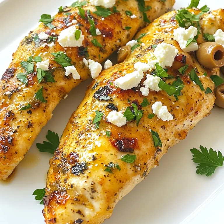 - 450 g Hähnchenstreifen - 120 g griechischer Joghurt (natur) - 75 g Fetakäse, zerbröckelt - 30 g Kalamata-Oliven, gehackt Die Hauptzutaten sind einfach zu finden. Hähnchenstreifen sind zart und saftig. Griechischer Joghurt macht die Marinade cremig. Fetakäse bringt einen salzigen, würzigen Geschmack. Kalamata-Oliven fügen eine tolle Textur und Tiefe hinzu. Diese Zutaten machen das Gericht besonders und lecker. - 30 ml Olivenöl - 2 Knoblauchzehen, fein gehackt - 1 Teelöffel getrockneter Oregano - 1 Teelöffel getrockneter Thymian - 1 Teelöffel Paprika - Saft von 1 Zitrone - Salz und Pfeffer nach Geschmack Die Gewürze sind der Schlüssel zu einem tollen Geschmack. Olivenöl sorgt für eine schöne Konsistenz. Knoblauch macht alles würziger. Oregano und Thymian bringen mediterrane Aromen. Paprika gibt Farbe und einen milden Geschmack. Zitronensaft fügt Frische hinzu. Vergessen Sie nicht, mit Salz und Pfeffer abzuschmecken! Diese Marinade macht das Hähnchen besonders aromatisch. {{ingredient_image_2}} Um die Marinade zu machen, nimm eine mittelgroße Schüssel. Gib dort griechischen Joghurt, Olivenöl und die fein gehackten Knoblauchzehen hinein. Füge getrockneten Oregano, Thymian und Paprika hinzu. Presse den Saft einer Zitrone hinein. Schmecke die Mischung mit Salz und Pfeffer ab. Rühre alles gut um, bis eine glatte Marinade entsteht. Lass die Marinade mindestens 30 Minuten ziehen. Je länger du die Hähnchenstreifen marinierst, desto intensiver wird der Geschmack. Du kannst sie auch bis zu 2 Stunden im Kühlschrank lassen, um mehr Aroma zu bekommen. Nimm die Hähnchenstreifen und lege sie in die vorbereitete Marinade. Stelle sicher, dass alle Streifen gut bedeckt sind. Das sorgt für viel Geschmack. Decke die Schüssel ab und stelle sie in den Kühlschrank. Die Zeit im Kühlschrank ist wichtig. Sie hilft, die Aromen tief in das Hähnchen einzuziehen. Wenn du mehr Zeit hast, lass sie länger marinieren. Heize den Ofen auf 200 °C vor. Lege ein Backblech mit Backpapier aus. Nimm die Hähnchenstreifen aus der Marinade und lege sie gleichmäßig auf das Backblech. Streue den zerbröckelten Fetakäse und die gehackten Kalamata-Oliven über die Hähnchenstreifen. Das gibt zusätzlichen Geschmack und macht das Gericht hübsch. Backe das Hähnchen für 20-25 Minuten. Es sollte durchgegart und die Oberseite goldbraun sein. Nach dem Backen lass die Hähnchenstreifen ein paar Minuten ruhen, bevor du sie servierst. Um das Beste aus deinen Mediterranen Hähnchenstreifen herauszuholen, mariniere sie gut. Die empfohlene Marinierzeit beträgt mindestens 30 Minuten. Für den besten Geschmack lasse sie bis zu 2 Stunden im Kühlschrank. So ziehen die Aromen besser in das Hähnchen ein. Varianten der Marinade sind auch möglich. Du kannst zum Beispiel frische Kräuter wie Basilikum oder Minze hinzufügen. Ein Schuss Honig oder Senf kann auch für eine süßere Note sorgen. Experimentiere mit deinen Lieblingszutaten! Beim Backen ist es wichtig, das Austrocknen des Hähnchens zu vermeiden. Achte darauf, die Stücke gleichmäßig auf dem Backblech zu verteilen. So garen sie besser. Die richtige Temperatur ist ebenfalls wichtig. Backe bei 200 °C für saftige Hähnchenstreifen. Auch die Backzeit spielt eine Rolle. Nach 20-25 Minuten sollte das Hähnchen durchgegart und leicht goldbraun sein. Lass es nach dem Backen ein paar Minuten ruhen. So bleiben die Säfte im Fleisch. Die besten Beilagen zu Hähnchenstreifen sind frischer Salat oder geröstetes Gemüse. Auch Reis oder Quinoa passen gut dazu. Diese Beilagen runden das Gericht ab und bringen mehr Farbe auf den Tisch. Für eine schöne Präsentation lege die Hähnchenstreifen auf einen großen Teller. Garniere sie mit frischer Petersilie und etwas zerbröckeltem Feta. So sieht das Gericht nicht nur lecker aus, sondern schmeckt auch so! Pro Tipps Marinierzeit maximieren: Lassen Sie das Hähnchen mindestens 2 Stunden in der Marinade ziehen, um den Geschmack zu intensivieren. Fetakäse-Variationen: Probieren Sie anstelle von Fetakäse auch Ziegenkäse oder einen würzigen Schafskäse für eine andere Geschmacksrichtung. Frische Kräuter hinzufügen: Fügen Sie vor dem Servieren frische Minze oder Basilikum hinzu, um einen zusätzlichen mediterranen Kick zu geben. Beilage-Tipps: Servieren Sie die Hähnchenstreifen mit einem frischen Salat oder Fladenbrot für eine komplette Mahlzeit. {{image_4}} Wenn du kein Fleisch magst, ist Tofu eine tolle Wahl. Tofu nimmt die Marinade gut auf. Du kannst auch Gemüse wie Zucchini, Paprika oder Auberginen verwenden. Schneide sie in Streifen, um die Form der Hähnchenstreifen zu imitieren. Die Marinade bleibt gleich, aber du kannst die Zutaten anpassen. Zum Beispiel, verwende etwas mehr Zitronensaft für einen frischen Geschmack. Die Gewürze sind der Schlüssel zu diesem Rezept. Du kannst andere Kräuter wie Basilikum oder Rosmarin probieren. Auch Kreuzkümmel oder Chili geben einen neuen Kick. Experimentiere mit den Mengen, um deinen Geschmack zu treffen. Wenn du es lieber mild magst, reduziere einfach die schärferen Gewürze. Beilagen machen dein Gericht noch besser. Serviere die Hähnchenstreifen mit einem frischen Salat. Couscous oder Quinoa sind auch gute Optionen. Du kannst auch geröstetes Gemüse oder Reis dazugeben. Diese Kombinationen passen perfekt zu den mediterranen Aromen. Denke daran, dass eine bunte Präsentation das Essen noch ansprechender macht. Für die Aufbewahrung von übrig gebliebenem Hähnchen empfehle ich, luftdichte Behälter zu wählen. Diese verhindern, dass Luft eindringt und die Qualität beeinträchtigt. Vermeide es, das Hähnchen in Plastikfolie zu wickeln, da dies die Feuchtigkeit festhält und das Fleisch weich macht. - Kühle das Hähnchen innerhalb von zwei Stunden nach dem Kochen. - Im Kühlschrank bleibt es etwa drei bis vier Tage frisch. - Wenn du die Hähnchenstreifen länger aufbewahren möchtest, friere sie ein. Im Gefrierfach bleiben sie bis zu drei Monate gut. Achte darauf, sie in portionsgerechte Stücke zu teilen. So kannst du sie einfach entnehmen. Um übrig gebliebenes Hähnchen aufzuwärmen, nutze den Ofen oder die Mikrowelle. Der Ofen sorgt dafür, dass das Hähnchen knusprig bleibt. Heize den Ofen auf 180 °C vor. Lege die Hähnchenstreifen auf ein Backblech und erwärme sie etwa 10 bis 15 Minuten. Möchtest du die Mikrowelle nutzen, lege das Hähnchen auf einen mikrowellengeeigneten Teller. Decke es mit einem feuchten Papiertuch ab, um die Feuchtigkeit zu halten. Erwärme es in kurzen Intervallen, bis es heiß ist. So bleibt die Textur besser erhalten. Beachte, dass frisches Hähnchen immer die beste Qualität hat. Wenn das Hähnchen einen unangenehmen Geruch hat, solltest du es nicht essen. Auch eine schleimige Textur oder verfärbte Stellen sind Anzeichen für Verderb. Achte darauf, das Hähnchen immer gut zu lagern. So bleibt es frisch und schmackhaft! Die Haltbarkeit hängt von der Lagerung ab. Im Kühlschrank halten sie bis zu 3 Tage. Stelle sicher, dass du sie in einem luftdichten Behälter aufbewahrst. Im Gefrierschrank kannst du sie bis zu 3 Monate lagern. Achte darauf, sie gut einzupacken, damit sie nicht austrocknen. Ja, du kannst die Marinade im Voraus zubereiten. Das ist eine tolle Möglichkeit, Zeit zu sparen. Mische einfach alle Zutaten und bewahre sie im Kühlschrank auf. Du kannst die Marinade bis zu 2 Tage vorher machen. Das gibt den Aromen Zeit, sich zu entfalten. Für die perfekte Mahlzeit passen viele Beilagen. Hier sind einige Vorschläge: - Gegrilltes Gemüse: Paprika, Zucchini und Auberginen sind ideal. - Reis: Ein einfacher Zitronenreis passt gut. - Salat: Ein frischer griechischer Salat ergänzt die Aromen. - Pita-Brot: Das ist perfekt, um die Marinade aufzusaugen. Diese Kombinationen bringen den mediterranen Geschmack zur Geltung und runden dein Gericht ab. Zusammenfassend haben wir die besten Zutaten und Techniken für mediterrane Hähnchenstreifen besprochen. Die Wahl von Hähnchenstreifen, frischem Joghurt und leckeren Gewürzen ist entscheidend. Die richtige Marinade bringt den Geschmack voll zur Geltung. Achten Sie auch auf die Backzeit, um das Fleisch saftig zu halten. Variationen mit Tofu oder anderen Kräutern steigern die Chancen, neue Lieblingsgerichte zu entdecken. Nutzen Sie diese Tipps für eine schmackhafte Mahlzeit!