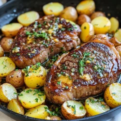 - 2 Ribeye-Steaks (ca. 2,5 cm dick) - 450 g Baby Yukon Gold Kartoffeln, halbiert - 4 Essl&ouml;ffel ungesalzene Butter - 4 Knoblauchzehen, fein gehackt - 1 Teel&ouml;ffel frische Thymianbl&auml;tter (oder &frac12; Teel&ouml;ffel getrockneter Thymian) - 1 Teel&ouml;ffel frischer Rosmarin, gehackt (oder &frac12; Teel&ouml;ffel getrockneter Rosmarin) - 1 Teel&ouml;ffel ger&auml;uchertes Paprikapulver - Salz und Pfeffer nach Geschmack - 2 Essl&ouml;ffel Oliven&ouml;l - Frische Petersilie, gehackt (zur Garnitur) W&auml;hle frische Ribeye-Steaks mit einer sch&ouml;nen Marmorierung. Diese Steaks sind saftig und zart. Achte darauf, dass die Kartoffeln fest und ohne Flecken sind. Yukon Gold Kartoffeln sind ideal, da sie s&uuml;&szlig; und cremig sind. Verwende frische Kr&auml;uter, wenn m&ouml;glich. Sie geben mehr Geschmack als getrocknete Kr&auml;uter. Frischer Knoblauch sorgt f&uuml;r das beste Aroma in der Butter. F&uuml;r eine magere Option kannst du H&auml;hnchenbrust oder Lamm verwenden. Wenn du glutenfrei kochen m&ouml;chtest, sind alle Zutaten sicher. F&uuml;r eine vegane Version tausche die Butter gegen pflanzliche Margarine aus und lasse die Steaks weg. Du kannst auch Tofu oder Tempeh anstelle von Fleisch verwenden. {{ingredient_image_2}} Zuerst bereiten wir die Kartoffeln vor. Nimm eine gro&szlig;e Pfanne und erhitze 1 Essl&ouml;ffel Oliven&ouml;l bei mittlerer Hitze. Halbiere die Baby Yukon Gold Kartoffeln. Lege sie mit der Schnittseite nach unten in die Pfanne. W&uuml;rze sie mit Salz und Pfeffer. Brate die Kartoffeln etwa 10-12 Minuten. Sie sollten goldbraun und zart sein. Nimm sie dann aus der Pfanne und stelle sie beiseite. Jetzt kommt der aufregende Teil: das Anbraten der Steaks. F&uuml;ge 1 Essl&ouml;ffel Oliven&ouml;l in die Pfanne hinzu. Erh&ouml;he die Hitze auf mittelhoch. W&uuml;rze die Ribeye-Steaks mit Salz, Pfeffer und ger&auml;uchertem Paprikapulver. Brate die Steaks etwa 4-5 Minuten auf jeder Seite. Sie sollten medium-rare oder nach deinem Wunsch gar sein. Nimm die Steaks aus der Pfanne und lass sie auf einem Teller ruhen. In derselben Pfanne senke die Hitze auf mittlere Stufe. F&uuml;ge die 4 Essl&ouml;ffel Butter, den gehackten Knoblauch, den Thymian und den Rosmarin hinzu. Lass die Butter schmelzen. Brate den Knoblauch 1-2 Minuten an. Achte darauf, dass der Knoblauch nicht anbrennt. Der Duft wird k&ouml;stlich sein! Um Steak perfekt zu garen, nutze ein Fleischthermometer. F&uuml;r medium-rare sollte die Innentemperatur bei 57&deg;C liegen. Lass das Steak nach dem Braten ruhen. So verteilen sich die S&auml;fte besser. Verwende frische Kr&auml;uter wie Thymian und Rosmarin. Diese geben deinem Gericht viel Geschmack. Au&szlig;erdem ist ger&auml;uchertes Paprikapulver ein echter Geheimtipp. Es f&uuml;gt eine tolle Tiefe hinzu. Achte darauf, den Knoblauch nicht zu verbrennen. Das kann bitter schmecken. Eine gro&szlig;e Pfanne ist wichtig f&uuml;r die Zubereitung. Du brauchst auch einen guten Spatel, um das Steak und die Kartoffeln zu wenden. Ein Fleischthermometer hilft dir, die perfekte Garstufe zu erreichen. Au&szlig;erdem solltest du ein scharfes Messer haben, um das Steak leicht in Scheiben zu schneiden. Pro Tipps Richtige Temperatur: Stellen Sie sicher, dass die Steaks Zimmertemperatur haben, bevor Sie sie in die Pfanne geben. Das gew&auml;hrleistet eine gleichm&auml;&szlig;ige Garung. Kartoffeln vorab kochen: Um die Garzeit zu verk&uuml;rzen, k&ouml;nnen Sie die Kartoffeln f&uuml;r ein paar Minuten in Salzwasser vorkochen, bevor Sie sie anbraten. Guten Knoblauch verwenden: Frischer Knoblauch hat einen intensiveren Geschmack als getrockneter. Achten Sie darauf, ihn nicht zu lange zu braten, um einen bitteren Geschmack zu vermeiden. Ruhen lassen: Nach dem Braten sollten die Steaks einige Minuten ruhen, damit sich die S&auml;fte setzen k&ouml;nnen und das Fleisch zarter wird. {{image_4}} Willst du eine vegetarische Version? Du kannst die Steaks durch Portobello-Pilze ersetzen. Diese Pilze sind fleischig und geben viel Geschmack. Brate sie wie die Steaks an, bis sie weich sind. Verwende auch mehr Kartoffeln oder f&uuml;ge Gem&uuml;se wie Zucchini oder Paprika hinzu. So hast du ein buntes Gericht. F&uuml;r mehr Geschmack probiere verschiedene Gew&uuml;rze. F&uuml;ge zum Beispiel Knoblauchpulver oder Zwiebelpulver hinzu. Eine Prise Cayennepfeffer bringt Sch&auml;rfe. Du kannst auch italienische Kr&auml;uter wie Oregano oder Basilikum verwenden. Sei kreativ und finde deine Lieblingskombination! M&ouml;chtest du noch mehr Geschmack? F&uuml;ge K&auml;se hinzu! Parmesan oder Feta passt gut. Streue ihn &uuml;ber das Gericht, bevor du es servierst. Auch ein Spritzer Zitronensaft kann die Aromen heben. Denk an ger&ouml;stete N&uuml;sse oder Samen f&uuml;r einen knusprigen Biss. Wenn du Reste von deinem Knoblauchbutter Steak und Kartoffeln hast, lass sie zuerst abk&uuml;hlen. Danach lege sie in einen luftdichten Beh&auml;lter. Du kannst sie im K&uuml;hlschrank aufbewahren. So bleiben die Aromen frisch. Du kannst die Reste auch in Portionen teilen. So hast du immer eine schnelle Mahlzeit zur Hand. Um das Gericht aufzuw&auml;rmen, nutze eine Pfanne. Erhitze sie bei mittlerer Hitze. F&uuml;ge ein wenig Butter oder &Ouml;l hinzu. Lege die Reste in die Pfanne. Wende sie sanft, bis sie durchw&auml;rmen. So bleibt der Geschmack gut erhalten. Du kannst auch die Mikrowelle nutzen. Decke die Reste ab, um ein Austrocknen zu vermeiden. Erhitze sie in kurzen Intervallen. Im K&uuml;hlschrank sind die Reste etwa drei Tage haltbar. Wenn du sie l&auml;nger aufbewahren willst, friere sie ein. Im Gefrierschrank bleiben sie bis zu drei Monate frisch. Achte darauf, die Reste gut zu verpacken. Nutze gefriergeeignete Beh&auml;lter oder Beutel. So vermeidest du Gefrierbrand. Die Zubereitung von Knoblauchbutter Steak und Kartoffeln dauert insgesamt etwa 30 Minuten. Davon sind 10 Minuten f&uuml;r die Vorbereitung und 20 Minuten f&uuml;r das Kochen n&ouml;tig. Du kannst alles in einer gro&szlig;en Pfanne machen, was Zeit spart. Ja, du kannst das Rezept im Voraus zubereiten. Koche die Kartoffeln und das Steak. Lass sie abk&uuml;hlen und bewahre sie im K&uuml;hlschrank auf. Wenn du bereit bist zu essen, erhitze alles in der Pfanne mit der Knoblauchbutter. So sparst du Zeit und hast ein schnelles Abendessen. Zu diesem Gericht passen viele Beilagen. Hier sind einige leckere Ideen: - Gegrilltes Gem&uuml;se - Ein frischer gr&uuml;ner Salat - Knoblauchbrot - Ged&uuml;nsteter Brokkoli Diese Beilagen erg&auml;nzen die Aromen des Steaks und der Kartoffeln perfekt. Das Rezept f&uuml;r Knoblauchbutter-Steak mit Kartoffeln ist einfach und lecker. Wir haben die besten Zutaten ausgew&auml;hlt und Tipps gegeben, um diese optimal auszuw&auml;hlen. Eine Schritt-f&uuml;r-Schritt-Anleitung sorgt daf&uuml;r, dass Sie keine Fehler machen. Ich teile Tricks f&uuml;r die perfekte Garstufe und wie Sie den Geschmack maximieren. Von vegetarischen Alternativen bis zur richtigen Lagerung sind alle Informationen hier. Kochen Sie bald und genie&szlig;en Sie dieses Gericht! Es wird Ihnen und Ihren G&auml;sten sicher gefallen.