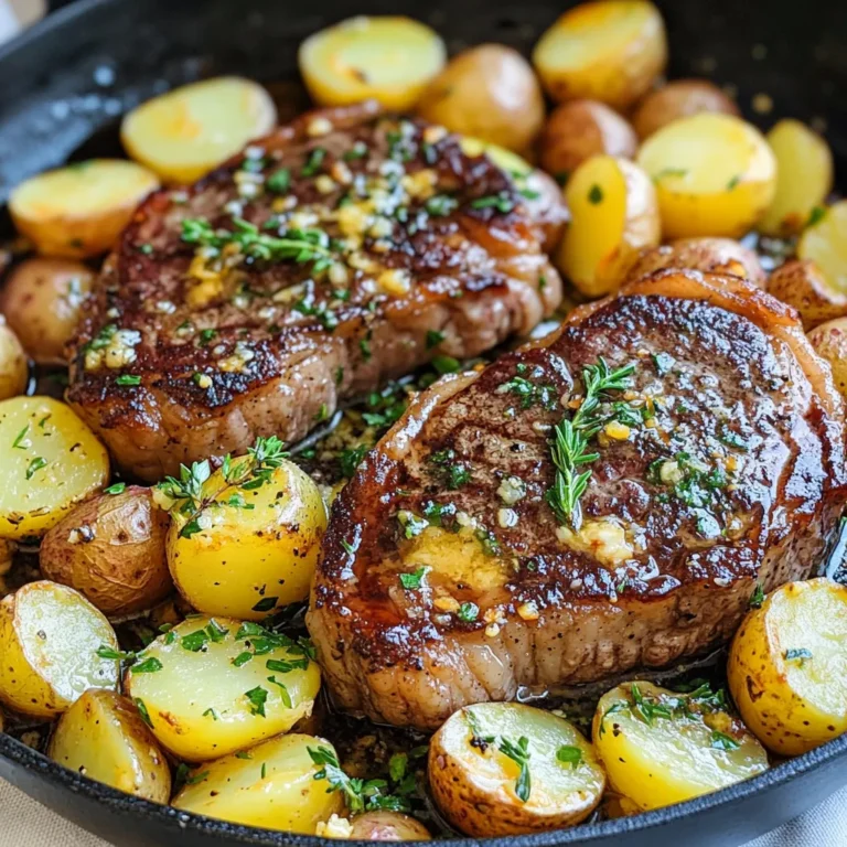 - 2 Ribeye-Steaks (ca. 2,5 cm dick) - 450 g Baby Yukon Gold Kartoffeln, halbiert - 4 Esslöffel ungesalzene Butter - 4 Knoblauchzehen, fein gehackt - 1 Teelöffel frische Thymianblätter (oder ½ Teelöffel getrockneter Thymian) - 1 Teelöffel frischer Rosmarin, gehackt (oder ½ Teelöffel getrockneter Rosmarin) - 1 Teelöffel geräuchertes Paprikapulver - Salz und Pfeffer nach Geschmack - 2 Esslöffel Olivenöl - Frische Petersilie, gehackt (zur Garnitur) Wähle frische Ribeye-Steaks mit einer schönen Marmorierung. Diese Steaks sind saftig und zart. Achte darauf, dass die Kartoffeln fest und ohne Flecken sind. Yukon Gold Kartoffeln sind ideal, da sie süß und cremig sind. Verwende frische Kräuter, wenn möglich. Sie geben mehr Geschmack als getrocknete Kräuter. Frischer Knoblauch sorgt für das beste Aroma in der Butter. Für eine magere Option kannst du Hähnchenbrust oder Lamm verwenden. Wenn du glutenfrei kochen möchtest, sind alle Zutaten sicher. Für eine vegane Version tausche die Butter gegen pflanzliche Margarine aus und lasse die Steaks weg. Du kannst auch Tofu oder Tempeh anstelle von Fleisch verwenden. {{ingredient_image_2}} Zuerst bereiten wir die Kartoffeln vor. Nimm eine große Pfanne und erhitze 1 Esslöffel Olivenöl bei mittlerer Hitze. Halbiere die Baby Yukon Gold Kartoffeln. Lege sie mit der Schnittseite nach unten in die Pfanne. Würze sie mit Salz und Pfeffer. Brate die Kartoffeln etwa 10-12 Minuten. Sie sollten goldbraun und zart sein. Nimm sie dann aus der Pfanne und stelle sie beiseite. Jetzt kommt der aufregende Teil: das Anbraten der Steaks. Füge 1 Esslöffel Olivenöl in die Pfanne hinzu. Erhöhe die Hitze auf mittelhoch. Würze die Ribeye-Steaks mit Salz, Pfeffer und geräuchertem Paprikapulver. Brate die Steaks etwa 4-5 Minuten auf jeder Seite. Sie sollten medium-rare oder nach deinem Wunsch gar sein. Nimm die Steaks aus der Pfanne und lass sie auf einem Teller ruhen. In derselben Pfanne senke die Hitze auf mittlere Stufe. Füge die 4 Esslöffel Butter, den gehackten Knoblauch, den Thymian und den Rosmarin hinzu. Lass die Butter schmelzen. Brate den Knoblauch 1-2 Minuten an. Achte darauf, dass der Knoblauch nicht anbrennt. Der Duft wird köstlich sein! Um Steak perfekt zu garen, nutze ein Fleischthermometer. Für medium-rare sollte die Innentemperatur bei 57°C liegen. Lass das Steak nach dem Braten ruhen. So verteilen sich die Säfte besser. Verwende frische Kräuter wie Thymian und Rosmarin. Diese geben deinem Gericht viel Geschmack. Außerdem ist geräuchertes Paprikapulver ein echter Geheimtipp. Es fügt eine tolle Tiefe hinzu. Achte darauf, den Knoblauch nicht zu verbrennen. Das kann bitter schmecken. Eine große Pfanne ist wichtig für die Zubereitung. Du brauchst auch einen guten Spatel, um das Steak und die Kartoffeln zu wenden. Ein Fleischthermometer hilft dir, die perfekte Garstufe zu erreichen. Außerdem solltest du ein scharfes Messer haben, um das Steak leicht in Scheiben zu schneiden. Pro Tipps Richtige Temperatur: Stellen Sie sicher, dass die Steaks Zimmertemperatur haben, bevor Sie sie in die Pfanne geben. Das gewährleistet eine gleichmäßige Garung. Kartoffeln vorab kochen: Um die Garzeit zu verkürzen, können Sie die Kartoffeln für ein paar Minuten in Salzwasser vorkochen, bevor Sie sie anbraten. Guten Knoblauch verwenden: Frischer Knoblauch hat einen intensiveren Geschmack als getrockneter. Achten Sie darauf, ihn nicht zu lange zu braten, um einen bitteren Geschmack zu vermeiden. Ruhen lassen: Nach dem Braten sollten die Steaks einige Minuten ruhen, damit sich die Säfte setzen können und das Fleisch zarter wird. {{image_4}} Willst du eine vegetarische Version? Du kannst die Steaks durch Portobello-Pilze ersetzen. Diese Pilze sind fleischig und geben viel Geschmack. Brate sie wie die Steaks an, bis sie weich sind. Verwende auch mehr Kartoffeln oder füge Gemüse wie Zucchini oder Paprika hinzu. So hast du ein buntes Gericht. Für mehr Geschmack probiere verschiedene Gewürze. Füge zum Beispiel Knoblauchpulver oder Zwiebelpulver hinzu. Eine Prise Cayennepfeffer bringt Schärfe. Du kannst auch italienische Kräuter wie Oregano oder Basilikum verwenden. Sei kreativ und finde deine Lieblingskombination! Möchtest du noch mehr Geschmack? Füge Käse hinzu! Parmesan oder Feta passt gut. Streue ihn über das Gericht, bevor du es servierst. Auch ein Spritzer Zitronensaft kann die Aromen heben. Denk an geröstete Nüsse oder Samen für einen knusprigen Biss. Wenn du Reste von deinem Knoblauchbutter Steak und Kartoffeln hast, lass sie zuerst abkühlen. Danach lege sie in einen luftdichten Behälter. Du kannst sie im Kühlschrank aufbewahren. So bleiben die Aromen frisch. Du kannst die Reste auch in Portionen teilen. So hast du immer eine schnelle Mahlzeit zur Hand. Um das Gericht aufzuwärmen, nutze eine Pfanne. Erhitze sie bei mittlerer Hitze. Füge ein wenig Butter oder Öl hinzu. Lege die Reste in die Pfanne. Wende sie sanft, bis sie durchwärmen. So bleibt der Geschmack gut erhalten. Du kannst auch die Mikrowelle nutzen. Decke die Reste ab, um ein Austrocknen zu vermeiden. Erhitze sie in kurzen Intervallen. Im Kühlschrank sind die Reste etwa drei Tage haltbar. Wenn du sie länger aufbewahren willst, friere sie ein. Im Gefrierschrank bleiben sie bis zu drei Monate frisch. Achte darauf, die Reste gut zu verpacken. Nutze gefriergeeignete Behälter oder Beutel. So vermeidest du Gefrierbrand. Die Zubereitung von Knoblauchbutter Steak und Kartoffeln dauert insgesamt etwa 30 Minuten. Davon sind 10 Minuten für die Vorbereitung und 20 Minuten für das Kochen nötig. Du kannst alles in einer großen Pfanne machen, was Zeit spart. Ja, du kannst das Rezept im Voraus zubereiten. Koche die Kartoffeln und das Steak. Lass sie abkühlen und bewahre sie im Kühlschrank auf. Wenn du bereit bist zu essen, erhitze alles in der Pfanne mit der Knoblauchbutter. So sparst du Zeit und hast ein schnelles Abendessen. Zu diesem Gericht passen viele Beilagen. Hier sind einige leckere Ideen: - Gegrilltes Gemüse - Ein frischer grüner Salat - Knoblauchbrot - Gedünsteter Brokkoli Diese Beilagen ergänzen die Aromen des Steaks und der Kartoffeln perfekt. Das Rezept für Knoblauchbutter-Steak mit Kartoffeln ist einfach und lecker. Wir haben die besten Zutaten ausgewählt und Tipps gegeben, um diese optimal auszuwählen. Eine Schritt-für-Schritt-Anleitung sorgt dafür, dass Sie keine Fehler machen. Ich teile Tricks für die perfekte Garstufe und wie Sie den Geschmack maximieren. Von vegetarischen Alternativen bis zur richtigen Lagerung sind alle Informationen hier. Kochen Sie bald und genießen Sie dieses Gericht! Es wird Ihnen und Ihren Gästen sicher gefallen.