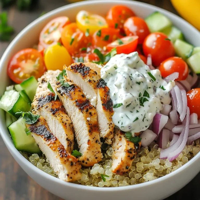 Für die Hühnchen Gyro Power Bowls brauchen Sie einige Hauptzutaten. Diese sind: - 2 Hähnchenbrustfilets ohne Haut und Knochen - 2 Esslöffel Olivenöl - 2 Tassen gekochter Quinoa Diese Zutaten bilden die Basis des Gerichts. Das Hähnchen bringt Protein, während der Quinoa viele Nährstoffe hat. Die Gewürze machen das Gericht besonders lecker. Hier sind die wichtigsten Gewürze, die Sie benötigen: - 1 Esslöffel Knoblauchpulver - 1 Esslöffel getrockneter Oregano - 1 Teelöffel Kreuzkümmel - Salz und Pfeffer nach Geschmack Mischen Sie Olivenöl, Knoblauchpulver, Oregano, Kreuzkümmel, Salz und Pfeffer für die Marinade. Marinieren Sie das Hähnchen mindestens 30 Minuten, um den vollen Geschmack zu erreichen. Frische Zutaten bringen Farbe und Geschmack in die Bowls. Hier sind die frischen Zutaten, die Sie brauchen: - 1 Tasse Kirschtomaten, halbiert - 1 Gurke, gewürfelt - 1 rote Zwiebel, dünn geschnitten - 1/4 Tasse Feta-Käse, zerbröselt - 1/4 Tasse Tzatziki-Sauce - Frische Petersilie, gehackt (zum Garnieren) Diese Toppings machen die Bowls nicht nur schmackhaft, sondern auch schön anzusehen. Sie können gerne Variationen hinzufügen, um Ihre Bowls noch interessanter zu gestalten. {{ingredient_image_2}} Zuerst kümmern wir uns um das Hähnchen. Du brauchst zwei Hähnchenbrustfilets ohne Haut. In einer großen Schüssel mischst du zwei Esslöffel Olivenöl, einen Esslöffel Knoblauchpulver, einen Esslöffel Oregano, einen Teelöffel Kreuzkümmel, sowie Salz und Pfeffer. Gib die Hähnchenbrustfilets in die Schüssel. Wende sie gut, damit sie gleichmäßig mariniert werden. Lass sie dann mindestens 30 Minuten im Kühlschrank ruhen. Für mehr Geschmack kannst du sie bis zu zwei Stunden marinieren. Während das Hähnchen mariniert, bereitest du den Quinoa vor. Wenn du ihn noch nicht gekocht hast, bringe zwei Tassen Wasser zum Kochen. Füge eine Tasse Quinoa hinzu und lasse ihn 15 Minuten kochen. Wenn das Wasser verdampft ist, nimm den Topf vom Herd. Lockere den Quinoa mit einer Gabel auf und stelle ihn beiseite. So bleibt er fluffig und lecker. Jetzt geht es ans Zusammenstellen der Power Bowls! In einer großen Schüssel vermengst du den gekochten Quinoa mit einer Tasse halbierten Kirschtomaten, einer gewürfelten Gurke und einer dünn geschnittenen roten Zwiebel. Mische alles sanft, damit die Zutaten gut verteilt sind. Nimm die marinierten Hähnchenbrustfilets vom Kühlschrank. Brate sie in einer heißen Pfanne oder auf dem Grill für 6-7 Minuten pro Seite. Achte darauf, dass die Innentemperatur 75°C erreicht. Nachdem das Hähnchen fertig ist, lasse es kurz ruhen und schneide es in Streifen. Verteile die Quinoa-Mischung gleichmäßig in Schalen. Toppe jede Schale mit den Hähnchenstreifen, zerbröseltem Feta-Käse und einem Klecks Tzatziki-Sauce. Garniere die Bowls mit frisch gehackter Petersilie. So sieht dein Gericht nicht nur gut aus, sondern schmeckt auch fantastisch! Um das Hühnchen zart und geschmackvoll zu machen, wähle die richtige Marinade. Ich benutze Olivenöl, Knoblauchpulver und Oregano. Diese Zutaten bringen viel Geschmack. Lass das Hühnchen mindestens 30 Minuten marinieren. Für den besten Geschmack mariniere es bis zu 2 Stunden. Das macht einen großen Unterschied. Quinoa ist einfach zu kochen. Verwende das Verhältnis von 1 Teil Quinoa zu 2 Teilen Wasser. Bring das Wasser zum Kochen und füge die Quinoa hinzu. Lass sie 15 Minuten köcheln. Wenn sie fertig ist, lockere sie mit einer Gabel auf. Das macht die Quinoa fluffig und lecker. Die Präsentation zählt! Schichte die Zutaten in einer großen Schüssel. So sieht es toll aus. Toppe die Bowls mit zerbröseltem Feta und Tzatziki. Das gibt Frische und Geschmack. Vergiss nicht, frisch gehackte Petersilie für die Garnitur zu verwenden. Sie bringt Farbe und einen extra Kick. Pro Tipps Marinade länger einziehen lassen: Je länger das Hähnchen in der Marinade bleibt, desto intensiver wird der Geschmack. Ideal sind 2 Stunden im Kühlschrank. Quinoa richtig kochen: Verwenden Sie das Verhältnis von 1 Teil Quinoa zu 2 Teilen Wasser für die perfekte Konsistenz. Lassen Sie die Quinoa nach dem Kochen 5 Minuten ruhen, bevor Sie sie auflockern. Feta-Käse kross anbraten: Braten Sie den Feta-Käse in einer Pfanne an, bis er leicht goldbraun ist. Das verleiht ihm zusätzlichen Geschmack und eine schöne Textur. Frische Kräuter verwenden: Frische Petersilie oder andere Kräuter wie Dill oder Minze verleihen den Bowls eine frische Note und steigern den Geschmack erheblich. {{image_4}} Wenn du auf Fleisch verzichten möchtest, gibt es tolle Alternativen. Du kannst Kichererbsen verwenden. Sie liefern viel Protein und sind sättigend. Gegrilltes Gemüse ist auch eine gute Wahl. Zucchini, Paprika und Auberginen passen perfekt. Mariniere sie genauso wie das Hähnchen. So bekommst du den gleichen Geschmack. Eine weitere Option ist Halloumi-Käse. Er hat eine tolle Konsistenz und ist herzhaft. Für eine glutenfreie Version kannst du Quinoa oder Reis verwenden. Beide sind glutenfrei und eignen sich gut für die Bowls. Achte darauf, dass die Tzatziki-Sauce keine glutenhaltigen Zutaten enthält. Frisches Gemüse wie Gurken und Tomaten ist immer glutenfrei. So bleibt dein Gericht lecker und gesund. Um deine Chicken Gyro Power Bowls zu verfeinern, füge interessante Toppings hinzu. Avocado passt wunderbar und macht die Bowl cremig. Oliven bringen einen herzhaften Geschmack. Du kannst auch frische Kräuter wie Dill oder Minze verwenden. Diese geben einen frischen Kick. Serviere dazu Fladenbrot oder Pita-Brot. Das macht das Essen noch besser. Hühnchen Gyro Power Bowls bleiben frisch, wenn man sie richtig lagert. Stelle sicher, dass du die Schalen in luftdichte Behälter füllst. So bleibt das Hähnchen saftig und das Gemüse knackig. Du kannst die Bowls bis zu drei Tage im Kühlschrank aufbewahren. Achte darauf, die Tzatziki-Sauce separat zu lagern, damit sie nicht die anderen Zutaten durchweichen. Wenn du die Bowls wieder aufwärmen willst, mach das sanft. Du kannst die Zutaten in der Mikrowelle für 1-2 Minuten erwärmen. Achte darauf, das Hähnchen nicht zu überhitzen, damit es trocken wird. Alternativ kannst du die Bowls auch in einer Pfanne bei niedriger Hitze erwärmen. Füge einen kleinen Spritzer Wasser hinzu, um Dampf zu erzeugen. Jede Zutat hat ihre eigene Haltbarkeit. Gekochter Quinoa hält sich etwa eine Woche im Kühlschrank. Frische Kirschtomaten und Gurken sind am besten innerhalb von 3-5 Tagen zu konsumieren. Feta-Käse bleibt bis zu zwei Wochen frisch, solange er gekühlt bleibt. Überprüfe immer auf Anzeichen von Verderb, bevor du die Zutaten verwendest. Mariniere das Hähnchen mindestens 30 Minuten. Für mehr Geschmack, lasse es bis zu 2 Stunden marinieren. Die Marinade zieht dann besser ein. So wird das Hähnchen zart und würzig. Zu Hühnchen Gyro Power Bowls passen viele Beilagen. Hier sind einige Ideen: - Pita-Brot: Perfekt zum Dippen in Tzatziki. - Gegrilltes Gemüse: Eine bunte und gesunde Wahl. - Hummus: Ein leckerer, cremiger Dip. - Oliven: Sie bringen einen salzigen, herzhaften Geschmack. - Salat: Ein frischer grüner Salat passt gut dazu. Ja, du kannst Tzatziki ganz einfach selbst machen. Hier ist mein schnelles Rezept: - 1 Tasse griechischer Joghurt - 1/2 Gurke, gerieben - 1-2 Knoblauchzehen, gehackt - 1 Esslöffel Olivenöl - 1 Esslöffel frischer Dill - Salz und Pfeffer nach Geschmack Mische alle Zutaten gut und lasse es im Kühlschrank ziehen. So wird der Geschmack intensiver. Zusammengefasst haben wir die wichtigsten Zutaten und Schritte für Hühnchen Gyro Power Bowls behandelt. Ich habe Tipps gegeben, wie Sie das Hähnchen perfekt marinieren und das Quinoa zubereiten können. Denken Sie daran, dass Variationen wie vegetarische und glutenfreie Optionen Ihr Gericht noch spannender machen. Mit den richtigen Lagerinformationen bleibt Ihr Essen frisch. Jetzt sind Sie bereit, Ihre eigenen köstlichen Power Bowls zu kreieren! Machen Sie das Kochen einfach und genießen Sie jede Biss.
