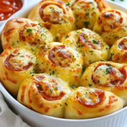 - Gekühlter Pizzateig - Geriebener Mozzarella-Käse - Peperoni Für die perfekte Mischung brauchen wir drei Hauptzutaten. Zuerst nehmen wir eine Dose gekühlten Pizzateig. Der Teig ist einfach zu handhaben und macht den Prozess schnell. Dann brauchen wir eine Tasse geriebenen Mozzarella-Käse. Der Käse schmilzt schön und gibt einen tollen Geschmack. Schließlich sind Peperoni wichtig. Wir verwenden eine halbe Tasse, in Viertel geschnitten. Sie bringen die gewünschte Würze in die Rolle. - Italienische Gewürzmischung - Knoblauchpulver - Olivenöl Um den Geschmack zu verbessern, fügen wir Gewürze hinzu. Eine Teelöffel italienische Gewürzmischung gibt einen tollen Aroma-Mix. Diese Mischung enthält oft Oregano, Basilikum und Thymian. Dann kommt ein halber Teelöffel Knoblauchpulver. Es sorgt für einen herzhaften Kick. Olivenöl spielt auch eine Rolle. Wir brauchen zwei Esslöffel, um die Brötchen zu bestreichen und um sie knusprig zu machen. - Frische Petersilie - Marinara-Sauce - Zerstoßene rote Pfefferflocken Für das Finish nehmen wir frische Petersilie. Ein Esslöffel, gehackt, sorgt für Frische und Farbe. Wir servieren auch Marinara-Sauce. Diese Sauce ist perfekt zum Dippen. Schließlich können wir zerstoßene rote Pfefferflocken hinzufügen. Ein Viertel Teelöffel gibt den Brötchen eine scharfe Note, wenn man das möchte. Diese Garnierungen und Dips machen das Gericht noch besser und einladender. {{ingredient_image_2}} Heize deinen Ofen auf 190°C vor. Das ist wichtig, damit die Brötchen gut werden. Nimm eine Auflaufform und fetten sie leicht ein. Du kannst Backspray oder Olivenöl verwenden. So kleben die Brötchen nicht fest. Entrolle den gekühlten Pizzateig auf einer sauberen Fläche. Schneide den Teig in kleine Quadrate, etwa 4 cm groß. Mische in einer großen Schüssel die geschnittenen Peperoni, den geriebenen Mozzarella-Käse, die italienische Gewürzmischung und das Knoblauchpulver. Wenn du es scharf magst, füge die zerstoßenen roten Pfefferflocken hinzu. Rühre alles gut durch. Nimm ein Teigquadrat. Gib einen Löffel der Käse- und Peperonimischung in die Mitte. Kneife die Ecken zusammen, um eine Kugel zu formen. Wiederhole das mit allen Teigquadraten. Bestreiche den Boden der Auflaufform leicht mit Olivenöl. Lege die gefüllten Teigbällchen in einer einzigen Schicht hinein. Gieße die Marinara-Sauce gleichmäßig über die Brötchen. Decke die Form mit Aluminiumfolie ab und backe sie für 20 Minuten. Entferne dann die Folie und backe weitere 10-15 Minuten, bis die Oberseite goldbraun ist. Lass die Brötchen kurz abkühlen. Garniere sie mit frischer Petersilie und serviere extra Marinara-Sauce zum Dippen. Um perfekte Teigkugeln zu formen, achte auf einige wichtige Schritte. Zuerst schneide den Pizzateig in gleich große Quadrate. Jedes Quadrat sollte etwa 4 cm groß sein. Nimm dann eine Portion der Füllung und lege sie in die Mitte des Teigquadrats. Falten die Ecken nach oben und kneife sie gut zusammen. So vermeidest du Risse im Teig und die Füllung bleibt drin. Die Backzeit und Temperatur sind entscheidend für knusprige Brötchen. Heize den Ofen auf 190°C vor. Decke die Auflaufform anfangs mit Aluminiumfolie ab. So bleibt die Feuchtigkeit im Inneren. Nach 20 Minuten nimm die Folie ab. Back die Brötchen dann für weitere 10-15 Minuten, bis sie goldbraun sind. Das sorgt für eine tolle Kruste. Für die besten Beilagen und Dips empfehle ich Marinara-Sauce. Sie passt perfekt zu den Brötchen. Du kannst auch frisches Gemüse oder einen einfachen Salat servieren. Getränke wie Limonade oder ein leichter Weißwein harmonieren gut mit den Pizza Brötchen. Diese Kombination macht dein Essen noch besser und sorgt für Freude bei deinen Gästen. Pro Tipps Teig vorbereiten: Lassen Sie den Pizzateig vor der Verwendung auf Zimmertemperatur kommen, damit er sich leichter bearbeiten lässt. Variationen hinzufügen: Experimentieren Sie mit verschiedenen Käsesorten oder Füllungen wie Schinken, Gemüse oder Oliven, um neue Geschmacksrichtungen zu entdecken. Die richtige Backzeit: Achten Sie darauf, die Brötchen bei der angegebenen Zeit zu beobachten; jeder Ofen kann unterschiedlich sein, und sie sollten goldbraun und knusprig sein. Servieren mit Dip: Servieren Sie die Brötchen mit verschiedenen Dips wie Knoblauchbutter oder Salsa für zusätzliche Geschmackserlebnisse. {{image_4}} Es gibt viele Wege, um Pull Apart Pizza Rolls vegetarisch zu machen. Du kannst frisches Gemüse verwenden, um die Füllung anzupassen. Zucchini, Paprika oder Spinat sind tolle Optionen. Diese bringen Farbe und Geschmack in dein Gericht. So wird es nicht nur lecker, sondern auch gesund. Auch die Käsesorten kannst du variieren. Du kannst Mozzarella durch Feta oder Cheddar ersetzen. Diese Käsesorten bringen unterschiedliche Aromen. Das macht dein Gericht noch spannender. Wenn du ein Käseliebhaber bist, solltest du verschiedene Käsemischungen ausprobieren. Mische Mozzarella mit Gouda oder Parmesan. Diese Kombinationen geben den Brötchen mehr Tiefe. Du wirst den Unterschied beim ersten Biss schmecken. Außerdem kannst du die Käsemenge erhöhen. Mehr Käse sorgt für einen intensiveren Geschmack. Lass den Käse einfach über die Brötchen schmelzen. Das sieht nicht nur toll aus, sondern schmeckt auch hervorragend. Für alle, die es scharf mögen, gibt es einfache Tricks. Du kannst zusätzliche Gewürze hinzufügen. Zum Beispiel, Paprika oder Cayennepfeffer bringen eine feurige Note. Diese Gewürze machen die Brötchen lebendig. Die Peperonisorte kannst du auch anpassen. Verwende scharfe Peperoni für mehr Kick. So wirst du sicher jeden Gaumen erfreuen. Experimentiere mit verschiedenen Sorten, um deinen eigenen Geschmack zu finden. Um die Pull Apart Pizza Rolls frisch zu halten, lege sie in einen luftdichten Behälter. Achte darauf, dass der Behälter gut verschlossen ist, damit die Brötchen nicht austrocknen. Du kannst sie so bis zu drei Tage lagern. Wenn du sie aufbewahrst, werden sie weich. Um die Knusprigkeit zurückzubekommen, erwärme sie kurz im Ofen. Um die Brötchen einzufrieren, lege sie nach dem Abkühlen in einen Gefrierbeutel. Drücke die Luft heraus, bevor du den Beutel verschließt. So bleiben sie bis zu zwei Monate frisch. Wenn du sie auftauen möchtest, lasse sie im Kühlschrank über Nacht. Für das Aufwärmen lege sie in den Ofen bei 180°C für zehn Minuten. So werden sie wieder schön warm und knusprig. Falls du Reste hast, kannst du diese kreativ nutzen. Du kannst die Brötchen aufschneiden und wie eine Pizza belegen. Eine andere Idee ist, sie in einer Suppe zu servieren. Sie passen gut zu Tomatensuppe oder einer cremigen Käsesuppe. So hast du schnell einen leckeren Snack oder eine Hauptmahlzeit. Pull Apart Pizza Rolls schmecken am besten frisch. Du kannst sie jedoch im Kühlschrank aufbewahren. Lege sie in einen luftdichten Behälter. Sie bleiben so bis zu drei Tage frisch. Für längere Lagerung friere die Brötchen ein. Lege sie in einen gefrierfesten Beutel. So bleiben sie bis zu drei Monate gut. Zum Aufwärmen nimm sie einfach aus dem Gefrierfach. Lass sie im Kühlschrank auftauen. Dann backe sie für einige Minuten im Ofen. So werden sie wieder knusprig. Ja, du kannst den Teig selbst machen! Verwende einfach Mehl, Wasser, Hefe, Salz und Zucker. Mische die Zutaten gut. Lass den Teig dann an einem warmen Ort gehen. Dies dauert etwa eine Stunde. Der Teig sollte doppelt so groß werden. Du kannst auch verschiedene Mehle ausprobieren. Vollkornmehl gibt einen nussigen Geschmack. Achte darauf, dass der Teig nicht zu klebrig ist. Füge nach Bedarf mehr Mehl hinzu. Ja, es gibt glutenfreie Optionen für Pizzateig. Viele Supermärkte bieten glutenfreies Mehl an. Du kannst auch fertige glutenfreie Pizzateige kaufen. Achte darauf, dass sie für das Backen geeignet sind. Alternativ kannst du Blumenkohlreis verwenden. Mische ihn mit Käse und Eiern. So erhältst du einen tollen glutenfreien Teig. Probiere verschiedene Rezepte aus, um deinen Favoriten zu finden. Die Zutaten für die Pull Apart Pizza Rolls sind einfach: Pizzateig, Mozzarella und Peperoni. Mit den passenden Gewürzen und Dips wird das Gericht besonders lecker. Die Schritt-für-Schritt-Anleitung hilft dir, die Brötchen perfekt zuzubereiten. Denke an Tipps für knusprige Ergebnisse und kreative Variationen. Am Ende sind diese Brötchen eine tolle Wahl für jeden Snack. Nutze die Lagerungshinweise, um deine Reste frisch zu halten. Oder experimentiere mit neuen Geschmäckern. So machst du deine nächsten Snack-Abende unvergesslich!