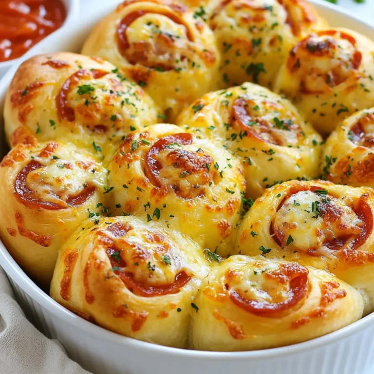 - Gekühlter Pizzateig - Geriebener Mozzarella-Käse - Peperoni Für die perfekte Mischung brauchen wir drei Hauptzutaten. Zuerst nehmen wir eine Dose gekühlten Pizzateig. Der Teig ist einfach zu handhaben und macht den Prozess schnell. Dann brauchen wir eine Tasse geriebenen Mozzarella-Käse. Der Käse schmilzt schön und gibt einen tollen Geschmack. Schließlich sind Peperoni wichtig. Wir verwenden eine halbe Tasse, in Viertel geschnitten. Sie bringen die gewünschte Würze in die Rolle. - Italienische Gewürzmischung - Knoblauchpulver - Olivenöl Um den Geschmack zu verbessern, fügen wir Gewürze hinzu. Eine Teelöffel italienische Gewürzmischung gibt einen tollen Aroma-Mix. Diese Mischung enthält oft Oregano, Basilikum und Thymian. Dann kommt ein halber Teelöffel Knoblauchpulver. Es sorgt für einen herzhaften Kick. Olivenöl spielt auch eine Rolle. Wir brauchen zwei Esslöffel, um die Brötchen zu bestreichen und um sie knusprig zu machen. - Frische Petersilie - Marinara-Sauce - Zerstoßene rote Pfefferflocken Für das Finish nehmen wir frische Petersilie. Ein Esslöffel, gehackt, sorgt für Frische und Farbe. Wir servieren auch Marinara-Sauce. Diese Sauce ist perfekt zum Dippen. Schließlich können wir zerstoßene rote Pfefferflocken hinzufügen. Ein Viertel Teelöffel gibt den Brötchen eine scharfe Note, wenn man das möchte. Diese Garnierungen und Dips machen das Gericht noch besser und einladender. {{ingredient_image_2}} Heize deinen Ofen auf 190°C vor. Das ist wichtig, damit die Brötchen gut werden. Nimm eine Auflaufform und fetten sie leicht ein. Du kannst Backspray oder Olivenöl verwenden. So kleben die Brötchen nicht fest. Entrolle den gekühlten Pizzateig auf einer sauberen Fläche. Schneide den Teig in kleine Quadrate, etwa 4 cm groß. Mische in einer großen Schüssel die geschnittenen Peperoni, den geriebenen Mozzarella-Käse, die italienische Gewürzmischung und das Knoblauchpulver. Wenn du es scharf magst, füge die zerstoßenen roten Pfefferflocken hinzu. Rühre alles gut durch. Nimm ein Teigquadrat. Gib einen Löffel der Käse- und Peperonimischung in die Mitte. Kneife die Ecken zusammen, um eine Kugel zu formen. Wiederhole das mit allen Teigquadraten. Bestreiche den Boden der Auflaufform leicht mit Olivenöl. Lege die gefüllten Teigbällchen in einer einzigen Schicht hinein. Gieße die Marinara-Sauce gleichmäßig über die Brötchen. Decke die Form mit Aluminiumfolie ab und backe sie für 20 Minuten. Entferne dann die Folie und backe weitere 10-15 Minuten, bis die Oberseite goldbraun ist. Lass die Brötchen kurz abkühlen. Garniere sie mit frischer Petersilie und serviere extra Marinara-Sauce zum Dippen. Um perfekte Teigkugeln zu formen, achte auf einige wichtige Schritte. Zuerst schneide den Pizzateig in gleich große Quadrate. Jedes Quadrat sollte etwa 4 cm groß sein. Nimm dann eine Portion der Füllung und lege sie in die Mitte des Teigquadrats. Falten die Ecken nach oben und kneife sie gut zusammen. So vermeidest du Risse im Teig und die Füllung bleibt drin. Die Backzeit und Temperatur sind entscheidend für knusprige Brötchen. Heize den Ofen auf 190°C vor. Decke die Auflaufform anfangs mit Aluminiumfolie ab. So bleibt die Feuchtigkeit im Inneren. Nach 20 Minuten nimm die Folie ab. Back die Brötchen dann für weitere 10-15 Minuten, bis sie goldbraun sind. Das sorgt für eine tolle Kruste. Für die besten Beilagen und Dips empfehle ich Marinara-Sauce. Sie passt perfekt zu den Brötchen. Du kannst auch frisches Gemüse oder einen einfachen Salat servieren. Getränke wie Limonade oder ein leichter Weißwein harmonieren gut mit den Pizza Brötchen. Diese Kombination macht dein Essen noch besser und sorgt für Freude bei deinen Gästen. Pro Tipps Teig vorbereiten: Lassen Sie den Pizzateig vor der Verwendung auf Zimmertemperatur kommen, damit er sich leichter bearbeiten lässt. Variationen hinzufügen: Experimentieren Sie mit verschiedenen Käsesorten oder Füllungen wie Schinken, Gemüse oder Oliven, um neue Geschmacksrichtungen zu entdecken. Die richtige Backzeit: Achten Sie darauf, die Brötchen bei der angegebenen Zeit zu beobachten; jeder Ofen kann unterschiedlich sein, und sie sollten goldbraun und knusprig sein. Servieren mit Dip: Servieren Sie die Brötchen mit verschiedenen Dips wie Knoblauchbutter oder Salsa für zusätzliche Geschmackserlebnisse. {{image_4}} Es gibt viele Wege, um Pull Apart Pizza Rolls vegetarisch zu machen. Du kannst frisches Gemüse verwenden, um die Füllung anzupassen. Zucchini, Paprika oder Spinat sind tolle Optionen. Diese bringen Farbe und Geschmack in dein Gericht. So wird es nicht nur lecker, sondern auch gesund. Auch die Käsesorten kannst du variieren. Du kannst Mozzarella durch Feta oder Cheddar ersetzen. Diese Käsesorten bringen unterschiedliche Aromen. Das macht dein Gericht noch spannender. Wenn du ein Käseliebhaber bist, solltest du verschiedene Käsemischungen ausprobieren. Mische Mozzarella mit Gouda oder Parmesan. Diese Kombinationen geben den Brötchen mehr Tiefe. Du wirst den Unterschied beim ersten Biss schmecken. Außerdem kannst du die Käsemenge erhöhen. Mehr Käse sorgt für einen intensiveren Geschmack. Lass den Käse einfach über die Brötchen schmelzen. Das sieht nicht nur toll aus, sondern schmeckt auch hervorragend. Für alle, die es scharf mögen, gibt es einfache Tricks. Du kannst zusätzliche Gewürze hinzufügen. Zum Beispiel, Paprika oder Cayennepfeffer bringen eine feurige Note. Diese Gewürze machen die Brötchen lebendig. Die Peperonisorte kannst du auch anpassen. Verwende scharfe Peperoni für mehr Kick. So wirst du sicher jeden Gaumen erfreuen. Experimentiere mit verschiedenen Sorten, um deinen eigenen Geschmack zu finden. Um die Pull Apart Pizza Rolls frisch zu halten, lege sie in einen luftdichten Behälter. Achte darauf, dass der Behälter gut verschlossen ist, damit die Brötchen nicht austrocknen. Du kannst sie so bis zu drei Tage lagern. Wenn du sie aufbewahrst, werden sie weich. Um die Knusprigkeit zurückzubekommen, erwärme sie kurz im Ofen. Um die Brötchen einzufrieren, lege sie nach dem Abkühlen in einen Gefrierbeutel. Drücke die Luft heraus, bevor du den Beutel verschließt. So bleiben sie bis zu zwei Monate frisch. Wenn du sie auftauen möchtest, lasse sie im Kühlschrank über Nacht. Für das Aufwärmen lege sie in den Ofen bei 180°C für zehn Minuten. So werden sie wieder schön warm und knusprig. Falls du Reste hast, kannst du diese kreativ nutzen. Du kannst die Brötchen aufschneiden und wie eine Pizza belegen. Eine andere Idee ist, sie in einer Suppe zu servieren. Sie passen gut zu Tomatensuppe oder einer cremigen Käsesuppe. So hast du schnell einen leckeren Snack oder eine Hauptmahlzeit. Pull Apart Pizza Rolls schmecken am besten frisch. Du kannst sie jedoch im Kühlschrank aufbewahren. Lege sie in einen luftdichten Behälter. Sie bleiben so bis zu drei Tage frisch. Für längere Lagerung friere die Brötchen ein. Lege sie in einen gefrierfesten Beutel. So bleiben sie bis zu drei Monate gut. Zum Aufwärmen nimm sie einfach aus dem Gefrierfach. Lass sie im Kühlschrank auftauen. Dann backe sie für einige Minuten im Ofen. So werden sie wieder knusprig. Ja, du kannst den Teig selbst machen! Verwende einfach Mehl, Wasser, Hefe, Salz und Zucker. Mische die Zutaten gut. Lass den Teig dann an einem warmen Ort gehen. Dies dauert etwa eine Stunde. Der Teig sollte doppelt so groß werden. Du kannst auch verschiedene Mehle ausprobieren. Vollkornmehl gibt einen nussigen Geschmack. Achte darauf, dass der Teig nicht zu klebrig ist. Füge nach Bedarf mehr Mehl hinzu. Ja, es gibt glutenfreie Optionen für Pizzateig. Viele Supermärkte bieten glutenfreies Mehl an. Du kannst auch fertige glutenfreie Pizzateige kaufen. Achte darauf, dass sie für das Backen geeignet sind. Alternativ kannst du Blumenkohlreis verwenden. Mische ihn mit Käse und Eiern. So erhältst du einen tollen glutenfreien Teig. Probiere verschiedene Rezepte aus, um deinen Favoriten zu finden. Die Zutaten für die Pull Apart Pizza Rolls sind einfach: Pizzateig, Mozzarella und Peperoni. Mit den passenden Gewürzen und Dips wird das Gericht besonders lecker. Die Schritt-für-Schritt-Anleitung hilft dir, die Brötchen perfekt zuzubereiten. Denke an Tipps für knusprige Ergebnisse und kreative Variationen. Am Ende sind diese Brötchen eine tolle Wahl für jeden Snack. Nutze die Lagerungshinweise, um deine Reste frisch zu halten. Oder experimentiere mit neuen Geschmäckern. So machst du deine nächsten Snack-Abende unvergesslich!