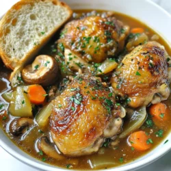 Für ein leckeres Coq au Vin benötigen Sie folgende Hauptzutaten: - 4 Hähnchenschenkel, mit Haut und Knochen - 2 Esslöffel Olivenöl - 1 mittelgroße Zwiebel, gewürfelt - 2 Knoblauchzehen, fein gehackt - 2 Karotten, in Scheiben geschnitten - 1 Tasse Hühnerbrühe - 1 Tasse Traubensaft (als alkoholfreier Ersatz) - 1 Esslöffel Tomatenmark - 1 Teelöffel getrockneter Thymian - 1 Lorbeerblatt - 200g Champignons, halbiert - Salz und Pfeffer nach Geschmack - Frische Petersilie, gehackt (zum Garnieren) Diese Zutaten geben dem Gericht seinen vollen Geschmack. Hähnchenschenkel sind ideal, da sie beim Garen saftig bleiben. Die Gewürze sind entscheidend für den Geschmack. Hier sind die wichtigsten: - Getrockneter Thymian bringt eine schöne Kräuternote. - Das Lorbeerblatt verleiht Tiefe und Aroma. - Tomatenmark sorgt für eine sämige Sauce. Zusätzlich wirken die Zwiebeln und der Knoblauch als Basis für das Aroma. Sie geben dem Gericht einen herzhaften Kick. Falls Sie keine Hähnchenschenkel haben, können Sie diese Alternativen nutzen: - Hähnchenbrust für eine magerere Variante. - Gemüsebrühe statt Hühnerbrühe für eine vegetarische Version. - Rote Traubensaft anstelle des weißen für einen süßeren Geschmack. Mit diesen Optionen machen Sie das Rezept flexibel und anpassbar. So gelingt Coq au Vin immer! {{ingredient_image_2}} Beginnen Sie mit der Vorbereitung aller Zutaten. Schneiden Sie die Zwiebel, den Knoblauch und die Karotten. Stellen Sie alles bereit. Dies spart Zeit beim Kochen. Wärmen Sie den großen Schmortopf bei mittlerer Hitze vor. Fügen Sie zwei Esslöffel Olivenöl hinzu. Achten Sie darauf, dass das Öl nicht zu heiß wird. Würzen Sie die Hähnchenschenkel mit Salz und Pfeffer. Legen Sie die Schenkel mit der Hautseite nach unten in den Topf. Braten Sie sie fünf bis sieben Minuten lang. Warten Sie, bis sie goldbraun sind. Wenden Sie die Schenkel und braten Sie sie erneut. Nehmen Sie das Hähnchen heraus und stellen Sie es beiseite. Geben Sie die gewürfelte Zwiebel, den Knoblauch und die Karotten in den Topf. Dünsten Sie das Gemüse etwa fünf Minuten. Es sollte weich werden. Fügen Sie die halbierten Champignons hinzu. Braten Sie sie für drei bis vier Minuten an. Rühren Sie das Tomatenmark, den Thymian und das Lorbeerblatt ein. Vermengen Sie alles gut. Gießen Sie den Traubensaft und die Hühnerbrühe in den Topf. Lösen Sie die angebratenen Reste mit einem Holzlöffel. Legen Sie die Hähnchenschenkel zurück in die Flüssigkeit. Lassen Sie alles aufkochen. Decken Sie den Topf ab und reduzieren Sie die Hitze. Kochen Sie das Gericht 30 bis 35 Minuten. Nach dem Garen nehmen Sie das Hähnchen heraus. Erhöhen Sie die Hitze auf mittelhoch. Lassen Sie die Sauce etwa fünf bis zehn Minuten reduzieren. Sie sollte eindicken. Probieren Sie die Sauce und passen Sie das Würzen an. Servieren Sie die Hähnchenschenkel mit der Sauce und frischer Petersilie. Um das Hähnchen perfekt zu garen, braten Sie es zuerst in Olivenöl. Beginnen Sie mit der Hautseite nach unten. So wird die Haut knusprig. Braten Sie es etwa 5-7 Minuten. Wenden Sie die Schenkel und braten Sie sie auf der anderen Seite. Wichtig ist, das Hähnchen nicht zu überkochen. Es sollte zart und saftig bleiben. Die Sauce ist der Schlüssel zu Coq au Vin. Beginnen Sie mit Zwiebeln, Knoblauch und Karotten. Dünsten Sie sie, bis sie weich sind. Fügen Sie dann die Champignons hinzu. Braten Sie sie leicht an. Tomatenmark, Thymian und Lorbeerblatt geben den Aromen Tiefe. Der Traubensaft und die Hühnerbrühe bringen die Sauce zum Leben. Rühren Sie alles gut um, damit die Aromen sich verbinden. Eine schöne Präsentation macht das Essen noch besser. Servieren Sie das Coq au Vin in flachen Schalen. Löffeln Sie die Sauce über das Hähnchen. Bestreuen Sie das Gericht mit frischer Petersilie. Ein rustikales Baguette passt super dazu. So können die Gäste die leckere Sauce auftunken. Pro Tipps Hähnchen marinieren: Lassen Sie die Hähnchenschenkel vor dem Kochen für mindestens 30 Minuten in einer Mischung aus Hühnerbrühe und Traubensaft marinieren, um zusätzlichen Geschmack zu erhalten. Gemüse variieren: Experimentieren Sie mit verschiedenen Gemüsesorten wie Sellerie oder Paprika, um zusätzliche Aromen und Texturen in Ihr Gericht zu bringen. Langsame Garung: Für zartes Fleisch können Sie das Gericht auch im Slow Cooker zubereiten. Kochen Sie es auf niedriger Stufe für 6-8 Stunden. Sauce verfeinern: Fügen Sie einen Schuss Balsamico-Essig zur Sauce hinzu, um eine zusätzliche Tiefe und einen Hauch von Säure zu erzielen. {{image_4}} Coq au Vin wird traditionell mit Rotwein zubereitet. Der Wein bringt einen tiefen Geschmack. Er verleiht dem Gericht eine reiche Note. Wenn du Rotwein verwendest, wähle einen fruchtigen, trockenen Wein. Der Wein sollte gut zum Hähnchen passen. Er wird beim Kochen fast ganz reduziert. So bleibt nur der volle Geschmack zurück. Dies ist eine klassische Variante. Für eine vegetarische Version kannst du das Hähnchen ersetzen. Nutze stattdessen Pilze oder Tofu. Diese Zutaten nehmen die Aromen gut auf. Verwende auch Gemüsebrühe anstelle von Hühnerbrühe. Du kannst die Karotten und Zwiebeln wie im Original anbraten. Das Ergebnis bleibt ebenso herzhaft und lecker. Dies ist eine tolle Option für Veggie-Fans. In verschiedenen Regionen Frankreichs gibt es viele Variationen. In Burgund, der Heimat des Gerichts, wird oft mit Rotwein gekocht. In anderen Regionen kann auch Weißwein verwendet werden. Manchmal kommen auch andere Gemüsesorten hinzu, wie Sellerie oder Lauch. Diese Variationen zeigen die Vielfalt der französischen Küche. Sie bringen neue Geschmäcker in das klassische Rezept. Um Coq au Vin frisch zu halten, lassen Sie das Gericht zuerst abkühlen. Füllen Sie es dann in einen luftdichten Behälter. So bleibt der Geschmack erhalten. Lagern Sie es im Kühlschrank für bis zu drei Tage. Wenn Sie mehr Zeit haben, frieren Sie es ein. Nutzen Sie dafür einen gefrierfesten Behälter. Wenn es Zeit zum Essen ist, wärmen Sie Coq au Vin langsam auf. Stellen Sie eine Pfanne auf mittlere Hitze. Geben Sie das Gericht hinein und fügen Sie etwas Hühnerbrühe hinzu. Das macht die Sauce schön cremig. Rühren Sie regelmäßig um, bis alles heiß ist. Sie können auch die Mikrowelle verwenden, aber achten Sie darauf, das Gericht gleichmäßig zu erhitzen. Im Kühlschrank hält sich Coq au Vin bis zu drei Tage. Achten Sie darauf, es gut zu verpacken. Im Gefrierschrank kann es bis zu drei Monate gelagert werden. Denken Sie daran, das Gericht vor dem Einfrieren in Portionen aufzuteilen. So tauen Sie nur das auf, was Sie brauchen. Coq au Vin stammt aus Frankreich. Es ist ein klassisches Gericht, das Hähnchen mit Wein, Gemüse und Kräutern kombiniert. Ursprünglich nutzten Landwirte Hähnchen, die sie selbst züchteten. Sie kochten es langsam, um die Aromen zu verstärken. Die Verwendung von Wein hilft, das Fleisch zart zu machen. In der modernen Küche gibt es viele Varianten, aber die Essenz bleibt gleich. Ja, Sie können Gemüsebrühe oder Rinderbrühe verwenden. Gemüsebrühe gibt dem Gericht einen anderen Geschmack, aber sie bleibt lecker. Rinderbrühe kann das Gericht reichhaltiger machen. Achten Sie darauf, die Gewürze anzupassen, um den Geschmack zu balancieren. Auch Wasser ist möglich, aber es wird den Geschmack nicht so gut unterstützen. Coq au Vin kann leicht im Voraus gemacht werden. Kochen Sie das Gericht wie im Rezept beschrieben. Lassen Sie es abkühlen, bevor Sie es in den Kühlschrank stellen. Es bleibt bis zu drei Tage frisch. Um es aufzuwärmen, nutzen Sie den Herd oder die Mikrowelle. Achten Sie darauf, es gut zu erhitzen, damit das Hähnchen zart bleibt. Coq au Vin ist ein klassisches Gericht, das viele Möglichkeiten bietet. Wir haben die Hauptzutaten und deren Aromen erkundet. Schritt für Schritt habe ich gezeigt, wie du es perfekt zubereitest. Tipps und Tricks helfen dir, das Gericht schmackhaft zu machen. Es gibt tolle Variationen, auch für Vegetarier. Richtig lagern und aufwärmen sorgt für langanhaltende Frische. Den Ursprung des Gerichts und nützliche FAQs haben wir ebenfalls behandelt. Jetzt kennst du alles für ein gelungenes Coq au Vin. Mach es, esse es und teile es mit Freunden!
