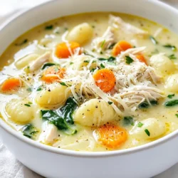 Für diese köstliche Hühner-Gnocchi-Suppe brauchst du die folgenden Zutaten: - 1 Esslöffel Olivenöl - 1 mittelgroße Zwiebel, gewürfelt - 2 Knoblauchzehen, fein gehackt - 2 mittelgroße Karotten, gewürfelt - 2 Selleriestangen, gewürfelt - 750 ml Hühnerbrühe - 300 g gekochtes Hähnchen, zerrupft - 100 g frischer Spinat, grob gehackt - 1 Teelöffel getrockneter Thymian - 1 Teelöffel getrocknete Petersilie - 1/2 Teelöffel schwarzer Pfeffer - 240 ml Sahne (Halbfett) - 450 g Kartoffelgnocchi - Salz nach Geschmack - Geriebener Parmesan zur Garnierung Die Auswahl frischer Zutaten ist wichtig. Hier sind einige Tipps: - Wähle Zwiebeln, die fest und ohne Flecken sind. - Der Knoblauch sollte trocken und fest sein. - Karotten sollten knackig und leuchtend orange sein. - Sellerie muss frisch riechen und grün sein. - Spinat sollte leuchtend grün und knackig sein. Frische Zutaten machen deine Suppe lebendig und voller Geschmack. Wenn du nicht alle Zutaten hast, hier sind einige Alternativen: - Verwende Gemüsebrühe statt Hühnerbrühe für eine vegetarische Option. - Statt frischem Spinat kannst du auch gefrorenen Spinat nehmen. - Wenn du kein Hähnchen hast, kannst du auch Putenfleisch verwenden. - Kartoffelgnocchi können durch andere Gnocchi oder Pasta ersetzt werden. Mit diesen Alternativen bleibt der Geschmack ähnlich und lecker. {{ingredient_image_2}} Beginne mit der Vorbereitung der Zutaten. Das macht den Kochprozess einfacher und schneller. Hier sind die Schritte: - Würfle 1 mittelgroße Zwiebel. - Hacke 2 Knoblauchzehen fein. - Würfle 2 mittelgroße Karotten. - Würfle 2 Selleriestangen. - Zerrupfe 300 g gekochtes Hähnchen. - Hacke 100 g frischen Spinat grob. Stelle sicher, dass alles bereit ist, bevor du mit dem Kochen beginnst. Das macht es einfacher, den Überblick zu behalten. Jetzt geht es ans Kochen! Folge diesen Schritten genau: 1. Erhitze 1 Esslöffel Olivenöl in einem großen Topf bei mittlerer Hitze. 2. Füge die gewürfelte Zwiebel hinzu und sautiere sie für 3-4 Minuten, bis sie durchsichtig ist. 3. Gib den gehackten Knoblauch, die Karotten und den Sellerie in den Topf. Sautiere alles für weitere 3-5 Minuten. 4. Gieße 750 ml Hühnerbrühe hinzu und bringe sie zum Kochen. 5. Rühre das zerrupfte Hähnchen, 1 Teelöffel getrockneten Thymian, 1 Teelöffel getrocknete Petersilie und 1/2 Teelöffel schwarzen Pfeffer ein. Lasse die Suppe 10 Minuten köcheln. 6. Füge 450 g Kartoffelgnocchi hinzu und koche sie nach Anleitung, etwa 2-3 Minuten. 7. Rühre 240 ml Sahne und den gehackten Spinat ein. Koche weiter, bis der Spinat welkt. Schmecke die Suppe mit Salz ab. 8. Serviere die Suppe heiß und garniere sie mit geriebenem Parmesan. Um den perfekten Geschmack zu erreichen, achte auf diese Tipps: - Verwende frische Zutaten für den besten Geschmack. - Lass die Suppe lange köcheln, damit die Aromen gut durchziehen. - Schmecke die Suppe am Ende ab, um den perfekten Salzgehalt zu finden. Diese kleinen Details machen einen großen Unterschied im Geschmack deiner Suppe. Genieße die Zubereitung und das Ergebnis! Um die perfekte Hühner-Gnocchi-Suppe zu machen, achte auf frische Zutaten. Wähle reife, knackige Karotten und frischen Spinat. Sie bringen Geschmack und Farbe. Schneide das Gemüse gleichmäßig. So garen sie gleichmäßig. Koche die Gnocchi nicht zu lange. Wenn sie an die Oberfläche schwimmen, sind sie bereit. Das sorgt für die beste Textur. Ein häufiger Fehler ist, das Gemüse zu lange zu kochen. Achte darauf, dass es knackig bleibt. Zu viel Salz kann den Geschmack ruinieren. Füge es nach und nach hinzu. Wenn die Suppe zu dick wird, kannst du etwas Hühnerbrühe oder Wasser hinzufügen. Überhitze die Sahne nicht, da sie gerinnen kann. Serviere die Suppe in tiefen Schalen. Das macht sie einladender. Streue frischen Parmesan darüber. Ein Zweig Petersilie macht das Gericht hübsch. Kombiniere die Suppe mit knusprigem Brot. Das sorgt für einen tollen Genuss. Wenn du magst, kannst du auch einen Spritzer Zitrone hinzufügen. Das bringt Frische. Pro Tipps Frisches Gemüse: Verwenden Sie frisches Gemüse für ein intensiveres Aroma und eine bessere Textur in der Suppe. Hähnchenbrühe selbst machen: Wenn möglich, verwenden Sie selbstgemachte Hühnerbrühe für einen reichhaltigeren Geschmack. Gnocchi richtig zubereiten: Achten Sie darauf, die Gnocchi nur so lange zu kochen, bis sie an die Oberfläche schwimmen, um eine matschige Textur zu vermeiden. Parmesan nach Geschmack: Fügen Sie mehr geriebenen Parmesan hinzu, um die Suppe noch cremiger und aromatischer zu machen. {{image_4}} Um die Hühner-Gnocchi-Suppe vegetarisch zu machen, ersetzen Sie das Hähnchen durch gebratene Tofuwürfel oder Kichererbsen. Beide Optionen bringen viel Protein und Geschmack. Halten Sie die Brühe auf Gemüsebasis, um den Geschmack beizubehalten. Fügen Sie mehr Gemüse hinzu, wie Zucchini oder Brokkoli. Diese geben der Suppe eine schöne Farbe und Textur. Sie können die Suppe mit verschiedenen Gemüsesorten anpassen. Zum Beispiel sind grüne Bohnen oder Erbsen tolle Ergänzungen. Sie bringen frische Aromen und einen knackigen Biss. Auch Paprika oder Kürbis sind gute Optionen, die reich an Vitaminen sind. Denken Sie daran, das Gemüse gleichmäßig zu schneiden, damit es gleichmäßig gar wird. Um den Geschmack zu verändern, probieren Sie andere Gewürze. Zum Beispiel kann eine Prise Muskatnuss der Suppe Wärme geben. Auch eine Prise Cayennepfeffer bringt eine angenehme Schärfe. Für ein italienisches Flair fügen Sie frische Basilikumblätter oder Oregano hinzu. Diese Kräuter passen perfekt zu den Gnocchi und der Sahne. Experimentieren Sie mit den Gewürzen, um Ihre eigene perfekte Mischung zu finden. Wenn du Reste deiner Chicken Gnocchi Suppe hast, bewahre sie richtig auf. Lass die Suppe zuerst auf Raumtemperatur abkühlen, bevor du sie in den Kühlschrank stellst. Nutze luftdichte Behälter, um die Frische zu bewahren. Teile die Suppe in Portionen auf. So kannst du später nur die Menge aufwärmen, die du brauchst. Um die Suppe wieder heiß zu machen, gibt es zwei einfache Wege. Du kannst sie auf dem Herd erwärmen. Gieße die Suppe in einen Topf und erhitze sie bei mittlerer Hitze. Rühre regelmäßig um, damit sie nicht anbrennt. Alternativ kannst du die Suppe in der Mikrowelle aufwärmen. Stelle die Suppe in eine mikrowellengeeignete Schüssel. Decke sie mit einem Teller ab, um Spritzer zu vermeiden. Erhitze sie in kurzen Intervallen, etwa 1-2 Minuten, und rühre dazwischen um. Im Kühlschrank hält sich die Suppe etwa 3-4 Tage. Achte darauf, sie in luftdichten Behältern zu lagern. Wenn du die Suppe länger aufbewahren möchtest, kannst du sie einfrieren. Die Suppe hält sich bis zu 3 Monate im Gefrierfach. Stelle sicher, dass du sie in einem gefriergeeigneten Behälter oder einem Gefrierbeutel aufbewahrst. Vergiss nicht, das Datum auf dem Behälter zu markieren. So weißt du, wann du die Suppe gemacht hast. Die Suppe bleibt im Kühlschrank etwa 3 bis 4 Tage frisch. Achten Sie darauf, sie in einem luftdichten Behälter zu lagern. So bleiben die Aromen erhalten. Es ist wichtig, die Suppe gut abkühlen zu lassen, bevor Sie sie in den Kühlschrank stellen. So vermeiden Sie eine Temperatursteigerung im Kühlschrank. Ja, Sie können die Suppe einfrieren. Lassen Sie die Suppe zuerst abkühlen. Füllen Sie sie dann in einen gefrierfesten Behälter. Achten Sie darauf, etwas Platz zu lassen, damit sie beim Einfrieren expandieren kann. Die Suppe bleibt bis zu 3 Monate im Gefrierfach haltbar. Zum Aufwärmen stellen Sie die gefrorene Suppe über Nacht in den Kühlschrank. Erhitzen Sie sie dann langsam auf dem Herd. Ja, es gibt einige einfache Wege, die Suppe gesünder zu machen. - Ersetzen Sie die Sahne durch Milch oder eine pflanzliche Alternative. - Verwenden Sie weniger Öl beim Anbraten. - Fügen Sie mehr Gemüse wie Brokkoli oder Zucchini hinzu. - Wählen Sie mageres Hähnchen oder verwenden Sie mehr Spinat. Diese Optionen machen die Suppe leicht und nahrhaft. Die Zutaten sind der Schlüssel zu schmeckenden Gerichten. Wir haben frische Zutaten und Alternativen besprochen, um deine Auswahl zu erleichtern. In der Schritt-für-Schritt-Anleitung findest du alles für die Zubereitung und den perfekten Geschmack. Tipps helfen dir, Fehler zu vermeiden und das Beste aus deinem Gericht herauszuholen. Variationen, wie die vegetarische Version, bringen neue Ideen. Die richtigen Aufbewahrungsmethoden bewahren den Genuss. Denk daran, auch nach dem Kochen Fragen zu klären. Jetzt bist du bereit, die Suppe zu kochen und zu genießen!