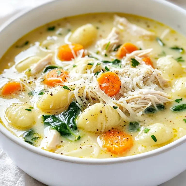 Für diese köstliche Hühner-Gnocchi-Suppe brauchst du die folgenden Zutaten: - 1 Esslöffel Olivenöl - 1 mittelgroße Zwiebel, gewürfelt - 2 Knoblauchzehen, fein gehackt - 2 mittelgroße Karotten, gewürfelt - 2 Selleriestangen, gewürfelt - 750 ml Hühnerbrühe - 300 g gekochtes Hähnchen, zerrupft - 100 g frischer Spinat, grob gehackt - 1 Teelöffel getrockneter Thymian - 1 Teelöffel getrocknete Petersilie - 1/2 Teelöffel schwarzer Pfeffer - 240 ml Sahne (Halbfett) - 450 g Kartoffelgnocchi - Salz nach Geschmack - Geriebener Parmesan zur Garnierung Die Auswahl frischer Zutaten ist wichtig. Hier sind einige Tipps: - Wähle Zwiebeln, die fest und ohne Flecken sind. - Der Knoblauch sollte trocken und fest sein. - Karotten sollten knackig und leuchtend orange sein. - Sellerie muss frisch riechen und grün sein. - Spinat sollte leuchtend grün und knackig sein. Frische Zutaten machen deine Suppe lebendig und voller Geschmack. Wenn du nicht alle Zutaten hast, hier sind einige Alternativen: - Verwende Gemüsebrühe statt Hühnerbrühe für eine vegetarische Option. - Statt frischem Spinat kannst du auch gefrorenen Spinat nehmen. - Wenn du kein Hähnchen hast, kannst du auch Putenfleisch verwenden. - Kartoffelgnocchi können durch andere Gnocchi oder Pasta ersetzt werden. Mit diesen Alternativen bleibt der Geschmack ähnlich und lecker. {{ingredient_image_2}} Beginne mit der Vorbereitung der Zutaten. Das macht den Kochprozess einfacher und schneller. Hier sind die Schritte: - Würfle 1 mittelgroße Zwiebel. - Hacke 2 Knoblauchzehen fein. - Würfle 2 mittelgroße Karotten. - Würfle 2 Selleriestangen. - Zerrupfe 300 g gekochtes Hähnchen. - Hacke 100 g frischen Spinat grob. Stelle sicher, dass alles bereit ist, bevor du mit dem Kochen beginnst. Das macht es einfacher, den Überblick zu behalten. Jetzt geht es ans Kochen! Folge diesen Schritten genau: 1. Erhitze 1 Esslöffel Olivenöl in einem großen Topf bei mittlerer Hitze. 2. Füge die gewürfelte Zwiebel hinzu und sautiere sie für 3-4 Minuten, bis sie durchsichtig ist. 3. Gib den gehackten Knoblauch, die Karotten und den Sellerie in den Topf. Sautiere alles für weitere 3-5 Minuten. 4. Gieße 750 ml Hühnerbrühe hinzu und bringe sie zum Kochen. 5. Rühre das zerrupfte Hähnchen, 1 Teelöffel getrockneten Thymian, 1 Teelöffel getrocknete Petersilie und 1/2 Teelöffel schwarzen Pfeffer ein. Lasse die Suppe 10 Minuten köcheln. 6. Füge 450 g Kartoffelgnocchi hinzu und koche sie nach Anleitung, etwa 2-3 Minuten. 7. Rühre 240 ml Sahne und den gehackten Spinat ein. Koche weiter, bis der Spinat welkt. Schmecke die Suppe mit Salz ab. 8. Serviere die Suppe heiß und garniere sie mit geriebenem Parmesan. Um den perfekten Geschmack zu erreichen, achte auf diese Tipps: - Verwende frische Zutaten für den besten Geschmack. - Lass die Suppe lange köcheln, damit die Aromen gut durchziehen. - Schmecke die Suppe am Ende ab, um den perfekten Salzgehalt zu finden. Diese kleinen Details machen einen großen Unterschied im Geschmack deiner Suppe. Genieße die Zubereitung und das Ergebnis! Um die perfekte Hühner-Gnocchi-Suppe zu machen, achte auf frische Zutaten. Wähle reife, knackige Karotten und frischen Spinat. Sie bringen Geschmack und Farbe. Schneide das Gemüse gleichmäßig. So garen sie gleichmäßig. Koche die Gnocchi nicht zu lange. Wenn sie an die Oberfläche schwimmen, sind sie bereit. Das sorgt für die beste Textur. Ein häufiger Fehler ist, das Gemüse zu lange zu kochen. Achte darauf, dass es knackig bleibt. Zu viel Salz kann den Geschmack ruinieren. Füge es nach und nach hinzu. Wenn die Suppe zu dick wird, kannst du etwas Hühnerbrühe oder Wasser hinzufügen. Überhitze die Sahne nicht, da sie gerinnen kann. Serviere die Suppe in tiefen Schalen. Das macht sie einladender. Streue frischen Parmesan darüber. Ein Zweig Petersilie macht das Gericht hübsch. Kombiniere die Suppe mit knusprigem Brot. Das sorgt für einen tollen Genuss. Wenn du magst, kannst du auch einen Spritzer Zitrone hinzufügen. Das bringt Frische. Pro Tipps Frisches Gemüse: Verwenden Sie frisches Gemüse für ein intensiveres Aroma und eine bessere Textur in der Suppe. Hähnchenbrühe selbst machen: Wenn möglich, verwenden Sie selbstgemachte Hühnerbrühe für einen reichhaltigeren Geschmack. Gnocchi richtig zubereiten: Achten Sie darauf, die Gnocchi nur so lange zu kochen, bis sie an die Oberfläche schwimmen, um eine matschige Textur zu vermeiden. Parmesan nach Geschmack: Fügen Sie mehr geriebenen Parmesan hinzu, um die Suppe noch cremiger und aromatischer zu machen. {{image_4}} Um die Hühner-Gnocchi-Suppe vegetarisch zu machen, ersetzen Sie das Hähnchen durch gebratene Tofuwürfel oder Kichererbsen. Beide Optionen bringen viel Protein und Geschmack. Halten Sie die Brühe auf Gemüsebasis, um den Geschmack beizubehalten. Fügen Sie mehr Gemüse hinzu, wie Zucchini oder Brokkoli. Diese geben der Suppe eine schöne Farbe und Textur. Sie können die Suppe mit verschiedenen Gemüsesorten anpassen. Zum Beispiel sind grüne Bohnen oder Erbsen tolle Ergänzungen. Sie bringen frische Aromen und einen knackigen Biss. Auch Paprika oder Kürbis sind gute Optionen, die reich an Vitaminen sind. Denken Sie daran, das Gemüse gleichmäßig zu schneiden, damit es gleichmäßig gar wird. Um den Geschmack zu verändern, probieren Sie andere Gewürze. Zum Beispiel kann eine Prise Muskatnuss der Suppe Wärme geben. Auch eine Prise Cayennepfeffer bringt eine angenehme Schärfe. Für ein italienisches Flair fügen Sie frische Basilikumblätter oder Oregano hinzu. Diese Kräuter passen perfekt zu den Gnocchi und der Sahne. Experimentieren Sie mit den Gewürzen, um Ihre eigene perfekte Mischung zu finden. Wenn du Reste deiner Chicken Gnocchi Suppe hast, bewahre sie richtig auf. Lass die Suppe zuerst auf Raumtemperatur abkühlen, bevor du sie in den Kühlschrank stellst. Nutze luftdichte Behälter, um die Frische zu bewahren. Teile die Suppe in Portionen auf. So kannst du später nur die Menge aufwärmen, die du brauchst. Um die Suppe wieder heiß zu machen, gibt es zwei einfache Wege. Du kannst sie auf dem Herd erwärmen. Gieße die Suppe in einen Topf und erhitze sie bei mittlerer Hitze. Rühre regelmäßig um, damit sie nicht anbrennt. Alternativ kannst du die Suppe in der Mikrowelle aufwärmen. Stelle die Suppe in eine mikrowellengeeignete Schüssel. Decke sie mit einem Teller ab, um Spritzer zu vermeiden. Erhitze sie in kurzen Intervallen, etwa 1-2 Minuten, und rühre dazwischen um. Im Kühlschrank hält sich die Suppe etwa 3-4 Tage. Achte darauf, sie in luftdichten Behältern zu lagern. Wenn du die Suppe länger aufbewahren möchtest, kannst du sie einfrieren. Die Suppe hält sich bis zu 3 Monate im Gefrierfach. Stelle sicher, dass du sie in einem gefriergeeigneten Behälter oder einem Gefrierbeutel aufbewahrst. Vergiss nicht, das Datum auf dem Behälter zu markieren. So weißt du, wann du die Suppe gemacht hast. Die Suppe bleibt im Kühlschrank etwa 3 bis 4 Tage frisch. Achten Sie darauf, sie in einem luftdichten Behälter zu lagern. So bleiben die Aromen erhalten. Es ist wichtig, die Suppe gut abkühlen zu lassen, bevor Sie sie in den Kühlschrank stellen. So vermeiden Sie eine Temperatursteigerung im Kühlschrank. Ja, Sie können die Suppe einfrieren. Lassen Sie die Suppe zuerst abkühlen. Füllen Sie sie dann in einen gefrierfesten Behälter. Achten Sie darauf, etwas Platz zu lassen, damit sie beim Einfrieren expandieren kann. Die Suppe bleibt bis zu 3 Monate im Gefrierfach haltbar. Zum Aufwärmen stellen Sie die gefrorene Suppe über Nacht in den Kühlschrank. Erhitzen Sie sie dann langsam auf dem Herd. Ja, es gibt einige einfache Wege, die Suppe gesünder zu machen. - Ersetzen Sie die Sahne durch Milch oder eine pflanzliche Alternative. - Verwenden Sie weniger Öl beim Anbraten. - Fügen Sie mehr Gemüse wie Brokkoli oder Zucchini hinzu. - Wählen Sie mageres Hähnchen oder verwenden Sie mehr Spinat. Diese Optionen machen die Suppe leicht und nahrhaft. Die Zutaten sind der Schlüssel zu schmeckenden Gerichten. Wir haben frische Zutaten und Alternativen besprochen, um deine Auswahl zu erleichtern. In der Schritt-für-Schritt-Anleitung findest du alles für die Zubereitung und den perfekten Geschmack. Tipps helfen dir, Fehler zu vermeiden und das Beste aus deinem Gericht herauszuholen. Variationen, wie die vegetarische Version, bringen neue Ideen. Die richtigen Aufbewahrungsmethoden bewahren den Genuss. Denk daran, auch nach dem Kochen Fragen zu klären. Jetzt bist du bereit, die Suppe zu kochen und zu genießen!