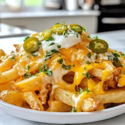 Um Dirty Fries mit Käse und Jalapeños zuzubereiten, benötigen Sie: - 4 große Russet-Kartoffeln - 1 Tasse geriebener Cheddar-Käse - 1/2 Tasse eingelegte Jalapeños, in Scheiben geschnitten - 1/2 Teelöffel Knoblauchpulver - 1/2 Teelöffel Paprika - 1 Teelöffel Salz - 1/2 Teelöffel schwarzer Pfeffer - 1 Esslöffel Olivenöl - 1/2 Tasse Sauerrahm (zum Servieren) - Frischer Koriander, gehackt (zum Garnieren) Für dieses Rezept benötigen Sie einige einfache Küchengeräte: - Ein scharfes Messer zum Schneiden der Kartoffeln - Eine große Schüssel für das Mischen der Zutaten - Ein Backblech, um die Pommes zu backen - Ein Ofen, um die Pommes knusprig zu machen Jede Portion Dirty Fries enthält folgende Nährwerte: - Kalorien: etwa 400 kcal - Fett: 20 g - Kohlenhydrate: 45 g - Eiweiß: 10 g Diese Nährwertangaben können je nach Zutaten leicht variieren. Sie sind jedoch ein guter Anhaltspunkt für Ihre Mahlzeit. {{ingredient_image_2}} Zuerst waschen Sie die großen Russet-Kartoffeln. Die Schale bleibt dran. Diese gibt der Pommes einen tollen Biss. Schneiden Sie die Kartoffeln in dicke Streifen. Je dicker die Pommes, desto besser der Geschmack. Legen Sie die geschnittenen Pommes in eine große Schüssel. Fügen Sie einen Esslöffel Olivenöl hinzu. Das Öl hilft, die Gewürze zu haften. Streuen Sie 1/2 Teelöffel Knoblauchpulver, 1/2 Teelöffel Paprika, 1 Teelöffel Salz und 1/2 Teelöffel schwarzen Pfeffer dazu. Mischen Sie alles gut, bis die Pommes gleichmäßig bedeckt sind. Heizen Sie Ihren Ofen auf 220°C vor. Legen Sie die gewürzten Pommes auf ein Backblech. Achten Sie darauf, dass sie nicht überfüllt sind. So werden sie schön knusprig. Backen Sie die Pommes für 25-30 Minuten. Wenden Sie sie nach der Hälfte der Zeit. So werden sie gleichmäßig goldbraun und knusprig. Wenn sie fertig sind, nehmen Sie die Pommes aus dem Ofen. Streuen Sie sofort 1 Tasse geriebenen Cheddar-Käse über die heißen Pommes. Der Käse schmilzt schnell. Stellen Sie das Blech für 5 Minuten zurück in den Ofen. Warten Sie, bis der Käse blubbert und schmilzt. Nehmen Sie die Pommes dann heraus. Toppen Sie die Käse-Pommes mit 1/2 Tasse eingelegten Jalapeños. Diese geben einen würzigen Kick. Servieren Sie die Pommes heiß, mit einem Tropfen Sauerrahm und frischem Koriander oben drauf. Um die perfekte Knusprigkeit zu erreichen, beginne mit frischen Russet-Kartoffeln. Diese Sorte hat einen hohen Stärkegehalt, was sie ideal macht. Schneide die Kartoffeln in dicke Pommes. Eine dickere Form sorgt für mehr Biss und hilft, die Wärme besser zu halten. Verwende auch Olivenöl, um die Pommes gleichmäßig zu beschichten. Achte darauf, dass sie beim Backen nicht überfüllt sind. Dies sorgt für eine gleichmäßige Hitzeverteilung. Wende die Pommes zur Halbzeit, damit sie von allen Seiten knusprig werden. Wenn du nach Alternativen suchst, probiere verschiedene Käsesorten. Gouda oder Monterey Jack sind tolle Optionen. Für einen würzigen Kick kannst du auch Feta oder Blauschimmelkäse verwenden. Bei den Gewürzen kannst du kreativ sein. Probiere Cajun-Gewürz oder italienische Kräuter für einen anderen Geschmack. Für eine gesunde Variante kannst du Süßkartoffeln statt normaler Kartoffeln nutzen. Um matschige Pommes zu vermeiden, trockne die geschnittenen Kartoffeln gut ab. Feuchtigkeit macht sie weich. Du kannst die Pommes auch vor dem Backen in kaltem Wasser einweichen. Dies hilft, die Stärke zu entfernen. Nach dem Einweichen gut abtrocknen. Backe die Pommes bei hoher Temperatur. Ein heißer Ofen sorgt für schnelle, knusprige Ergebnisse. Wenn du sie nach dem Backen sofort servierst, bleiben sie auch länger knusprig. Pro Tipps Kartoffelauswahl: Verwenden Sie Russet-Kartoffeln für die beste Knusprigkeit und Textur in Ihren Pommes. Vorheizen des Ofens: Stellen Sie sicher, dass der Ofen vollständig vorgeheizt ist, bevor Sie die Pommes hineingeben, um eine gleichmäßige Garung zu gewährleisten. Käseauswahl: Experimentieren Sie mit verschiedenen Käsesorten wie Monterey Jack oder Pepper Jack für zusätzlichen Geschmack. Serviertipps: Servieren Sie die Pommes mit verschiedenen Dips wie Guacamole oder scharfer Sauce für ein aufregendes Geschmackserlebnis. {{image_4}} Schmutzige Pommes sind sehr flexibel. Du kannst verschiedene Toppings ausprobieren. Zum Beispiel, füge Speck oder Chili hinzu, um den Geschmack zu intensivieren. Auch Guacamole ist eine tolle Ergänzung. Wenn du es süß magst, probiere BBQ-Sauce oder Honig-Senf-Dressing. Die Kombinationen sind endlos. Für vegane Schmutzige Pommes kannst du pflanzlichen Käse verwenden. Viele Marken bieten jetzt leckere Optionen an. Stelle sicher, dass die Pommes glutenfrei sind. Du kannst frische Kartoffeln oder gefrorene Sorten verwenden. Achte darauf, dass du glutenfreies Öl benutzt. Es gibt viele Wege, diese Pommes an deine Diät anzupassen. Für einen asiatischen Twist füge Soja-Sauce und Sesamöl hinzu. Du kannst auch frischen Ingwer und Frühlingszwiebeln verwenden. Eine scharfe Chilisauce gibt den Pommes einen tollen Kick. Diese Variationen bringen neue Geschmäcker in dein Gericht. Experimentiere mit verschiedenen Aromen für ein einzigartiges Erlebnis. Um übrig gebliebene schmutzige Pommes gut aufzubewahren, benutze einen luftdichten Behälter. Lass die Pommes zuerst auf Raumtemperatur abkühlen. Lege sie dann in den Behälter und schließe ihn gut. So bleiben sie bis zu drei Tage frisch. Du kannst sie auch mit einem Tuch abdecken, um Feuchtigkeit zu vermeiden. Um die Pommes wieder knusprig zu machen, heize deinen Ofen auf 200°C vor. Lege die Pommes auf ein Backblech und backe sie etwa 10 bis 15 Minuten. Achte darauf, sie einmal zu wenden, damit sie gleichmäßig warm werden. Du kannst auch eine Pfanne nutzen. Erhitze etwas Öl und brate die Pommes für 5 bis 7 Minuten. Das gibt ihnen eine schöne Knusprigkeit zurück. Wenn du mehr Pommes gemacht hast, kannst du sie einfrieren. Lass die Pommes vollständig abkühlen, bevor du sie in einen Gefrierbeutel gibst. Drücke die Luft heraus und verschließe den Beutel gut. Die Pommes halten sich bis zu zwei Monate im Gefrierfach. Um sie zu verwenden, nimm die gewünschte Menge heraus und backe sie direkt aus dem Gefrierfach. So hast du jederzeit einen leckeren Snack bereit! Um die besten Dirty Fries zu machen, fangen wir mit frischen Russet-Kartoffeln an. Diese Kartoffeln sind fest und bieten eine gute Textur. Wasche die Kartoffeln gut und schneide sie in dicke Stäbchen. Die Schale bleibt dran, um mehr Biss zu geben. Mische die Kartoffeln mit Olivenöl, Knoblauchpulver, Paprika, Salz und schwarzem Pfeffer. Achte darauf, die Pommes gleichmäßig zu würzen. Backe sie im Ofen bei 220°C für 25-30 Minuten. Wende sie einmal, damit sie gleichmäßig knusprig werden. Füge den Cheddar-Käse hinzu und backe sie weiter, bis der Käse schmilzt. Toppe die Pommes mit Jalapeños und serviere sie heiß. Dirty Fries mit Käse und Jalapeños findest du oft in Food Trucks oder Burger-Restaurants. Viele Pubs bieten sie auch als Snack an. Schau nach lokalen Imbissen, die sich auf Comfort Food spezialisiert haben. Manchmal haben auch Ketten wie Five Guys oder ähnliche Fastfood-Läden solche Pommes im Angebot. Überprüfe die Speisekarten online, um die besten Orte in deiner Nähe zu finden. Ja, du kannst Dirty Fries im Voraus zubereiten. Koche die Pommes und lasse sie abkühlen. Lagere sie in einem luftdichten Behälter im Kühlschrank. Vor dem Servieren kannst du sie im Ofen aufwärmen. Achte darauf, sie knusprig zu machen, indem du sie bei hoher Temperatur backst. Füge dann Käse und Jalapeños hinzu. So hast du schnell einen leckeren Snack, wann immer du Lust hast! Die Zutaten für die perfekten Dirty Fries sind einfach. Wir haben die besten Küchengeräte aufgelistet und die Nährwerte pro Portion genau betrachtet. Die Schritt-für-Schritt-Anleitung hilft dir, die Kartoffeln vorzubereiten und sie perfekt zu backen. Mit unseren Tipps erzielst du die gewünschte Knusprigkeit und vermeidest matschige Pommes. Es gibt viele Varianten, von veganen Optionen bis hin zu asiatisch inspirierten Toppings. Zum Schluss zeigen wir dir, wie du die übrig gebliebenen Pommes richtig lagerst. Nutze diese Tipps und genieße köstliche Dirty Fries!