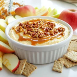 - 1 Paket (227 g) Frischkäse, weich - 120 g Puderzucker - 1/2 Teelöffel Vanilleextrakt Die Hauptzutaten sind einfach. Frischkäse gibt dem Dip die perfekte Basis. Er sorgt für eine cremige Textur und einen reichen Geschmack. Der Puderzucker macht den Dip süß. Vanilleextrakt fügt ein warmes Aroma hinzu. Diese drei Zutaten sind das Herzstück des Rezepts. - 240 g Apfelkuchenfüllung - 120 ml Karamellsauce - 1 Teelöffel Zimt Zusätzlich nutzen wir Apfelkuchenfüllung. Sie bringt einen fruchtigen und süßen Geschmack. Karamellsauce gibt diesem Dip einen extra Kick. Sie macht ihn dekadent. Zimt rundet alles ab und verleiht eine warme Note. Diese Zutaten machen den Dip besonders lecker. - 30 g gehackte Pekannüsse - In Scheiben geschnittene Äpfel und Graham-Cracker Für etwas Crunch sind Pekannüsse toll. Sie fügen eine knusprige Textur hinzu. Die Apfelscheiben sind perfekt zum Dippen. Sie bringen Frische in jeden Biss. Graham-Cracker bieten einen süßen Kontrast. Diese Optionen machen den Dip noch spannender und köstlicher. Zuerst musst du den Frischkäse weich machen. Lass ihn etwa 30 Minuten bei Raumtemperatur stehen. So wird er leicht zu schlagen. Stelle dann die anderen Zutaten bereit. Du benötigst Puderzucker, Vanilleextrakt, Apfelkuchenfüllung, Karamellsauce, Zimt und Pekannüsse. Vergiss nicht die Äpfel und Graham-Cracker zum Dippen. Nun ist es Zeit, den Frischkäse zu schlagen. Nimm eine Rührschüssel und verwende einen elektrischen Mixer. Schlage den Frischkäse bei mittlerer Geschwindigkeit. Mische, bis die Masse glatt und cremig ist. Füge dann nach und nach den Puderzucker hinzu. Gib auch den Vanilleextrakt dazu. Mische weiter, bis alles fluffig und gut vermischt ist. Jetzt kommt die Apfelkuchenfüllung. Hebe sie vorsichtig unter die Frischkäsemasse. Streue auch den Zimt hinein und mische sanft, bis alles gleichmäßig verteilt ist. Gib die Mischung in eine Servierschüssel. Verteile sie gleichmäßig und forme eine glatte Oberfläche. Träufle nun die Karamellsauce darüber. Du kannst sie großzügig auftragen, um eine schöne Schicht zu bilden. Wenn du magst, streue die gehackten Pekannüsse darüber. Sie geben zusätzlichen Crunch und Geschmack. Serviere den Dip sofort mit den geschnittenen Äpfeln und Graham-Crackern. So kann jeder nach Belieben dippen. - Optimale Mischtechnik: Beginne mit weichem Frischkäse. Das hilft, eine glatte Masse zu erhalten. Nutze einen elektrischen Mixer für beste Ergebnisse. Schlage den Frischkäse zuerst alleine, bis er cremig ist. Dann füge Puderzucker und Vanille hinzu und mixe weiter. Diese Technik macht den Dip fluffig und leicht. - Konsistenz überprüfen: Achte darauf, dass die Mischung nicht zu flüssig ist. Sie sollte fest genug sein, um auf einen Keks oder Apfel zu haften. Du kannst mehr Frischkäse hinzufügen, wenn es zu dünn ist. Um sicherzugehen, teste die Konsistenz vor dem Servieren. - Ansprechende Serviermethoden: Verwende eine flache, runde Servierschüssel. Das sorgt für eine schöne Präsentation. Lege die Apfelscheiben und Graham-Cracker rund um den Dip. Das sieht toll aus und macht es leicht, zu dippen. - Karamellsauce dekorativ verwenden: Träufle die Karamellsauce über den Dip in einem Muster. Das zieht die Blicke an und macht den Dip noch verlockender. Eine zusätzliche Karamellsauce am Rand der Schüssel sorgt für eine hübsche Optik. - Ideale Begleiter für den Dip: Die besten Begleiter sind frische Apfelscheiben und knusprige Graham-Cracker. Diese Kombi bringt süße und herzhafte Aromen zusammen. Du kannst auch Brezeln oder Kekse anbieten für eine andere Textur. - Anlässe für den Servier: Dieser Dip ist perfekt für Partys, Feiern oder einfach als Snack. Du kannst ihn auch bei einem Picknick oder einer Familienfeier servieren. Jeder liebt die Kombination aus Karamell und Äpfeln! {{image_4}} Du kannst verschiedene Apfelsorten verwenden. Granny Smith gibt einen tollen, sauren Kontrast. Braeburn hat einen süßen, würzigen Geschmack. Beide machen den Dip spannend. Auch eine Kombination aus Äpfeln kann gut schmecken. Du kannst auch andere Früchte hinzufügen. Birnen oder Bananen passen gut. Diese Früchte bringen neue Aromen ins Spiel. Probiere auch Trockenfrüchte wie Cranberries oder Aprikosen. Sie geben dem Dip eine süße Note. Um den Dip aufregender zu machen, füge verschiedene Gewürze hinzu. Muskatnuss oder Ingwer können gut wirken. Diese Gewürze bringen Wärme und Tiefe in den Geschmack. Wenn du Schokolade magst, probiere Schokoladensauce. Sie passt gut zu Karamell und Äpfeln. Du kannst die Schokoladensauce einfach unterheben oder direkt darüber träufeln. Für eine gesündere Variante kannst du zuckerfreie Alternativen nutzen. Verwende zuckerfreien Puderzucker oder natürliche Süßstoffe. So bleibt der Geschmack süß, aber mit weniger Zucker. Wenn du vegan kochen möchtest, gibt es tolle Optionen. Ersetze den Frischkäse durch pflanzliche Alternativen. Auch die Karamellsauce kann vegan sein. Achte darauf, dass sie keine Milchprodukte enthält. Um den Dip frisch zu halten, bewahre ihn in einem luftdichten Behälter auf. Stelle sicher, dass der Deckel fest sitzt. Lagere den Dip am besten im Kühlschrank. So bleibt er kühl und lecker. - Empfehlungen für Kühlschranklagerung: Den Dip in einem sauberen, trockenen Behälter aufbewahren. - Haltbarkeit des Dips: Der Dip hält sich etwa 3 bis 5 Tage im Kühlschrank. Achte darauf, ihn vor dem Servieren gut umzurühren. Wenn du Reste hast, lass sie nicht verschwinden. Es gibt viele tolle Ideen, um sie zu nutzen. - Ideen für die Verwendung als Füllung: Du kannst den Dip als Füllung für Pfannkuchen oder Waffeln verwenden. Es ist eine süße Überraschung. - Rezeptideen mit übrig gebliebenem Dip: Mische den Dip in Joghurt für ein schnelles Dessert. Du kannst ihn auch auf Toast streichen oder in Muffins einarbeiten. Wenn du den Dip länger aufbewahren möchtest, friere ihn ein. So bleibt er frisch. - Sichere Methoden zum Einfrieren: Verwende einen gefrierfesten Behälter. Fülle ihn nicht ganz voll, damit der Dip Platz zum Ausdehnen hat. - Auftauhinweise: Zum Auftauen den Dip über Nacht im Kühlschrank lassen. Rühre ihn gut durch, bevor du ihn servierst. Der Dip bleibt frisch für drei bis fünf Tage im Kühlschrank. Bewahre ihn in einem luftdichten Behälter auf, um ihn frisch zu halten. Achte darauf, dass der Dip gut abgedeckt ist. So schütze ich den Geschmack und die Textur. Wenn der Dip riecht oder sich verändert, wirf ihn lieber weg. Ja, du kannst den Dip bis zu zwei Tage im Voraus machen. Das spart Zeit! Bereite ihn einfach zu, decke ihn ab und stelle ihn in den Kühlschrank. Das Karamell bleibt lecker und der Geschmack zieht durch. Vor dem Servieren einfach umrühren und die Karamellsauce darauf geben. So bleibt alles frisch und appetitlich. Zu diesem Dip passen viele leckere Kombinationen. Hier sind einige meiner Favoriten: - Schokoladen-Dip für einen süßen Kontrast. - Joghurt-Dip, wenn du etwas Frisches suchst. - Erdnussbutter-Dip für einen nussigen Kick. Verwende, was du magst! Experimentiere und finde deine perfekte Kombi. Zusammengefasst haben wir die Hauptzutaten, die Mischung und viele Tipps erkundet. Der Karamell-Apfel-Cheesecake-Dip ist einfach und macht Spaß. Variationen mit unterschiedlichen Früchten oder Gewürzen bringen neue Geschmäcker. Lagertipps helfen, den Dip frisch zu halten. Nutze diesen Dip für jede Feier oder einfach zum Genießen. Experimentiere mit den Zutaten und finde deinen Favoriten. Erweitere deine Rezeptideen, und verwandele Reste in neue Leckerbissen. Viel Spaß beim Zubereiten und Genießen!