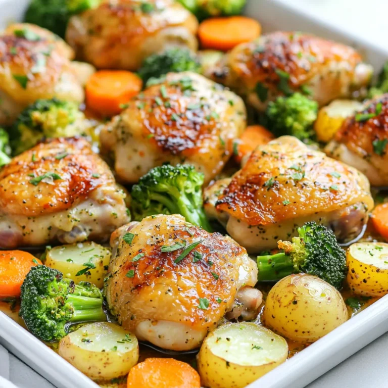 - 4 Hähnchenschenkel, ohne Knochen und Haut - 2 Tassen Babykartoffeln, halbiert - 1 Tasse Brokkoliröschen - 1 Tasse Karotten, in Scheiben geschnitten Die Hauptzutaten sind einfach zu finden. Hähnchenschenkel sind saftig und zart. Babykartoffeln geben eine süße Note. Brokkoli und Karotten bringen Farbe und Vitamine. Kombiniert ergeben sie eine tolle Mischung. - 4 Esslöffel ungesalzene Butter, geschmolzen - 4 Knoblauchzehen, fein gehackt - 2 Teelöffel getrockneter Thymian - 2 Teelöffel Paprika - Salz und Pfeffer nach Geschmack Die Gewürze sind der Schlüssel zum Geschmack. Die geschmolzene Butter macht alles reichhaltig. Knoblauch bringt ein tolles Aroma. Thymian und Paprika geben Tiefe. Salz und Pfeffer runden alles ab. - Frische Petersilie zum Garnieren Frische Petersilie macht das Gericht schön. Sie gibt einen frischen Farbklecks. Außerdem bringt sie einen leichten Geschmack mit. Das Auge isst mit, und so wird das Essen ein Genuss! {{ingredient_image_2}} Zuerst bereiten wir das Hähnchen und das Gemüse vor. Beginne mit den Hähnchenschenkeln. Entferne die Haut und Knochen, wenn nötig. Das macht das Hähnchen zart. Halbiere die Babykartoffeln. Schneide die Karotten in dünne Scheiben. Teile den Brokkoli in kleine Röschen. So bleibt alles gleichmäßig gar. Nun geht es zur Knoblauchbutter. In einer kleinen Schüssel mische die geschmolzene Butter, den fein gehackten Knoblauch, Thymian und Paprika. Füge Salz und Pfeffer hinzu. Mische alles gut, bis die Zutaten sich verbinden. Du willst, dass der Knoblauch seine Aromen freisetzt. Jetzt kommt der Spaß. Heize deinen Ofen auf 200°C vor. Nimm ein großes Backblech und lege die Hähnchenschenkel in die Mitte. Um das Hähnchen gruppierst du die Babykartoffeln, Karotten und Brokkoli. Gieße die Knoblauchbutter gleichmäßig über alles. Achte darauf, dass alles gut bedeckt ist. Dann mische das Gemüse sanft, damit es die Butter aufnimmt. Backe das Ganze 25 bis 30 Minuten. Die Innentemperatur des Hähnchens sollte 75°C erreichen. Das Gemüse wird zart und lecker. Nach dem Backen lasse das Gericht kurz ruhen. Vor dem Servieren streue frisch gehackte Petersilie darüber. Die Innentemperatur des Hähnchens ist sehr wichtig. Um sicherzustellen, dass das Hähnchen zart und saftig bleibt, sollte die Temperatur 75°C erreichen. Verwende ein Fleischthermometer, um dies zu prüfen. Stecke es in die dickste Stelle des Hähnchens. So weißt du genau, wann es fertig ist. Würz- und Marinadenoptionen machen das Gericht noch besser. Du kannst zum Beispiel Zitronensaft oder Honig hinzufügen. Diese Zutaten geben einen tollen Geschmack. Auch frische Kräuter wie Basilikum oder Oregano sind eine gute Wahl. Probiere verschiedene Gewürze aus, um deinen Lieblingsgeschmack zu finden. Meal Prep Vorschläge helfen dir, Zeit zu sparen. Du kannst das Gemüse und das Hähnchen am Vortag vorbereiten. Schneide das Gemüse und mariniere das Hähnchen in der Knoblauchbutter. Das macht die Zubereitung am Tag des Kochens ganz einfach. So hast du mehr Zeit, um das Essen zu genießen. Pro Tipps Hähnchen marinieren: Lassen Sie die Hähnchenschenkel vor dem Backen für mindestens 30 Minuten in der Knoblauchbutter-Mischung marinieren, um den Geschmack zu intensivieren. Gemüse variieren: Fühlen Sie sich frei, saisonales Gemüse hinzuzufügen oder auszutauschen. Zucchini oder Paprika passen ebenfalls hervorragend zu diesem Rezept. Knusprige Haut: Wenn Sie eine knusprigere Haut wünschen, können Sie die Hähnchenschenkel während der letzten 5 Minuten unter den Grill stellen. Resteverwertung: Verwenden Sie übrig gebliebenes Hähnchen und Gemüse in Salaten oder Wraps für eine schnelle und köstliche Mahlzeit am nächsten Tag. {{image_4}} Sie können das Gemüse ganz nach Ihrem Geschmack ändern. Die Babykartoffeln sind toll, aber Sie könnten auch Süßkartoffeln verwenden. Zucchini oder Paprika bringen Farbe und Geschmack. Auch grüne Bohnen oder Blumenkohl sind sehr schmackhaft. Experimentieren Sie mit dem Gemüse, das Sie mögen! Wenn Sie kein Hähnchen mögen, probieren Sie Pute oder Schweinefleisch. Diese Fleischsorten sind ebenfalls saftig und lecker. Für eine vegetarische Option nutzen Sie Tofu oder Seitan. Beide nehmen den Geschmack der Knoblauchbutter gut auf. So bleibt das Gericht spannend und abwechslungsreich. Für glutenfreies Essen nutzen Sie einfach glutenfreie Sojasauce. Damit bleibt der Geschmack erhalten. Wenn Sie Keto machen, ersetzen Sie die Kartoffeln durch Blumenkohl. Das macht das Gericht kohlenhydratarm und gesund. Diese Anpassungen ermöglichen es, das Rezept für jeden passend zu machen. Um Reste von Blechpfanne Knoblauchbutter-Hähnchen und Gemüse richtig zu lagern, benötigen Sie einen luftdichten Behälter. Stellen Sie sicher, dass das Gericht abgekühlt ist, bevor Sie es einpacken. Sie können die Reste bis zu drei Tage im Kühlschrank aufbewahren. Wenn Sie länger aufbewahren möchten, können Sie das Gericht auch einfrieren. Teilen Sie die Portionen in kleine Behälter auf. So können Sie die Menge besser kontrollieren und die Reste bleiben frisch. Das Gericht bleibt im Kühlschrank bis zu drei Tage frisch. Achten Sie darauf, die Reste gut abzudecken. Im Gefrierschrank können die Reste bis zu drei Monate gelagert werden. Achten Sie darauf, das Gericht gut einzufrieren, um Gefrierbrand zu vermeiden. Beschriften Sie die Behälter mit dem Datum, damit Sie wissen, wann Sie sie eingefroren haben. Die besten Methoden zum Wiedererwärmen sind das Mikrowellen oder der Ofen. Wenn Sie die Mikrowelle verwenden, stellen Sie die Leistung auf mittel und erwärmen Sie das Gericht in kurzen Intervallen. Rühren Sie das Essen zwischendurch um, damit es gleichmäßig warm wird. Wenn Sie den Ofen verwenden, heizen Sie ihn auf 180°C vor. Legen Sie das Gericht in eine Auflaufform und decken Sie es mit Alufolie ab. So bleibt das Hähnchen saftig und das Gemüse zart. Erwärmen Sie es etwa 15 bis 20 Minuten, bis alles heiß ist. Die Zubereitung dauert 10 Minuten. Die gesamte Zeit beträgt 40 Minuten. In 30 Minuten backen Sie das Hähnchen und das Gemüse. Das Gericht ist schnell und einfach. Ja, Sie können gefrorenes Gemüse verwenden. Es kann jedoch seine Textur verändern. Gefrorenes Gemüse wird oft weicher als frisches Gemüse. Achten Sie darauf, die Backzeit anzupassen. Überprüfen Sie die Garzeit und die Zartheit. Zu diesem Gericht passen viele Beilagen. Hier sind einige Ideen: - Reis oder Quinoa - Ein frischer grüner Salat - Knoblauchbrot für zusätzlichen Geschmack - Geröstetes Brot als schöne Ergänzung Diese Beilagen machen das Essen noch besser. Sie bringen Vielfalt auf den Tisch. Diese Anleitung zeigt, wie man ein leckeres Blechpfannen-Gericht mit Hähnchen und Gemüse zubereitet. Wir haben die Hauptzutaten, Gewürze und Tipps zur perfekten Zubereitung besprochen. Es ist einfach und macht Spaß, zu kochen. Variationen machen das Gericht interessant und passend für jeden Geschmack. Vergiss nicht, die Reste richtig zu lagern und wieder zu erhitzen. Mit diesen einfachen Schritten kannst du ein schmackhaftes Gericht genießen, das jeder liebt. Koch es einfach mal nach!