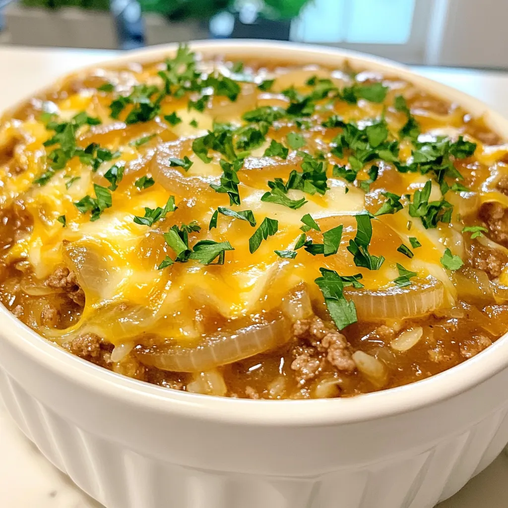 Französischer Zwiebelfleisch-Reis Auflauf lecker und einfach