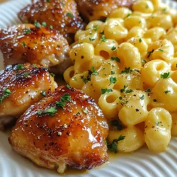 Für das würzige Honig-Hühnchen benötigst du: - 4 Hähnchenschenkel ohne Knochen und Haut - 120 ml Honig - 30 ml Sriracha-Sauce - 1 Teelöffel Knoblauchpulver - 1 Teelöffel Paprika - Salz und Pfeffer nach Geschmack Diese Zutaten machen das Hähnchen saftig und würzig. Der Honig gibt eine süße Note, während die Sriracha-Sauce für die Schärfe sorgt. Für das cremige Mac and Cheese brauchst du: - 1 Tasse ungekochte Ellbogen-Makkaroni - 2 Tassen geriebener scharfer Cheddar-Käse - 120 ml Milch - 30 g Butter Diese Zutaten machen das Gericht reichhaltig und cremig. Der scharfe Cheddar-Käse gibt dem Mac and Cheese einen tollen Geschmack. Zusätzlich benötigst du: - 1/4 Teelöffel schwarzer Pfeffer - 1/4 Teelöffel Cayennepfeffer (optional) - Frische Petersilie, gehackt (zur Garnierung) Die Gewürze und die Marinade sind der Schlüssel für den vollen Geschmack. Die Petersilie sorgt für eine schöne Farbe und Frische auf dem Teller. {{ingredient_image_2}} Beginne mit der Marinade. Mische in einer Schüssel Honig, Sriracha-Sauce, Knoblauchpulver und Paprika. Füge Salz und Pfeffer hinzu. Rühre alles gut um. Nimm die Hähnchenschenkel und lege sie in eine Auflaufform. Gieße die Marinade gleichmäßig darüber. Achte darauf, dass jedes Stück gut bedeckt ist. Decke die Form ab und stelle sie für mindestens 30 Minuten in den Kühlschrank. Je länger, desto besser der Geschmack. Koche die Ellbogen-Makkaroni laut Packungsanleitung. Sie sollten al dente sein. Das bedeutet, sie sind weich, aber noch bissfest. Gieße die Makkaroni ab und stelle sie beiseite. Während die Makkaroni kochen, schmelze die Butter in einem Topf bei mittlerer Hitze. Füge die Milch hinzu und rühre gut um. Streue dann den geriebenen Cheddar-Käse langsam hinein. Rühre ständig, bis der Käse schmilzt und die Sauce cremig wird. Mische die gekochten Makkaroni unter die Käsesauce. Würze mit schwarzem und optionalem Cayennepfeffer. Heize deinen Ofen auf 200°C vor. Lege die marinierten Hähnchenschenkel auf ein mit Backpapier ausgelegtes Backblech. Backe das Hähnchen 20 bis 25 Minuten lang. Überprüfe, ob die innere Temperatur 74°C erreicht hat. Das Hähnchen sollte schön goldbraun sein. Lass es nach dem Backen einige Minuten ruhen. Schneide das Hühnchen in Scheiben. Serviere es auf einer Portion cremigem Mac and Cheese. Garniere das Gericht mit gehackter Petersilie. Um das Hühnchen richtig lecker zu machen, ist die Marinade entscheidend. Mische den Honig mit Sriracha, Knoblauchpulver und Paprika. Diese Mischung sorgt für Süße und Schärfe. Lass das Hühnchen mindestens 30 Minuten marinieren. So ziehen die Aromen gut ein. Für intensiveren Geschmack kannst du es bis zu 2 Stunden im Kühlschrank lassen. Probiere auch, das Hühnchen über Nacht zu marinieren. Das gibt noch mehr Geschmack! Die Konsistenz des Mac and Cheese macht viel aus. Koche die Makkaroni al dente, damit sie nicht matschig werden. Die Käsesauce sollte cremig, aber nicht zu dünn sein. Wenn du die Milch hinzufügst, rühre langsam den Käse ein. Achte darauf, dass der Käse gut schmilzt. Wenn die Sauce zu dick ist, füge etwas mehr Milch hinzu. Wenn sie zu dünn ist, koche sie einfach noch ein wenig. Serviere dein Gericht mit einem Klecks frischer Petersilie. Das bringt Farbe auf den Teller. Lege das Hühnchen auf die Makkaroni, so sieht es schön aus. Du kannst auch etwas mehr Sriracha darüber träufeln, wenn du es schärfer magst. Die Kombination aus süßem Hühnchen und cremigem Käse ist einfach köstlich. Achte darauf, die Portionen gleichmäßig zu verteilen. So bekommt jeder ein Stück vom leckeren Hühnchen! Pro Tipps Marinade länger einziehen lassen: Je länger das Hähnchen in der Marinade bleibt, desto intensiver wird der Geschmack. Versuchen Sie, es über Nacht im Kühlschrank marinieren zu lassen, wenn Sie die Zeit haben. Die perfekte Käse-Sauce: Achten Sie darauf, den Käse langsam zuzufügen und ständig zu rühren, um Klumpenbildung zu vermeiden und eine glatte, cremige Sauce zu erhalten. Hähnchen richtig garen: Nutzen Sie ein Fleischthermometer, um sicherzustellen, dass das Hähnchen die richtige Innentemperatur von 74°C (165°F) erreicht hat; dies sorgt für saftiges und sicheres Essen. Garnieren für Frische: Frische Kräuter wie Petersilie nicht nur zur Dekoration verwenden, sondern auch für zusätzlichen Geschmack und Farbe auf dem Teller sorgen. {{image_4}} Wenn du nach Abwechslung suchst, probiere verschiedene Proteine. Du kannst Hähnchen durch Pute ersetzen. Putenbrust hat einen ähnlichen Geschmack und bleibt saftig. Alternativ kannst du auch Schweinefleisch verwenden. Es passt gut zur süßen Marinade. Für eine pflanzliche Option, verwende Tofu oder Seitan. Diese sind proteinreich und nehmen die Marinade gut auf. Um eine vegane Version von Mac and Cheese zu machen, nimm pflanzliche Milch. Mandel- oder Hafermilch sind gute Optionen. Statt Cheddar-Käse kannst du veganen Käse verwenden. Einige Marken bieten köstliche Alternativen. Du kannst auch Nährhefe hinzufügen. Sie gibt einen käsigen Geschmack. Eine Mischung aus Cashewkernen und Gewürzen macht die Sauce cremig und lecker. Die Schärfe deiner Marinade kannst du leicht anpassen. Wenn du es milder magst, reduziere die Sriracha-Sauce. Für mehr Schärfe füge extra Cayennepfeffer hinzu. Beginne mit einer kleinen Menge und taste dich vor. Du kannst auch andere scharfe Soßen ausprobieren. Experimentiere mit verschiedenen Sorten, um deinen perfekten Geschmack zu finden. Um das übrig gebliebene Hähnchen frisch zu halten, lege es in einen luftdichten Behälter. Du kannst es bis zu drei Tage im Kühlschrank aufbewahren. Achte darauf, das Hähnchen vor dem Servieren gut zu erhitzen. Dies sorgt dafür, dass es wieder lecker schmeckt. Für das Mac and Cheese gilt das Gleiche. Stelle es in einen luftdichten Behälter. So bleibt es bis zu fünf Tage frisch. Vor dem Essen erhitze es in der Mikrowelle oder in einem Topf. Füge etwas Milch hinzu, um die Cremigkeit zu erhalten. Du kannst das Hähnchen und das Mac and Cheese auch einfrieren. Wickel sie gut in Frischhaltefolie ein. Sie sind bis zu drei Monate haltbar. Um sie wieder aufzuwärmen, lasse sie über Nacht im Kühlschrank auftauen. Erwärme sie dann in der Mikrowelle oder im Ofen. So bleiben die Aromen erhalten und du genießt ein köstliches Gericht. Das Hühnchen sollte mindestens 30 Minuten marinieren. Wenn du mehr Geschmack willst, lasse es bis zu 2 Stunden im Kühlschrank. Die Marinade zieht dann tief in das Fleisch ein. So wird das Hühnchen zart und würzig. Ja, du kannst die Sriracha-Sauce ersetzen. Verwende stattdessen scharfe Sojasauce oder Chili-Paste. Diese Optionen bringen ebenfalls Schärfe und Geschmack. Achte darauf, die Menge je nach gewünschter Schärfe anzupassen. Um Mac and Cheese cremiger zu machen, füge mehr Milch hinzu. Du kannst auch Frischkäse oder saure Sahne verwenden. Diese Zutaten geben eine reichhaltige Textur. Rühre alles gut ein, damit sich die Aromen vermischen. In diesem Blogpost haben wir die wichtigsten Zutaten für würziges Honig-Hühnchen und cremiges Mac and Cheese erkundet. Du hast gelernt, wie man das Hühnchen richtig mariniert und die perfekte Konsistenz des Mac and Cheese erzielt. Wir haben auch nützliche Tipps gegeben und Variationen besprochen, um deine Mahlzeit aufzupeppen. Denke daran, dass die Lagerung und das Einfrieren wichtig sind, um die Frische zu bewahren. Probiere diese Rezepte aus und mache sie zu deinen eigenen!