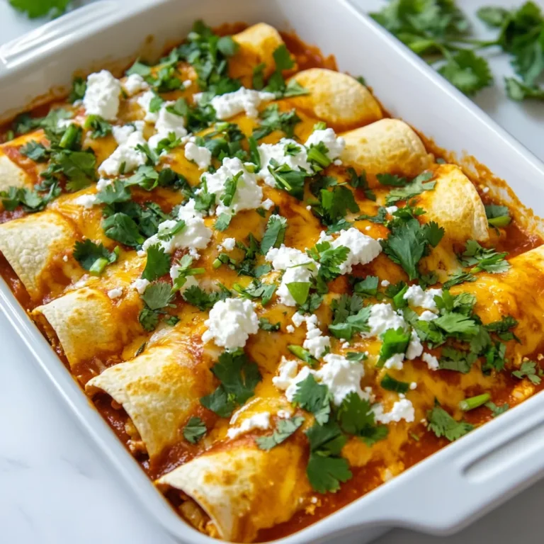 Für die Jalapeño Popper Hähnchen Enchiladas benötigst du frische Zutaten. Hier sind die Hauptbestandteile: - 2 Tassen gekochtes Hähnchen, zerkleinert - 1 Tasse Frischkäse, weich - 1 Tasse geriebener Cheddar-Käse - 1/2 Tasse gewürfelte Jalapeños (frisch oder eingelegt) - 1 Teelöffel Knoblauchpulver - 1 Teelöffel Zwiebelpulver - 8 kleine Tortillas aus Weizenmehl - 1 Tasse Enchiladasoße (rot oder grün) - 1/2 Tasse zerbröckelter Queso Fresco (zum Bestreuen) - Frisch gehackter Koriander (zum Garnieren) - Salz und Pfeffer nach Geschmack Diese Zutaten sorgen für eine leckere und cremige Füllung. Die Gewürze bringen Geschmack in deine Enchiladas. Knoblauchpulver und Zwiebelpulver sind einfache, aber effektive Optionen. Sie geben der Füllung Tiefe und einen herzhaften Geschmack. Du kannst auch etwas Paprika oder Kreuzkümmel hinzufügen, um mehr Wärme zu erzeugen. Denke daran, die Mischung gut mit Salz und Pfeffer abzuschmecken. So wird das Gericht perfekt. Jalapeños können frisch oder eingelegt verwendet werden. Frische Jalapeños sind knackig und haben einen scharfen Geschmack. Sie bringen eine frische Note in die Enchiladas. Eingelegte Jalapeños hingegen sind milder und haben einen süß-sauren Geschmack. Diese sind einfacher zu verarbeiten und geben eine schöne Farbe. Du kannst die Art wählen, die dir besser gefällt. Beide Optionen sind lecker und machen deine Enchiladas besonders. {{ingredient_image_2}} Heize deinen Ofen auf 180°C vor. Bereite alle Zutaten vor. Du brauchst gekochtes Hähnchen, Frischkäse, Cheddar, Jalapeños, und Gewürze. Diese Mischung macht die Füllung lecker und cremig. Nimm eine große Schüssel. Vermenge das zerkleinerte Hähnchen, den weichen Frischkäse, den geriebenen Cheddar, die Jalapeños, das Knoblauchpulver und das Zwiebelpulver. Würze mit Salz und Pfeffer. Mische alles gut, bis eine cremige Füllung entsteht. Nimm eine Tortilla und lege eine Portion der Füllung in die Mitte. Rolle die Tortilla fest auf, sodass die Füllung nicht herausfällt. Lege die Rolle mit der Naht nach unten in eine gefettete Auflaufform. Wiederhole diesen Schritt für alle Tortillas. Gieße die Enchiladasoße gleichmäßig über die Tortillas. Bestreue sie mit zerbröckeltem Queso Fresco. Decke die Form mit Aluminiumfolie ab und backe sie 20 Minuten lang. Entferne die Folie und backe sie für weitere 10-15 Minuten, bis der Käse sprudelt. Lass sie kurz abkühlen, dann garniere sie mit frischem Koriander. Serviere die Enchiladas schön angerichtet auf einem bunten Teller. Ein häufiger Fehler ist, die Tortillas nicht richtig zu füllen. Füllen Sie jede Tortilla gleichmäßig, damit sie beim Rollen nicht platzt. Eine andere Falle ist zu viel Enchiladasoße. Zu viel kann die Tortillas weich machen. Gießen Sie die Soße gleichmäßig, aber nicht übermäßig. Für eine knusprige Käsekruste verwenden Sie frischen Cheddar-Käse. Reiben Sie den Käse selbst, um bessere Schmelze zu erzielen. Streuen Sie ihn großzügig über die Enchiladas vor dem Backen. Lassen Sie die Folie nach 20 Minuten ab. So kann der Käse goldbraun werden. Um die Schärfe anzupassen, nutzen Sie mehr oder weniger Jalapeños. Frische Jalapeños geben mehr Biss, eingelegte sind milder. Für eine mildere Füllung entfernen Sie die Samen und die Membran. Wer es schärfer mag, kann auch zusätzlich gehackte frische Jalapeños verwenden. Pro Tipps Tipp zur Hähnchenwahl: Verwenden Sie am besten vorgekochtes Hähnchen von einem Brathähnchen oder selbstgekochtes Hähnchen für extra Geschmack und Saftigkeit. Jalapeño-Variante: Passen Sie die Schärfe an, indem Sie die Menge der Jalapeños variieren oder milde Paprika für weniger Schärfe verwenden. Cheddar-Alternativen: Experimentieren Sie mit verschiedenen Käsesorten wie Monterey Jack oder Gouda, um neue Geschmackskombinationen zu entdecken. Garnitur-Ideen: Fügen Sie Avocadoscheiben oder einen Spritzer Limettensaft hinzu, um die Enchiladas frisch und geschmackvoll zu gestalten. {{image_4}} Um eine vegetarische Version der Jalapeño Popper Hähnchen Enchiladas zu machen, ersetzen Sie das Hähnchen. Sie können stattdessen schwarze Bohnen oder Quinoa nutzen. Diese Zutaten geben einen guten Biss und viel Protein. Fügen Sie auch mehr Gemüse hinzu, wie Paprika oder Zucchini, um die Füllung zu erweitern. Wenn Sie kein Hähnchen verwenden möchten, gibt es viele Alternativen. Gegrillter Lachs oder Garnelen passen gut. Für eine pflanzliche Option probieren Sie Linsen oder Tofu. Diese helfen, den Geschmack und die Textur der Enchiladas zu bewahren. Für glutenfreie Enchiladas verwenden Sie spezielle glutenfreie Tortillas. Diese sind oft aus Mais oder Reismehl. Sie sind leicht zu finden. Achten Sie darauf, beim Kauf auf die Zutatenliste zu schauen. So stellen Sie sicher, dass keine Glutenquellen enthalten sind. Um Reste Ihrer Jalapeño Popper Hähnchen Enchiladas aufzubewahren, verwenden Sie luftdichte Behälter. Lassen Sie das Gericht zuerst auf Raumtemperatur abkühlen. Legen Sie die Enchiladas in den Behälter und decken Sie ihn gut ab. So bleiben sie frisch und lecker. Beim Aufwärmen der Enchiladas gibt es ein paar einfache Methoden. Sie können sie im Ofen auf 180°C (350°F) für 15-20 Minuten aufwärmen. Decken Sie sie mit Aluminiumfolie ab, damit sie nicht austrocknen. Alternativ können Sie die Mikrowelle nutzen. Stellen Sie die Enchiladas auf einen mikrowellengeeigneten Teller und erwärmen Sie sie für 1-2 Minuten. Prüfen Sie zwischendurch die Temperatur. Im Kühlschrank halten sich die Enchiladas etwa 3-4 Tage. Stellen Sie sicher, dass sie gut verpackt sind. Wenn Sie die Enchiladas länger aufbewahren möchten, frieren Sie sie ein. In einem luftdichten Behälter sind sie bis zu 3 Monate haltbar. Lassen Sie sie vor dem Verzehr im Kühlschrank auftauen. Die Zubereitung dieser köstlichen Enchiladas dauert insgesamt etwa 45 Minuten. Die Vorbereitungszeit beträgt ca. 15 Minuten. Das Backen im Ofen dauert dann noch 30 Minuten. In dieser Zeit können Sie die Enchiladas perfekt zubereiten und die Aromen entfalten lassen. Ja, Sie können die Füllung im Voraus zubereiten. Mischen Sie einfach das zerkleinerte Hähnchen, den Frischkäse, den Cheddar, die Jalapeños und die Gewürze. Lagern Sie die Mischung in einem luftdichten Behälter im Kühlschrank. So sparen Sie Zeit, wenn Sie die Enchiladas später zubereiten möchten. Zu Jalapeño Popper Hähnchen Enchiladas passen viele köstliche Beilagen. Hier sind einige Ideen: - Reis - Bohnen - Guacamole - Salsa - Sour Cream - Ein frischer Salat Diese Beilagen ergänzen den Geschmack der Enchiladas perfekt und machen Ihr Essen noch bunter. In diesem Artikel haben wir die besten Zutaten und Tipps für Jalapeño Popper Hähnchen Enchiladas erkundet. Ich habe dir Schritt-für-Schritt-Anleitungen gegeben, um diese leckere Mahlzeit einfach zuzubereiten. Zudem habe ich einige Variationen und Aufbewahrungshinweise geteilt, die deine Küche noch vielseitiger machen. Denke daran, mit Schärfe und Käse zu experimentieren. So findest du das perfekte Rezept für dich. Viel Spaß beim Kochen und Genießen!