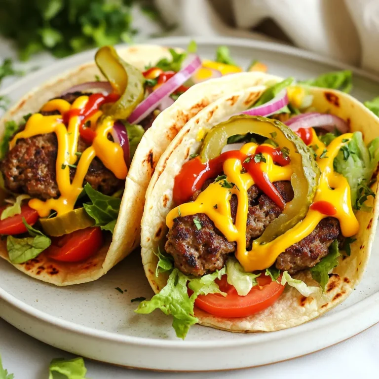 Für Smash Burger Tacos brauchst du diese Zutaten: - 450 g Rinderhackfleisch (80/20-Mischung für Saftigkeit) - 8 kleine Tortillas aus Weizenmehl - 1 Tasse frisch gehackter Kopfsalat - 1 Tasse geriebener Cheddar-Käse - 1 Tasse gewürfelte Tomaten - 1/2 rote Zwiebel, fein gehackt - 1/4 Tasse Essiggurken, in Scheiben geschnitten Diese Zutaten sind einfach zu finden. Das Rinderhackfleisch sorgt für Geschmack und Saftigkeit. Die Tortillas sind die perfekte Basis für die Tacos. Kopfsalat und Tomaten bringen Frische. Um die Tacos richtig zu würzen, benötigst du: - 2 Esslöffel Mayonnaise - 1 Esslöffel Ketchup - 1 Esslöffel Senf - Salz und Pfeffer nach Geschmack - Rapsöl zum Braten - Optional: Scharfe Sauce für zusätzlichen Kick Diese Gewürze und Saucen geben den Tacos das besondere Etwas. Du kannst die Menge der Saucen anpassen. Wenn du es scharf magst, füge die scharfe Sauce hinzu. Du kannst verschiedene Tortillas verwenden: - Weizentortillas für einen klassischen Geschmack - Maistortillas für eine glutenfreie Option - Vollkorn-Tortillas für mehr Ballaststoffe Jede Tortilla bringt ihren eigenen Geschmack. Wähle die, die dir am besten gefällt. So machst du die Smash Burger Tacos ganz nach deinem Wunsch. {{ingredient_image_2}} Um die Pattys vorzubereiten, nehme ich 450 g Rinderhackfleisch. Ich verwende eine 80/20-Mischung für die beste Saftigkeit. In einer großen Schüssel würze ich das Fleisch mit Salz und Pfeffer. Danach teile ich das Fleisch in 8 Portionen. Ich forme die Portionen zu lockeren Bällchen, ohne sie zu stark zu drücken. Das ist wichtig, damit die Pattys saftig bleiben. Ich erhitze eine Pfanne bei mittlerer bis hoher Temperatur. Dann gebe ich einen Schuss Rapsöl hinein. Wenn das Öl heiß ist, lege ich die Fleischbällchen in die Pfanne. Mit einer Spatel drücke ich die Bällchen flach. Ich brate sie etwa 2-3 Minuten. Eine schöne Kruste ist wichtig. Danach wende ich die Pattys. Auf jede Patty lege ich eine Scheibe Cheddar-Käse. Ich brate sie weitere 1-2 Minuten, bis der Käse schmilzt. Während die Pattys braten, erwärme ich die Tortillas. Ich nutze entweder eine Pfanne oder die Mikrowelle. Die Tortillas sollen weich und biegsam sein. Nun kann ich die Tacos zusammenstellen. Auf jede warme Tortilla lege ich ein Patty. Dann füge ich gehackten Kopfsalat, gewürfelte Tomaten, gehackte Zwiebeln und Gurkenscheiben hinzu. Ein Spritzer Mayonnaise, Ketchup und Senf rundet das Ganze ab. Um die Burger saftig zu halten, verwenden Sie eine Mischung aus 80% Rindfleisch und 20% Fett. Dieses Verhältnis sorgt für einen guten Geschmack und eine tolle Textur. Formen Sie die Fleischbällchen sanft, ohne sie zu stark zu drücken. Wenn Sie sie zu fest kneten, verlieren sie ihre Saftigkeit. Braten Sie die Pattys bei mittlerer bis hoher Hitze, damit sie schön bräunen. Wenn Sie Käse hinzufügen, schmilzt dieser und bleibt saftig. Erwärmen Sie die Tortillas, bevor Sie die Tacos zusammenstellen. Warme Tortillas sind weich und leicht zu rollen. Sie können sie in einer Pfanne bei schwacher Hitze oder in der Mikrowelle aufwärmen. In der Mikrowelle reicht eine Minute aus. Wickeln Sie die Tortillas in ein feuchtes Küchentuch, um sie warm zu halten. So bleiben sie frisch und flexibel. Die Beläge und Saucen können Sie nach Ihrem Geschmack anpassen. Neben Kopfsalat und Tomaten können Sie auch Avocado oder Jalapeños verwenden. Für die Saucen probieren Sie eine Mischung aus Mayonnaise, Ketchup und scharfer Sauce. Diese Kombination gibt den Tacos einen tollen Kick. Seien Sie kreativ! Pro Tipps Verwenden Sie hochwertiges Fleisch: Ein Rinderhackfleisch mit einem Fettanteil von 80/20 sorgt für saftige und geschmackvolle Patties. Die richtige Temperatur: Stellen Sie sicher, dass die Pfanne oder der Grill heiß genug ist, bevor Sie das Fleisch hinzufügen, um eine schöne Kruste zu erzielen. Käse gleichmäßig schmelzen: Decken Sie die Patties nach dem Wenden sofort mit Käse ab, damit er gleichmäßig schmilzt und die Aromen verbindet. Tortillas richtig aufwärmen: Erwärmen Sie die Tortillas nur kurz, um sie weich und biegsam zu machen, damit sie die Füllung gut halten. {{image_4}} Wenn Sie eine fleischfreie Option wollen, probieren Sie diese Ideen! Sie können schwarze Bohnen oder Linsen als Füllung nutzen. Diese sind nahrhaft und lecker. Eine weitere Idee ist, gegrilltes Gemüse wie Paprika und Zucchini zu verwenden. Diese bringen Farbe und Geschmack in die Tacos. Fügen Sie auch etwas Avocado hinzu. Das macht die Tacos cremig und reichhaltig. Käse macht alles besser, das gilt auch für Tacos! Versuchen Sie verschiedene Sorten, um neue Aromen zu entdecken. Neben Cheddar können Sie auch Gouda oder Mozzarella verwenden. Wenn Sie es scharf mögen, wählen Sie Pepper Jack. Für einen besonderen Geschmack probieren Sie Feta oder Blauschimmelkäse. Diese Käsesorten machen Ihre Tacos einzigartig und spannend. Saucen bringen Geschmack und Persönlichkeit in Ihre Tacos. Sie können scharfe Saucen selbst machen. Mischen Sie Joghurt mit Chili und Limettensaft für eine scharfe Sauce. Für eine süße Note probieren Sie eine BBQ-Sauce oder Ketchup mit Honig. Beide Optionen geben Ihren Tacos den richtigen Kick. Experimentieren Sie mit den Mengen, bis Sie Ihre perfekte Sauce finden. Um die Reste der Smash Burger Tacos richtig zu lagern, packe sie in einen luftdichten Behälter. Stelle sicher, dass der Behälter gut verschlossen ist. So bleiben die Tacos frisch. Du kannst sie im Kühlschrank bis zu drei Tage aufbewahren. Wenn du die Tacos in ein paar Stunden essen möchtest, kannst du sie auch auf einen Teller decken. Das Aufwärmen der Smash Burger Tacos ist einfach. Du kannst sie in der Mikrowelle aufwärmen. Lege sie für 30 Sekunden hinein und überprüfe die Temperatur. Wenn sie nicht warm genug sind, erwärme sie in Schritten von 10 Sekunden. Eine andere Methode ist, sie in einer Pfanne zu erhitzen. So bleibt die Tortilla knusprig. Erhitze die Pfanne bei mittlerer Hitze und lege die Tacos hinein. Drehe sie nach ein paar Minuten um. Die Haltbarkeit der Zutaten ist wichtig. Rinderhackfleisch kann im Kühlschrank 1 bis 2 Tage frisch bleiben. Käse und Gemüse wie Kopfsalat und Tomaten halten sich etwa 3 bis 5 Tage. Tortillas sind bei guter Lagerung bis zu zwei Wochen haltbar. Überprüfe die Verpackung auf das Haltbarkeitsdatum, um sicherzugehen. Wenn die Zutaten frisch sind, kannst du die Tacos jederzeit genießen. Diese Smash Burger Tacos ergeben vier Portionen. Du kannst die Menge leicht anpassen. Verdopple die Zutaten, um mehr Tacos zu machen. Wenn du mehr Gäste hast, ist das eine gute Idee. Jeder Taco hat genug Fleisch und Belag. Das macht sie sehr sättigend. Ja, du kannst die Tacos im Voraus vorbereiten. Du kannst die Patties vorab formen und die Zutaten bereitstellen. Lagere sie im Kühlschrank, bis du bereit bist zu kochen. Erwärme die Tortillas kurz, bevor du die Tacos zusammenstellst. So bleiben sie frisch und lecker. Das spart dir Zeit, wenn du Gäste hast. Der beste Käse für Smash Burger Tacos ist Cheddar. Er schmilzt gut und hat tollen Geschmack. Du kannst auch andere Käsesorten ausprobieren. Gouda oder Monterey Jack sind auch lecker. Wähle den Käse, der dir am besten gefällt. So kreierst du deinen perfekten Taco. Smash Burger Tacos sind einfach und lecker. Wir haben die besten Zutaten, Gewürze und Tortilla-Optionen erkundet. Die Schritt-für-Schritt-Anleitung macht das Kochen leicht. Tipps helfen dir, die Burger saftig zu halten und die Tortillas perfekt zu erwärmen. Du kannst kreativ mit Füllungen und Saucen sein. Reste lassen sich gut lagern und aufwärmen. Probiere verschiedene Käsesorten und genieße diese tollen Tacos. Jedes Mal wird es besser! Viel Spaß beim Ausprobieren!