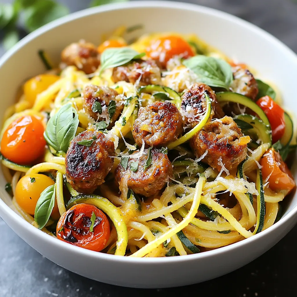 Für dieses Rezept benötigst du einige frische und gesunde Zutaten. Die Hauptbestandteile sind: - 340 g Vollkorn-Spaghetti - 2 mittelgroße Zucchini, spiralisiert - 3 Hähnchenbratwürste, in Scheiben geschnitten (vorzugsweise italienischer Art) - 2 Esslöffel Olivenöl - 3 Knoblauchzehen, fein gehackt - 240 g Kirschtomaten, halbiert - 1 Teelöffel getrockneter Oregano - Salz und Pfeffer nach Geschmack - 60 g geriebener Parmesan (optional) - Frische Basilikumblätter zum Garnieren Diese Zutaten geben deinem Gericht Geschmack und Nährstoffe. Gewürze und Öle bringen das Gericht zum Leben. Hier sind die wichtigsten: - Olivenöl: Es gibt einen schönen Geschmack und hilft beim Braten. - Getrockneter Oregano: Er fügt eine würzige Note hinzu. - Salz und Pfeffer: Diese sind wichtig, um die Aromen auszugleichen. Die Kombination dieser Gewürze macht das Essen lecker und aromatisch. Manchmal möchte man das Gericht anpassen. Hier sind einige optionale Zutaten, die du verwenden kannst: - Geriebener Parmesan: Für einen extra cremigen Geschmack. - Frische Kräuter: Wie Petersilie oder Thymian für mehr Frische. - Chili-Flocken: Wenn du es scharf magst, füge etwas hinzu. Diese Optionen geben dir Freiheit, das Gericht nach deinem Geschmack zu gestalten. {{ingredient_image_2}} Um die Vollkorn-Spaghetti perfekt zu kochen, bringe einen großen Topf mit gesalzenem Wasser zum Kochen. Füge die Spaghetti hinzu und koche sie gemäß der Anweisung auf der Verpackung. Die Spaghetti sollten al dente sein. Bevor du sie abgießt, reserviere 120 ml Nudelwasser. Dann gieße die Pasta ab und stelle sie beiseite. Erhitze in einer großen Pfanne 2 Esslöffel Olivenöl bei mittlerer Hitze. Schneide die Hähnchenbratwürste in Scheiben und lege sie in die Pfanne. Brate die Wurst etwa 5-7 Minuten, bis sie goldbraun und durchgegart sind. Achte darauf, dass sie gleichmäßig gebräunt wird. Füge die 3 fein gehackten Knoblauchzehen in die Pfanne hinzu. Brate den Knoblauch etwa 1 Minute lang, bis er aromatisch ist. Danach kommen die 240 g halbierten Kirschtomaten und 1 Teelöffel getrockneter Oregano dazu. Brate alles zusammen für weitere 2-3 Minuten. Die Tomaten sollten weich werden. Jetzt ist es Zeit, die 2 spiralisierten Zucchini in die Pfanne zu geben. Mische alles gut durch und koche es für etwa 3-5 Minuten. Die Zucchini-Nudeln sollten zart, aber noch leicht knackig sein. Achte darauf, dass sie nicht matschig werden. Gib die gekochten Spaghetti in die Pfanne. Füge nach und nach 1-2 Esslöffel des reservierten Nudelwassers hinzu. Das Wasser hilft, eine leichte Sauce zu bilden. Mische alles gut durch und schmecke die Pasta mit Salz und Pfeffer ab. Nimm die Pfanne vom Herd und richte die Hähnchenbratwurst-Zucchini-Pasta auf Serviertellern an. Wenn du magst, streue geriebenen Parmesan darüber. Garniere das Gericht mit frischen Basilikumblättern für einen schönen Touch. Zucchini-Nudeln sind eine tolle, leichte Alternative zu Pasta. Sie sind einfach zu machen. Spiralisiere die Zucchini mit einem Spiralschneider. Achte darauf, die Zucchini nicht zu lange zu kochen. So bleiben sie knackig. Brate sie nur 3 bis 5 Minuten in der Pfanne. Das gibt dir den besten Geschmack und die beste Textur. Wenn du sie zu lange kochst, werden sie matschig. Du kannst das Rezept nach deinem Geschmack anpassen. Füge mehr Knoblauch für einen intensiveren Geschmack hinzu. Wenn du es würziger magst, nehme scharfe Hähnchenbratwürste. Füge frische Kräuter wie Petersilie oder Thymian hinzu. Auch etwas Zitronensaft kann die Aromen aufhellen. Wenn du eine cremigere Sauce magst, mische etwas Sahne oder Frischkäse unter. Die Kochzeit der Spaghetti ist wichtig. Koche die Vollkorn-Spaghetti nach Packungsanweisung. Halte sie al dente, damit sie nicht zu weich werden. Wenn du die Pasta abgießt, bewahre etwas Nudelwasser auf. Dieses Wasser hilft, die Sauce zu binden. Wenn du alles kombinierst, achte darauf, dass die Pasta heiß ist. So ziehen die Aromen besser in die Nudeln ein. Pro Tipps Frische Zucchini: Verwenden Sie frische Zucchini für den besten Geschmack und die beste Textur. Achten Sie darauf, sie nicht zu lange zu kochen, damit sie knackig bleiben. Würzige Bratwürste: Probieren Sie verschiedene Sorten von Hähnchenbratwürsten, um den Geschmack zu variieren. Italienische Bratwürste haben oft zusätzliche Gewürze, die das Gericht aufwerten. Parmesan hinzufügen: Für mehr Geschmack können Sie den Parmesan kurz vor dem Servieren direkt in die Pfanne geben und gut vermischen, damit er schmilzt und das Gericht cremiger wird. Garnieren mit frischen Kräutern: Verwenden Sie frisches Basilikum oder andere Kräuter, um dem Gericht einen frischen, aromatischen Touch zu verleihen. Diese können auch als hübsche Garnitur dienen. {{image_4}} Wenn du eine vegetarische Option möchtest, probiere Tofu oder Tempeh. Schneide sie in kleine Stücke und brate sie wie die Wurst an. Du kannst auch Linsen oder Kichererbsen verwenden. Diese sind proteinreich und sehr sättigend. Sie bringen einen leckeren Geschmack in dein Gericht. Du kannst auch andere Wurstsorten verwenden. Italienische Wurst gibt einen tollen Geschmack. Probiere auch Bratwürste aus Rind oder Schwein. Sie verleihen deinem Gericht eine andere Note. Wenn du scharfe Würste magst, nimm Chorizo für einen würzigen Kick. Füge noch mehr Gemüse hinzu, um das Gericht bunter und gesünder zu machen. Paprika, Spinat oder Brokkoli sind tolle Optionen. Sie bringen Farbe und viele Nährstoffe. Achte darauf, sie kurz zu garen, damit sie knackig bleiben. Erkunde die Vielfalt der Gemüsesorten und finde deine Lieblingskombinationen. Um die Hähnchenbratwurst-Zucchini-Pasta im Kühlschrank aufzubewahren, lege sie in einen luftdichten Behälter. So bleibt sie frisch. Du kannst die Pasta bis zu drei Tage lagern. Stelle sicher, dass die Pasta abgekühlt ist, bevor du sie in den Kühlschrank stellst. So vermeidest du Kondenswasser und matschige Nudeln. Wenn du die Pasta länger aufbewahren möchtest, kannst du sie einfrieren. Teile die Pasta in Portionen und lege sie in Gefrierbeutel. Drücke die Luft heraus, bevor du sie verschließt. So bleibt die Pasta bis zu drei Monate frisch. Achte darauf, die Pasta vor dem Einfrieren gut abzukühlen. Das hilft, die Textur zu bewahren. Um die Pasta wieder aufzuwärmen, nutze eine Pfanne oder die Mikrowelle. In der Pfanne erhitzt du etwas Olivenöl und gibst die Pasta hinein. Füge einen Spritzer Wasser hinzu, um die Nudeln nicht trocken werden zu lassen. In der Mikrowelle erwärmst du die Pasta in einem geeigneten Behälter. Decke sie mit einem feuchten Tuch ab, damit sie feucht bleibt. Erwärme sie in Intervallen von 30 Sekunden, bis sie heiß ist. Wenn du die Hähnchenbratwurst nicht hast, kannst du sie durch Pute oder Tofu ersetzen. Beide Optionen bieten einen ähnlichen Geschmack und eine gute Textur. Du kannst auch Gemüsewürste ausprobieren, wenn du es vegan magst. Achte darauf, die Garzeit anzupassen, falls nötig. Ja, diese Pasta kann glutenfrei sein. Verwende glutenfreie Spaghetti anstelle von Vollkorn-Spaghetti. Achte darauf, dass alle anderen Zutaten auch glutenfrei sind. So bleibt das Gericht für alle verträglich. Um matschige Zucchini-Nudeln zu vermeiden, achte darauf, die Zucchini nicht zu lange zu garen. Brate sie nur 3-5 Minuten an, bis sie zart, aber knackig sind. Du kannst auch etwas Salz hinzufügen und die Zucchini vor dem Kochen abtropfen lassen. So wird die Feuchtigkeit reduziert. Zu Hähnchenbratwurst-Zucchini-Pasta passen frische Salate gut. Ein einfacher grüner Salat mit Zitronen-Dressing schmeckt klasse. Auch geröstetes Gemüse oder Knoblauchbrot sind tolle Beilagen. Sie ergänzen den Geschmack der Pasta wunderbar. Diese Hähnchenbratwurst-Zucchini-Pasta bietet viele leckere Möglichkeiten. Wir haben die Hauptzutaten und Gewürze besprochen. Ich habe einfache Schritte zur Zubereitung erklärt und hilfreiche Tipps gegeben. Variationen wie vegetarische Optionen sind ebenfalls möglich. Vergessen Sie nicht, die Pasta richtig zu lagern. Kochen soll Spaß machen! Mit diesen Tipps können Sie Ihr Gericht anpassen. Viel Freude beim Ausprobieren!