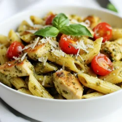 Um Pesto-Hühnchen-Pasta in 30 Minuten zu machen, brauchst du: - 225 g (ca. 8 oz) Penne-Nudeln - 2 Esslöffel Olivenöl - 450 g (1 Pfund) Hähnchenbrust, in kleine Würfel geschnitten - 1 Teelöffel Knoblauchpulver - Salz und Pfeffer nach Geschmack - 240 ml (1 Tasse) Basilikum-Pesto (aus dem Geschäft oder selbstgemacht) - 125 g (1/2 Tasse) Kirschtomaten, halbiert - 30 g (1/4 Tasse) geriebener Parmesan-Käse - Frische Basilikumblätter zur Garnierung Diese Zutaten sind einfach zu finden. Du kannst sie in jedem Supermarkt kaufen. Jede Portion dieser Pasta hat etwa: - Kalorien: 450 kcal - Protein: 35 g - Kohlenhydrate: 50 g - Fett: 15 g Diese Angaben können je nach Marke der Zutaten variieren. Es ist wichtig, die Etiketten zu lesen. So weißt du, was du isst. Falls du spezielle Diäten hast, gibt es Alternativen: - Glutenfrei: Verwende glutenfreie Penne-Nudeln. - Vegan: Nutze pflanzliches Pesto und ersetze das Hähnchen durch Tofu oder Kichererbsen. - Laktosefrei: Verwende laktosefreien Parmesan oder lass ihn ganz weg. Mit diesen einfachen Änderungen kannst du das Gericht anpassen. So schmeckt es jedem! {{ingredient_image_2}} Kochen Sie zuerst die Penne-Nudeln. Nehmen Sie einen großen Topf und füllen Sie ihn mit Wasser. Fügen Sie eine Prise Salz hinzu. Bringen Sie das Wasser zum Kochen. Geben Sie die Nudeln hinein und kochen Sie sie gemäß den Anweisungen auf der Verpackung. Normalerweise dauert es etwa 10 Minuten. Achten Sie darauf, dass die Nudeln al dente sind. Wenn sie fertig sind, gießen Sie sie ab. Bewahren Sie etwas Nudelwasser auf, falls es nötig ist. Jetzt geht es um das Hähnchen. Nehmen Sie eine große Pfanne und erhitzen Sie das Olivenöl bei mittlerer Hitze. Fügen Sie die gewürfelte Hähnchenbrust in die Pfanne. Streuen Sie das Knoblauchpulver, Salz und Pfeffer darüber. Braten Sie das Hähnchen für 5 bis 7 Minuten. Es sollte goldbraun und durchgegart sein. Rühren Sie es gelegentlich um, damit es gleichmäßig brät. Reduzieren Sie nun die Hitze. Geben Sie die gekochten Nudeln in die Pfanne mit dem Hähnchen. Fügen Sie das Basilikum-Pesto hinzu und mischen Sie alles gut. Wenn die Pasta zu trocken aussieht, geben Sie einen Spritzer vom Nudelwasser dazu. Das macht die Sauce cremiger. Dann kommen die halbierten Kirschtomaten dazu. Mischen Sie sie vorsichtig unter die Pasta. Jetzt ist das Gericht fast fertig! Verteilen Sie die Pasta auf Servierschalen. Bestreuen Sie sie mit geriebenem Parmesan-Käse. Garnieren Sie das Ganze mit frischen Basilikumblättern. Genießen Sie Ihre leckere Pesto-Hühnchen-Pasta! Um Pesto Hühnchen Pasta noch schneller zuzubereiten, kannst du folgende Tipps nutzen: - Koche die Pasta und das Hähnchen gleichzeitig. Das spart Zeit. - Verwende vorgegarte Hähnchenstücke oder Reste. Das beschleunigt den Kochprozess. - Halte alle Zutaten bereit, bevor du anfängst. So arbeitest du effizienter. Die Sauce für deine Pasta sollte cremig, aber nicht zu dick sein. Hier sind einige Tipps: - Füge beim Mischen des Pestos und der Nudeln etwas Nudelwasser hinzu. Das macht die Sauce geschmeidiger. - Stelle sicher, dass die Hitze niedrig ist, während du die Zutaten kombinierst. So bleibt die Sauce zart. - Verwende frisch zubereitetes Pesto, wenn möglich. Das verbessert den Geschmack und die Konsistenz. Eine ansprechende Präsentation macht dein Essen noch leckerer. Probiere diese Ideen: - Serviere die Pasta in flachen Schalen. Das sieht elegant aus. - Träufle etwas zusätzliches Olivenöl über die Pasta. Das macht sie glänzend. - Streue mehr Parmesan und füge frische Basilikumblätter hinzu. Das sorgt für Farbe und Frische. Pro Tipps Frisches Pesto verwenden: Das Verwenden von frischem, selbstgemachtem Pesto anstelle von gekauftem kann den Geschmack erheblich verbessern! Hühnchen marinieren: Marinieren Sie das Hühnchen vor dem Kochen in Pesto oder einer Mischung aus Olivenöl und Gewürzen für zusätzlichen Geschmack. Variationen hinzufügen: Experimentieren Sie mit verschiedenen Gemüsesorten wie Zucchini oder Spinat, um die Nährstoffe zu erhöhen und verschiedene Texturen zu bieten. Resteverwertung: Verwenden Sie übrig gebliebene Pasta als Füllung für Aufläufe oder als Basis für einen Salat am nächsten Tag. {{image_4}} Wenn du auf Fleisch verzichten möchtest, gibt es viele tolle Alternativen. Du kannst Hähnchen durch Kichererbsen oder Tofu ersetzen. Diese Zutaten haben einen hohen Proteingehalt. Sie nehmen den Geschmack des Pestos gut auf. Achte darauf, Tofu gut zu würzen. Kichererbsen aus der Dose sind einfach und schnell. Röstest du sie vorher, bekommen sie eine schöne Textur. Für glutenfreie Pasta gibt es viele leckere Sorten. Du kannst Reisnudeln oder Linsenpasta verwenden. Diese Sorten sind leicht und gesund. Achte beim Kauf auf die glutenfreien Hinweise. Die Zubereitung bleibt gleich. So kannst du das Gericht ohne Gluten genießen. Um das Gericht interessanter zu machen, füge einige Extras hinzu. Geröstete Pinienkerne geben einen nussigen Geschmack. Du kannst auch Spinat oder Zucchini unter die Pasta mischen. Diese Gemüse sorgen für frische und Farbe. Wenn du es schärfer magst, füge rote Paprika oder Peperoni hinzu. Mit diesen Variationen wird dein Pesto-Hühnchen-Pasta immer spannend und neu. Um Reste von Pesto-Hühnchen-Pasta gut zu lagern, folge diesen Schritten: - Lass die Pasta zuerst auf Zimmertemperatur abkühlen. - Gib die Reste in einen luftdichten Behälter. - Stelle sicher, dass der Behälter gut verschlossen ist. So bleiben die Aromen frisch. Du kannst die Reste bis zu drei Tage im Kühlschrank aufbewahren. Um deine Pesto-Hühnchen-Pasta aufzuwärmen, gehe so vor: - Nimm die gewünschte Portion aus dem Kühlschrank. - Gib die Pasta in eine Pfanne mit etwas Wasser oder Olivenöl. - Erhitze sie bei mittlerer Hitze, bis sie warm ist. Achte darauf, die Pasta nicht zu überhitzen. So bleibt sie lecker und nicht trocken. Die Haltbarkeit der Pesto-Hühnchen-Pasta variiert: - Im Kühlschrank hält sie sich bis zu drei Tage. - Im Gefrierfach kannst du sie bis zu drei Monate lagern. Um die Pasta einzufrieren, benutze einen gefrierfesten Behälter. Vergiss nicht, das Datum zu kennzeichnen. So hast du immer eine schnelle Mahlzeit bereit! Um dein Pesto-Hühnchen-Pasta noch schneller zu machen, nutze vorgekochte Nudeln. Diese sind in vielen Geschäften erhältlich. Du kannst auch das Hähnchen in kleinere Stücke schneiden. So gart es schneller. Ein weiterer Tipp: Bereite das Pesto im Voraus vor. So sparst du Zeit beim Kochen. Ja, selbstgemachtes Pesto ist eine tolle Option! Du kannst frisches Basilikum, Knoblauch, Nüsse und Parmesan verwenden. Es hat oft einen besseren Geschmack als gekauften Pesto. Achte darauf, dass die Konsistenz ähnlich bleibt. Füge bei Bedarf etwas Olivenöl hinzu, um es geschmeidig zu machen. Zu Pesto-Hühnchen-Pasta passen viele Beilagen. Ein einfacher grüner Salat ist immer gut. Auch geröstetes Gemüse bringt Farbe auf den Teller. Wenn du Brot magst, serviere Baguette oder Focaccia dazu. Diese Beilagen ergänzen das Gericht perfekt und machen es noch leckerer. Diese Anleitung hat Ihnen gezeigt, wie Sie ein köstliches Pesto-Hühnchen-Pasta-Gericht zubereiten. Sie kennen nun die Zutaten und deren Nährwerte. Außerdem wissen Sie, wie Sie besondere Ernährungsbedürfnisse berücksichtigen können. Mit den Tipps wird die Zubereitung schnell und einfach. Sie können das Gericht auch variieren, um neue Geschmäcker zu entdecken. Denken Sie daran, Reste richtig aufzubewahren, damit nichts verschwendet wird. Genießen Sie Ihr Essensabenteuer und erzielen Sie gleichmäßige Ergebnisse!
