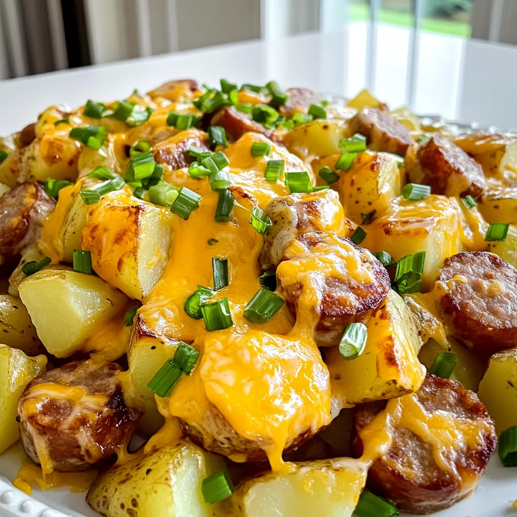 - 4 mittelgroße russet Kartoffeln - 340 g geräucherte Wurst - 1 Tasse geriebener Cheddar-Käse - 120 ml Ranch-Dressing - 1 Esslöffel Olivenöl - 1 Teelöffel Knoblauchpulver - 1 Teelöffel Zwiebelpulver - 1/2 Teelöffel geräuchertes Paprikapulver - Salz und schwarzer Pfeffer nach Geschmack - 2 Frühlingszwiebeln Die Zutaten sind einfach zu finden. Die russet Kartoffeln sind stärkehaltig und machen das Gericht cremig. Die geräucherte Wurst gibt einen tollen Geschmack. Das Ranch-Dressing sorgt für eine leckere, cremige Note. Olivenöl hilft, alles schön knusprig zu backen. Die Gewürze bringen den perfekten Geschmack und die Frühlingszwiebeln sind eine frische Garnitur. Ich empfehle, frische Zutaten zu verwenden. Das macht das Essen noch besser. Wenn du die Wurst auswählst, achte auf die Sorte, die dir am besten schmeckt. Heize deinen Ofen auf 200°C vor. Dies ist wichtig, damit die Kartoffeln gleichmäßig garen. Ein heißer Ofen sorgt für knusprige Ränder. Während der Ofen aufheizt, kannst du die anderen Schritte vorbereiten. Achte darauf, dass du alle Zutaten bereit hast, um die Zubereitung zu erleichtern. In einer großen Rührschüssel kombinierst du die gewürfelten Kartoffeln und die geräucherte Wurst. Füge 1 Esslöffel Olivenöl, 1 Teelöffel Knoblauchpulver, 1 Teelöffel Zwiebelpulver und 1/2 Teelöffel geräuchertes Paprikapulver hinzu. Streue Salz und schwarzen Pfeffer nach Geschmack dazu. Mische alles gut durch. Achte darauf, dass jede Kartoffel und jede Wurstscheibe gleichmäßig überzogen ist. Dies bringt den vollen Geschmack hervor. Verteile die Mischung gleichmäßig auf ein großes Backblech, das mit Backpapier ausgelegt ist. Röste die Mischung im vorgeheizten Ofen für etwa 25-30 Minuten. Die Kartoffeln sollten zart und goldbraun sein. Während des Röstens rühre einmal um. Dies hilft, dass alles gleichmäßig gart. Wenn die Zeit um ist, nimm das Blech heraus und träufle das Ranch-Dressing darüber. Vermische alles vorsichtig. Dann bestreue das Gericht mit geriebenem Cheddar-Käse und backe es für weitere 5-7 Minuten. Der Käse sollte geschmolzen und sprudelnd sein. Wähle die richtigen Kartoffeln für dieses Rezept. Ich empfehle russet Kartoffeln. Sie sind stärkehaltig und werden schön zart. Kaufe sie fest und ohne grüne Stellen. Größere Kartoffeln lassen sich gut würfeln. Halte die Würfel gleichmäßig, damit sie gleichmäßig garen. Es gibt viele Wurstarten, die du verwenden kannst. Geräucherte Wurst passt perfekt. Du kannst auch Chorizo oder Bratwurst wählen. Wenn du eine scharfe Note magst, ist Chorizo eine gute Wahl. Für eine mildere Option ist Hähnchenwurst ideal. Probiere verschiedene Sorten aus, um deinen Favoriten zu finden. Der Käse ist ein wichtiger Teil des Geschmacks. Geriebener Cheddar ist klassisch und lecker. Du kannst auch Monterey Jack oder Gouda verwenden. Wenn du etwas mehr Würze möchtest, probiere einen würzigen Käse. Für das Dressing ist Ranch-Dressing perfekt. Du kannst auch ein hausgemachtes Dressing verwenden, um es persönlich zu gestalten. {{image_4}} Wenn du die Wurst weglassen möchtest, gibt es tolle Alternativen. Du kannst zum Beispiel Kichererbsen oder Linsen verwenden. Sie bringen einen guten Biss und Geschmack. Auch gebratene Pilze sind eine gute Wahl. Sie fügen eine herzhafte Note hinzu. Du kannst auch extra Gemüse wie Paprika oder Zucchini hinzufügen. So wird das Gericht noch bunter und gesünder. Um die Käse-Ranch-Kartoffeln zu bereichern, probiere verschiedene Zutaten. Füge etwas Brokkoli oder Blumenkohl hinzu. Diese Gemüsesorten passen gut zu den Kartoffeln. Auch Mais oder Erbsen sind eine großartige Ergänzung. Sie bringen Farbe und süßen Geschmack. Wenn du es würziger magst, kannst du Jalapeños oder rote Paprika hinzufügen. Das gibt einen schönen Kick und mehr Geschmack. Du kannst die Gewürze leicht anpassen, um verschiedene Geschmäcker zu erzielen. Wenn du es süß magst, füge etwas Honig oder braunen Zucker hinzu. Für eine italienische Note kannst du Oregano und Basilikum verwenden. Liebest du es scharf? Dann probiere Chili-Pulver oder Cayenne-Pfeffer. Wenn du einen rauchigen Geschmack möchtest, erhöhe die Menge an geräuchertem Paprikapulver. So kannst du das Gericht ganz nach deinem Geschmack gestalten. Lagere die Käse-Ranch-Kartoffeln in einem luftdichten Behälter. So bleiben sie frisch. Du kannst sie bis zu 3 Tage im Kühlschrank aufbewahren. Achte darauf, dass sie gut abgekühlt sind, bevor du sie in den Behälter gibst. Um die Reste aufzuwärmen, benutze den Ofen oder die Mikrowelle. Im Ofen bleibt die Textur besser. Heize den Ofen auf 180°C vor und erwärme die Kartoffeln für etwa 15 Minuten. In der Mikrowelle erwärmst du sie in Intervallen von 1-2 Minuten. Rühre zwischendurch um, um eine gleichmäßige Erwärmung zu erzielen. Wenn du die Käse-Ranch-Kartoffeln länger aufbewahren möchtest, friere sie ein. Verwende einen gefrierfesten Behälter oder Beutel. Vor dem Einfrieren lasse die Kartoffeln abkühlen. So verhindern wir Frostschäden. Zum Auftauen lasse sie über Nacht im Kühlschrank. Um sie dann zu erwärmen, benutze wieder den Ofen für die beste Textur. Käse-Ranch-Kartoffeln mit Wurst halten im Kühlschrank etwa 3 bis 4 Tage. Stelle sicher, dass du sie in einem luftdichten Behälter aufbewahrst. So bleiben sie frisch. Wenn du sie länger aufbewahren möchtest, kannst du sie einfrieren. Im Gefrierbereich halten sie bis zu 2 Monate. Achte darauf, die Mischung gut zu verpacken, um Gefrierbrand zu vermeiden. Ja, frische Kräuter machen das Gericht noch besser. Einige gute Optionen sind Petersilie, Schnittlauch und Thymian. Diese Kräuter bringen frische Aromen. Du kannst sie am Ende zum Garnieren verwenden. Achte darauf, die Kräuter erst kurz vor dem Servieren hinzuzufügen, um den Geschmack zu bewahren. Ja, dieses Rezept kann glutenfrei sein. Die Hauptzutaten wie Kartoffeln, Wurst, Cheese und Ranch-Dressing sind in der Regel glutenfrei. Überprüfe jedoch die Etiketten. Einige Wurstsorten oder Dressings können Gluten enthalten. Wenn du ganz sicher gehen möchtest, wähle glutenfreie Alternativen. Zusammengefasst haben wir ein leckeres Rezept für Käse-Ranch-Kartoffeln mit Wurst entdeckt. Wir sahen die Hauptzutaten und wie man sie zubereitet. Tipps helfen bei der Wahl der besten Produkte. Variationen zeigen, wie man das Gericht anpassen kann. Wenn du die Reste aufbewahrst, bleiben sie lecker. Du kannst viele Fragen klären und sicherstellen, dass du alles richtig machst. Probiere das Rezept aus und genieße das kochen und essen.