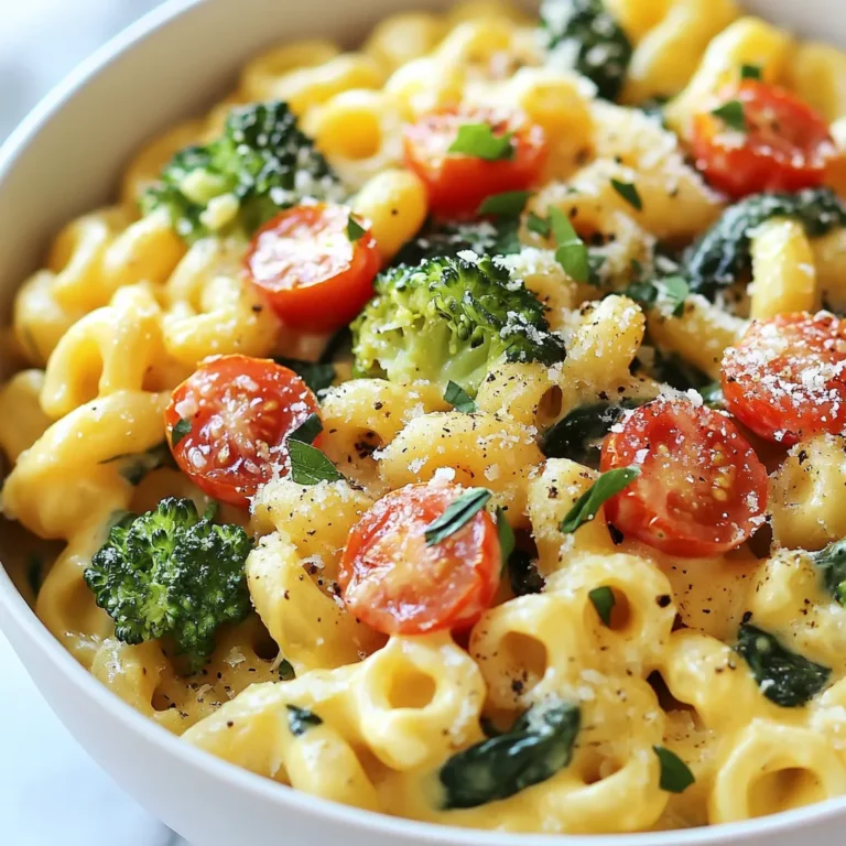 Für mein One-Pot Veggie Mac and Cheese brauchst du: - 2 Tassen Ellbogen-Makkaroni - 1 Esslöffel Olivenöl - 1 kleine Zwiebel, fein gehackt - 2 Knoblauchzehen, zerdrückt - 1 Tasse Brokkoliröschen - 1 Tasse Kirschtomaten, halbiert - 1 Tasse Babyspinat - 3 Tassen Gemüsebrühe - 1 ½ Tassen geriebener scharfer Cheddar-Käse - ½ Tasse geriebener Parmesan-Käse - 1 Teelöffel Paprika - Salz und Pfeffer nach Geschmack - Frische Petersilie, gehackt (zum Garnieren) Frische Zutaten machen den Unterschied. Achte darauf, dass die Zwiebeln fest sind. Die Haut sollte glänzen. Brokkoli kann frisch und grün sein, ohne braune Stellen. Wähle reife Kirschtomaten, die fest und rot sind. Babyspinat sollte knackig und grün aussehen. Verwende immer die besten Zutaten, um den Geschmack zu verbessern. Wenn du keinen Cheddar hast, probiere Gouda oder Mozzarella. Diese Käsesorten schmelzen gut. Für einen schärferen Geschmack kannst du auch Pepper Jack verwenden. Veganer Käse ist auch eine Option, wenn du milchfrei bist. Stelle sicher, dass du die Käsesorten an deinen Geschmack anpasst. {{ingredient_image_2}} Zuerst wasche das Gemüse gut. Schneide die Zwiebel in kleine Stücke. Zerdrücke die Knoblauchzehen. Nimm die Brokkoliröschen und halbiere die Kirschtomaten. Lass den Babyspinat ganz. Diese Schritte sorgen für einen guten Geschmack. Erhitze das Olivenöl in einem großen Topf. Füge die Zwiebeln hinzu und brate sie etwa 3-4 Minuten. Sie sollten weich und durchsichtig sein. Jetzt kommt der Knoblauch. Füge ihn für 30 Sekunden hinzu, bis er duftet. Dann gib die Ellbogen-Makkaroni, Gemüsebrühe, Brokkoli und Kirschtomaten dazu. Würze mit Paprika, Salz und Pfeffer. Bringe die Mischung zum Kochen und decke den Topf ab. Lasse alles 8-10 Minuten köcheln. Rühre zwischendurch um, bis die Pasta gar ist. Wenn die Pasta fertig ist, rühre den Babyspinat ein. Warte 1-2 Minuten, bis er verwelkt. Nimm den Topf vom Herd. Jetzt kommt der beste Teil: der Käse! Füge den scharfen Cheddar und Parmesan schrittweise hinzu. Rühre gut um, bis alles cremig ist. Schmecke das Gericht ab und passe die Würze nach Bedarf an. Um überkochte Pasta zu vermeiden, achten Sie auf die Kochzeit. Kochen Sie die Makkaroni nur bis sie al dente sind. Rühren Sie die Pasta regelmäßig um, während sie kocht. Dies verhindert, dass sie am Boden kleben bleibt. Wenn die Pasta gar ist, nehmen Sie sie sofort vom Herd. Für die beste cremige Konsistenz verwenden Sie scharfen Cheddar und Parmesan. Cheddar schmilzt gut und gibt einen tollen Geschmack. Parmesan sorgt für einen reichhaltigen, nussigen Geschmack. Mischen Sie die Käsesorten langsam ein, damit sie gleichmäßig schmelzen. So wird Ihr Gericht schön cremig. Passen Sie die Gewürze nach Ihrem Geschmack an. Fügen Sie mehr Paprika oder etwas Cayennepfeffer für mehr Hitze hinzu. Für einen frischen Geschmack können Sie auch frische Kräuter wie Thymian oder Basilikum verwenden. Experimentieren Sie mit Gewürzen, um neue Aromen zu entdecken. Pro Tipps Käsewahl: Verwenden Sie eine Kombination aus verschiedenen Käsesorten, um den Geschmack zu intensivieren. Neben Cheddar und Parmesan können auch Gouda oder Mozzarella hinzugefügt werden. Gemüsevariationen: Experimentieren Sie mit verschiedenen Gemüsesorten wie Zucchini, Paprika oder Karotten, um das Gericht nach Saison und Geschmack anzupassen. Würzen: Fügen Sie zusätzliche Gewürze wie Knoblauchpulver oder italienische Kräuter hinzu, um noch mehr Geschmack zu erzielen. Vorbereitung: Bereiten Sie die Makkaroni und das Gemüse im Voraus vor, um die Zubereitungszeit während der Woche zu verkürzen. Sie können alles in einem luftdichten Behälter im Kühlschrank aufbewahren. {{image_4}} Fügen Sie Hühnchen oder Tofu hinzu, um mehr Protein zu erhalten. Für Hühnchen nutzen Sie gekochte Stücke. Diese geben Geschmack und machen das Gericht herzhaft. Wenn Sie Tofu verwenden, wählen Sie festen Tofu. Schneiden Sie ihn in Würfel und braten Sie ihn vor dem Hinzufügen an. So wird er knusprig und lecker. Sie können das Gemüse nach Ihrem Geschmack ändern. Zucchini, Paprika oder Erbsen sind tolle Optionen. Diese Gemüse geben frische Farben und neue Aromen. Denken Sie daran, sie klein zu schneiden, damit sie gleichmäßig garen. Mischen Sie verschiedene Sorten, um ein buntes Gericht zu schaffen, das ansprechend aussieht. Wenn Sie glutenfrei essen, gibt es viele Alternativen. Verwenden Sie glutenfreie Makkaroni aus Reis oder Linsen. Diese sind leicht zu finden und schmecken gut. Achten Sie beim Kochen auf die Zeit, da glutenfreie Pasta oft schneller gar wird. So bleibt Ihr Gericht lecker und gesund, ohne Gluten. Um die Reste von deinem One-Pot Veggie Mac and Cheese gut zu lagern, nimm einen luftdichten Behälter. Fülle die Reste ab und lass sie abkühlen. Du kannst sie bis zu drei Tage im Kühlschrank aufbewahren. Wenn du mehrere Portionen hast, teile sie in kleinere Behälter auf. So hast du immer eine schnelle Mahlzeit bereit. Um die Reste aufzuwärmen, kannst du die Mikrowelle oder den Herd benutzen. Wenn du die Mikrowelle verwendest, stelle die Leistung auf mittlere Stufe. Erwärme es in kurzen Intervallen von 1 bis 2 Minuten. Rühre zwischendurch um, damit es gleichmäßig warm wird. Wenn du den Herd benutzt, gib die Reste in einen Topf. Füge ein wenig Gemüsebrühe oder Milch hinzu, um die Cremigkeit zu erhalten. Erhitze es bei niedriger Hitze und rühre gut um. Im Kühlschrank hält sich dein Veggie Mac and Cheese etwa 3 Tage. Wenn du es länger aufbewahren willst, kannst du es einfrieren. In einem gefrierfesten Behälter bleibt es bis zu drei Monate frisch. Achte darauf, die Reste gut zu verpacken, um Gefrierbrand zu vermeiden. Zum Auftauen, nimm es einfach einen Tag vorher aus dem Gefrierfach und lasse es im Kühlschrank auftauen. Um die Konsistenz anzupassen, können Sie die Brühe variieren. Mögen Sie es cremiger? Fügen Sie weniger Brühe hinzu. Für eine dünnere Mischung nehmen Sie mehr Brühe. Ein weiterer Trick ist, mehr Käse zu nutzen. Käse macht das Gericht reichhaltiger. Wenn Sie die Pasta al dente mögen, kochen Sie sie kürzer. Dieses Rezept ist nicht vegan. Es enthält Käse wie Cheddar und Parmesan. Für eine vegane Variante ersetzen Sie die Käsesorten durch pflanzliche Alternativen. Viele Supermärkte bieten jetzt veganen Käse an. Achten Sie darauf, auch die Brühe zu prüfen. Einige Brühen enthalten tierische Produkte. Ja, Sie können die Makkaroni im Voraus zubereiten. Kochen Sie die Pasta und das Gemüse wie beschrieben. Lassen Sie die Mischung abkühlen und bewahren Sie sie im Kühlschrank auf. Sie können die Makkaroni bis zu drei Tage aufbewahren. Erwärmen Sie sie einfach vor dem Servieren. Fügen Sie eventuell etwas Brühe hinzu, um die Konsistenz zu verbessern. In diesem Blogbeitrag haben wir die wichtigen Zutaten und deren Auswahl besprochen. Wir haben Schritt für Schritt gelernt, wie man die Makkaroni und das Gemüse zubereitet. Tipps und Tricks helfen dir, die perfekte Konsistenz zu erreichen und die Pasta nicht zu überkochen. Variationen bieten dir viele Möglichkeiten, das Rezept anzupassen. Schließlich hast du nützliche Infos zur Lagerung und häufige Fragen gefunden. Probiere die Ideen aus und genieße ein leckeres Gericht!