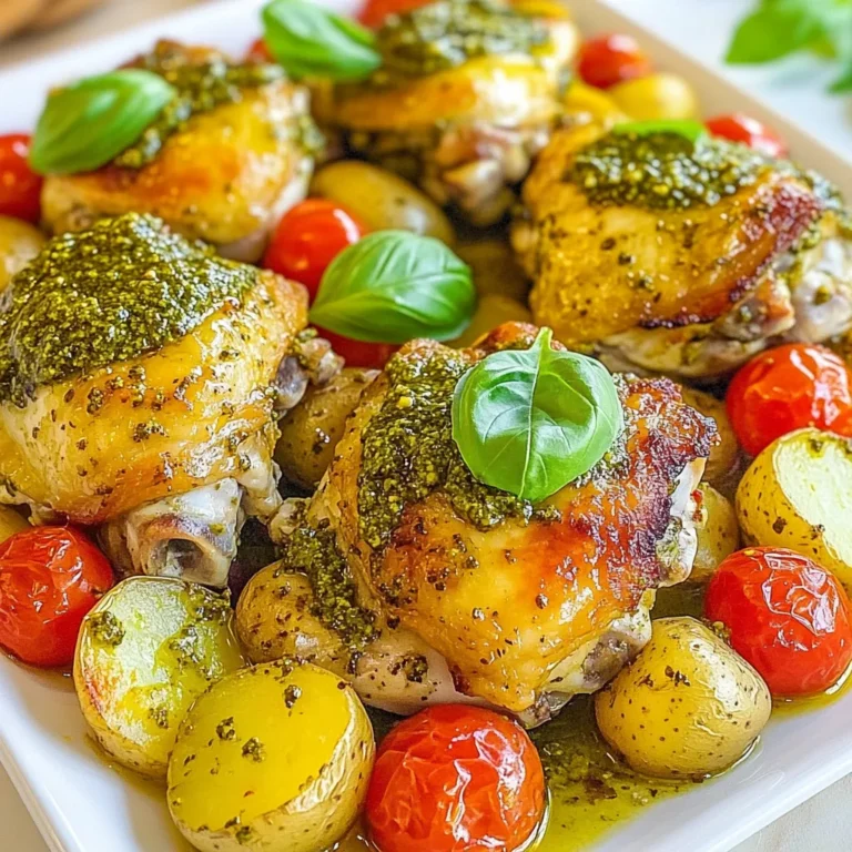 Für dieses Rezept benötigst du die folgenden Hauptzutaten: - 4 Hühnchenkeulen mit Knochen und Haut - 1 Tasse Basilikumpesto - 2 Tassen Babykartoffeln, halbiert - 1 Tasse Kirschtomaten, halbiert - 1 rote Paprika, in Scheiben geschnitten Diese Zutaten sorgen für einen tollen Geschmack und eine schöne Präsentation auf dem Tisch. Die Hühnchenkeulen sind saftig und das Pesto fügt eine frische Note hinzu. Um die Aromen zu verstärken, füge diese Gewürze und Öle hinzu: - 2 Esslöffel Olivenöl - 1 Teelöffel Knoblauchpulver - Salz und Pfeffer nach Geschmack Das Olivenöl hilft, die Zutaten gleichmäßig zu garen und macht sie schön goldbraun. Knoblauchpulver gibt einen würzigen Kick, der perfekt zu Hühnchen passt. Für ein schönes Finish kannst du folgendes Garnierungszubehör verwenden: - Frische Basilikumblätter Diese frischen Blätter sind nicht nur dekorativ, sondern bringen auch einen aromatischen Geschmack. Sie machen das Gericht noch appetitlicher. {{ingredient_image_2}} Heize den Ofen auf 220°C vor. Das sorgt für eine perfekte Röstaromen. Nimm eine große Schüssel und lege die Hühnchenkeulen hinein. Füge das Basilikumpesto hinzu und mische alles gut. Achte darauf, dass jede Keule mit Pesto bedeckt ist. Lass die Hühnchenkeulen etwa 15 Minuten marinieren. So ziehen die Aromen gut ein. In einer anderen Schüssel nimm die halbierten Babykartoffeln. Gib das Olivenöl, Knoblauchpulver, Salz und Pfeffer dazu. Mische alles, bis die Kartoffeln gut bedeckt sind. Dann nimm die Kirschtomaten und die rote Paprika. Halbiere die Tomaten und schneide die Paprika in Scheiben. Diese Schritte sorgen für mehr Geschmack und Farbe auf dem Blech. Lege ein großes Backblech mit Backpapier aus. Platziere die marinierten Hühnchenkeulen in der Mitte. Verteile die gewürzten Babykartoffeln rund um die Hühnchenkeulen. Füge die Kirschtomaten und die Paprika hinzu. Achte darauf, dass alles gleichmäßig verteilt ist. Schiebe das Blech in den vorgeheizten Ofen. Röste alles für 30 bis 35 Minuten. Das Hähnchen sollte eine Innentemperatur von 75°C erreichen. Wenn du eine knusprige Haut magst, schalte den Grillmodus für die letzten 3 bis 5 Minuten ein. Nach dem Garen lasse die Hühnchenkeulen 5 Minuten ruhen, bevor du servierst. Um perfekte Hühnchenkeulen zu machen, wähle frische und hochwertige Stücke. Achte darauf, dass die Haut gut erhalten ist. Die Knochen halten das Fleisch saftig. Das Wichtigste ist, die Hühnchenkeulen gleichmäßig zu garen. Überprüfe die Innentemperatur mit einem Fleischthermometer. 75°C sind optimal. So bleibt das Fleisch zart und lecker. Marinieren ist der Schlüssel für Geschmack. Verwende Basilikumpesto, um den Hühnchenkeulen die beste Note zu geben. Lasse die Hühnchenkeulen mindestens 15 Minuten marinieren. Wenn du mehr Zeit hast, mariniere sie über Nacht im Kühlschrank. So durchdringt der Geschmack das Fleisch besser. Du kannst auch andere Gewürze hinzufügen, um dein eigenes Aroma zu kreieren. Eine knusprige Haut macht das Gericht besonders lecker. Um dies zu erreichen, heize den Ofen gut vor. Röste die Hühnchenkeulen bei 220°C. Wenn du magst, schalte die Grillfunktion für die letzten Minuten ein. Das gibt der Haut den perfekten Crunch. Achte darauf, die Hühnchenkeulen in der Mitte des Backblechs zu platzieren. So garen sie gleichmäßig. Pro Tipps Marinieren für mehr Geschmack: Lassen Sie die Hühnchenkeulen länger im Pesto marinieren, um den Geschmack zu intensivieren. Ideal sind 1-2 Stunden im Kühlschrank. Gemüsevariationen: Experimentieren Sie mit verschiedenen Gemüsesorten wie Zucchini oder Auberginen, um neue Geschmacksrichtungen zu entdecken. Knusprige Haut: Trocknen Sie die Haut der Hühnchenkeulen vor dem Marinieren gut ab, um eine besonders knusprige Textur zu erreichen. Resteverwertung: Verwenden Sie die Reste für einen leckeren Salat oder Wraps am nächsten Tag – einfach das Fleisch abziehen und mit frischem Gemüse kombinieren. {{image_4}} Wenn Sie eine vegetarische Option suchen, probieren Sie Blumenkohl statt Hühnchen. Blumenkohl nimmt die Aromen gut auf. Sie können auch Tofu verwenden. Marinieren Sie ihn in Pesto, um den Geschmack zu intensivieren. Schneiden Sie das Gemüse in ähnliche Größen, damit alles gleichmäßig gart. Sie können auch andere Gemüsesorten verwenden. Zucchini und Karotten sind tolle Alternativen. Sie bringen Süße und Textur ins Gericht. Fügen Sie grüne Bohnen oder Brokkoli hinzu. Diese Gemüsesorten ergänzen die Hühnchenkeulen perfekt. Probieren Sie Lachs oder Garnelen für eine andere Proteinquelle. Diese Meeresfrüchte sind schnell gar und voller Geschmack. Marinieren Sie sie mit dem Pesto wie die Hühnchenkeulen. Stellen Sie sicher, dass Sie die Garzeit anpassen. So bleibt alles zart und saftig. Lagern Sie Ihre Reste in einem luftdichten Behälter. Stellen Sie sicher, dass der Behälter gut verschlossen ist. Das hilft, Gerüche zu vermeiden. Lassen Sie das Essen auf Raumtemperatur abkühlen, bevor Sie es in den Kühlschrank stellen. So bleibt es frisch und lecker. Um die Hühnchenkeulen wieder aufzuwärmen, verwenden Sie den Ofen. Heizen Sie ihn auf 180 °C vor. Legen Sie die Hühnchenkeulen auf ein Backblech und decken Sie sie mit Alufolie ab. So bleibt das Fleisch saftig. Backen Sie sie für etwa 15 bis 20 Minuten. Alternativ können Sie die Reste in der Mikrowelle aufwärmen. Achten Sie darauf, dass das Essen gleichmäßig erhitzt wird. Im Kühlschrank halten die Reste bis zu drei Tage. Wenn Sie die Hühnchenkeulen länger aufbewahren möchten, frieren Sie sie ein. Im Gefrierfach sind sie bis zu drei Monate haltbar. Stellen Sie sicher, dass Sie sie in einem gefrierfesten Behälter oder einem Gefrierbeutel lagern. So bleibt der Geschmack erhalten. Das Kochen von Hühnchenkeulen im Backofen dauert etwa 30 bis 35 Minuten. Sie sollten die Hühnchenkeulen bei 220°C (425°F) rösten. Achten Sie darauf, dass die Innentemperatur 75°C (165°F) erreicht. So bleibt das Hühnchen saftig und die Haut knusprig. Ja, Sie können das Rezept im Voraus zubereiten. Marinieren Sie die Hühnchenkeulen einfach einige Stunden oder über Nacht. Lagern Sie sie im Kühlschrank. So zieht das Pesto gut ein. Sie können auch das Gemüse schneiden und bereitstellen. So sparen Sie Zeit, wenn es zum Kochen kommt. Für Beilagen empfehle ich frischen Salat oder Quinoa. Der Salat bringt frische und Knusprigkeit. Quinoa bietet eine nahrhafte Basis. Auch gebratene grüne Bohnen oder ein Gemüse-Mix sind tolle Begleiter. Sie harmonieren gut mit dem Pesto-Geschmack und machen das Gericht rund. Zusammenfassend haben wir die besten Zutaten, die Zubereitung und einige nützliche Tipps für Blechofen-Pesto-Hühnchenkeulen behandelt. Du hast gelernt, wie du das Hühnchen perfekt marinierst und die Beilagen zubereitest. Denke auch an die vielen Variationen und Aufbewahrungsmöglichkeiten. Mit diesem Wissen kannst du ein köstliches Gericht zubereiten, das sicher Eindruck macht. Probiere es aus und genieß den Geschmack!