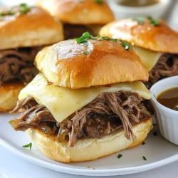Für die perfekten Crockpot French Dip Sandwiches brauchen Sie nur einige Hauptzutaten. Diese Zutaten machen das Sandwich einfach und lecker. Hier sind die wichtigsten: - 1,5 kg Rinderbraten (Chuck Roast) - 1 mittelgroße Zwiebel, in Scheiben geschnitten - 4 Knoblauchzehen, fein gehackt - 1 Liter Rinderbrühe - 8 knusprige Hoagie-Brötchen - 8 Scheiben Provolone-Käse Diese Zutaten geben dem Gericht den reichen und herzhaften Geschmack, den wir lieben. Die richtigen Gewürze und Saucen machen den Unterschied. Hier sind die Zutaten, die das Gericht noch besser machen: - 2 Esslöffel Sojasauce - 1 Esslöffel Worcestershiresauce (alkoholfreie Variante) - 1 Teelöffel getrockneter Thymian - 1 Teelöffel getrockneter Rosmarin - Salz und Pfeffer nach Geschmack Diese Gewürze bringen Aromen, die perfekt zum zarten Fleisch passen. Das Servieren dieser Sandwiches kann kreativ sein. Hier sind einige Ideen: - Arrangieren Sie die Sandwiches auf einem Holzbrett. - Garnieren Sie die Sandwiches mit frischer, gehackter Petersilie. - Servieren Sie die Dipbrühe in kleinen Schüsseln zum Eintauchen. Mit diesen Optionen wird Ihr Essen noch ansprechender. {{ingredient_image_2}} Beginne mit deinem Rinderbraten. Würze ihn großzügig mit Salz und Pfeffer. Achte darauf, dass jede Seite gut gewürzt ist. Das gibt dem Fleisch viel Geschmack. Du kannst auch eine Mischung aus Knoblauchpulver oder Paprika hinzufügen, wenn du magst. Erhitze etwas Öl in einer großen Pfanne. Stelle die Hitze auf mittel bis hoch. Brate den Rinderbraten etwa 3-4 Minuten pro Seite an. Das Anbraten gibt dem Fleisch eine schöne, braune Kruste. Nimm dir Zeit, um das Fleisch gut zu bräunen, das macht einen großen Unterschied! Lege die geschnittenen Zwiebeln und den gehackten Knoblauch auf den Boden des Slow Cookers. Platziere dann den angebratenen Rinderbraten darauf. In einer Schüssel vermische die Rinderbrühe, Sojasauce, Worcestershiresauce, Thymian und Rosmarin. Gieße diese Mischung gleichmäßig über das Fleisch. Decke den Slow Cooker ab. Lass das Ganze auf niedriger Stufe 8 Stunden oder auf hoher Stufe 4 Stunden garen. Nach dem Garen nimm den Rinderbraten heraus und zerkleinere ihn mit zwei Gabeln. Gib das zerkleinerte Fleisch zurück in die Brühe. So bleibt es saftig und voller Geschmack. Um den Rinderbraten noch besser zu machen, mariniere ich ihn gerne. Mische dafür etwas Sojasauce, Worcestershiresauce, Knoblauch und Gewürze. Lass das Fleisch mindestens eine Stunde marinieren. So zieht der Geschmack tief ein und wird intensiver. Die Brühe sollte reichhaltig sein. Wenn sie zu dünn ist, lasse sie einfach länger im Slow Cooker. Du kannst auch etwas Maisstärke mit Wasser mischen. Rühre es in die Brühe, um sie dicker zu machen. Das gibt mehr Geschmack und macht das Eintauchen besser. Die Wahl der Brötchen ist wichtig. Ich empfehle knusprige Hoagie-Brötchen. Sie halten die Füllung gut und sind einfach zu essen. Du kannst auch Ciabatta oder Baguette verwenden, wenn du etwas anderes magst. Achte darauf, dass sie frisch sind, damit sie nicht auseinanderfallen. Pro Tipps Fleisch richtig anbraten: Stellen Sie sicher, dass die Pfanne heiß genug ist, bevor Sie das Fleisch anbraten, um eine schöne Kruste zu erhalten und den Geschmack zu intensivieren. Brühe anpassen: Experimentieren Sie mit verschiedenen Brühen oder fügen Sie etwas Rotwein hinzu, um den Geschmack der Sauce zu vertiefen. Vorbereitung der Brötchen: Rösten Sie die Brötchen leicht an, bevor Sie das Fleisch und den Käse hinzufügen, um eine zusätzliche Textur und einen köstlichen Geschmack zu erzielen. Resteverwertung: Verwenden Sie übrig gebliebene Brühe für Suppen oder Saucen, um den köstlichen Geschmack weiter zu nutzen. {{image_4}} Für eine vegetarische Version können Sie Jackfruit oder Pilze verwenden. Diese Zutaten nehmen die Gewürze gut auf. Jackfruit hat eine fleischige Textur und ist leicht zu zubereiten. Kochen Sie sie mit der Brühe und Gewürzen im Slow Cooker. Verwenden Sie die gleichen Mengen wie im Originalrezept. Für eine Pilzversion empfehle ich Portobello-Pilze. Diese sind herzhaft und sehr schmackhaft. Provolone-Käse ist klassisch, aber Sie können auch andere Käsesorten testen. Mozzarella sorgt für einen milden Geschmack und schmilzt gut. Cheddar bringt mehr Würze und einen tollen Geschmack. Für etwas Schärfe probieren Sie Pepper Jack. Diese Käsesorten passen gut zu den Aromen des Fleisches und der Brühe. Servieren Sie Ihre Sandwiches mit verschiedenen Beilagen. Pommes frites oder Kartoffelsalat sind immer eine gute Wahl. Sie können auch Gemüse-Sticks mit Hummus anbieten. Für Dips sind Senf oder scharfer Ketchup lecker. Für die Brühe können Sie auch Gewürze hinzufügen, um den Geschmack zu verbessern. Um die Sandwiches frisch zu halten, lege sie in einen luftdichten Behälter. So bleiben sie bis zu drei Tage haltbar. Stelle sicher, dass die Brühe das Fleisch gut bedeckt. Das hält es saftig und schmackhaft. Wenn du nur das Fleisch aufbewahrst, kannst du es auch ohne Brötchen lagern. So kannst du die Sandwiches frisch zubereiten, wenn du sie brauchst. Für eine längere Haltbarkeit friere die Reste in einem gefrierfesten Behälter ein. Du kannst das zerkleinerte Fleisch und die Brühe zusammen einfrieren. Achte darauf, etwas Platz im Behälter zu lassen, da sich die Flüssigkeit ausdehnt. Reste können bis zu drei Monate im Gefrierfach bleiben. Wenn du bereit bist zu essen, tau das Fleisch im Kühlschrank über Nacht auf. Um die Sandwiches wieder aufzuwärmen, erwärme das Fleisch in einem Topf oder in der Mikrowelle. Füge etwas Brühe hinzu, um das Fleisch saftig zu halten. Wenn du das Brot aufwärmst, kannst du es kurz im Ofen oder Toaster rösten. Das gibt dir einen knusprigen Biss. Serviere sie mit frischer Brühe zum Eintauchen für zusätzlichen Geschmack. Crockpot French Dip Sandwiches bleiben im Kühlschrank etwa drei bis vier Tage frisch. Achte darauf, sie in einem luftdichten Behälter zu lagern. Das hält die Aromen lebendig. Du kannst das zerkleinerte Fleisch auch ohne Brötchen aufbewahren. So bleibt es saftig und lecker. Ja, du kannst andere Fleischsorten verwenden. Zum Beispiel eignet sich ein Rinderfilet gut. Auch Schweinefleisch ist eine gute Wahl. Die Garzeit kann sich ändern, wenn du das Fleisch wechselst. Achte darauf, dass das Fleisch zart wird und leicht zerfällt. Du kannst die Gewürze nach deinem Geschmack anpassen. Füge mehr Knoblauch oder Zwiebel hinzu, wenn du es kräftiger magst. Auch Chili-Flocken geben einen tollen Kick. Experimentiere mit verschiedenen Kräutern wie Oregano oder Basilikum. So machst du das Rezept ganz persönlich. In diesem Artikel habe ich die besten Tipps für perfekte Crockpot French Dip Sandwiches geteilt. Wir haben die Hauptzutaten, Gewürze und Servieroptionen besprochen. Ich habe Schritt für Schritt erklärt, wie du das Fleisch zubereitest und im Slow Cooker garst. Auch die meisten Varianten und Lagerinformationen sind wichtig. Denk daran, mit verschiedenen Käsesorten oder Beilagen zu experimentieren. Damit machst du deine Sandwiches immer leckerer. Probiere die Tipps aus und genieße dein Gericht!