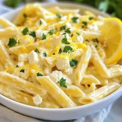 Für dieses Rezept brauchen Sie folgende Zutaten: - 225 g Pasta (z.B. Penne oder Spaghetti) - 1 Tasse zerbröckelter Feta-Käse - 1/2 Tasse Schlagsahne - 1/4 Tasse frisch gepresster Zitronensaft - Schale von 1 Zitrone - 2 Esslöffel Olivenöl - 2 Knoblauchzehen, gehackt - 2 Esslöffel frische Petersilie, gehackt - Salz und Pfeffer nach Geschmack - Optional: zerstoßene rote Pfefferflocken für zusätzliche Schärfe Diese Zutaten geben der Pasta einen frischen und cremigen Geschmack. Der Feta-Käse macht die Sauce reichhaltig und lecker. Das Olivenöl bringt gesunde Fette in das Gericht. Es fügt auch einen tollen Geschmack hinzu. Der gehackte Knoblauch gibt der Sauce ein tolles Aroma. Salz und Pfeffer heben den Geschmack hervor. Wenn Sie es schärfer mögen, fügen Sie zerstoßene rote Pfefferflocken hinzu. Diese kleinen Flakes bringen einen Kick in das Gericht. Sie können dieses Rezept leicht anpassen. Verwenden Sie zum Beispiel Vollkornpasta für mehr Ballaststoffe. Für eine vegane Option ersetzen Sie den Feta durch einen pflanzlichen Käse. Fügen Sie Gemüse wie Spinat oder Kirschtomaten hinzu, um mehr Farbe und Nährstoffe zu erhalten. Experimentieren Sie und finden Sie Ihre Lieblingsversion der cremigen Zitronen-Feta-Pasta. {{ingredient_image_2}} Um die Pasta perfekt zuzubereiten, koche zuerst gesalzenes Wasser in einem großen Topf. Wenn das Wasser sprudelt, füge 225 g Pasta hinzu. Du kannst Penne oder Spaghetti wählen, je nach Vorliebe. Koche die Pasta bis sie al dente ist, wie auf der Verpackung angegeben. Bevor du die Pasta abseihst, hebe 1/2 Tasse vom Kochwasser auf. Das Wasser hilft später, die Sauce zu verdünnen. Während die Pasta kocht, kannst du die Feta-Sauce zubereiten. Erhitze 2 Esslöffel Olivenöl in einer großen Pfanne bei mittlerer Hitze. Füge 2 gehackte Knoblauchzehen hinzu und brate sie für etwa eine Minute an, bis sie duften. Dann gib 1 Tasse zerbröckelten Feta und 1/2 Tasse Schlagsahne in die Pfanne. Rühre gut um, bis eine cremige Sauce entsteht. Lasse die Mischung 3-4 Minuten köcheln, damit der Feta leicht schmelzen kann. Füge dann 1/4 Tasse frisch gepressten Zitronensaft und die Schale einer Zitrone hinzu. Wenn die Sauce zu dick ist, verwende das aufbewahrte Pasta-Wasser, um die Konsistenz anzupassen. Sobald die Pasta fertig ist, gieße sie in die Pfanne mit der Sauce. Wende die Pasta gut in der Feta-Sauce, bis sie gleichmäßig überzogen ist. Würze das Gericht mit Salz, Pfeffer und optional mit zerstoßenen roten Pfefferflocken für etwas Schärfe. Nimm die Pfanne vom Herd und rühre 2 Esslöffel gehackte frische Petersilie unter. So erhält die Pasta einen frischen und lebendigen Geschmack. Serviere die Pasta in tiefen Tellern und garniere sie mit zusätzlicher Petersilie sowie etwas Zitronenschale. Ein Zitronenschnitz an die Seite macht das Gericht noch frischer. Um die perfekte Pasta zu kochen, achte darauf, reichlich Wasser zu nutzen. Füge Salz hinzu, bevor das Wasser kocht. Das Salz gibt der Pasta Geschmack. Koche die Pasta bis sie al dente ist. Das bedeutet, sie sollte noch leicht fest sein. Behalte immer etwas Kochwasser, um die Sauce zu verdünnen. Um den Geschmack deiner cremigen Zitronen-Feta-Pasta zu verbessern, kannst du frische Kräuter nutzen. Petersilie bringt Frische und Farbe. Ein Spritzer Zitronensaft verstärkt das Aroma. Wenn du es schärfer magst, füge zerstoßene rote Pfefferflocken hinzu. Diese kleinen Flakes geben einen tollen Kick. Ein häufiger Fehler ist, die Pasta zu lange zu kochen. Das macht sie weich und matschig. Achte darauf, das Kochwasser nicht zu vergessen. Es ist wichtig für die Sauce. Zu viel Feta kann die Sauce schwer machen. Beginne mit einer kleinen Menge und füge mehr nach Geschmack hinzu. Pro Tipps Wählen Sie die richtige Pasta: Verwenden Sie Pasta, die die Sauce gut aufnimmt, wie Penne oder Fusilli, um den cremigen Feta-Geschmack zu maximieren. Frische Zutaten verwenden: Frisch gepresster Zitronensaft und frische Petersilie verleihen der Pasta einen lebendigen Geschmack, der getrocknete Kräuter nicht ersetzen können. Die Sauce anpassen: Passen Sie die Dicke der Sauce an, indem Sie nach und nach das aufbewahrte Pasta-Wasser hinzufügen, bis die gewünschte Konsistenz erreicht ist. Optionales Topping: Für einen zusätzlichen Geschmackskick können Sie die Pasta mit gerösteten Pinienkernen oder frischen Kräutern wie Basilikum garnieren. {{image_4}} Wenn Sie eine vegetarische Option möchten, verwenden Sie einfach Gemüse-Pasta. Diese Pasta ist aus Linsen oder Kichererbsen. Sie bleibt lecker und hat einen tollen Biss. Für eine glutenfreie Wahl probieren Sie Zucchini-Nudeln oder Blumenkohlreis. Diese Alternativen bieten eine frische Note. Sie sind auch leicht und gesund. Sie können die cremige Zitronen-Feta-Pasta anpassen. Fügen Sie gegrilltes Gemüse hinzu, wie Zucchini oder Paprika. Auch Erbsen oder Spinat sind großartig. Ein wenig Lemon Zest bringt mehr Frische. Mögen Sie es schärfer? Fügen Sie einige rote Pfefferflocken hinzu. Diese kleinen Extras machen das Gericht spannend und lecker. Nutzen Sie die Gemüsesaison für mehr Geschmack. Im Frühling sind Spargel und frische Erbsen perfekt. Im Sommer fügen Sie Kirschtomaten hinzu. Im Herbst können Sie Kürbiswürfel oder geröstete Pilze verwenden. Diese Zutaten bringen Farbe und Abwechslung auf den Teller. Frische Kräuter wie Basilikum oder Thymian steigern den Genuss. Um die Reste der cremigen Zitronen-Feta-Pasta frisch zu halten, benutze einen luftdichten Behälter. Du solltest die Pasta innerhalb von zwei Stunden nach dem Kochen in den Kühlschrank stellen. Achte darauf, dass der Behälter gut verschlossen ist. So vermeidest du, dass die Pasta austrocknet oder Gerüche aus dem Kühlschrank aufnimmt. Wenn du die Pasta wieder aufwärmen möchtest, gibt es ein paar einfache Schritte. Erhitze eine Pfanne bei mittlerer Hitze. Füge einen Schuss Olivenöl hinzu, um ein Ankleben zu verhindern. Gib die Reste der Pasta dazu und füge etwas Wasser oder Brühe hinzu. So bleibt die Sauce schön cremig und wird nicht trocken. Rühre die Pasta gut um, bis sie gleichmäßig heiß ist. Die Pasta bleibt im Kühlschrank etwa drei bis fünf Tage frisch. Überprüfe immer, ob sie noch gut aussieht und riecht, bevor du sie isst. Wenn du die Pasta länger aufbewahren möchtest, kannst du sie auch einfrieren. In einem gefriergeeigneten Behälter hält sie bis zu drei Monate. Achte darauf, die Pasta gut abzudecken, um Gefrierbrand zu vermeiden. Ja, Sie können die Zitronen-Feta-Sauce im Voraus machen. Bereiten Sie die Sauce einfach wie beschrieben zu. Lassen Sie sie dann abkühlen und bewahren Sie sie in einem luftdichten Behälter im Kühlschrank auf. So bleibt der Geschmack frisch. Wenn Sie bereit sind, die Pasta zu servieren, wärmen Sie die Sauce sanft in einer Pfanne auf. Fügen Sie etwas Pasta-Wasser hinzu, um die Konsistenz zu verbessern. Um die Konsistenz der Sauce anzupassen, nutzen Sie das aufbewahrte Kochwasser der Pasta. Fügen Sie nach und nach kleine Mengen hinzu. Dies hilft, die Sauce zu verdünnen, ohne den Geschmack zu verändern. Wenn die Sauce zu dünn ist, lassen Sie sie einfach länger köcheln. So reduziert sich die Flüssigkeit und die Sauce wird dicker. Cremige Zitronen-Feta-Pasta schmeckt toll mit frischem Salat. Ein einfacher grüner Salat mit Vinaigrette ergänzt die Aromen. Auch geröstetes Gemüse wie Zucchini oder Paprika passen gut dazu. Wenn Sie es herzhaft mögen, probieren Sie gegrilltes Hähnchen oder Garnelen als Beilage. Diese Optionen machen das Gericht noch schmackhafter und nahrhafter. Die cremige Zitronen-Feta-Pasta vereint frische Zutaten und einfache Zubereitung. Wir haben die Hauptzutaten, Gewürze und raffinierte Variationen besprochen. Sie können die Pasta leicht anpassen und vorhandene Reste klug lagern. Fehler beim Kochen vermeiden Sie mit unseren Tricks. Lassen Sie Ihrer Kreativität freien Lauf, und genießen Sie dieses Gericht! Ich hoffe, Sie probieren es aus und lieben es genauso wie ich!