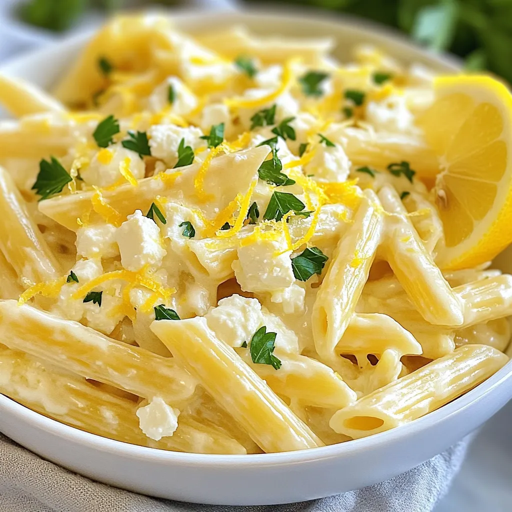 Für dieses Rezept brauchen Sie folgende Zutaten: - 225 g Pasta (z.B. Penne oder Spaghetti) - 1 Tasse zerbröckelter Feta-Käse - 1/2 Tasse Schlagsahne - 1/4 Tasse frisch gepresster Zitronensaft - Schale von 1 Zitrone - 2 Esslöffel Olivenöl - 2 Knoblauchzehen, gehackt - 2 Esslöffel frische Petersilie, gehackt - Salz und Pfeffer nach Geschmack - Optional: zerstoßene rote Pfefferflocken für zusätzliche Schärfe Diese Zutaten geben der Pasta einen frischen und cremigen Geschmack. Der Feta-Käse macht die Sauce reichhaltig und lecker. Das Olivenöl bringt gesunde Fette in das Gericht. Es fügt auch einen tollen Geschmack hinzu. Der gehackte Knoblauch gibt der Sauce ein tolles Aroma. Salz und Pfeffer heben den Geschmack hervor. Wenn Sie es schärfer mögen, fügen Sie zerstoßene rote Pfefferflocken hinzu. Diese kleinen Flakes bringen einen Kick in das Gericht. Sie können dieses Rezept leicht anpassen. Verwenden Sie zum Beispiel Vollkornpasta für mehr Ballaststoffe. Für eine vegane Option ersetzen Sie den Feta durch einen pflanzlichen Käse. Fügen Sie Gemüse wie Spinat oder Kirschtomaten hinzu, um mehr Farbe und Nährstoffe zu erhalten. Experimentieren Sie und finden Sie Ihre Lieblingsversion der cremigen Zitronen-Feta-Pasta. {{ingredient_image_2}} Um die Pasta perfekt zuzubereiten, koche zuerst gesalzenes Wasser in einem großen Topf. Wenn das Wasser sprudelt, füge 225 g Pasta hinzu. Du kannst Penne oder Spaghetti wählen, je nach Vorliebe. Koche die Pasta bis sie al dente ist, wie auf der Verpackung angegeben. Bevor du die Pasta abseihst, hebe 1/2 Tasse vom Kochwasser auf. Das Wasser hilft später, die Sauce zu verdünnen. Während die Pasta kocht, kannst du die Feta-Sauce zubereiten. Erhitze 2 Esslöffel Olivenöl in einer großen Pfanne bei mittlerer Hitze. Füge 2 gehackte Knoblauchzehen hinzu und brate sie für etwa eine Minute an, bis sie duften. Dann gib 1 Tasse zerbröckelten Feta und 1/2 Tasse Schlagsahne in die Pfanne. Rühre gut um, bis eine cremige Sauce entsteht. Lasse die Mischung 3-4 Minuten köcheln, damit der Feta leicht schmelzen kann. Füge dann 1/4 Tasse frisch gepressten Zitronensaft und die Schale einer Zitrone hinzu. Wenn die Sauce zu dick ist, verwende das aufbewahrte Pasta-Wasser, um die Konsistenz anzupassen. Sobald die Pasta fertig ist, gieße sie in die Pfanne mit der Sauce. Wende die Pasta gut in der Feta-Sauce, bis sie gleichmäßig überzogen ist. Würze das Gericht mit Salz, Pfeffer und optional mit zerstoßenen roten Pfefferflocken für etwas Schärfe. Nimm die Pfanne vom Herd und rühre 2 Esslöffel gehackte frische Petersilie unter. So erhält die Pasta einen frischen und lebendigen Geschmack. Serviere die Pasta in tiefen Tellern und garniere sie mit zusätzlicher Petersilie sowie etwas Zitronenschale. Ein Zitronenschnitz an die Seite macht das Gericht noch frischer. Um die perfekte Pasta zu kochen, achte darauf, reichlich Wasser zu nutzen. Füge Salz hinzu, bevor das Wasser kocht. Das Salz gibt der Pasta Geschmack. Koche die Pasta bis sie al dente ist. Das bedeutet, sie sollte noch leicht fest sein. Behalte immer etwas Kochwasser, um die Sauce zu verdünnen. Um den Geschmack deiner cremigen Zitronen-Feta-Pasta zu verbessern, kannst du frische Kräuter nutzen. Petersilie bringt Frische und Farbe. Ein Spritzer Zitronensaft verstärkt das Aroma. Wenn du es schärfer magst, füge zerstoßene rote Pfefferflocken hinzu. Diese kleinen Flakes geben einen tollen Kick. Ein häufiger Fehler ist, die Pasta zu lange zu kochen. Das macht sie weich und matschig. Achte darauf, das Kochwasser nicht zu vergessen. Es ist wichtig für die Sauce. Zu viel Feta kann die Sauce schwer machen. Beginne mit einer kleinen Menge und füge mehr nach Geschmack hinzu. Pro Tipps Wählen Sie die richtige Pasta: Verwenden Sie Pasta, die die Sauce gut aufnimmt, wie Penne oder Fusilli, um den cremigen Feta-Geschmack zu maximieren. Frische Zutaten verwenden: Frisch gepresster Zitronensaft und frische Petersilie verleihen der Pasta einen lebendigen Geschmack, der getrocknete Kräuter nicht ersetzen können. Die Sauce anpassen: Passen Sie die Dicke der Sauce an, indem Sie nach und nach das aufbewahrte Pasta-Wasser hinzufügen, bis die gewünschte Konsistenz erreicht ist. Optionales Topping: Für einen zusätzlichen Geschmackskick können Sie die Pasta mit gerösteten Pinienkernen oder frischen Kräutern wie Basilikum garnieren. {{image_4}} Wenn Sie eine vegetarische Option möchten, verwenden Sie einfach Gemüse-Pasta. Diese Pasta ist aus Linsen oder Kichererbsen. Sie bleibt lecker und hat einen tollen Biss. Für eine glutenfreie Wahl probieren Sie Zucchini-Nudeln oder Blumenkohlreis. Diese Alternativen bieten eine frische Note. Sie sind auch leicht und gesund. Sie können die cremige Zitronen-Feta-Pasta anpassen. Fügen Sie gegrilltes Gemüse hinzu, wie Zucchini oder Paprika. Auch Erbsen oder Spinat sind großartig. Ein wenig Lemon Zest bringt mehr Frische. Mögen Sie es schärfer? Fügen Sie einige rote Pfefferflocken hinzu. Diese kleinen Extras machen das Gericht spannend und lecker. Nutzen Sie die Gemüsesaison für mehr Geschmack. Im Frühling sind Spargel und frische Erbsen perfekt. Im Sommer fügen Sie Kirschtomaten hinzu. Im Herbst können Sie Kürbiswürfel oder geröstete Pilze verwenden. Diese Zutaten bringen Farbe und Abwechslung auf den Teller. Frische Kräuter wie Basilikum oder Thymian steigern den Genuss. Um die Reste der cremigen Zitronen-Feta-Pasta frisch zu halten, benutze einen luftdichten Behälter. Du solltest die Pasta innerhalb von zwei Stunden nach dem Kochen in den Kühlschrank stellen. Achte darauf, dass der Behälter gut verschlossen ist. So vermeidest du, dass die Pasta austrocknet oder Gerüche aus dem Kühlschrank aufnimmt. Wenn du die Pasta wieder aufwärmen möchtest, gibt es ein paar einfache Schritte. Erhitze eine Pfanne bei mittlerer Hitze. Füge einen Schuss Olivenöl hinzu, um ein Ankleben zu verhindern. Gib die Reste der Pasta dazu und füge etwas Wasser oder Brühe hinzu. So bleibt die Sauce schön cremig und wird nicht trocken. Rühre die Pasta gut um, bis sie gleichmäßig heiß ist. Die Pasta bleibt im Kühlschrank etwa drei bis fünf Tage frisch. Überprüfe immer, ob sie noch gut aussieht und riecht, bevor du sie isst. Wenn du die Pasta länger aufbewahren möchtest, kannst du sie auch einfrieren. In einem gefriergeeigneten Behälter hält sie bis zu drei Monate. Achte darauf, die Pasta gut abzudecken, um Gefrierbrand zu vermeiden. Ja, Sie können die Zitronen-Feta-Sauce im Voraus machen. Bereiten Sie die Sauce einfach wie beschrieben zu. Lassen Sie sie dann abkühlen und bewahren Sie sie in einem luftdichten Behälter im Kühlschrank auf. So bleibt der Geschmack frisch. Wenn Sie bereit sind, die Pasta zu servieren, wärmen Sie die Sauce sanft in einer Pfanne auf. Fügen Sie etwas Pasta-Wasser hinzu, um die Konsistenz zu verbessern. Um die Konsistenz der Sauce anzupassen, nutzen Sie das aufbewahrte Kochwasser der Pasta. Fügen Sie nach und nach kleine Mengen hinzu. Dies hilft, die Sauce zu verdünnen, ohne den Geschmack zu verändern. Wenn die Sauce zu dünn ist, lassen Sie sie einfach länger köcheln. So reduziert sich die Flüssigkeit und die Sauce wird dicker. Cremige Zitronen-Feta-Pasta schmeckt toll mit frischem Salat. Ein einfacher grüner Salat mit Vinaigrette ergänzt die Aromen. Auch geröstetes Gemüse wie Zucchini oder Paprika passen gut dazu. Wenn Sie es herzhaft mögen, probieren Sie gegrilltes Hähnchen oder Garnelen als Beilage. Diese Optionen machen das Gericht noch schmackhafter und nahrhafter. Die cremige Zitronen-Feta-Pasta vereint frische Zutaten und einfache Zubereitung. Wir haben die Hauptzutaten, Gewürze und raffinierte Variationen besprochen. Sie können die Pasta leicht anpassen und vorhandene Reste klug lagern. Fehler beim Kochen vermeiden Sie mit unseren Tricks. Lassen Sie Ihrer Kreativität freien Lauf, und genießen Sie dieses Gericht! Ich hoffe, Sie probieren es aus und lieben es genauso wie ich!