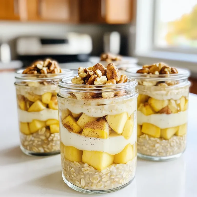 Für diese leckeren Haferflocken brauchst du nur einige einfache Zutaten: - 1 Tasse Haferflocken (gerollt) - 1 Tasse ungesüßte Mandelmilch (oder eine andere Milch nach Wahl) - 1 mittelgroßer Apfel, gewürfelt (ideal ist eine süße Sorte wie Fuji oder Honeycrisp) - 1 Esslöffel Chiasamen - 1 Teelöffel Zimt - 1 Esslöffel Ahornsirup (oder Honig) - 1/2 Teelöffel Vanilleextrakt - Eine Prise Muskatnuss (optional) Diese Zutaten sind einfach zu finden. Die Haferflocken sind die Basis. Sie geben dir die nötige Energie. Der Apfel sorgt für Süße und Frische. Chiasamen bringen gesunde Fette und Ballaststoffe. Du kannst auch andere Milchsorten verwenden. Zum Beispiel: - Sojamilch - Kokosmilch - Hafermilch Diese Milchsorten geben deinem Gericht einen neuen Geschmack. Sie sind gute Optionen für Allergiker oder Veganer. Um deine Haferflocken noch leckerer zu machen, kannst du einige optionale Zutaten hinzufügen: - 1/4 Tasse gehackte Walnüsse oder Pekannüsse - Zusätzliche gewürfelte Äpfel zum Garnieren - Ein Spritzer Ahornsirup für mehr Süße - Ein wenig Joghurt für eine cremige Textur Diese Zutaten machen deine Haferflocken besonders. Probiere aus, was dir am besten schmeckt. Es gibt viele Möglichkeiten, das Rezept anzupassen. Zuerst nehme ich eine mittelgroße Schüssel. Ich gebe die Haferflocken, Chiasamen, Zimt und Muskatnuss hinein. Es ist wichtig, alles gut zu vermischen. So sorgen wir für einen gleichmäßigen Geschmack. Wenn ihr die Muskatnuss nicht mögt, lasst sie einfach weg. Die Haferflocken sind die Basis für unser Rezept. Sie geben den nötigen Biss. In einer separaten Schüssel vermische ich die Mandelmilch, den Ahornsirup und den Vanilleextrakt. Ich benutze einen Schneebesen, um alles gut zu verrühren. So lösen sich die Zutaten gut auf. Diese Mischung bringt die Süße und den cremigen Geschmack. Wenn du Honig verwendest, wird es auch lecker. Jetzt gieße ich die Milchmischung über die trockenen Zutaten. Ich rühre alles gut um, bis sich alles gleichmäßig verbindet. Dann füge ich die gewürfelten Äpfel und die Nüsse hinzu. Es ist wichtig, dass die Äpfel gleichmäßig verteilt sind. Danach fülle ich die Mischung in Gläser oder Vorratsbehälter. Ich schließe sie gut und stelle sie über Nacht in den Kühlschrank. Am Morgen sind die Haferflocken weich und bereit zum Genießen. Um die beste Konsistenz zu erreichen, ist es wichtig, die richtige Menge Flüssigkeit zu verwenden. Ich empfehle, die Haferflocken und Chiasamen gut zu mischen, bevor du die Flüssigkeit hinzufügst. Das hilft, die Zutaten gleichmäßig zu verteilen. Wenn du eine cremigere Textur magst, füge am Morgen etwas mehr Mandelmilch hinzu. Rühre gut um, damit alles schön vermischt ist. Für dieses Rezept verwende ich am liebsten süße Äpfel. Sorten wie Fuji oder Honeycrisp sind ideal. Diese Äpfel haben einen tollen Geschmack und eine saftige Textur. Du kannst auch andere süße Äpfel wie Gala oder Braeburn ausprobieren. Vermeide saure Äpfel, da sie den Geschmack der Haferflocken verändern können. Bereite die Haferflocken am Abend vorher zu, damit sie über Nacht im Kühlschrank quellen können. Das sorgt für eine perfekte Konsistenz. Wenn du Gäste hast, serviere die Haferflocken in durchsichtigen Gläsern. So kannst du die schönen Schichten sehen. Garniere sie mit zusätzlichen gewürfelten Äpfeln, Nüssen oder einem Spritzer Ahornsirup für den perfekten Look. {{image_4}} Sie können Ihre Apfelkuchen Über Nacht Haferflocken anpassen. Fügen Sie gesunde Zutaten hinzu. Chiasamen sind eine gute Wahl. Sie bieten Ballaststoffe und Omega-3-Fettsäuren. Auch Leinsamen sind eine tolle Option. Diese sind reich an Nährstoffen und geben einen nussigen Geschmack. Für mehr Süße können Sie Trockenfrüchte wie Rosinen oder Cranberries verwenden. Diese verleihen den Haferflocken eine fruchtige Note. Für vegane Haferflocken verwenden Sie Pflanzenmilch. Mandelmilch oder Hafermilch sind großartige Optionen. Diese sind leicht und lecker. Wenn Sie glutenfreie Haferflocken wollen, wählen Sie zertifizierte glutenfreie Hafer. Diese sind frei von Gluten und sicher für Allergiker. Sie können auch Kokosnussjoghurt statt Milch verwenden. Das gibt einen cremigen Geschmack. Experimentieren Sie mit verschiedenen Aromen. Fügen Sie Kakaopulver für einen schokoladigen Twist hinzu. Ein Teelöffel Erdnussbutter macht die Mischung reichhaltig und sättigend. Auch pürierte Banane kann einen tollen süßen Geschmack bringen. Wenn Sie etwas Exotisches möchten, probieren Sie Kokosraspeln oder Ananas. Diese Kombinationen machen das Frühstück spannend und lecker. Nach der Zubereitung bewahre ich die Apfelkuchen Über Nacht Haferflocken im Kühlschrank auf. Das hält sie frisch und lecker. Nutze dafür gut verschlossene Gläser oder Vorratsbehälter. So kannst du die Haferflocken leicht portionieren und genießen. Die Haferflocken bleiben im Kühlschrank bis zu fünf Tage haltbar. Achte darauf, sie gut abzudecken, damit sie nicht austrocknen oder Gerüche aufnehmen. Wenn sie nach ein paar Tagen komisch riechen oder anders aussehen, entsorge sie lieber. Sicherheit geht vor! Wenn du mehr Portionen vorbereiten möchtest, friere die Haferflocken ein. Verwende dafür luftdichte Behälter oder Gefrierbeutel. So bleiben sie bis zu drei Monate frisch. Zum Auftauen lege die gefrorenen Haferflocken einfach in den Kühlschrank über Nacht. Am Morgen kannst du sie mit etwas Mandelmilch aufwärmen. So hast du ein schnelles und gesundes Frühstück! Du kannst die Haferflocken bis zu fünf Tage im Voraus zubereiten. Das ist super praktisch! Mach einfach eine große Menge und lagere sie in einzelnen Gläsern. So hast du immer ein schnelles Frühstück bereit. Achte darauf, die Gläser gut zu verschließen, damit sie frisch bleiben. Ja, du kannst viele verschiedene Früchte verwenden. Erdbeeren, Bananen oder sogar Birnen sind tolle Optionen. Diese Früchte bringen ihren eigenen Geschmack und Nährstoffe mit. Achte darauf, die Früchte klein zu schneiden, damit sie gut in die Haferflocken passen. Experimentiere mit deinen Lieblingsfrüchten für neue Geschmäcker. Haferflocken sind sehr gesund und nahrhaft. Sie sind reich an Ballaststoffen, die gut für die Verdauung sind. Außerdem geben sie dir lange Energie. Haferflocken können auch den Cholesterinspiegel senken. Sie sind eine gute Quelle für Vitamine und Mineralien. So startest du gesund in den Tag! Apfelkuchen Über Nacht Haferflocken sind einfach und lecker. Wir haben die besten Zutaten, die Zubereitung und nützliche Tipps besprochen. Außerdem gibt es tolle Varianten, um das Rezept anzupassen. Vergiss nicht, die Haferflocken im Kühlschrank aufzubewahren, damit sie frisch bleiben. Diese Optionen geben dir viele Ideen für ein gesundes Frühstück. Probiere es aus und genieße die Vielfalt!
