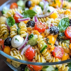 - 225 g tri-color Pasta (Fusilli oder Rotini) - 1 Tasse Kirschtomaten, halbiert - 1 Tasse Gurke, gewürfelt - 1/2 Tasse rote Zwiebel, dünn geschnitten - 1/2 Tasse schwarze Oliven, in Scheiben - 1/2 Tasse Mozzarella-Bällchen (Bocconcini) - 1/4 Tasse geriebener Parmesan-Käse - 1/2 Tasse italienisches Dressing (selbstgemacht oder gekauft) - 1 Esslöffel frisches Basilikum, gehackt - Salz und Pfeffer nach Geschmack Ich empfehle, frische Zutaten zu verwenden. Achte darauf, dass die Kirschtomaten reif und saftig sind. Wähle knackige Gurken, die fest sind. Für die Oliven solltest du schwarze, entsteinte Oliven nehmen. Sie bringen einen tollen Geschmack. Die Mozzarella-Bällchen sollten frisch und weich sein. Parmesan-Käse sollte gut gerieben sein, damit er gleichmäßig schmilzt. Frisches Basilikum gibt dem Salat ein besonderes Aroma. Es lohnt sich, diese Zutaten sorgfältig auszuwählen. Dieser Pasta-Salat ist nicht nur lecker, sondern auch nahrhaft. Die tri-color Pasta liefert Kohlenhydrate für Energie. Kirschtomaten sind reich an Antioxidantien. Gurken enthalten viel Wasser und helfen, hydratisiert zu bleiben. Rote Zwiebeln haben viele Vitamine und Mineralien. Schwarze Oliven bieten gesunde Fette. Mozzarella liefert Protein und Calcium. Parmesan-Käse fügt zusätzlichen Geschmack hinzu. Das italienische Dressing bringt gesunde Fette mit. Insgesamt ist dieser Salat eine ausgewogene Mahlzeit für jeden. {{ingredient_image_2}} Beginnen Sie mit einem großen Topf. Füllen Sie ihn mit Wasser und fügen Sie Salz hinzu. Bringen Sie das Wasser zum Kochen. Dann fügen Sie 225 g tri-color Pasta hinzu. Kochen Sie die Pasta laut Packungsanleitung, bis sie al dente ist. Dies dauert meist etwa 8 bis 10 Minuten. Wenn die Pasta fertig ist, gießen Sie sie ab. Spülen Sie die Pasta mit kaltem Wasser ab, um sie abzukühlen. Während die Pasta abkühlt, können Sie das Gemüse vorbereiten. Nehmen Sie 1 Tasse Kirschtomaten und schneiden Sie sie in Hälften. Dann würfeln Sie 1 Tasse Gurke. Schneiden Sie 1/2 Tasse rote Zwiebel in dünne Ringe. Schließlich schneiden Sie 1/2 Tasse schwarze Oliven in Scheiben. Diese frischen Zutaten geben dem Salat Farbe und Geschmack. In einer großen Rührschüssel kombinieren Sie die abgekühlte Pasta mit dem vorbereiteten Gemüse. Fügen Sie auch 1/2 Tasse Mozzarella-Bällchen und die geschnittenen Oliven hinzu. Diese Kombination sorgt für eine tolle Textur. Mischen Sie alles gut, damit sich die Zutaten gleichmäßig verteilen. Jetzt kommt das Dressing. Gießen Sie 1/2 Tasse italienisches Dressing gleichmäßig über den Salat. Streuen Sie 1/4 Tasse geriebenen Parmesan-Käse darüber. Vermengen Sie alles gründlich, damit der Salat gut gewürzt ist. Fügen Sie 1 Esslöffel frisch gehacktes Basilikum hinzu. Schmecken Sie den Salat mit Salz und Pfeffer ab. Lassen Sie den Salat für mindestens 30 Minuten im Kühlschrank ruhen. So verbinden sich die Aromen perfekt. Um den besten Pasta-Salat zu machen, beginne mit der richtigen Pasta. Tri-color Pasta sorgt für schöne Farben. Koche die Pasta in gesalzenem Wasser. So bekommt sie mehr Geschmack. Lass die Pasta nach dem Kochen abkühlen. Das hilft, die anderen Zutaten frisch zu halten. Präsentiere den Salat in einer klaren Glasschüssel. Dadurch kommen die Farben gut zur Geltung. Garniere den Salat mit Basilikum und etwas Parmesan. Das sieht nicht nur gut aus, sondern schmeckt auch besser. Du kannst den Salat auch in kleinen Schalen servieren. So hat jeder seine eigene Portion. Um den Geschmack zu verstärken, füge frische Kräuter hinzu. Basilikum passt perfekt zu diesem Salat. Du kannst auch Oregano oder Thymian verwenden. Ein Spritzer Zitronensaft macht den Salat frisch und lebendig. Probiere auch verschiedene Dressings aus, um neue Aromen zu entdecken. Pro Tipps Die richtige Pasta wählen: Verwende eine Pasta-Sorte mit einer interessanten Form wie Fusilli oder Rotini, damit das Dressing besser haften bleibt und der Salat mehr Textur hat. Gemüse frisch halten: Schneide das Gemüse erst kurz vor dem Servieren, um die Knackigkeit und den Geschmack zu erhalten. So bleibt der Salat frisch und appetitlich. Dressing anpassen: Für eine intensivere Geschmacksnote kannst du das italienische Dressing selbst herstellen, indem du frische Kräuter und Gewürze hinzufügst. Vorbereitung für den nächsten Tag: Wenn du den Salat für den nächsten Tag vorbereiten möchtest, halte das Dressing getrennt, bis du bereit bist zu servieren, um ein Durchweichen der Zutaten zu vermeiden. {{image_4}} Wenn du einen vegetarischen oder veganen Pasta-Salat machen willst, ist das leicht. Du kannst die Mozzarella-Bällchen einfach durch gegrilltes Gemüse oder Avocado ersetzen. Diese Optionen geben dem Salat eine cremige Textur. Für den Käse kannst du auch einen veganen Parmesan verwenden. Achte darauf, dass dein Dressing vegan ist. Viele Marken bieten leckere vegane Dressings an. Um den Salat noch schmackhafter zu machen, füge weitere Zutaten hinzu. Gegrillte Paprika oder Artischockenherzen passen gut dazu. Auch frische Kräuter wie Petersilie oder Oregano bringen frischen Geschmack. Wenn du gerne etwas Schärfe magst, kommen auch Jalapeños gut an. Ein paar Nüsse oder Samen, wie Pinienkerne oder Sonnenblumenkerne, geben einen schönen Crunch. Das Dressing ist wichtig für den Geschmack. Wenn du etwas anderes probieren willst, kannst du selbst ein einfaches Dressing machen. Mische Olivenöl, Zitronensaft, Knoblauch und etwas Honig. Dies gibt eine frische Note. Du könntest auch ein Pesto-Dressing verwenden, um den Salat aufzupeppen. Achte darauf, das Dressing gleichmäßig über den Salat zu verteilen, damit alle Zutaten gut gewürzt sind. Um Ihren Olive Garden inspirierten Pasta-Salat frisch zu halten, sollte er in einem luftdichten Behälter gelagert werden. Stellen Sie sicher, dass der Behälter gut verschlossen ist. So bleibt der Salat knackig und die Aromen erhalten. Im Kühlschrank bleibt der Pasta-Salat bis zu drei Tage frisch. Nach dieser Zeit kann die Pasta matschig werden. Überprüfen Sie die Zutaten regelmäßig. Wenn der Salat unangenehm riecht oder die Textur verändert ist, sollten Sie ihn nicht mehr essen. Das Einfrieren von Pasta-Salat ist nicht ideal. Die Textur der Pasta und das Gemüse können nach dem Auftauen matschig werden. Sollten Sie dennoch einfrieren wollen, trennen Sie das Dressing und die frischen Zutaten. So können Sie den Salat später frisch zubereiten. Er kann bis zu zwei Monate im Gefrierschrank aufbewahrt werden. Du kannst den Pasta-Salat bis zu drei Tage im Kühlschrank aufbewahren. Achte darauf, ihn in einem luftdichten Behälter zu lagern. So bleibt er frisch und lecker. Vor dem Servieren einfach gut durchmischen. Ja, du kannst andere Nudelsorten verwenden. Fusilli oder Rotini sind ideal, aber auch Penne oder Farfalle passen gut. Achte darauf, die Nudeln al dente zu kochen. So bleibt der Salat knackig und schmackhaft. Der Pasta-Salat passt gut zu vielen Beilagen. Hier sind einige Vorschläge: - Gegrilltes Hähnchen - Knoblauchbrot - Antipasti-Platte - Gemischter grüner Salat Diese Beilagen ergänzen den Geschmack des Salats wunderbar. Ja, der Pasta-Salat schmeckt auch ohne Dressing gut. Die frischen Zutaten bringen viel Geschmack. Du kannst ihn einfach mit etwas Olivenöl und Zitronensaft anmachen. Das sorgt für eine leichte, frische Note. In diesem Artikel haben wir die besten Zutaten für unseren Pasta-Salat untersucht. Wir haben Schritt für Schritt erklärt, wie man ihn zubereitet, gewürzt und serviert. Tipps zur Verbesserung des Geschmacks und Aufbewahrungshinweise helfen, frisch zu genießen. Wir haben auch Variationen und häufige Fragen behandelt. Pasta-Salat ist vielseitig und leicht zuzubereiten. Du kannst ihn nach deinem Geschmack anpassen. Probiere verschiedene Möglichkeiten aus und genieße ein leckeres Gericht!