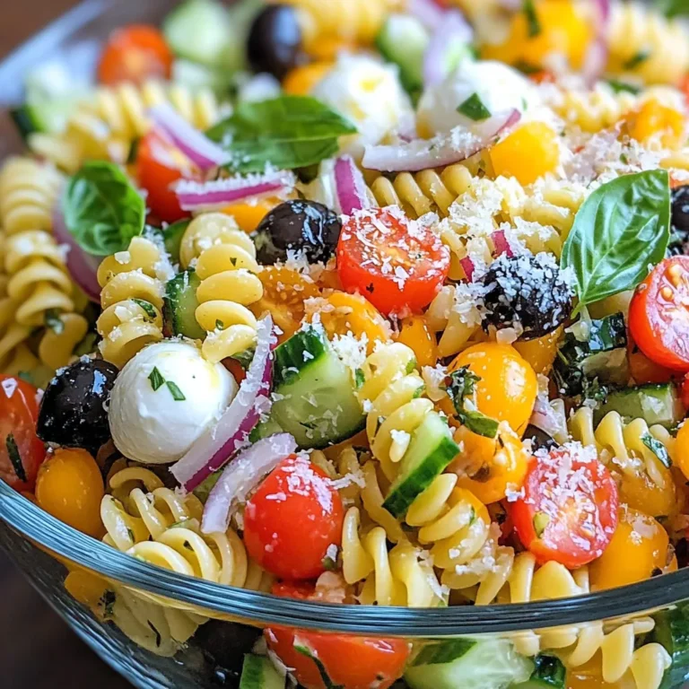 - 225 g tri-color Pasta (Fusilli oder Rotini) - 1 Tasse Kirschtomaten, halbiert - 1 Tasse Gurke, gewürfelt - 1/2 Tasse rote Zwiebel, dünn geschnitten - 1/2 Tasse schwarze Oliven, in Scheiben - 1/2 Tasse Mozzarella-Bällchen (Bocconcini) - 1/4 Tasse geriebener Parmesan-Käse - 1/2 Tasse italienisches Dressing (selbstgemacht oder gekauft) - 1 Esslöffel frisches Basilikum, gehackt - Salz und Pfeffer nach Geschmack Ich empfehle, frische Zutaten zu verwenden. Achte darauf, dass die Kirschtomaten reif und saftig sind. Wähle knackige Gurken, die fest sind. Für die Oliven solltest du schwarze, entsteinte Oliven nehmen. Sie bringen einen tollen Geschmack. Die Mozzarella-Bällchen sollten frisch und weich sein. Parmesan-Käse sollte gut gerieben sein, damit er gleichmäßig schmilzt. Frisches Basilikum gibt dem Salat ein besonderes Aroma. Es lohnt sich, diese Zutaten sorgfältig auszuwählen. Dieser Pasta-Salat ist nicht nur lecker, sondern auch nahrhaft. Die tri-color Pasta liefert Kohlenhydrate für Energie. Kirschtomaten sind reich an Antioxidantien. Gurken enthalten viel Wasser und helfen, hydratisiert zu bleiben. Rote Zwiebeln haben viele Vitamine und Mineralien. Schwarze Oliven bieten gesunde Fette. Mozzarella liefert Protein und Calcium. Parmesan-Käse fügt zusätzlichen Geschmack hinzu. Das italienische Dressing bringt gesunde Fette mit. Insgesamt ist dieser Salat eine ausgewogene Mahlzeit für jeden. {{ingredient_image_2}} Beginnen Sie mit einem großen Topf. Füllen Sie ihn mit Wasser und fügen Sie Salz hinzu. Bringen Sie das Wasser zum Kochen. Dann fügen Sie 225 g tri-color Pasta hinzu. Kochen Sie die Pasta laut Packungsanleitung, bis sie al dente ist. Dies dauert meist etwa 8 bis 10 Minuten. Wenn die Pasta fertig ist, gießen Sie sie ab. Spülen Sie die Pasta mit kaltem Wasser ab, um sie abzukühlen. Während die Pasta abkühlt, können Sie das Gemüse vorbereiten. Nehmen Sie 1 Tasse Kirschtomaten und schneiden Sie sie in Hälften. Dann würfeln Sie 1 Tasse Gurke. Schneiden Sie 1/2 Tasse rote Zwiebel in dünne Ringe. Schließlich schneiden Sie 1/2 Tasse schwarze Oliven in Scheiben. Diese frischen Zutaten geben dem Salat Farbe und Geschmack. In einer großen Rührschüssel kombinieren Sie die abgekühlte Pasta mit dem vorbereiteten Gemüse. Fügen Sie auch 1/2 Tasse Mozzarella-Bällchen und die geschnittenen Oliven hinzu. Diese Kombination sorgt für eine tolle Textur. Mischen Sie alles gut, damit sich die Zutaten gleichmäßig verteilen. Jetzt kommt das Dressing. Gießen Sie 1/2 Tasse italienisches Dressing gleichmäßig über den Salat. Streuen Sie 1/4 Tasse geriebenen Parmesan-Käse darüber. Vermengen Sie alles gründlich, damit der Salat gut gewürzt ist. Fügen Sie 1 Esslöffel frisch gehacktes Basilikum hinzu. Schmecken Sie den Salat mit Salz und Pfeffer ab. Lassen Sie den Salat für mindestens 30 Minuten im Kühlschrank ruhen. So verbinden sich die Aromen perfekt. Um den besten Pasta-Salat zu machen, beginne mit der richtigen Pasta. Tri-color Pasta sorgt für schöne Farben. Koche die Pasta in gesalzenem Wasser. So bekommt sie mehr Geschmack. Lass die Pasta nach dem Kochen abkühlen. Das hilft, die anderen Zutaten frisch zu halten. Präsentiere den Salat in einer klaren Glasschüssel. Dadurch kommen die Farben gut zur Geltung. Garniere den Salat mit Basilikum und etwas Parmesan. Das sieht nicht nur gut aus, sondern schmeckt auch besser. Du kannst den Salat auch in kleinen Schalen servieren. So hat jeder seine eigene Portion. Um den Geschmack zu verstärken, füge frische Kräuter hinzu. Basilikum passt perfekt zu diesem Salat. Du kannst auch Oregano oder Thymian verwenden. Ein Spritzer Zitronensaft macht den Salat frisch und lebendig. Probiere auch verschiedene Dressings aus, um neue Aromen zu entdecken. Pro Tipps Die richtige Pasta wählen: Verwende eine Pasta-Sorte mit einer interessanten Form wie Fusilli oder Rotini, damit das Dressing besser haften bleibt und der Salat mehr Textur hat. Gemüse frisch halten: Schneide das Gemüse erst kurz vor dem Servieren, um die Knackigkeit und den Geschmack zu erhalten. So bleibt der Salat frisch und appetitlich. Dressing anpassen: Für eine intensivere Geschmacksnote kannst du das italienische Dressing selbst herstellen, indem du frische Kräuter und Gewürze hinzufügst. Vorbereitung für den nächsten Tag: Wenn du den Salat für den nächsten Tag vorbereiten möchtest, halte das Dressing getrennt, bis du bereit bist zu servieren, um ein Durchweichen der Zutaten zu vermeiden. {{image_4}} Wenn du einen vegetarischen oder veganen Pasta-Salat machen willst, ist das leicht. Du kannst die Mozzarella-Bällchen einfach durch gegrilltes Gemüse oder Avocado ersetzen. Diese Optionen geben dem Salat eine cremige Textur. Für den Käse kannst du auch einen veganen Parmesan verwenden. Achte darauf, dass dein Dressing vegan ist. Viele Marken bieten leckere vegane Dressings an. Um den Salat noch schmackhafter zu machen, füge weitere Zutaten hinzu. Gegrillte Paprika oder Artischockenherzen passen gut dazu. Auch frische Kräuter wie Petersilie oder Oregano bringen frischen Geschmack. Wenn du gerne etwas Schärfe magst, kommen auch Jalapeños gut an. Ein paar Nüsse oder Samen, wie Pinienkerne oder Sonnenblumenkerne, geben einen schönen Crunch. Das Dressing ist wichtig für den Geschmack. Wenn du etwas anderes probieren willst, kannst du selbst ein einfaches Dressing machen. Mische Olivenöl, Zitronensaft, Knoblauch und etwas Honig. Dies gibt eine frische Note. Du könntest auch ein Pesto-Dressing verwenden, um den Salat aufzupeppen. Achte darauf, das Dressing gleichmäßig über den Salat zu verteilen, damit alle Zutaten gut gewürzt sind. Um Ihren Olive Garden inspirierten Pasta-Salat frisch zu halten, sollte er in einem luftdichten Behälter gelagert werden. Stellen Sie sicher, dass der Behälter gut verschlossen ist. So bleibt der Salat knackig und die Aromen erhalten. Im Kühlschrank bleibt der Pasta-Salat bis zu drei Tage frisch. Nach dieser Zeit kann die Pasta matschig werden. Überprüfen Sie die Zutaten regelmäßig. Wenn der Salat unangenehm riecht oder die Textur verändert ist, sollten Sie ihn nicht mehr essen. Das Einfrieren von Pasta-Salat ist nicht ideal. Die Textur der Pasta und das Gemüse können nach dem Auftauen matschig werden. Sollten Sie dennoch einfrieren wollen, trennen Sie das Dressing und die frischen Zutaten. So können Sie den Salat später frisch zubereiten. Er kann bis zu zwei Monate im Gefrierschrank aufbewahrt werden. Du kannst den Pasta-Salat bis zu drei Tage im Kühlschrank aufbewahren. Achte darauf, ihn in einem luftdichten Behälter zu lagern. So bleibt er frisch und lecker. Vor dem Servieren einfach gut durchmischen. Ja, du kannst andere Nudelsorten verwenden. Fusilli oder Rotini sind ideal, aber auch Penne oder Farfalle passen gut. Achte darauf, die Nudeln al dente zu kochen. So bleibt der Salat knackig und schmackhaft. Der Pasta-Salat passt gut zu vielen Beilagen. Hier sind einige Vorschläge: - Gegrilltes Hähnchen - Knoblauchbrot - Antipasti-Platte - Gemischter grüner Salat Diese Beilagen ergänzen den Geschmack des Salats wunderbar. Ja, der Pasta-Salat schmeckt auch ohne Dressing gut. Die frischen Zutaten bringen viel Geschmack. Du kannst ihn einfach mit etwas Olivenöl und Zitronensaft anmachen. Das sorgt für eine leichte, frische Note. In diesem Artikel haben wir die besten Zutaten für unseren Pasta-Salat untersucht. Wir haben Schritt für Schritt erklärt, wie man ihn zubereitet, gewürzt und serviert. Tipps zur Verbesserung des Geschmacks und Aufbewahrungshinweise helfen, frisch zu genießen. Wir haben auch Variationen und häufige Fragen behandelt. Pasta-Salat ist vielseitig und leicht zuzubereiten. Du kannst ihn nach deinem Geschmack anpassen. Probiere verschiedene Möglichkeiten aus und genieße ein leckeres Gericht!