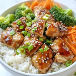 Für die süße und klebrige Hähnchen-Reisbowl benötigst du: - 2 Tassen Jasminreis - 4 Hähnchenschenkel, ohne Knochen und Haut Diese Zutaten bilden die Basis für dein Gericht. Der Jasminreis sorgt für eine duftende Grundlage, während das Hähnchen die Hauptproteinquelle ist. Die Marinade sorgt für den besonderen Geschmack. Du brauchst: - 1/4 Tasse Sojasauce - 1/4 Tasse Honig - 2 Esslöffel Sesamöl - 1 Esslöffel frischer Ingwer, gerieben - 2 Knoblauchzehen, fein gehackt - 1 Esslöffel Reisessig - 1/2 Teelöffel rote Pfefferflocken (optional) Diese Zutaten bringen Süße, Salz und ein wenig Schärfe. Sie helfen dem Hähnchen, saftig und aromatisch zu werden. Das Gemüse gibt Farbe und Crunch. Ich empfehle: - 1 Tasse Brokkoliröschen - 1/2 Tasse Karotten, in Streifen geschnitten - 2 Frühlingszwiebeln, in Ringe geschnitten - Sesamsamen zum Garnieren Das Brokkoli und die Karotten sind nicht nur lecker, sondern auch gesund. Die Frühlingszwiebeln und Sesamsamen runden das Gericht perfekt ab und geben einen schönen Biss. {{ingredient_image_2}} Spüle den Jasminreis gut ab. Das Wasser sollte klar sein. Gib den Reis mit 4 Tassen Wasser in einen Topf. Bring das Wasser zum Kochen. Reduziere die Hitze und decke den Topf ab. Lass den Reis 15 Minuten köcheln. Der Reis sollte zart und das Wasser aufgesogen sein. Nimm den Topf vom Herd und lass den Reis für 5 Minuten zugedeckt ruhen. Mische die Sojasauce, den Honig, das Sesamöl, den geriebenen Ingwer, den gehackten Knoblauch und den Reisessig in einer Schüssel. Wenn du magst, füge die roten Pfefferflocken hinzu. Rühre die Mischung gut um, bis sie gleichmäßig ist. Diese Marinade gibt dem Hähnchen einen tollen Geschmack. Lege die Hähnchenschenkel in eine flache Schüssel oder einen Zip-Lock-Beutel. Gieße die Marinade über das Hähnchen. Schließe die Schüssel oder den Beutel gut. Lass das Hähnchen für mindestens 30 Minuten im Kühlschrank marinieren. Wenn du mehr Zeit hast, marinier es bis zu 2 Stunden für einen intensiveren Geschmack. Erhitze eine beschichtete Pfanne auf mittlerer bis hoher Hitze. Füge die marinierten Hähnchenschenkel hinzu. Brate sie für etwa 5-7 Minuten pro Seite. Das Ziel ist, dass das Hähnchen durchgegart und karamellisiert ist. Bestreiche es ab und zu mit der restlichen Marinade. Verwende ein Fleischthermometer, um sicherzustellen, dass das Hähnchen eine Temperatur von 74 °C erreicht. Lass das Hähnchen nach dem Garen ruhen. Gib die Brokkoliröschen und die Karotten in die Pfanne. Brate das Gemüse für 3-4 Minuten. Es sollte zart, aber noch knackig sein. Wenn nötig, füge einen Spritzer Wasser hinzu, um das Gemüse zu dämpfen. Würze mit Salz und Pfeffer nach Geschmack. Lockere den Jasminreis mit einer Gabel auf. Teile den Reis gleichmäßig auf die Servierbowls auf. Belege jede Bowl mit Scheiben des klebrigen Hähnchens, Brokkoli und Karotten. Bestreue die Bowls mit geschnittenen Frühlingszwiebeln und Sesamsamen. Das gibt zusätzlichen Crunch und Geschmack. Für einen frischen Touch kannst du ein kleines Stück Limette dazu servieren. Um perfekten Jasminreis zu kochen, spüle ihn zuerst ab. Das entfernt Stärke und macht den Reis lockerer. Verwende das richtige Verhältnis von Wasser. Für zwei Tassen Reis nimm vier Tassen Wasser. Koche den Reis zuerst auf und reduziere dann die Hitze. Decke den Topf ab und lass ihn 15 Minuten köcheln. Lass den Reis danach fünf Minuten ruhen. So wird der Reis weich und duftend. Die Marinierzeit ist entscheidend für den Geschmack des Hähnchens. Ich empfehle, das Hähnchen mindestens 30 Minuten im Kühlschrank zu marinieren. Für intensiveren Geschmack marinierst du es bis zu zwei Stunden. So ziehen die Aromen tief in das Fleisch ein. Wenn du Zeit hast, lasse es über Nacht marinieren. So wird das Hähnchen besonders zart und aromatisch. Die richtige Temperatur beim Kochen ist sehr wichtig. Hähnchen sollte eine Innentemperatur von 74 °C erreichen. Das ist sicher und sorgt dafür, dass das Fleisch saftig bleibt. Nutze ein Fleischthermometer, um sicher zu gehen. Wenn das Hähnchen gut karamellisiert ist, wird es besonders lecker. Lasse das Hähnchen nach dem Garen kurz ruhen. So bleiben die Säfte im Fleisch. Pro Tipps Reis richtig waschen: Spüle den Jasminreis gründlich ab, um überflüssige Stärke zu entfernen, die das Kochen erleichtert und ein klebrigeres Ergebnis erzeugt. Marinade über Nacht: Marinieren Sie das Hähnchen über Nacht, um den Geschmack zu intensivieren und das Fleisch besonders zart zu machen. Gleichmäßiges Garen: Achten Sie darauf, die Hähnchenschenkel gleichmäßig zu braten, indem Sie sie regelmäßig wenden und darauf achten, dass sie nicht zu nah beieinander liegen. Gemüse frisch halten: Blanchieren Sie das Gemüse nur kurz, um die leuchtenden Farben und den knackigen Biss zu erhalten – es sollte lebhaft und frisch aussehen. {{image_4}} Wenn du eine vegetarische Version der Reisbowl möchtest, gibt es viele tolle Optionen. Du kannst Tofu anstelle von Hähnchen verwenden. Wähle festen Tofu, damit er gut die Marinade aufnimmt. Schneide den Tofu in Würfel und mariniere ihn wie das Hähnchen. Brate den Tofu dann in der Pfanne, bis er goldbraun ist. Auch Tempeh ist eine gute Wahl. Es hat einen nussigen Geschmack und viel Eiweiß. Du kannst die Reisbowl auch mit verschiedenen Gemüsesorten anpassen. Brokkoli und Karotten sind klasse, aber du kannst auch Paprika, Zucchini oder Erbsen hinzufügen. Diese Gemüse bringen Farbe und Geschmack. Brate sie einfach in der Pfanne, bis sie zart sind. Für einen zusätzlichen Crunch kannst du auch frischen Spinat oder Mangold verwenden. Diese Blätter sind nährstoffreich und sehen toll aus. Wenn du das Hähnchen ersetzen möchtest, sind Hähnchenbrust oder Pute gute Alternativen. Beide sind mager und lassen sich gut marinieren. Du kannst auch Rindfleischstreifen oder Schweinefleisch verwenden, um mehr Abwechslung zu bieten. Für die Marinade kannst du die Sojasauce mit Teriyaki-Sauce ersetzen. Das gibt der Bowl einen süßeren Geschmack. Experimentiere mit verschiedenen Kräutern, wie Koriander oder Basilikum, um neue Aromen zu entdecken. Die Reste der Sweet and Sticky Chicken Rice Bowls lassen sich gut aufbewahren. Fülle die Reste in einen luftdichten Behälter. Stelle sicher, dass das Hähnchen und das Gemüse gut abgedeckt sind. So bleiben die Aromen frisch. Du kannst die Bowls bis zu drei Tage im Kühlschrank lagern. Um die Reste wieder warm zu machen, nimm eine Mikrowelle oder einen Herd. Wenn du die Mikrowelle nutzt, erwärme die Bowls bei mittlerer Hitze. Decke sie mit einem feuchten Tuch ab, damit das Essen nicht austrocknet. Im Topf kannst du das Gericht bei niedriger Hitze sanft aufwärmen. Rühre häufig um, damit alles gleichmäßig warm wird. Im Kühlschrank bleiben die Reste bis zu drei Tage frisch. Wenn du sie länger aufbewahren möchtest, kannst du die Bowls auch einfrieren. Teile sie in Portionen auf und lege sie in gefriergeeignete Behälter. So bleiben sie bis zu drei Monate haltbar. Achte darauf, die Bowls vor dem Verzehr über Nacht im Kühlschrank auftauen zu lassen. Du kannst die Marinade bis zu einer Woche im Kühlschrank aufbewahren. Achte darauf, sie in einem luftdichten Behälter zu lagern. Wenn du die Marinade länger aufbewahren möchtest, friere sie ein. So bleibt ihr Geschmack frisch. Ja, du kannst andere Reissorten verwenden. Basmati oder Vollkornreis sind gute Alternativen. Beachte, dass die Kochzeit unterschiedlich sein kann. Probiere einfach aus, welche Sorte dir am besten schmeckt. Um die Reisbowl würziger zu machen, füge mehr rote Pfefferflocken hinzu. Du kannst auch frischen Chili oder scharfe Sojasauce verwenden. Experimentiere mit Gewürzen, die dir gefallen. So passt du das Gericht deinem Geschmack an. Die Reisbowl kann glutenfrei sein, wenn du glutenfreie Sojasauce verwendest. Achte auch darauf, dass die anderen Zutaten keine Gluten enthalten. So kannst du dieses Gericht bedenkenlos genießen. Die Reisbowl bietet viele Optionen für frische und leckere Zutaten. Wir haben die Hauptzutaten besprochen, die perfekte Marinade zubereitet und erklärt, wie du die Bowls füllst. Tipps, Tricks und Variationen helfen dir, deine perfekte Schale zu gestalten. Wenn du Reste hast, kannst du sie leicht lagern. Denke auch an unsere FAQs für weitere Fragen. Probiere verschiedene Kombinationen aus und finde deinen eigenen Lieblingsgeschmack. Viel Spaß beim Kochen!