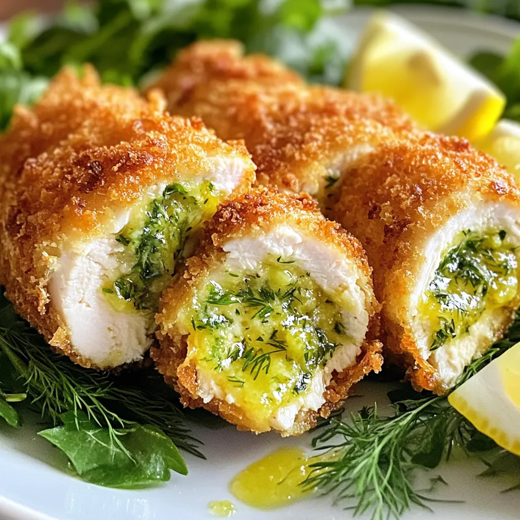 Für Chicken Kiev braucht man einige Hauptzutaten. Diese sind: - 4 Hähnchenbrustfilets, ohne Haut und Knochen - 125 g ungesalzene Butter, weich - 3 Zehen Knoblauch, fein gehackt - 2 Esslöffel frische Petersilie, gehackt - 1 Esslöffel frischer Dill, gehackt - 1 Teelöffel Zitronenschale - 1 Teelöffel Salz - ½ Teelöffel schwarzer Pfeffer - 120 g Weizenmehl - 2 große Eier, verquirlt - 200 g Semmelbrösel (vorzugsweise Pankobrösel) - Kochöl (zum Braten) Diese Zutaten sind wichtig, um den vollen Geschmack zu erreichen. Die frischen Kräuter bringen das Gericht zum Leben. Bei Semmelbröseln empfehle ich, Pankobrösel zu verwenden. Sie machen die Hähnchenrollen schön knusprig. Marken wie „Kikkoman“ oder „Progresso“ bieten gute Pankobrösel an. Sie sind leicht zu finden und sehr beliebt. Falls du keine frischen Kräuter hast, kannst du getrocknete Kräuter verwenden. Für 1 Esslöffel frische Petersilie brauchst du etwa 1 Teelöffel getrocknete Petersilie. Das gilt auch für Dill. Wenn du keine Zitronenschale hast, nutze etwas Zitronensaft. So bleibt der frische Geschmack erhalten. {{ingredient_image_2}} Zuerst mischen Sie die weiche Butter mit dem Knoblauch, der Petersilie und dem Dill. Fügen Sie die Zitronenschale, das Salz und den Pfeffer hinzu. Rühren Sie alles gut zusammen, bis die Mischung einheitlich ist. Nehmen Sie ein Stück Frischhaltefolie und geben Sie die Butter darauf. Formen Sie die Butter zu einer Rolle. Wickeln Sie die Folie fest um die Butter und legen Sie sie für 30 Minuten in den Kühlschrank. So wird sie fest und lässt sich besser verwenden. Während die Butter kühlt, bereiten Sie die Hähnchenbrustfilets vor. Legen Sie jedes Filet zwischen zwei Stücke Backpapier. Klopfen Sie es vorsichtig mit einem Fleischklopfer auf etwa 1,25 cm Dicke. So wird das Hähnchen zart und gar gleichmäßig. Nachdem die Kräuterbutter fest ist, schneiden Sie sie in vier gleich große Stücke. Legen Sie ein Stück Butter in die Mitte jedes Hähnchenbrustfilets. Falten Sie die Seiten der Hähnchenbrust über die Butter und rollen Sie das Filet von unten auf. Achten Sie darauf, die Enden nach innen zu tucken. Wenn nötig, sichern Sie die Rolle mit einem Zahnstocher. Jetzt richten Sie eine Panierstation ein. Stellen Sie eine Schüssel mit Mehl, eine mit verquirlten Eiern und eine mit Semmelbröseln bereit. Wenden Sie jede Hähnchenrolle zuerst in Mehl, dann in die Eier und schließlich in die Semmelbrösel. Erhitzen Sie das Kochöl in einer großen Pfanne bei mittlerer Hitze. Legen Sie die Hähnchenrollen vorsichtig mit der Nahtseite nach unten in die Pfanne. Braten Sie sie 5 bis 7 Minuten pro Seite, bis sie goldbraun sind. Legen Sie die Hähnchenrollen in eine Auflaufform und backen Sie sie dann 15 bis 20 Minuten im vorgeheizten Ofen bei 190°C. Achten Sie darauf, dass das Hähnchen durchgegart ist und der Fleischsaft klar ist. Lassen Sie die Hähnchen Kiev vor dem Servieren ein paar Minuten ruhen. Ein häufiger Fehler ist, die Butter nicht gut zu kühlen. Wenn die Butter zu weich ist, läuft sie beim Braten aus. Achte darauf, die Butter richtig zu formen und kühl zu lagern. Ein weiterer Fehler ist, das Hähnchen nicht dünn genug zu klopfen. Dicke Stücke garen ungleichmäßig. Klopfe die Hähnchenbrustfilets auf etwa 1,25 cm Dicke. Das sorgt für gleichmäßiges Garen. Das Braten sollte bei mittlerer Hitze erfolgen. Erhitze das Öl auf etwa 180°C. Zu hohe Hitze verbrennt die Panade, bevor das Hähnchen gar ist. Für das Backen stelle den Ofen auf 190°C ein. So wird das Hähnchen knusprig und zart. Zu Chicken Kiev passen viele Beilagen. Ein frischer Blattsalat bringt Farbe auf den Teller. Auch Kartoffelpüree ist eine tolle Wahl. Du kannst auch eine einfache Knoblauchsoße dazu servieren. Eine Sauce aus Zitronensaft und frischen Kräutern rundet das Gericht ab. Experimentiere mit deinen Lieblingsbeilagen und Saucen! Pro Tipps Butter gut kühlen: Stellen Sie sicher, dass die Kräuterbutter gut gekühlt ist, bevor Sie sie in die Hähnchenbrust füllen. Das verhindert, dass die Butter beim Braten schmilzt und ausläuft. Fleisch klopfen: Klopfen Sie das Hähnchen gleichmäßig, um sicherzustellen, dass es gleichmäßig gart. Dies hilft auch, das Fleisch zarter zu machen. Pankobrösel verwenden: Verwenden Sie Pankobrösel für eine extra knusprige Textur. Sie sind luftiger und geben dem Hähnchen ein besseres Crunch. Ruhen lassen: Lassen Sie das Hähnchen nach dem Backen einige Minuten ruhen, damit sich die Säfte setzen können. So bleibt das Fleisch saftig. {{image_4}} Wenn Sie nach einer vegetarischen Option suchen, probieren Sie gefüllte Auberginen. Schneiden Sie die Aubergine längs auf und entnehmen Sie etwas Fruchtfleisch. Füllen Sie die Hälften mit einer Mischung aus Kräuterbutter und Quinoa. Backen Sie sie im Ofen, bis sie zart sind. Eine andere Idee ist, Blumenkohlsteaks zu verwenden. Marinieren Sie die Steaks in Kräuterbutter, panieren Sie sie und braten Sie sie goldbraun. Diese Alternativen sind lecker und bieten den gleichen Geschmack. Die Kräuterbutter ist die Seele von Chicken Kiev. Sie können die Aromen leicht ändern. Fügen Sie etwas geräucherten Paprika hinzu, um einen rauchigen Geschmack zu erzielen. Oder mischen Sie frischen Schnittlauch und Estragon für eine frische Note. Wenn Sie es schärfer mögen, probieren Sie eine Prise Cayennepfeffer. Diese Variationen geben dem Gericht eine neue Dimension. Seien Sie kreativ und finden Sie Ihre Lieblingskombination! Das Panieren ist entscheidend für die Textur. Anstelle von Semmelbröseln können Sie auch Maismehl verwenden. Dies gibt eine knackige Kruste. Für eine glutenfreie Option verwenden Sie Mandelmehl. Wenn Sie es etwas gesünder möchten, nutzen Sie etwas weniger Öl und backen Sie die Hähnchenrollen im Ofen. Eine weitere Möglichkeit ist, die Hähnchenrollen in einer Mischung aus Pankobröseln und Parmesan zu panieren. Dies sorgt für einen herzhaften Geschmack und eine schöne goldene Farbe. Experimentieren Sie mit diesen Methoden für neue Geschmackserlebnisse. Wenn Sie Chicken Kiev übrig haben, lagern Sie es im Kühlschrank. Wickeln Sie die Hähnchenrollen in Frischhaltefolie oder legen Sie sie in einen luftdichten Behälter. So bleibt das Hähnchen frisch und saftig. Es ist wichtig, die Reste innerhalb von zwei Tagen zu essen. Zum Aufwärmen von übrig gebliebenem Chicken Kiev benutze ich oft den Ofen. Heizen Sie den Ofen auf 175°C vor. Legen Sie die Hähnchenrollen auf ein Backblech. Backen Sie sie etwa 10 bis 15 Minuten, bis sie warm sind. Sie können auch eine Pfanne verwenden. Braten Sie die Hähnchen bei mittlerer Hitze für 5 bis 7 Minuten. Drehen Sie sie dabei um, damit sie gleichmäßig warm werden. Im Kühlschrank bleibt Chicken Kiev etwa 2 bis 3 Tage frisch. Wenn Sie es länger aufbewahren möchten, frieren Sie es ein. Wickeln Sie jede Rolle gut ein und legen Sie sie in einen Gefrierbeutel. So bleibt es bis zu 3 Monate haltbar. Wenn Sie es aufwärmen möchten, lassen Sie es zuerst im Kühlschrank auftauen. Die Zubereitung von Chicken Kiev dauert etwa 1 Stunde. Dazu gehören 20 Minuten Vorbereitungszeit und 40 Minuten Kochzeit. Diese Zeit kann je nach Ihrem Tempo variieren. Wenn Sie die Schritte genau befolgen, haben Sie ein köstliches Gericht in kurzer Zeit. Ja, Sie können Chicken Kiev im Voraus zubereiten. Bereiten Sie die Hähnchenrollen bis zur Panierung vor und kühlen Sie sie. Wickeln Sie sie in Frischhaltefolie und lagern Sie sie im Kühlschrank. So bleiben sie frisch und bereit zum Braten. Sie können sie auch einfrieren, um sie später zu genießen. Um zu prüfen, ob das Hähnchen durchgegart ist, verwenden Sie ein Fleischthermometer. Stecken Sie es in die dickste Stelle des Filets. Die ideale Temperatur beträgt 75 °C. Alternativ können Sie das Hähnchen aufschneiden. Der Saft sollte klar sein und kein rosa Fleisch sichtbar sein. Chicken Kiev ist lecker und einfach zuzubereiten. Wir haben die besten Zutaten betrachtet, einschließlich empfohlener Marken für Semmelbrösel und nützlicher Ersatzstoffe für frische Kräuter. Die Schritt-für-Schritt-Anleitung zeigt dir, wie du die Kräuterbutter zubereitest und alles perfekt brätst. Ich habe dir auch Tipps gegeben, um häufige Fehler zu vermeiden. Denke daran, die Lagerung und das Aufwärmen zu beachten, um die beste Qualität zu sichern. Variationen wie vegetarische Alternativen und Gewürzvariationen geben dir auch neue Ideen. Mit diesen Informationen bist du bestens gerüstet, um Chicken Kiev zu genießen!