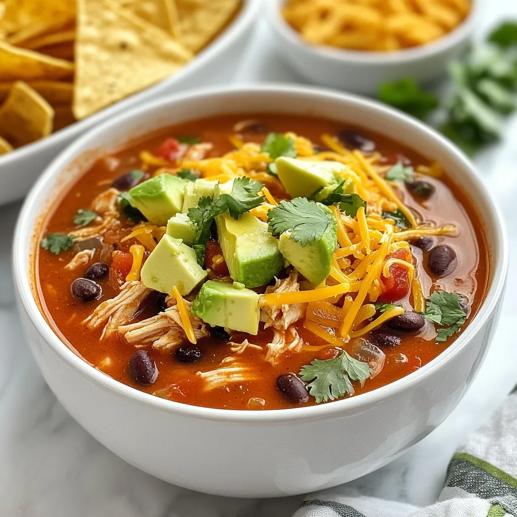 Um die perfekte Hähnchen Enchilada Suppe zu machen, brauchen wir einige wichtige Zutaten: - 450 g Hähnchenbrustfilets, ohne Haut und Knochen - 1 mittelgroße Zwiebel, gewürfelt - 3 Knoblauchzehen, gehackt - 1 Dose (425 g) schwarze Bohnen, abgetropft und abgespült - 1 Dose (425 g) Maiskörner, abgetropft - 1 Dose (425 g) gewürfelte Tomaten mit grünen Chilis - 1 Liter Hühnerbrühe Diese Zutaten bilden die Basis unserer Suppe und sorgen für einen herzhaften Geschmack. Gewürze geben der Suppe ihren besonderen Kick. Hier sind die Gewürze, die du brauchst: - 2 Esslöffel Chili-Pulver - 1 Teelöffel Kreuzkümmel - 1 Teelöffel geräuchertes Paprika-Pulver - 1 Teelöffel Salz - 1/2 Teelöffel schwarzer Pfeffer Diese Gewürze bringen die Aromen zusammen und machen die Suppe würzig und lecker. Die Toppings machen das Gericht noch besser. Hier sind einige tolle Ideen: - 100 g geriebener Cheddar-Käse - 1 Avocado, gewürfelt - 1/4 Tasse frischer Koriander, gehackt, zum Garnieren - Tortilla-Chips, zum Servieren Diese Toppings bringen Frische und Textur in die Suppe. Der Käse schmilzt schön und die Avocado sorgt für Cremigkeit. {{ingredient_image_2}} Um die Hähnchen Enchilada Suppe zu machen, brauchen wir frische Zutaten. Hier sind die Zutaten, die Sie benötigen: - 450 g Hähnchenbrustfilets, ohne Haut und Knochen - 1 mittelgroße Zwiebel, gewürfelt - 3 Knoblauchzehen, gehackt - 1 Dose (425 g) schwarze Bohnen, abgetropft und abgespült - 1 Dose (425 g) Maiskörner, abgetropft - 1 Dose (425 g) gewürfelte Tomaten mit grünen Chilis - 1 Liter Hühnerbrühe - 2 Esslöffel Chili-Pulver - 1 Teelöffel Kreuzkümmel - 1 Teelöffel geräuchertes Paprika-Pulver - 1 Teelöffel Salz - 1/2 Teelöffel schwarzer Pfeffer - 100 g geriebener Cheddar-Käse - 1/4 Tasse frischer Koriander, gehackt, zum Garnieren - 1 Avocado, gewürfelt, als Topping - Tortilla-Chips, zum Servieren Zuerst waschen Sie die frischen Zutaten. Würfeln Sie die Zwiebel und hacken Sie den Knoblauch. Diese Zutaten bringen viel Geschmack. Erhitzen Sie einen großen Topf mit einem kleinen Schuss Olivenöl. Fügen Sie die Zwiebel hinzu und sautieren Sie sie etwa 5 Minuten lang. Wenn sie weich ist, geben Sie den Knoblauch dazu. Braten Sie ihn für eine weitere Minute an. Jetzt kommt das Hähnchen. Legen Sie die Hähnchenbrustfilets in den Topf. Fügen Sie die schwarzen Bohnen, den Mais und die gewürfelten Tomaten hinzu. Gießen Sie die Hühnerbrühe dazu und fügen Sie die Gewürze hinzu: Chili-Pulver, Kreuzkümmel, geräuchertes Paprika, Salz und Pfeffer. Bringen Sie die Mischung zum Kochen. Reduzieren Sie dann die Hitze und lassen Sie die Suppe 20-25 Minuten köcheln. Das Hähnchen sollte jetzt zart und gut durchgegart sein. Nehmen Sie die Hähnchenbrustfilets aus dem Topf. Zerkleinern Sie sie mit zwei Gabeln. Geben Sie das zerkleinerte Hähnchen zurück in den Topf und rühren Sie gut um. Überprüfen Sie die Gewürze. Lassen Sie die Aromen 5 Minuten verschmelzen. Schöpfen Sie die Suppe in Schalen. Toppen Sie jede Portion mit geriebenem Cheddar-Käse, gewürfelter Avocado und frischem Koriander. Servieren Sie die Tortilla-Chips in einer kleinen Schüssel dazu. Für eine schöne Präsentation nutzen Sie bunte Schalen. Ein Zweig frischer Koriander macht das Bild perfekt. Um die beste Hähnchen Enchilada Suppe zu machen, gibt es einige einfache Tipps. Verwenden Sie frische Zutaten. Das macht den Geschmack lebendig und frisch. Schneiden Sie die Zwiebeln klein, damit sie gut garen. Lassen Sie den Knoblauch nicht zu lange kochen, sonst wird er bitter. Experimentieren Sie mit den Gewürzen. Mehr Chili-Pulver bringt mehr Schärfe. Wenn Sie weniger Schärfe wollen, verwenden Sie weniger. Ein häufiger Fehler ist, das Hähnchen zu lange zu kochen. Es sollte zart sein, aber nicht trocken. Prüfen Sie das Hähnchen nach 20 Minuten. Ein weiterer Fehler ist, die Brühe nicht richtig zu würzen. Probieren Sie, bevor Sie servieren. Wenn die Suppe zu dick ist, fügen Sie einfach mehr Brühe hinzu. Achten Sie darauf, die Bohnen und den Mais gut abzutropfen. So bleibt die Suppe nicht wässrig. Die Kochzeit ist wichtig für den Geschmack. Lassen Sie die Suppe 20-25 Minuten köcheln. Dann wird das Hähnchen schön zart. Wenn Sie mehr Zeit haben, lassen Sie die Suppe länger köcheln. Die Aromen werden besser. Rühren Sie die Suppe regelmäßig um. So verhindern Sie, dass sie anbrennt. Wenn alles gut gekocht ist, nehmen Sie das Hähnchen heraus und zerkleinern Sie es. Das gibt eine tolle Textur in der Suppe. Pro Tipps Hähnchenbrust marinieren: Marinieren Sie die Hähnchenbrustfilets vor dem Kochen in einer Mischung aus Limettensaft, Olivenöl und Gewürzen, um zusätzlichen Geschmack und Zartheit zu erreichen. Gemüsevariationen: Fügen Sie zusätzliches Gemüse wie Paprika oder Zucchini hinzu, um die Suppe noch nährstoffreicher und schmackhafter zu machen. Würzigkeit anpassen: Passen Sie die Menge des Chili-Pulvers an Ihre Vorlieben an; für eine mildere Suppe verwenden Sie weniger oder wählen Sie milde Gewürze. Vorbereitung im Voraus: Bereiten Sie die Suppe im Voraus zu und lagern Sie sie im Kühlschrank; sie schmeckt am nächsten Tag noch besser, wenn die Aromen durchziehen konnten. {{image_4}} Um die Hähnchen Enchilada Suppe vegetarisch zu machen, ersetzen Sie das Hähnchen durch 450 g gewürfelten Tofu oder Tempeh. Diese Alternativen nehmen die Gewürze gut auf und liefern eine gute Textur. Sie können auch mehr Bohnen oder Kichererbsen hinzufügen. Für eine vegane Version, nutzen Sie Gemüsebrühe anstelle von Hühnerbrühe. So bleibt der Geschmack stark und voll. Fügen Sie frische Paprika oder Zucchini hinzu, um mehr Farbe und Nährstoffe zu erhalten. Diese Gemüse passen gut und bringen zusätzliche Frische. Auch eine Handvoll Spinat kann während des Kochens dazugegeben werden. Möchten Sie etwas Crunch? Probieren Sie geröstete Kürbiskerne oder Nachos als Topping. Das gibt der Suppe eine neue Dimension. Für eine schärfere Suppe fügen Sie mehr Chili-Pulver oder frische Jalapeños hinzu. Sie können auch eine scharfe Salsa verwenden, um den Kick zu erhöhen. Wenn Sie es milder mögen, reduzieren Sie das Chili-Pulver und die grünen Chilis. Ein Löffel Sahne oder Joghurt obenauf kann auch die Schärfe ausgleichen. Passen Sie die Gewürze nach Ihrem Geschmack an. So wird die Suppe genau nach Ihrem Wunsch. Um die Hähnchen Enchilada Suppe frisch zu halten, fülle sie in einen luftdichten Behälter. Lass die Suppe zuerst auf Raumtemperatur abkühlen. Danach stelle sie in den Kühlschrank. So bleibt sie bis zu vier Tage genießbar. Wenn du die Suppe länger aufbewahren möchtest, friere sie ein. Verwende spezielle Gefrierbehälter oder Beutel. Wenn du die Suppe aufwärmen möchtest, mache das am besten auf dem Herd. Gieße die Suppe in einen Topf und erhitze sie bei mittlerer Hitze. Rühre gelegentlich um, damit sie nicht anbrennt. Du kannst auch die Mikrowelle nutzen. Gib die Suppe in eine mikrowellengeeignete Schüssel und decke sie ab. Erwärme sie in Intervallen von zwei Minuten. Rühre dazwischen gut um. Die Hähnchen Enchilada Suppe hält sich im Kühlschrank vier Tage. Im Gefrierschrank bleibt sie bis zu drei Monate frisch. Achte darauf, die Suppe gut zu verpacken, damit sie nicht austrocknet. Wenn du die Suppe wieder auftauen möchtest, lasse sie über Nacht im Kühlschrank auftauen. So bleibt der Geschmack erhalten. Die Zubereitung der Hähnchen Enchilada Suppe dauert insgesamt etwa 45 Minuten. Davon sind 15 Minuten für die Vorbereitung nötig. In dieser Zeit schneiden Sie die Zwiebel und den Knoblauch. Dann kochen Sie die Suppe für 20-25 Minuten. Das Hähnchen wird zart und aromatisch. Ja, Sie können die Hähnchen Enchilada Suppe im Voraus zubereiten. Kochen Sie die Suppe und lassen Sie sie abkühlen. Dann füllen Sie sie in einen luftdichten Behälter. So bleibt die Suppe frisch. Sie können sie bis zu drei Tage im Kühlschrank aufbewahren. Einfach wieder aufwärmen, wenn Sie bereit sind. Zu der Hähnchen Enchilada Suppe passen viele Beilagen. Tortilla-Chips sind ein Muss. Sie geben einen schönen Crunch. Auch Avocados oder frischer Koriander sind toll. Sie verleihen Geschmack und Frische. Wenn Sie einen Salat mögen, probieren Sie einen einfachen grünen Salat dazu. In diesem Blogpost haben wir die Hauptzutaten und die Zubereitung der Hähnchen Enchilada Suppe besprochen. Wir gaben Tipps zur Perfektionierung und Möglichkeiten zur Variation. Denken Sie daran, beim Kochen kreativ zu sein und verschiedene Aromen zu testen. Die richtige Lagerung hilft, die Suppe frisch zu halten. Nutzen Sie die FAQs für weitere Fragen. Mit diesen Infos können Sie Ihre eigene leckere Suppe schnell und leicht zubereiten. Kochen Sie los und genießen Sie!