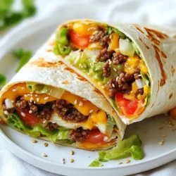 - 450 g Rinderhackfleisch - 4 große Weizentortillas - 1 Tasse geschredderter Kopfsalat - 1 große Tomate, gewürfelt - 1 Tasse geschredderter Cheddar-Käse - ½ Tasse Gurken, in Scheiben geschnitten Die Hauptzutaten bilden die Basis für deinen Big Mac Wrap. Das Rinderhackfleisch gibt den Wraps den herzhaften Geschmack. Die Weizentortillas sind einfach zu handhaben und halten die Füllung gut zusammen. Frisches Gemüse wie Kopfsalat, Tomaten und Gurken bringt Farbe und Frische in dein Gericht. Der geschredderte Cheddar-Käse sorgt für einen leckeren, cremigen Geschmack. - 1 Esslöffel Zwiebelpulver - 1 Esslöffel Knoblauchpulver - 1 Teelöffel geräuchertes Paprika - Salz und Pfeffer nach Geschmack - ¼ Tasse Mayonnaise - 2 Esslöffel Ketchup - 2 Esslöffel Senf (gelb) - 1 Esslöffel Weißweinessig Die Gewürze geben dem Rinderhackfleisch einen tollen Geschmack. Zwiebelpulver und Knoblauchpulver sind Klassiker, die in vielen Gerichten gut passen. Das geräucherte Paprika bringt eine angenehme Rauchnote. Die selbstgemachte Sauce aus Mayonnaise, Ketchup, Senf und Essig rundet alles ab und macht die Wraps besonders lecker. - Sesamsamen Sesamsamen sind eine schöne Ergänzung. Sie verleihen den Wraps nicht nur einen tollen Look, sondern auch einen leichten Crunch. Du kannst die Wraps nach dem Rösten mit Sesamsamen bestreuen. Das sieht appetitlich aus und macht das Essen noch besser. {{ingredient_image_2}} Zuerst erhitze eine große Pfanne bei mittlerer Hitze. Füge 450 g Rinderhackfleisch hinzu. Brate das Fleisch etwa 5-7 Minuten lang, bis es durchgegart ist. Vergiss nicht, Zwiebelpulver, Knoblauchpulver, geräuchertes Paprika, Salz und Pfeffer hinzuzufügen. Rühre gut um, damit die Gewürze sich gleichmäßig verteilen. Nimm das Fleisch dann von der Hitze und lasse es leicht abkühlen. Für die Big Mac Sauce mische in einer kleinen Schüssel ¼ Tasse Mayonnaise, 2 Esslöffel Ketchup, 2 Esslöffel Senf und 1 Esslöffel Weißweinessig. Rühre alles gut durch. Achte darauf, dass die Sauce eine schöne, cremige Konsistenz hat. Stelle die Sauce beiseite, während du die Wraps vorbereitest. Lege eine große Weizentortilla auf eine flache Fläche. Verteile einen großzügigen Esslöffel der Big Mac Sauce gleichmäßig darauf. Lasse einen kleinen Rand frei. Jetzt kommt das Rinderhackfleisch. Gib eine gleichmäßige Schicht darauf. Füge dann 1 Tasse geschredderten Kopfsalat, 1 gewürfelte große Tomate, 1 Tasse geschredderten Cheddar-Käse und ½ Tasse geschnittene Gurken hinzu. Falte die Seiten der Tortilla nach innen. Rolle die Tortilla dann fest von unten auf. Wiederhole diesen Schritt für die restlichen Tortillas. Um die Wraps schön knusprig zu machen, heize eine Pfanne auf mittlerer Hitze vor. Lege jede eingewickelte Tortilla mit der Naht nach unten in die Pfanne. Röste sie für etwa 2-3 Minuten auf jeder Seite. Sie sollten goldbraun und knusprig sein. Nimm die Wraps aus der Pfanne und streue Sesamsamen obenauf. Schneide jeden Wrap diagonal in der Mitte durch. So sieht es besonders gut aus und macht Lust auf mehr! Um die Wraps perfekt zu bräunen, heize die Pfanne gut vor. Ein heißes Pfanne sorgt für eine knusprige Textur. Lege die Wraps mit der Naht nach unten hinein. Roste sie für 2-3 Minuten. Wende sie vorsichtig, um die andere Seite zu bräunen. Achte darauf, dass sie nicht verbrennen. Du kannst die Füllungen nach deinem Geschmack anpassen. Probiere verschiedene Fleischsorten wie Hühnchen oder Pute. Für eine vegetarische Option nutze gebratene Gemüse oder Tofu. Füge auch andere Käsesorten hinzu, wie Feta oder Mozzarella. Experimentiere mit verschiedenen Saucen, um neue Geschmäcker zu entdecken. Frische Zutaten machen die Wraps noch besser. Nutze knackigen Kopfsalat und saftige Tomaten. Wähle reife Gurken für mehr Geschmack. Achte auch auf die Qualität des Hackfleischs. Frisches Fleisch hat mehr Aroma und Textur. Besorge dir auch frische Kräuter für zusätzlichen Geschmack. Pro Tipps Frisches Gemüse: Verwenden Sie frische, knackige Zutaten für einen besseren Geschmack und eine ansprechendere Textur. Wraps anpassen: Fühlen Sie sich frei, die Füllungen nach Ihrem Geschmack zu variieren, indem Sie z.B. Jalapeños oder Avocado hinzufügen. Würzen nicht vergessen: Kosten Sie das Rinderhackfleisch während des Kochens, um sicherzustellen, dass die Gewürze gut harmonieren. Perfekte Röstung: Rösten Sie die Wraps bei mittlerer Hitze, um ein Anbrennen zu vermeiden und eine gleichmäßige Bräunung zu erzielen. {{image_4}} Für eine vegetarische Variante, ersetzen Sie das Rinderhackfleisch. Nutzen Sie stattdessen schwarze Bohnen oder Linsen. Diese sind nahrhaft und lecker. Fügen Sie die gleichen Gewürze hinzu, um den Geschmack zu intensivieren. Sie können auch gebratene Paprika oder Zucchini hinzufügen. Diese zusätzlichen Zutaten bringen Frische und Farbe in den Wrap. Für Hühnchenliebhaber ist diese Variante perfekt. Ersetzen Sie einfach das Rinderhackfleisch durch gebratenes Hühnchen. Würzen Sie das Hühnchen mit Zwiebel- und Knoblauchpulver. Kochen Sie das Hühnchen, bis es zart ist. Schneiden Sie es in Stücke und fügen Sie es zu den Wraps hinzu. Der Wrap bleibt saftig und geschmackvoll. Wenn Sie eine leichtere Version möchten, verwenden Sie mageres Rinderhackfleisch oder sogar Hühnerbrust. Tauschen Sie die Mayonnaise gegen griechischen Joghurt aus. Dies reduziert die Kalorien und fügt Protein hinzu. Verwenden Sie Vollkorn-Tortillas für mehr Ballaststoffe. Diese kleinen Änderungen machen den Wrap gesünder, ohne den Geschmack zu verlieren. Um die Reste deiner Big Mac Wraps gut zu lagern, lege sie in einen luftdichten Behälter. Wenn du keinen hast, kannst du auch Frischhaltefolie verwenden. Achte darauf, die Wraps so schnell wie möglich in den Kühlschrank zu stellen. So bleiben sie frisch und lecker. Ich empfehle, sie innerhalb von drei Tagen zu essen, um den besten Geschmack zu haben. Wenn du die Wraps wieder aufwärmen willst, benutze eine Pfanne. Erhitze die Pfanne auf mittlerer Hitze. Lege die Wraps mit der Naht nach unten hinein. Roste sie etwa 2-3 Minuten, bis sie heiß und knusprig sind. Du kannst auch die Mikrowelle nutzen, aber das macht sie nicht knusprig. Wickele sie in ein feuchtes Küchentuch, um ein Austrocknen zu vermeiden. Die Haltbarkeit der Big Mac Wraps im Kühlschrank beträgt etwa drei Tage. Nach dieser Zeit können sie schlecht werden. Achte auf Geruch oder Veränderungen im Aussehen. Wenn du sie länger aufbewahren möchtest, friere die Wraps ein. Im Gefrierschrank halten sie bis zu drei Monate. Stelle sicher, dass sie gut verpackt sind, um Gefrierbrand zu vermeiden. Ein Big Mac Wrap hat etwa 550 Kalorien pro Portion. Dies kann je nach Zutaten variieren. Wenn du weniger Fleisch oder Käse verwendest, sinkt die Kalorienzahl. Du kannst auch die Menge der Sauce reduzieren. Ja, du kannst die Sauce ganz einfach anpassen! Wenn du mehr Würze magst, füge etwas scharfen Senf oder Sriracha hinzu. Für eine mildere Version benutze weniger Ketchup. Du kannst auch Joghurt statt Mayonnaise verwenden, um die Sauce leichter zu machen. Standardmäßig sind Big Mac Wraps nicht glutenfrei, weil Weizentortillas Gluten enthalten. Du kannst glutenfreie Tortillas verwenden, um sie anzupassen. Achte darauf, auch die anderen Zutaten auf glutenfreie Optionen zu prüfen. Big Mac Wraps sind lecker und einfach zu machen. Wir haben die Hauptzutaten, Gewürze und mögliche Garnierungen betrachtet. Du hast auch gelernt, wie du sie richtig zubereitest und welche Tipps dir helfen, die besten Wraps zu machen. Denk daran, dass du Variationen ausprobieren kannst, wie vegetarische oder leichte Optionen. Zudem zeigten wir, wie du Reste lagerst. Setze dein Wissen jetzt um und genieße deine selbstgemachten Wraps!