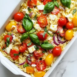Für ein gelungenes Baked Feta Orzo benötigst du: - 200g Orzo-Nudeln - 200g Feta-Käse (Block) - 2 Tassen Kirschtomaten, halbiert - 1 Paprika, gewürfelt (jede Farbe) - 1/2 rote Zwiebel, fein gehackt - 3 Knoblauchzehen, gehackt Diese Zutaten bilden die Basis für dein Gericht. Der Feta wird beim Backen weich und cremig. Die Tomaten und Paprika fügen frische Aromen hinzu. Du brauchst auch: - 2 Esslöffel Olivenöl - 1 Teelöffel getrockneter Oregano - Salz und Pfeffer nach Geschmack Das Olivenöl sorgt für einen schönen Glanz und Geschmack. Oregano bringt mediterrane Noten, die perfekt zu Feta passen. Salz und Pfeffer sind wichtig, um alles gut abzurunden. Um dein Gericht zu verfeinern, kannst du frische Basilikumblätter verwenden. Sie bieten einen tollen Farbkontrast und einen frischen Geschmack. Wenn du magst, kannst du auch etwas Zitronensaft hinzufügen. Das gibt eine spritzige Note. {{ingredient_image_2}} Zuerst sammeln wir die Zutaten. Du benötigst: - 200g Orzo-Nudeln - 200g Feta-Käse (Block) - 2 Tassen Kirschtomaten, halbiert - 1 Paprika, gewürfelt (jede Farbe) - 1/2 rote Zwiebel, fein gehackt - 3 Knoblauchzehen, gehackt - 2 Esslöffel Olivenöl - 1 Teelöffel getrockneter Oregano - Salz und Pfeffer nach Geschmack - Frische Basilikumblätter zur Garnitur Heize den Ofen auf 200°C vor. Das macht das Backen einfacher und schneller. Dann schneide die Kirschtomaten, die Paprika und die rote Zwiebel. Mische sie in einer großen Auflaufform. Jetzt kommt das Gemüse in den Ofen. Beträufle es mit 1 Esslöffel Olivenöl. Würze es mit Oregano, Salz und Pfeffer. Mische alles gut, damit die Gewürze gleichmäßig verteilt sind. Lege dann den Feta-Käse in die Mitte des Gemüses. Träufle das restliche Olivenöl über den Feta. Backe das Ganze für 25-30 Minuten. Achte darauf, dass die Tomaten aufplatzen und der Feta goldbraun wird. Während das Gemüse im Ofen ist, koche die Orzo-Nudeln. Folge den Anweisungen auf der Packung. Sie sollten al dente sein. Nach dem Kochen, gieße die Nudeln ab und stelle sie beiseite. Wenn das Gemüse und der Feta fertig sind, nimm die Auflaufform aus dem Ofen. Zerdrücke den Feta mit einer Gabel und vermenge ihn mit dem Gemüse. Füge dann die gekochten Orzo-Nudeln hinzu. Rühre alles gut um. Dein Baked Feta Orzo ist jetzt bereit, warm serviert zu werden! Garniere es mit frischen Basilikumblättern. Um die Orzo-Nudeln perfekt zu kochen, beachte die Packungsanleitung. Koche sie nicht zu lange. Al dente ist der Schlüssel. Das bedeutet, sie sollten weich, aber noch einen leichten Biss haben. Achte darauf, genug Wasser zu verwenden. Ein guter Tipp ist, etwas Salz ins Wasser zu geben. Das gibt den Nudeln mehr Geschmack. Du kannst das Rezept leicht anpassen. Probiere verschiedene Gemüsesorten wie Zucchini oder Spinat. Auch Oliven bringen einen tollen Geschmack. Wenn du es würziger magst, füge etwas Chili hinzu. Für mehr Protein kannst du gegrilltes Hähnchen oder Kichererbsen einmischen. Sei kreativ! Ein häufiges Problem ist, den Feta zu lange im Ofen zu lassen. Er sollte weich und leicht gebräunt sein. Achte darauf, die Nudeln nicht zu überkochen. Wenn sie matschig werden, schmecken sie nicht gut. Ein weiterer Fehler ist das Vergessen der Gewürze. Salz und Pfeffer sind wichtig für den Geschmack. Teste immer, ob die Mischung gut gewürzt ist, bevor du servierst. Pro Tipps Feta richtig wählen: Verwenden Sie einen hochwertigen Feta-Käse aus Schafsmilch für einen intensiveren Geschmack. Orzo perfekt kochen: Achten Sie darauf, die Orzo-Nudeln al dente zu kochen, damit sie beim Mischen mit dem Feta und dem Gemüse nicht matschig werden. Tomaten für mehr Geschmack: Verwenden Sie reife, saisonale Kirschtomaten, um den besten Geschmack und die beste Süße zu erzielen. Frische Kräuter hinzufügen: Für zusätzlichen Geschmack können Sie nach dem Servieren frische Petersilie oder Oregano über das Gericht streuen. {{image_4}} Baked Feta Orzo ist von Natur aus vegetarisch. Sie können die Gemüsearten nach Ihrem Geschmack anpassen. Möchten Sie mehr Farbe? Fügen Sie Zucchini oder Spinat hinzu. Mögen Sie es würzig? Probieren Sie Jalapeños oder Peperoni. Diese Anpassungen machen das Gericht noch interessanter. Wenn Sie mehr Proteine möchten, sind Optionen wie Hühnchen oder Kichererbsen ideal. Für Hühnchen, braten Sie es vorher an und mischen Sie es mit den Orzo-Nudeln. Kichererbsen sind einfach und lecker; fügen Sie sie gleich mit dem Gemüse hinzu. Diese Ergänzungen machen das Gericht herzhaft und sättigend. Wenn Sie keine Orzo-Nudeln haben, gibt es tolle Alternativen. Reis oder Quinoa sind nahrhaft und einfach zu verwenden. Für eine glutenfreie Option eignen sich Buchweizen oder Linsen. Diese Variationen sorgen für einen anderen Geschmack und Textur, während das Gericht lecker bleibt. Lagern Sie Ihre Reste in einem luftdichten Behälter. So bleibt der Geschmack frisch. Stellen Sie sicher, dass die Reste auf Raumtemperatur abgekühlt sind. Diese Methode hilft, Bakterienwachstum zu vermeiden. Im Kühlschrank halten sie sich bis zu drei Tage. Sie können Baked Feta Orzo auch einfrieren. Teilen Sie das Gericht in Portionen auf. Legen Sie die Portionen in gefriersichere Behälter oder Beutel. Drücken Sie die Luft heraus, bevor Sie sie verschließen. Im Gefrierfach bleibt das Gericht bis zu drei Monate frisch. Denken Sie daran, das Datum zu notieren. Zum Aufwärmen nehmen Sie eine Portion aus dem Kühlschrank oder Gefrierfach. Wenn gefroren, lassen Sie es zuerst im Kühlschrank auftauen. Erhitzen Sie den Orzo in der Mikrowelle oder in einer Pfanne. Fügen Sie bei Bedarf einen Spritzer Wasser oder Olivenöl hinzu. So bleibt das Gericht feucht und lecker. Genießen Sie die Reste wie frisch zubereitet! Die Zubereitung von Baked Feta Orzo dauert etwa 40 Minuten. Die Vorbereitungszeit ist nur 10 Minuten. Dann backen Sie das Gericht 25 bis 30 Minuten im Ofen. In dieser Zeit können Sie die Nudeln kochen. So sparen Sie Zeit und alles ist frisch. Ja, Sie können frischen Feta-Käse verwenden. Er hat einen tollen Geschmack. Frischer Feta schmilzt gut und sorgt für eine cremige Textur. Achten Sie darauf, den Feta richtig zu würzen. Das bringt die Aromen noch mehr zur Geltung. Baked Feta Orzo ist lecker alleine. Aber Sie können auch Beilagen hinzufügen. Ein einfacher grüner Salat passt gut dazu. Auch knuspriges Brot ist eine gute Wahl. Wenn Sie es herzhaft mögen, versuchen Sie gegrilltes Gemüse oder Hähnchen. Diese Beilagen ergänzen die Aromen des Gerichts perfekt. Baked Feta Orzo ist einfach und lecker. Wir haben die Hauptzutaten, Gewürze und optionale Garnituren besprochen. Auch die Schritt-für-Schritt-Anleitung ist klar und hilfreich. Tipps zur perfekten Konsistenz zeigen, wie man Fehler vermeidet. Zudem kannst du das Rezept vielseitig anpassen, sei es vegetarisch oder mit Proteinen. Die Aufbewahrung der Reste ist ebenfalls einfach. Nutze diese Tipps, um dein Gericht zu verbessern und zu genießen. Du wirst deine Freunde beeindrucken!