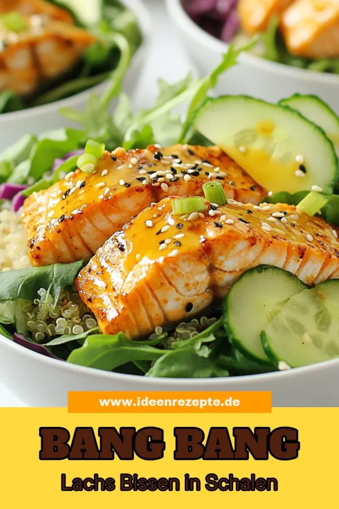 Genießen Sie diese köstlichen Bang Bang Lachs-Bissen mit gesunder Quinoa in einfachen Schalen! Das Lachs-Bissen Rezept kombiniert frischen Lachs, würzige Sriracha Sauce, cremige Avocado und knackigen Blattsalat zu einem nährstoffreichen Gericht. Perfekt für jede Mahlzeit! Lassen Sie sich inspirieren und probieren Sie dieses einfache Rezept aus. Schauen Sie sich unser Rezept für Bang Bang Lachs heute an! #BangBangLachs #LachsBissenRezept #gesundeQuinoaSchalen #SrirachaSauce