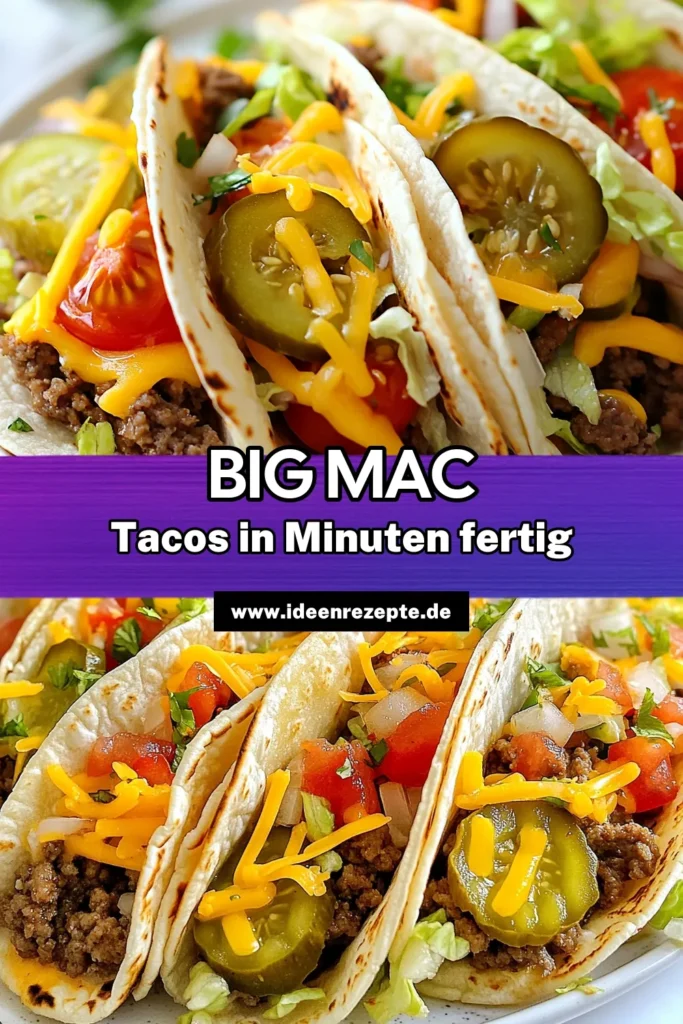 Entdecke das köstliche Rezept für Big Mac Tacos! Diese knusprigen Tacos, gefüllt mit saftigem Rinderhackfleisch, sind einfach zuzubereiten und ein Genuss für alle Taco-Liebhaber. Die Spezialsoße für Tacos, bestehend aus einer perfekten Mischung, macht sie unwiderstehlich. Probiere dieses einfache Taco Rezept aus und überrasche deine Freunde! Speichere das Rezept und teile deine Kreationen! #BigMacTacos #RinderhackfleischRezept #knusprigeTacos #einfacheTacoRezepte