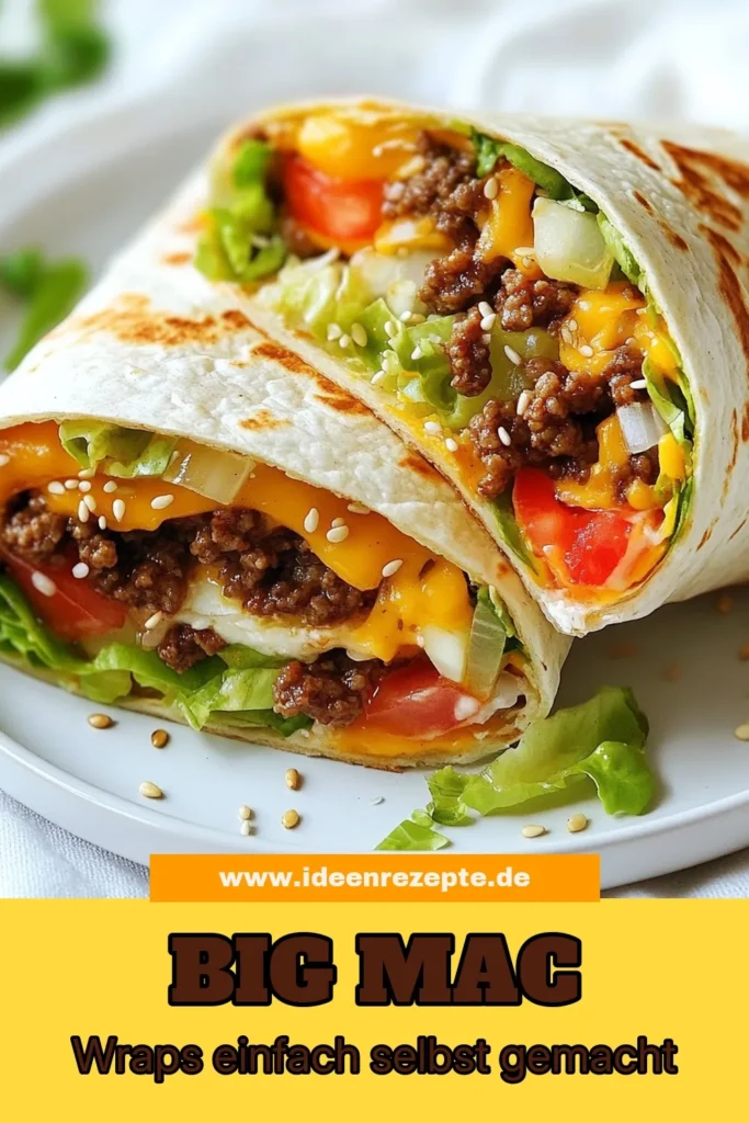 Genießen Sie unser köstliches Big Mac Wraps Rezept! Diese Rinderhackfleisch Wraps sind perfekt für ein schnelles Mittagessen Rezept. Mit der selbstgemachten Big Mac Sauce und frischen Zutaten in Tortilla Wraps sind sie unwiderstehlich lecker. In nur 30 Minuten zubereitet, sind sie ideal für jede Gelegenheit. Lassen Sie sich dieses Rezept nicht entgehen und speichern Sie es für Ihre nächste Mahlzeit! #BigMacWraps #RinderhackfleischWraps #BigMacSauce #schnellesMittagessen