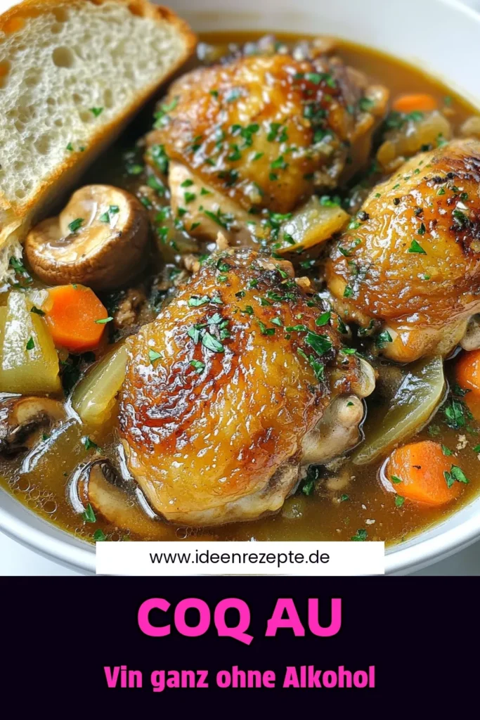 Entdecken Sie dieses köstliche Coq au Vin Rezept, das ganz ohne Alkohol auskommt! Mit herzhaften Hähnchenschenkeln und aromatischem Traubensaft bringt dieses Hähnchenschenkel Rezept die französische Küche direkt in Ihre Küche. Perfekt für alle, die herzhaftes Hähnchengrillgerichte lieben. Probieren Sie es aus und überzeugen Sie sich selbst! Speichern Sie das Rezept für Ihr nächstes Dinner! #CoqauVin #alkoholfreiesCoqauVin #französischeKüche #herzhafteHähnchengerichte
