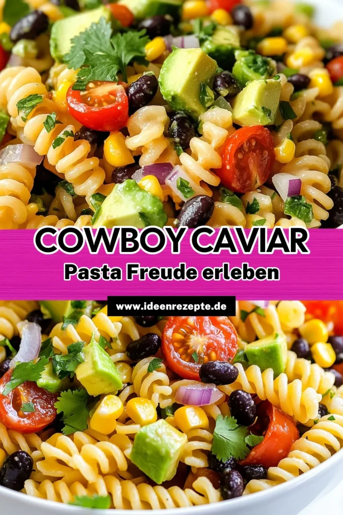 Entdecke unser köstliches Rezept für Cowboy Caviar Nudelsalat – der perfekte gesunde Pasta Salat für heiße Sommertage. Mit Rotini Nudeln, frischem Gemüse und bunten Aromen bringt dieser mexikanische Nudelsalat Abwechslung in dein Menü. Ideal für schnelle Sommerrezepte und BBQs! Probiere es aus und beeindrucken deine Gäste! #CowboyCaviarNudelsalat #RotiniNudelnRezept #GesundePastaSalat #SchnelleSommerrezepte
