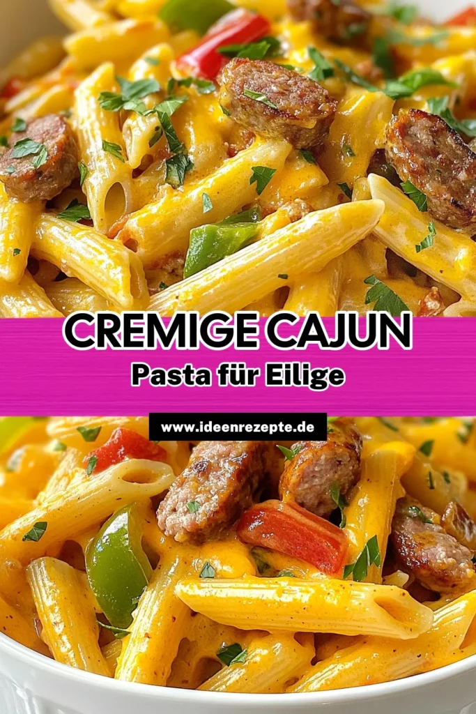 Entdecken Sie unser köstliches Rezept für Cremige Cajun-Pasta! Diese Wurst-Pasta aus einem Topf ist perfekt für schnelle Abendessen und kombiniert die Aromen von Cajun-Gewürz mit zarter Penne-Pasta. In nur 30 Minuten genießen Sie ein herzhaftes Mahl, das die ganze Familie lieben wird. Probieren Sie es aus und speichern Sie das Rezept für Ihre nächste Dinner-Idee! #CremigeCajunPasta #WurstPastaRezept #EinTopfPasta #schnelleAbendessenRezept